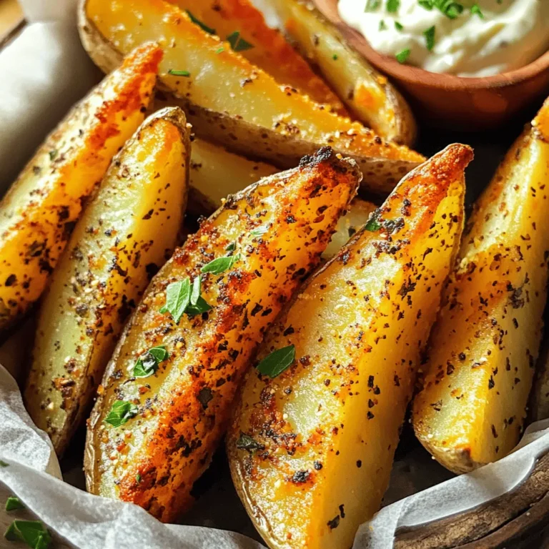 - 4 große Backkartoffeln (z.B. Russet) - 3 Esslöffel Olivenöl - 2 Teelöffel Knoblauchpulver - 1 Teelöffel geräucherter Paprika - 1 Teelöffel getrockneter Oregano - 1 Teelöffel getrockneter Thymian - ½ Teelöffel Salz - ½ Teelöffel schwarzer Pfeffer - ¼ Teelöffel Cayennepfeffer (optional) - Frische Petersilie, gehackt Um die besten Kartoffelwedges zu machen, wählen Sie große Backkartoffeln. Die Sorte Russet ist ideal, weil sie stärkehaltig ist. Diese Kartoffeln ergeben eine tolle Knusprigkeit. Olivenöl sorgt für die perfekte Textur. Es hilft den Gewürzen, besser an den Kartoffeln zu haften. Die Gewürze sind einfach zu finden. Knoblauchpulver gibt einen tollen Geschmack. Geräucherter Paprika fügt eine feine Rauchnote hinzu. Oregano und Thymian bringen zusätzliches Aroma. Salz und Pfeffer sind ein Muss für den Geschmack. Cayennepfeffer kann für etwas Schärfe hinzugefügt werden. Hacken Sie frische Petersilie für die Garnitur. Sie sorgt für Farbe und Frische. Für die vollständige Rezeptanleitung schauen Sie sich [Full Recipe] an. Heize zuerst den Ofen auf 220°C vor. Lege ein Backblech mit Backpapier aus. So wird die Reinigung leicht. Wasche dann die Kartoffeln gut. Trockne sie mit einem Geschirrtuch. Die Schale bleibt dran, das gibt mehr Geschmack. Schneide jede Kartoffel in acht Spalten. Nimm eine große Schüssel. Mische das Olivenöl mit Knoblauchpulver, Paprika, Oregano, Thymian, Salz, Pfeffer und Cayennepfeffer. Rühre alles gut um. So entsteht eine leckere Ölmasse. Gib die Kartoffelspalten in die Schüssel. Wälze sie in der Ölmasse, bis sie gut bedeckt sind. Ordne die Spalten auf dem Backblech an. Achte darauf, dass sie genug Platz haben. Backe die Kartoffeln 30 bis 35 Minuten. Wende sie zur Hälfte der Zeit. So werden sie gleichmäßig knusprig. Wenn sie goldbraun sind, nimm das Blech aus dem Ofen. Lass die Spalten kurz abkühlen. Bestreue sie mit frischer Petersilie vor dem Servieren. Für das volle Rezept, schau dir die gesamte Anleitung an. Um die Kartoffelspalten perfekt knusprig zu machen, ist die Backtemperatur wichtig. Heize deinen Ofen auf 220°C vor. Diese hohe Temperatur hilft, die Wedges außen knusprig und innen weich zu machen. Achte darauf, genügend Platz zwischen den Kartoffelspalten zu lassen. Sie sollten sich nicht berühren. Dadurch kann die Luft zirkulieren und die Wedges werden gleichmäßig knusprig. Wenn du sie zu nah aneinander legst, dampfen sie eher, anstatt zu backen. Frische Kräuter geben deinen Kartoffelspalten einen tollen Geschmack. Du kannst Petersilie, Rosmarin oder Thymian verwenden. Füge sie einfach zu deiner Gewürzmischung hinzu. Variiere auch die Gewürzmischung. Probiere zum Beispiel Parmesan für einen käsigen Geschmack oder Chili für etwas Schärfe. Ein Hauch von Zitrone kann ebenfalls den Geschmack heben. So machst du deine knusprigen Kartoffelspalten noch spannender. Für das vollständige Rezept schaue dir die [Full Recipe] an. {{image_4}} Um deine Crispy Potato Wedges aufregender zu machen, kannst du einige Zusatzstoffe ausprobieren. - Käse- oder Chilibestrich: Ein Käsebelag macht die Wedges reichhaltig und schmackhaft. Verwende geriebenen Käse wie Cheddar oder Parmesan. Für eine scharfe Note mische Chilipulver oder frische Chilis in die Gewürzmischung. - Süßkartoffel-Wedges als Alternative: Wenn du etwas anderes willst, nutze Süßkartoffeln. Sie haben einen süßeren Geschmack und eine schöne Farbe. Die Zubereitung bleibt gleich, aber die Backzeit kann leicht variieren. Die richtigen Dips und Saucen machen dein Gericht noch besser. - Dips und Saucen, die gut passen: Knoblauch-Aioli, Ketchup oder Ranch-Dressing sind tolle Optionen. Diese Saucen ergänzen die Aromen und sorgen für mehr Genuss. - Serviervorschläge für unterschiedliche Anlässe: Du kannst die Wedges als Snack oder Beilage servieren. Bei einem Grillfest sind sie perfekt. Präsentier sie in einem rustikalen Korb oder auf einem hübschen Teller für einen besonderen Anlass. Für die genauen Zubereitungsschritte, schau dir die [Full Recipe] an. Um Reste von den knusprigen Kartoffelspalten aufzubewahren, lassen Sie sie zuerst abkühlen. Legen Sie sie dann in einen luftdichten Behälter. Achten Sie darauf, dass der Behälter trocken ist. So bleiben die Wedges länger frisch und knusprig. Sie können die Wedges bis zu drei Tage im Kühlschrank aufbewahren. Wenn Sie die Kartoffelspalten wieder aufwärmen möchten, nutzen Sie den Ofen für das beste Ergebnis. Heizen Sie den Ofen auf 200°C (400°F) vor. Legen Sie die Wedges auf ein Backblech. Backen Sie sie für etwa 10-15 Minuten. So werden sie wieder knusprig. Falls Sie die Mikrowelle verwenden, legen Sie die Wedges auf einen mikrowellengeeigneten Teller. Erwärmen Sie sie in kurzen Intervallen von 30 Sekunden. Dies ist schneller, aber die Wedges werden nicht so knusprig. Die Vorbereitungszeit für die Kartoffelwedges beträgt etwa 15 Minuten. Die gesamte Zubereitungszeit liegt bei 50 Minuten. Das gibt dir genügend Zeit, um alles vorzubereiten und zu backen, während dein Ofen vorheizt. Ja, die Schale kann bleiben. Sie gibt den Kartoffelwedges eine tolle Textur. Außerdem ist die Schale reich an Nährstoffen. Wenn du die Schale dran lässt, bekommst du einen besseren Biss. Für die besten Ergebnisse empfehle ich die Russet-Kartoffel. Diese Sorte hat viel Stärke, was die Wedges schön knusprig macht. Auch andere mehligkochende Kartoffeln können gut funktionieren. Achte darauf, dass die Kartoffeln groß und fest sind. Wenn du keinen Ofen hast, kannst du die Kartoffelwedges auch in der Pfanne zubereiten. Schneide die Kartoffeln in Spalten und brate sie in heißem Öl. Wende sie oft, damit sie gleichmäßig knusprig werden. Du kannst auch einen Airfryer verwenden, der ihnen eine knusprige Textur verleiht. Zusammenfassend sind die perfekten Kartoffelwedges einfach zuzubereiten. Beginne mit frischen Kartoffeln und einer leckeren Gewürzmischung. Die richtige Backtemperatur sorgt für die perfekte Knusprigkeit. Probiere auch Variationen wie süße Kartoffeln oder Käsebelag. Denk daran, Reste richtig zu lagern und aufzuwärmen. Mit diesen Tipps kannst du köstliche Snacks für jeden Anlass kreieren. Guten Appetit!