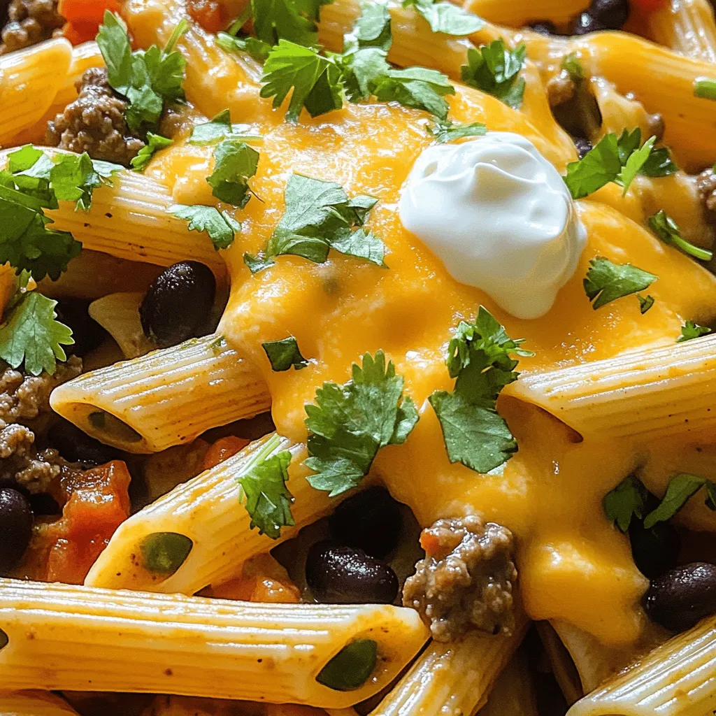 - 230 g Penne-Nudeln - 450 g Rinderhackfleisch - 1 Dose (425 g) schwarze Bohnen, abgetropft und gespült Die Hauptzutaten sind einfach, aber wichtig. Penne-Nudeln bringen die Form und Textur. Rinderhackfleisch sorgt für den herzhaften Geschmack. Schwarze Bohnen fügen eine cremige Note hinzu und erhöhen die Nährstoffe. - 2 Esslöffel Chili-Pulver - 1 Teelöffel geräuchertes Paprikapulver - 1 Teelöffel Salz - ½ Teelöffel schwarzer Pfeffer Diese Gewürze geben der Cowboy Pasta ihren besonderen Kick. Chili-Pulver fügt Schärfe hinzu. Geräuchertes Paprikapulver bringt einen rauchigen Geschmack. Salz und Pfeffer runden die Aromen ab. - 100 g geriebener Cheddar-Käse - Sauerrahm, zum Servieren - Frischer Koriander, zur Dekoration Toppings machen das Gericht noch besser. Geriebener Cheddar-Käse schmilzt schön und macht es cremig. Sauerrahm gibt eine erfrischende Note. Frischer Koriander bringt Farbe und einen frischen Geschmack. Du kannst die Toppings je nach Geschmack anpassen. Für das vollständige Rezept, schau dir die Cowboy-Pasta mit einem Kick an. Das Rezept ist einfach und macht Spaß! Um die Penne-Nudeln zu kochen, bringe zuerst einen großen Topf mit Wasser zum Kochen. Füge reichlich Salz hinzu, um den Geschmack zu verbessern. Gib die Nudeln ins Wasser und koche sie al dente, wie auf der Verpackung angegeben. Das dauert meist etwa 10-12 Minuten. Rühre ab und zu um, damit sie nicht zusammenkleben. Wenn die Nudeln fertig sind, gieße sie ab und stelle sie beiseite. So bleiben sie perfekt in der Konsistenz. Erhitze in einer großen Pfanne zwei Esslöffel Olivenöl bei mittlerer Hitze. Füge die gewürfelte Zwiebel und den gehackten Knoblauch hinzu. Sauté die Zwiebel und den Knoblauch für etwa 3-4 Minuten. Sie sollen glasig, aber nicht braun werden. Jetzt erhöhe die Hitze auf mittelhoch und füge das Rinderhackfleisch hinzu. Brate es unter ständigem Rühren an, bis es gleichmäßig braun ist. Das dauert ungefähr 5-7 Minuten. Gieße überschüssiges Fett ab, falls nötig. Reduziere die Hitze auf mittlere Stufe. Füge die schwarzen Bohnen, die gewürfelten Tomaten mit grünen Chilischoten und den Mais hinzu. Streue das Chili-Pulver, das geräucherte Paprikapulver, den Kreuzkümmel, das Salz und den schwarzen Pfeffer darüber. Rühre alles gut um und lasse die Mischung für 5 Minuten köcheln. So verbinden sich die Aromen. Danach gib die gekochten Penne-Nudeln in die Pfanne und vermenge alles gut. Lass es weitere 2-3 Minuten garen, damit sich die Aromen entfalten können. Vergiss nicht, den geriebenen Cheddar-Käse gleichmäßig darüber zu streuen, damit er schön schmelzen kann. Um Cowboy Pasta wirklich lecker zu machen, probiere neue Gewürze. Zum Beispiel, füge etwas Kreuzkümmel hinzu. Dies gibt dem Gericht eine warme Note. Du kannst auch Paprika für mehr Süße verwenden. Mixe verschiedene Aromen wie Käse und frische Kräuter. Frischer Koriander bringt Frische und Geschmack. Koch die Penne-Nudeln nicht zu lange. Al dente ist der Schlüssel zur perfekten Pasta. So bleibt sie bissfest und hat einen tollen Biss. Um Überkochen zu vermeiden, achte auf die Zeit. Stelle einen Timer und rühre die Nudeln ab und zu um. Bereite alle Zutaten vor dem Kochen vor. Hacke Zwiebeln und Knoblauch frühzeitig. Das spart Zeit und macht das Kochen einfacher. Wenn du die Pfanne und den Topf gleichzeitig erhitzt, sparst du noch mehr Zeit. Nutze einen großen Topf für die Nudeln. So koche sie schnell und gleichmäßig. {{image_4}} Für eine vegetarische Variante kannst du Rinderhackfleisch durch pflanzliche Alternativen ersetzen. Produkte wie Soja- oder Erbsenprotein sind tolle Optionen. Diese bringen eine ähnliche Textur und Geschmack. Du kannst auch verschiedene Bohnen verwenden. Kidneybohnen oder Kichererbsen geben deiner Cowboy Pasta eine leckere Note. Das Hinzufügen von Gemüse macht dein Gericht noch bunter und gesünder. Paprika oder Zucchini passen gut zu Cowboy Pasta. Du kannst auch saisonales Gemüse nutzen, wie Spargel im Frühling oder Kürbis im Herbst. Das bringt frische Aromen und Farben auf den Teller. Wenn du den Schärfegrad anpassen möchtest, kann eine mildere Variante leicht helfen. Reduziere einfach die Menge an Chili-Pulver. Für mehr Schärfe kannst du frische Chilischoten hinzufügen. Auch alternative Gewürze wie Cayennepfeffer oder Jalapeños sorgen für einen tollen Kick. Um Reste von Cowboy Pasta zu lagern, stelle sicher, dass sie abgekühlt sind. Fülle die Pasta in einen luftdichten Behälter. So bleibt die Frische länger erhalten. Lagere die Reste im Kühlschrank. Dies hilft, die Aromen zu bewahren. Du kannst die Reste bis zu drei Tage aufbewahren. Wenn du die Cowboy Pasta für später einfrieren möchtest, lasse sie zuerst abkühlen. Fülle die Portionen in gefrierfreundliche Behälter. Achte darauf, etwas Platz im Behälter zu lassen. Die Pasta kann bis zu drei Monate eingefroren werden. Um sie wieder aufzutauen, lege die Behälter über Nacht in den Kühlschrank. Erhitze die Pasta in einer Pfanne oder Mikrowelle, bis sie heiß ist. Im Kühlschrank bleibt Cowboy Pasta bis zu drei Tage haltbar. Achte auf Anzeichen von Verderb. Wenn die Pasta einen unangenehmen Geruch hat oder die Konsistenz sich verändert, wirf sie weg. So sorgst du dafür, dass du immer frische und leckere Pasta genießen kannst. Um Cowboy Pasta ohne Fleisch zu machen, gibt es viele Ideen. Du kannst das Rinderhackfleisch durch pflanzliches Hack ersetzen. Es gibt auch Tofu als gute Option. Zudem sind Kichererbsen eine tolle Wahl. Pilze bringen einen herzhaften Geschmack. Du kannst auch mehr Gemüse hinzufügen, wie Zucchini oder Paprika. Diese Zutaten passen gut zu den Bohnen und Tomaten. Ja, du kannst viele andere Nudelsorten verwenden. Zum Beispiel sind Fusilli oder Farfalle gute Alternativen. Sie fangen die Soße gut ein. Spaghetti sind auch eine Option, wenn du es magst. Achte darauf, die Kochzeit anzupassen. So bleiben die Nudeln al dente. Es gibt viele leckere Beilagen zu Cowboy Pasta. Ein frischer grüner Salat ist eine gute Wahl. Er bringt Frische und knusprige Texturen. Auch Knoblauchbrot passt sehr gut dazu. Es ergänzt den Geschmack der Pasta perfekt. Du kannst auch gegrilltes Gemüse als Beilage servieren. Es bringt zusätzliche Aromen auf den Tisch. In diesem Artikel haben wir die Hauptzutaten für Cowboy Pasta erkundet. Rinderhackfleisch, Penne-Nudeln und schwarze Bohnen sind die Basis. Gewürze wie Chili-Pulver und geräuchertes Paprikapulver verleihen Geschmack. Wir haben auch Tipps zur Zubereitung und Lagerung gegeben. Vergessen Sie nicht die Variationen! Experimentieren Sie mit Gemüsesorten und pflanzlichen Alternativen. Cowboy Pasta ist vielseitig und leicht zuzubereiten. Genießen Sie jede Bissen!