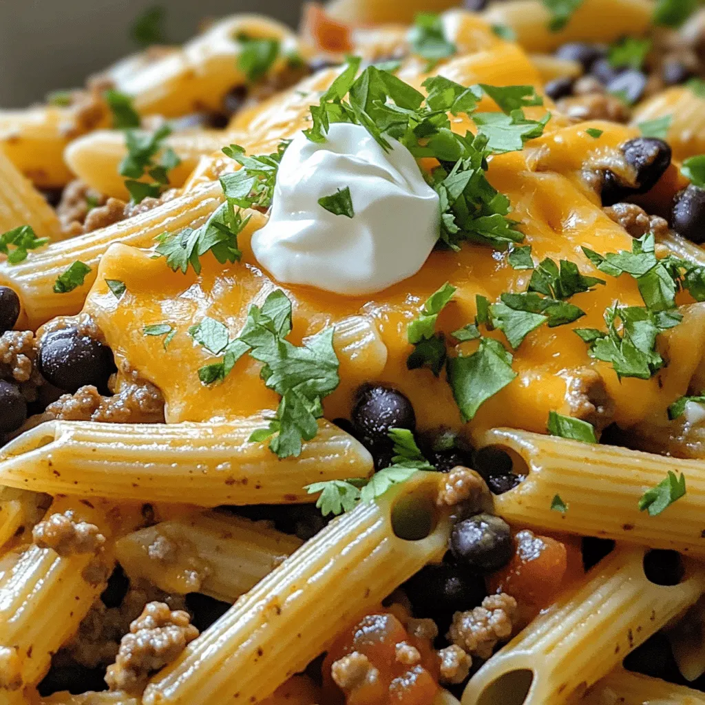 - 230 g Penne-Nudeln - 450 g Rinderhackfleisch - 1 Dose (425 g) schwarze Bohnen, abgetropft und gespült Die Hauptzutaten sind einfach, aber wichtig. Penne-Nudeln bringen die Form und Textur. Rinderhackfleisch sorgt für den herzhaften Geschmack. Schwarze Bohnen fügen eine cremige Note hinzu und erhöhen die Nährstoffe. - 2 Esslöffel Chili-Pulver - 1 Teelöffel geräuchertes Paprikapulver - 1 Teelöffel Salz - ½ Teelöffel schwarzer Pfeffer Diese Gewürze geben der Cowboy Pasta ihren besonderen Kick. Chili-Pulver fügt Schärfe hinzu. Geräuchertes Paprikapulver bringt einen rauchigen Geschmack. Salz und Pfeffer runden die Aromen ab. - 100 g geriebener Cheddar-Käse - Sauerrahm, zum Servieren - Frischer Koriander, zur Dekoration Toppings machen das Gericht noch besser. Geriebener Cheddar-Käse schmilzt schön und macht es cremig. Sauerrahm gibt eine erfrischende Note. Frischer Koriander bringt Farbe und einen frischen Geschmack. Du kannst die Toppings je nach Geschmack anpassen. Für das vollständige Rezept, schau dir die Cowboy-Pasta mit einem Kick an. Das Rezept ist einfach und macht Spaß! Um die Penne-Nudeln zu kochen, bringe zuerst einen großen Topf mit Wasser zum Kochen. Füge reichlich Salz hinzu, um den Geschmack zu verbessern. Gib die Nudeln ins Wasser und koche sie al dente, wie auf der Verpackung angegeben. Das dauert meist etwa 10-12 Minuten. Rühre ab und zu um, damit sie nicht zusammenkleben. Wenn die Nudeln fertig sind, gieße sie ab und stelle sie beiseite. So bleiben sie perfekt in der Konsistenz. Erhitze in einer großen Pfanne zwei Esslöffel Olivenöl bei mittlerer Hitze. Füge die gewürfelte Zwiebel und den gehackten Knoblauch hinzu. Sauté die Zwiebel und den Knoblauch für etwa 3-4 Minuten. Sie sollen glasig, aber nicht braun werden. Jetzt erhöhe die Hitze auf mittelhoch und füge das Rinderhackfleisch hinzu. Brate es unter ständigem Rühren an, bis es gleichmäßig braun ist. Das dauert ungefähr 5-7 Minuten. Gieße überschüssiges Fett ab, falls nötig. Reduziere die Hitze auf mittlere Stufe. Füge die schwarzen Bohnen, die gewürfelten Tomaten mit grünen Chilischoten und den Mais hinzu. Streue das Chili-Pulver, das geräucherte Paprikapulver, den Kreuzkümmel, das Salz und den schwarzen Pfeffer darüber. Rühre alles gut um und lasse die Mischung für 5 Minuten köcheln. So verbinden sich die Aromen. Danach gib die gekochten Penne-Nudeln in die Pfanne und vermenge alles gut. Lass es weitere 2-3 Minuten garen, damit sich die Aromen entfalten können. Vergiss nicht, den geriebenen Cheddar-Käse gleichmäßig darüber zu streuen, damit er schön schmelzen kann. Um Cowboy Pasta wirklich lecker zu machen, probiere neue Gewürze. Zum Beispiel, füge etwas Kreuzkümmel hinzu. Dies gibt dem Gericht eine warme Note. Du kannst auch Paprika für mehr Süße verwenden. Mixe verschiedene Aromen wie Käse und frische Kräuter. Frischer Koriander bringt Frische und Geschmack. Koch die Penne-Nudeln nicht zu lange. Al dente ist der Schlüssel zur perfekten Pasta. So bleibt sie bissfest und hat einen tollen Biss. Um Überkochen zu vermeiden, achte auf die Zeit. Stelle einen Timer und rühre die Nudeln ab und zu um. Bereite alle Zutaten vor dem Kochen vor. Hacke Zwiebeln und Knoblauch frühzeitig. Das spart Zeit und macht das Kochen einfacher. Wenn du die Pfanne und den Topf gleichzeitig erhitzt, sparst du noch mehr Zeit. Nutze einen großen Topf für die Nudeln. So koche sie schnell und gleichmäßig. {{image_4}} Für eine vegetarische Variante kannst du Rinderhackfleisch durch pflanzliche Alternativen ersetzen. Produkte wie Soja- oder Erbsenprotein sind tolle Optionen. Diese bringen eine ähnliche Textur und Geschmack. Du kannst auch verschiedene Bohnen verwenden. Kidneybohnen oder Kichererbsen geben deiner Cowboy Pasta eine leckere Note. Das Hinzufügen von Gemüse macht dein Gericht noch bunter und gesünder. Paprika oder Zucchini passen gut zu Cowboy Pasta. Du kannst auch saisonales Gemüse nutzen, wie Spargel im Frühling oder Kürbis im Herbst. Das bringt frische Aromen und Farben auf den Teller. Wenn du den Schärfegrad anpassen möchtest, kann eine mildere Variante leicht helfen. Reduziere einfach die Menge an Chili-Pulver. Für mehr Schärfe kannst du frische Chilischoten hinzufügen. Auch alternative Gewürze wie Cayennepfeffer oder Jalapeños sorgen für einen tollen Kick. Um Reste von Cowboy Pasta zu lagern, stelle sicher, dass sie abgekühlt sind. Fülle die Pasta in einen luftdichten Behälter. So bleibt die Frische länger erhalten. Lagere die Reste im Kühlschrank. Dies hilft, die Aromen zu bewahren. Du kannst die Reste bis zu drei Tage aufbewahren. Wenn du die Cowboy Pasta für später einfrieren möchtest, lasse sie zuerst abkühlen. Fülle die Portionen in gefrierfreundliche Behälter. Achte darauf, etwas Platz im Behälter zu lassen. Die Pasta kann bis zu drei Monate eingefroren werden. Um sie wieder aufzutauen, lege die Behälter über Nacht in den Kühlschrank. Erhitze die Pasta in einer Pfanne oder Mikrowelle, bis sie heiß ist. Im Kühlschrank bleibt Cowboy Pasta bis zu drei Tage haltbar. Achte auf Anzeichen von Verderb. Wenn die Pasta einen unangenehmen Geruch hat oder die Konsistenz sich verändert, wirf sie weg. So sorgst du dafür, dass du immer frische und leckere Pasta genießen kannst. Um Cowboy Pasta ohne Fleisch zu machen, gibt es viele Ideen. Du kannst das Rinderhackfleisch durch pflanzliches Hack ersetzen. Es gibt auch Tofu als gute Option. Zudem sind Kichererbsen eine tolle Wahl. Pilze bringen einen herzhaften Geschmack. Du kannst auch mehr Gemüse hinzufügen, wie Zucchini oder Paprika. Diese Zutaten passen gut zu den Bohnen und Tomaten. Ja, du kannst viele andere Nudelsorten verwenden. Zum Beispiel sind Fusilli oder Farfalle gute Alternativen. Sie fangen die Soße gut ein. Spaghetti sind auch eine Option, wenn du es magst. Achte darauf, die Kochzeit anzupassen. So bleiben die Nudeln al dente. Es gibt viele leckere Beilagen zu Cowboy Pasta. Ein frischer grüner Salat ist eine gute Wahl. Er bringt Frische und knusprige Texturen. Auch Knoblauchbrot passt sehr gut dazu. Es ergänzt den Geschmack der Pasta perfekt. Du kannst auch gegrilltes Gemüse als Beilage servieren. Es bringt zusätzliche Aromen auf den Tisch. In diesem Artikel haben wir die Hauptzutaten für Cowboy Pasta erkundet. Rinderhackfleisch, Penne-Nudeln und schwarze Bohnen sind die Basis. Gewürze wie Chili-Pulver und geräuchertes Paprikapulver verleihen Geschmack. Wir haben auch Tipps zur Zubereitung und Lagerung gegeben. Vergessen Sie nicht die Variationen! Experimentieren Sie mit Gemüsesorten und pflanzlichen Alternativen. Cowboy Pasta ist vielseitig und leicht zuzubereiten. Genießen Sie jede Bissen!