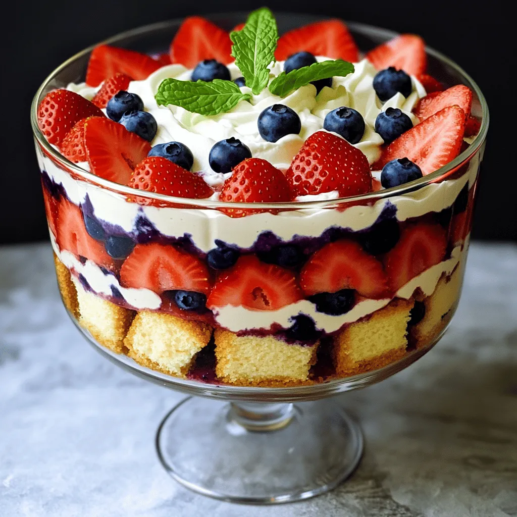 Für das Red, White and Blueberry Trifle benötigen Sie: - 2 Tassen frische Erdbeeren, entstielt und in Scheiben geschnitten - 2 Tassen frische Blaubeeren - 2 Tassen Vanillepudding (vorgefertigt oder selbstgemacht) - 1 Tasse Schlagsahne (oder Cool Whip) - 225 Gramm Rumkuchen, gewürfelt - 1 Esslöffel Zitronensaft - 2 Esslöffel Honig (optional, zur Süßung) - Frische Minzblätter zur Garnitur Wenn Sie die besten Früchte wählen, schauen Sie sich die Farben und die Frische an. Die Erdbeeren sollten leuchtend rot sein. Achten Sie darauf, dass sie fest und frei von Druckstellen sind. Blaubeeren sollten blau, rund und prall sein. Überprüfen Sie, dass sie keine Schimmelstellen haben. Saisonal frische Früchte sind am schmackhaftesten. Kaufen Sie lokale Produkte, wenn möglich. Falls Sie keine Erdbeeren mögen, verwenden Sie Himbeeren oder Kirschen. Für die Blaubeeren können Sie schwarze Johannisbeeren als Ersatz nehmen. Diese Früchte bringen auch Farbe und Geschmack in Ihr Trifle. Wenn Sie glutenfrei sind, wählen Sie glutenfreien Kuchen oder lassen Sie ihn ganz weg. Das Trifle bleibt lecker und sieht toll aus, auch ohne Kuchen. Die Vorbereitungszeit für deinen Red, White and Blueberry Trifle beträgt nur 20 Minuten. Beginne damit, die Erdbeeren und Blaubeeren vorzubereiten. Schneide die Erdbeeren in Scheiben und lege sie in eine Schüssel. Füge die Blaubeeren hinzu. Beträufle die Früchte mit Zitronensaft und, wenn du magst, auch mit Honig. Lass die Früchte zehn Minuten ruhen, damit sie gut marinieren. Diese Schritte sind wichtig, um den Geschmack zu intensivieren. Jetzt wird es spannend! Nimm eine große Trifle-Schüssel oder einige kleine Gläser. Beginne mit der ersten Schicht. Verteile die Hälfte des gewürfelten Rumkuchens gleichmäßig am Boden der Schüssel. Danach kommt die Hälfte des Vanillepuddings. Verteile den Pudding sanft mit einem Löffel. Jetzt folgt die erste Schicht der marinierten Früchte. Lege sie gleichmäßig über den Pudding. Die Farben sind jetzt schon schön! Jetzt kommt die Schlagsahne. Füge die Hälfte der Schlagsahne hinzu und glätte sie. Wiederhole die Schichtung mit dem restlichen Rumkuchen, Pudding, Früchten und Schlagsahne. So schaffst du einen tollen Schichteffekt. Decke das Trifle mit Frischhaltefolie ab und stelle es für mindestens zwei Stunden in den Kühlschrank. Diese Kühlzeit lässt die Aromen gut zusammenkommen. Vor dem Servieren kannst du das Trifle mit frischen Minzblättern garnieren. Das gibt dem Dessert einen hübschen Look. Präsentation ist wichtig! Verwende klare Gläser oder eine Trifle-Schüssel, um die schönen Schichten zu zeigen. Du kannst auch ein paar Blaubeeren oder Erdbeerscheiben obenauf legen. So sieht dein Dessert nicht nur gut aus, sondern schmeckt auch großartig! Um ein tolles Trifle zu machen, achte auf die Schichtung. Beginne mit einer festen Basis. Das hilft, die Schichten stabil zu halten. Lege zuerst die Rumkuchenstücke in die Schüssel. Sie geben dem Trifle Halt. Danach kommt der Pudding. Achte darauf, dass du ihn gleichmäßig verteilst. Die Früchte sollten die nächste Schicht sein. So bleibt alles frisch. Die Schlagsahne ist der letzte Schritt. Sie gibt dem Trifle einen schönen Glanz. Du kannst das Rezept ganz leicht anpassen. Magst du eine andere Frucht? Nutze Pfirsiche oder Himbeeren. Sie schmecken auch lecker und bringen frische Farben. Wenn du keinen Rumkuchen hast, probiere einen anderen Kuchen. Ein Biskuit oder ein einfacher Vanillekuchen funktioniert gut. Auch die Süße kannst du ändern. Füge mehr Honig hinzu oder lasse ihn ganz weg. Das Trifle bleibt trotzdem köstlich. Die Präsentation macht viel aus. Verwende klare Gläser, um die Schichten zu zeigen. Das sieht sehr ansprechend aus. Du kannst auch kleine Gläser nutzen, um Portionen zu machen. Füge frische Minzblätter oben drauf. Sie bringen Farbe und Frische. Außerdem kannst du extra Früchte oben auflegen. Das gibt einen schönen Effekt. So wird dein Trifle zum Blickfang auf jedem Tisch. Wenn du mehr Ideen suchst, schau dir das [Full Recipe] an! {{image_4}} Das Schöne an einem Trifle ist seine Flexibilität. Sie können verschiedene Früchte verwenden. Im Sommer sind frische Pfirsiche oder Himbeeren toll. Im Herbst eignen sich Äpfel oder Birnen. Winterfrüchte wie Mandarinen oder Granatäpfel bringen Farbe und Geschmack. Mischen Sie diese Früchte nach Ihrem Wunsch. Achten Sie darauf, den Zitronensaft hinzuzufügen, um die Frische zu erhalten. Für glutenfreie Varianten können Sie den Rumkuchen durch glutenfreies Brot ersetzen. Es gibt viele glutenfreie Backmischungen. Diese sind leicht zu finden und einfach zu verwenden. Achten Sie beim Pudding darauf, dass er ebenfalls glutenfrei ist. So bleibt der Genuss des Trifles ohne Kompromisse. Wenn Sie eine vegane Option wollen, ersetzen Sie die Milchprodukte. Nutzen Sie pflanzlichen Joghurt oder Kokoscreme anstelle von Schlagsahne. Für den Pudding können Sie Mandel- oder Sojamilch verwenden. Es gibt viele Rezepte für veganen Pudding. Diese sind einfach und lecker. Experimentieren Sie mit verschiedenen pflanzlichen Süßstoffen. Dadurch bleibt das Trifle süß und frisch. Wenn Sie mehr über die Zubereitung erfahren möchten, schauen Sie sich das [Full Recipe] an. Um das Trifle frisch zu halten, decke es gut ab. Nutze Frischhaltefolie oder einen Deckel. So bleibt die Feuchtigkeit drin und die Aromen erhalten. Halte das Trifle im Kühlschrank, damit es kühl bleibt. Dies hilft auch, das Dessert frisch zu halten. Im Kühlschrank bleibt das Trifle bis zu drei Tage lecker. Nach dieser Zeit kann die Textur sich ändern. Die Schichten können matschig werden. Es ist am besten, das Trifle frisch zu genießen. Achte darauf, es vor dem Servieren zu überprüfen. Der Geschmack sollte immer frisch und fruchtig sein. Das Einfrieren von Trifle ist nicht ideal. Die Textur der Sahne und des Puddings leidet. Wenn du das Trifle einfrierst, könnte es nach dem Auftauen wässrig werden. Für die beste Erfahrung ist es besser, das Trifle frisch zu servieren. Wenn du Reste hast, lagere sie im Kühlschrank. Das hält das Dessert für eine kurze Zeit genießbar. Für das beste Ergebnis, bereite es frisch zu. Das ist der Schlüssel zu einem köstlichen Erlebnis. Sie können das Trifle bis zu zwei Tage im Voraus machen. Es schmeckt sogar besser, wenn es eine Weile steht. Die Aromen verbinden sich gut. Stellen Sie sicher, dass es gut abgedeckt ist, damit es frisch bleibt. Ja, Sie können Anpassungen vornehmen. Verwenden Sie zuckerfreien Pudding oder einen glutenfreien Kuchen. Für eine vegane Option nutzen Sie pflanzliche Milch und vegane Sahne. Jeder kann dieses Trifle genießen, egal welche Diät Sie haben. Verwenden Sie klare Gläser oder eine Trifle-Schüssel. So sehen die bunten Schichten toll aus. Fügen Sie frische Beeren oder Minzblätter obenauf. Das macht das Trifle noch einladender. Nutzen Sie dazu einen großen Löffel, um die Schichten sanft zu zeigen. Ein Trifle ist einfach zuzubereiten, wenn man die richtigen Zutaten hat. Wähle frische Früchte und stelle sicher, dass du Alternativen bereit hast. Folge der Schritt-für-Schritt-Anleitung, um perfekte Schichten zu bilden. Nutze die Tipps und Tricks für Anpassungen und tolle Präsentationen. Denke daran, das Trifle sorgfältig zu lagern, um die Frische zu bewahren. Mit diesen Informationen kannst du ein leckeres Dessert schaffen, das alle begeistert. Jetzt bist du bereit, deine eigene Trifle-Kreation zu starten!