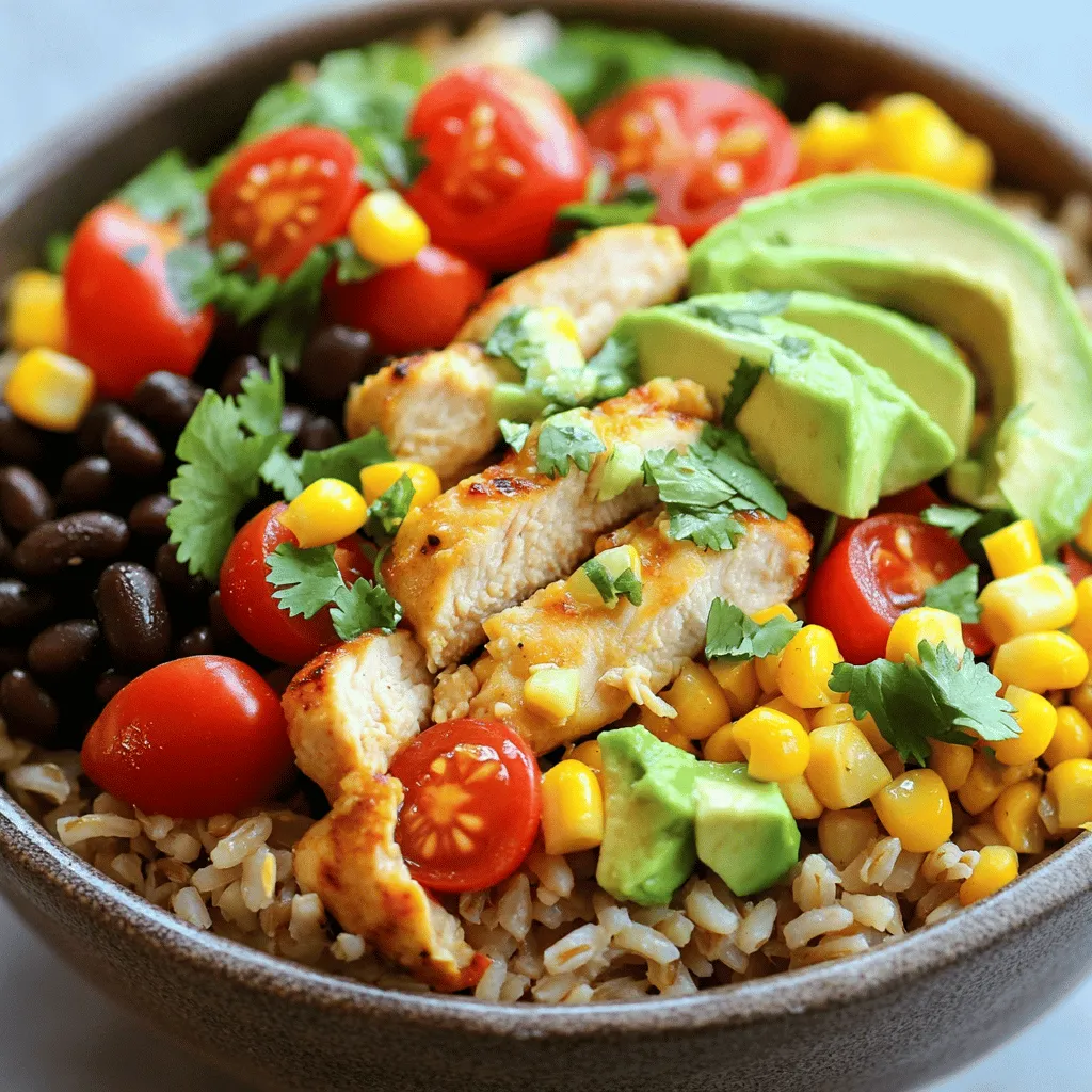 Für eine köstliche Chicken Burrito Bowl benötigst du die folgenden Hauptzutaten: - 450 g Hähnchenbrust, ohne Knochen und Haut, gewürfelt - 1 Tasse Naturreis - 1 Dose (425 g) schwarze Bohnen, abgespült und abgetropft - 1 Tasse Maiskörner (frisch oder gefroren) - 1 rote Paprika, gewürfelt - 1 Tasse Kirschtomaten, halbiert - 1 Avocado, gewürfelt - 1/2 Tasse frischer Koriander, gehackt - Saft von 1 Limette Diese Zutaten sorgen für eine tolle Mischung aus Texturen und Aromen. Die Gewürze und Öle bringen Geschmack in die Bowl. Hier sind die wichtigsten: - 2 Esslöffel Olivenöl - 1 Teelöffel Kreuzkümmel - 1 Teelöffel geräuchertes Paprikapulver - 1 Teelöffel Knoblauchpulver - Salz und Pfeffer nach Geschmack Diese Gewürze machen das Hähnchen würzig und lecker. Um deine Bowl noch bunter und schmackhafter zu machen, kannst du folgende Zutaten verwenden: - Geriebener Käse - Salsa - Griechischer Joghurt Diese Garnierungen geben der Bowl einen besonderen Kick. Du kannst sie nach deinem Geschmack hinzufügen. Du findest die vollständige Anleitung in der [Full Recipe]. Um den Reis zu kochen, nehme einen mittleren Topf. Füge 1 Tasse Naturreis, 2 Tassen Wasser und eine Prise Salz hinzu. Bringe das Wasser zum Kochen. Reduziere die Hitze und decke den Topf ab. Lass den Reis 30-35 Minuten köcheln, bis er zart ist. Danach lockere den Reis mit einer Gabel und stelle ihn beiseite. Während der Reis kocht, erhitze 2 Esslöffel Olivenöl in einer großen Pfanne. Füge die gewürfelte Hähnchenbrust hinzu. Würze das Hähnchen mit Kreuzkümmel, geräuchertem Paprikapulver, Knoblauchpulver, Salz und Pfeffer. Brate das Hähnchen 7-10 Minuten lang, bis es durchgegart und goldbraun ist. Das Hähnchen sollte saftig und zart sein. Gib die gewürfelte rote Paprika, den Mais und die schwarzen Bohnen in die Pfanne mit dem Hähnchen. Rühre alles gut um. Lass das Gemüse 5-7 Minuten kochen, bis es zart ist. Diese Mischung bringt frische Farben und tolle Aromen in dein Gericht. Jetzt kommt der spaßige Teil! Nimm Schalen und lege zuerst eine Schicht Reis hinein. Gib dann die Hähnchen-Gemüse-Mischung darüber. Garniere die Schalen mit halbierten Kirschtomaten, gewürfelter Avocado und frisch gehacktem Koriander. Träufle frischen Limettensaft über jede Schale. Für den letzten Schliff kannst du optional geriebenen Käse, Salsa oder griechischen Joghurt hinzufügen. Das sieht nicht nur toll aus, sondern schmeckt auch fantastisch! Wenn du mehr Details möchtest, schau dir die Full Recipe für die genauen Mengen und Tipps an. Um die perfekte Hähnchenbrust zu machen, beginne mit frischem Fleisch. Das gibt den besten Geschmack. Schneide die Hähnchenbrust in gleich große Stücke. So braten sie gleichmäßig. Erhitze das Olivenöl in der Pfanne gut. Füge das Hähnchen hinzu und würze es sofort. Lass es ohne Rühren braten, bis es goldbraun ist. Dann wende es. Dies hilft, eine schöne Kruste zu bilden. Achte darauf, das Hähnchen nicht zu lange zu kochen. Übergekochtes Fleisch kann trocken und zäh werden. Reis ist einfach, wenn du einige Tipps befolgst. Verwende immer das richtige Verhältnis von Wasser zu Reis. Für Naturreis ist das 2:1. Spüle den Reis vorher ab. Das entfernt überschüssige Stärke und verbessert die Konsistenz. Koche den Reis in einem geschlossenen Topf. So bleibt der Dampf im Inneren. Lass den Reis nach dem Kochen einige Minuten ruhen. Das hilft, die Körner zu lockern und macht ihn fluffiger. Mit einer Gabel auflockern, bevor du ihn anrichtest. Die Präsentation macht viel aus. Beginne mit einer Schicht Reis in der Schale. Darauf kommt die Hähnchen-Gemüse-Mischung. Verwende verschiedene Farben für die Garnierung. Die halbierten Kirschtomaten und die grüne Avocado sehen toll aus. Frischer Koriander gibt nicht nur Geschmack, sondern auch Farbe. Limettenviertel an die Seite legen. Ein Spritzer Limettensaft macht die Bowl frisch und lebendig. Achte darauf, alles ordentlich zu platzieren. So sieht es einladend aus und schmeckt noch besser. Für das vollständige Rezept, schau dir die Full Recipe an. {{image_4}} Eine einfache vegetarische Version der Chicken Burrito Bowl nutzt Bohnen als Proteinquelle. Ersetzen Sie die Hähnchenbrust durch 450 g schwarze Bohnen oder Kichererbsen. Sie können auch Tofu oder Tempeh verwenden. Marinieren Sie diese mit den gleichen Gewürzen für den vollen Geschmack. Fügen Sie zusätzlich Spinat oder Zucchini hinzu, um mehr Gemüse zu integrieren. Um Ihrer Bowl mehr Geschmack zu verleihen, können Sie einige Zutaten hinzufügen. Frische Jalapeños sorgen für einen scharfen Kick. Gegrillte Zwiebeln oder Paprika bringen mehr Tiefe. Eine Handvoll Mais oder Guacamole kann die Textur verbessern. Experimentieren Sie mit verschiedenen Käsesorten wie Feta oder Cheddar für zusätzliche Cremigkeit. Für eine glutenfreie Chicken Burrito Bowl verwenden Sie Zutaten wie Naturreis und Bohnen, die von Natur aus glutenfrei sind. Achten Sie darauf, dass alle Gewürze und Saucen, die Sie verwenden, glutenfrei sind. Salsa und Joghurt sind oft glutenfrei, aber überprüfen Sie die Etiketten. Diese Anpassungen machen das Gericht für alle zugänglich. Bewahre die Reste der Chicken Burrito Bowl in einem luftdichten Behälter auf. Lass die Schüssel zuerst abkühlen, bevor du sie in den Kühlschrank stellst. So bleiben die Aromen frisch. Du kannst die Zutaten getrennt lagern, um ihre Konsistenz zu bewahren. Die Reste bleiben bis zu drei Tage im Kühlschrank gut. Die Hähnchenbrust sollte frisch sein und hält sich bis zu vier Tage. Reis kann bis zu einer Woche halten, wenn er richtig aufbewahrt wird. Gemüse wie Paprika und Avocado sind am besten innerhalb von zwei bis drei Tagen zu essen. Erwärme die Reste in der Mikrowelle oder auf dem Herd. Füge einen Spritzer Wasser hinzu, um das Austrocknen zu vermeiden. Achte darauf, das Hähnchen und den Reis gleichmäßig zu erwärmen. So bleiben sie saftig und schmackhaft. Wenn du die Reste in der Mikrowelle erwärmst, decke die Schüssel leicht ab, um Dampf zu halten. Eine Chicken Burrito Bowl ist nahrhaft und lecker. Sie enthält viel Protein durch das Hähnchen. Zutaten wie schwarze Bohnen und Reis liefern Ballaststoffe. Eine Portion hat etwa 400 bis 500 Kalorien. Der Gehalt an Fett hängt von den gewählten Toppings ab. Wenn du Käse oder Joghurt hinzufügst, wird es cremiger und reicher. Die frischen Zutaten bieten auch viele Vitamine. So ist die Bowl nicht nur schmackhaft, sondern auch gesund. Ja, du kannst die Chicken Burrito Bowl im Voraus zubereiten. Koche das Hähnchen und den Reis. Lass sie abkühlen, bevor du sie lagerst. Du kannst alles in luftdichten Behältern aufbewahren. Im Kühlschrank halten sich die Zutaten bis zu drei Tage. Wenn du die Bowl servierst, füge frische Zutaten wie Avocado und Koriander hinzu. Diese bleiben am besten frisch, wenn du sie kurz vor dem Essen hinzufügst. Chicken Burrito Bowls findest du in vielen Restaurants und Schnellimbissen. Viele mexikanische Restaurants bieten sie an. Auch große Fast-Food-Ketten haben oft Bowls im Angebot. Du kannst auch in Supermärkten nach Fertiggerichten suchen. Diese sind meist in der Kühlabteilung zu finden. Achte auf die Zutatenliste, um sicherzustellen, dass sie frisch und gesund sind. Das Rezept für die Chicken Burrito Bowl ergibt vier Portionen. Es ist perfekt für eine kleine Familie oder zum Meal-Prep. Wenn du mehr Portionen brauchst, kannst du die Mengen einfach verdoppeln. So hast du genug für mehrere Tage. Die Bowls sind ideal für ein schnelles Mittagessen oder ein einfaches Abendessen. Jeder kann seine Bowl nach Wunsch gestalten. Das macht es zu einer flexiblen Wahl für jeden Esser. Ein Chicken Burrito Bowl vereint frische Zutaten, einfache Zubereitung und viele Variationen. Zuerst haben wir die Hauptzutaten und Gewürze behandelt. Dann habe ich erklärt, wie man Reis, Hähnchen und Gemüse zubereitet. Wir haben auch Tipps geteilt, um das Hähnchen perfekt zu garen und die Bowls ansprechend zu präsentieren. Vergessen Sie nicht die Aufbewahrung und das Wiedererwärmen der Reste. Ich hoffe, Sie probieren dieses Rezept aus und genießen die vielen Möglichkeiten, die es bietet. Kochen macht Spaß und ist einfach!