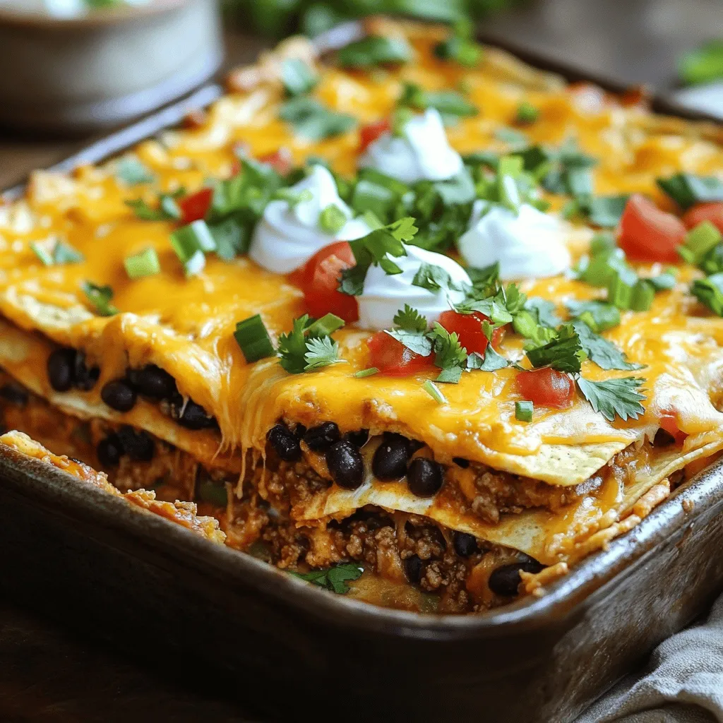 Für diesen Taco Casserole brauchst du einige Grundzutaten. Hier sind die Hauptzutaten: - 450 g Rinderhackfleisch (oder Putenhackfleisch) - 1 Päckchen Taco-Gewürz - 1 Dose (425 g) schwarze Bohnen, abgetropft und abgespült - 1 Dose (400 g) gewürfelte Tomaten mit grünen Chilis - 1 Tasse Maiskörner (frisch oder gefroren) - 1 Tasse Salsa - 8 kleine Tortillas aus Mais, viertelt - 1 ½ Tassen geriebener Cheddar-Käse - 1 Tasse Sauerrahm - ½ Tasse gehackte Frühlingszwiebeln - Frischer Koriander zur Garnitur (optional) - Salz und Pfeffer nach Geschmack