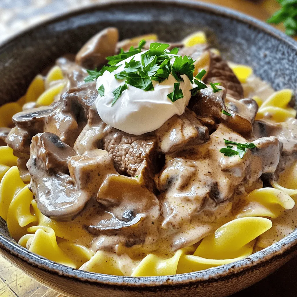 Für ein leckeres Beef Stroganoff brauchst du: - 450g Rinderfilet, in dünne Scheiben geschnitten - 1 mittlere Zwiebel, fein gehackt - 2 Knoblauchzehen, gehackt - 225g Champignons, in Scheiben geschnitten - 240 ml Rinderbrühe - 240 ml saure Sahne - 2 Esslöffel Weizenmehl - 2 Esslöffel Olivenöl - 1 Teelöffel Dijon-Senf - Salz und Pfeffer nach Geschmack - Frische Petersilie, gehackt (zum Garnieren) - Eiernudeln oder Reis (zum Servieren) Frische Zutaten bringen mehr Geschmack. Zum Beispiel, frische Champignons sind saftiger und aromatischer. Sie geben dem Gericht eine tolle Textur. Getrocknete Zutaten wie Kräuter sind oft weniger intensiv. Dennoch sind sie praktisch, wenn frische nicht verfügbar sind. Achte darauf, die richtige Wahl zu treffen. Frische Zwiebeln und Knoblauch machen einen großen Unterschied in der Aromatik. Beef Stroganoff hat auch gesundheitliche Vorteile. Rinderfilet liefert hochwertiges Protein. Es hilft beim Muskelaufbau und gibt Energie. Champignons sind reich an Vitaminen und Mineralien. Sie sind auch kalorienarm und gut für das Immunsystem. Saure Sahne bringt Kalzium und Probiotika mit. Diese fördern eine gesunde Verdauung. Mit frischen Zutaten kochst du nicht nur lecker, sondern auch gesund. Zu Beginn benötigst du alle Zutaten. Lege sie bereit, um schnell zu arbeiten. Erhitze das Olivenöl in einer großen Pfanne. Stelle die Hitze auf mittel-hoch. Jetzt ist es Zeit, das Rinderfilet vorzubereiten. Schneide das Rinderfilet in dünne Scheiben. Dies hilft beim schnellen Braten. Gib die Rindfleischscheiben in die Pfanne. Würze sie mit Salz und Pfeffer. Brate sie 3-4 Minuten, bis sie schön gebräunt sind. Nimm das Fleisch aus der Pfanne und lege es beiseite. In der gleichen Pfanne kommen jetzt die Zwiebeln und der Knoblauch. Brate sie 2-3 Minuten, bis die Zwiebeln glasig sind. Füge nun die Champignons hinzu. Koche sie 5 Minuten, bis sie weich sind. Streue das Weizenmehl darüber und rühre um. Lass es eine Minute kochen. Gieße langsam die Rinderbrühe hinein. Rühre dabei ständig, bis die Mischung eindickt. Reduziere die Hitze und füge die saure Sahne und den Dijon-Senf hinzu. Rühre gut um. Gib das Rindfleisch zurück in die Pfanne und lasse alles 5 Minuten köcheln. Schmecke die Soße ab und passe die Gewürze an. Serviere das Gericht über Eiernudeln oder Reis. Garniere es mit frischer Petersilie. Für eine vollständige Anleitung schau dir das Full Recipe an. Um die Soße für dein Beef Stroganoff perfekt zu machen, achte auf diese Punkte: - Mehl gleichmäßig einstreuen: Streue das Mehl gleichmäßig über die Pilze, um Klumpen zu vermeiden. - Langsam Brühe hinzufügen: Gieße die Rinderbrühe langsam hinein. Rühre ständig, damit die Soße glatt wird. - Hitze gut regulieren: Halte die Hitze niedrig, wenn du die saure Sahne hinzufügst. So bleibt die Soße cremig und wird nicht geronnen. Ein paar häufige Fehler können dein Beef Stroganoff ruinieren: - Zu hohe Hitze beim Braten: Wenn die Hitze zu hoch ist, kann das Rindfleisch zäh werden. Brate es bei mittlerer Hitze. - Falsches Timing bei den Pilzen: Koche die Pilze nicht zu lange. Sie sollten zart, aber nicht matschig sein. - Nicht genug würzen: Schmecke die Soße während des Kochens ab. Salz und Pfeffer sind wichtig für den Geschmack. Um deinem Beef Stroganoff einen besonderen Kick zu geben, probiere diese Tipps: - Räucherpaprika: Eine Prise Räucherpaprika bringt eine schöne Tiefe in die Soße. - BBQ-Sauce: Ein Esslöffel BBQ-Sauce kann einen süßen und würzigen Geschmack hinzufügen. - Frische Kräuter: Füge frische Kräuter wie Thymian oder Rosmarin hinzu, um die Aromen zu verstärken. Mit diesen Tipps und Tricks machst du dein Beef Stroganoff noch köstlicher! Für das vollständige Rezept, schau dir die [Full Recipe] an. {{image_4}} Du kannst Beef Stroganoff ganz leicht vegetarisch machen. Statt Rindfleisch nimmst du zum Beispiel Tofu oder Seitan. Diese Zutaten nehmen die Aromen gut auf. Verwende auch mehr Pilze, um die Textur zu verbessern. Champignons sind ideal, aber du kannst auch andere Sorten wie Shiitake verwenden. Eine cremige Soße aus pflanzlicher Sahne passt perfekt dazu. Für eine Low-Carb-Version kannst du die Eiernudeln durch Zucchini-Nudeln ersetzen. Diese sind leicht und frisch. Du kannst auch Blumenkohlreis als Beilage nutzen. Das spart Kohlenhydrate und macht das Gericht leicht. Achte darauf, dass die Soße gut gewürzt ist, damit sie auch ohne Nudeln lecker bleibt. Beef Stroganoff hat viele Gesichter. In Ungarn fügen die Köche Paprika hinzu, um mehr Geschmack zu bringen. In Deutschland wird oft mit Senf gewürzt. In Australien sind Pommes frites eine beliebte Beilage. Du kannst auch asiatische Einflüsse hinzufügen, indem du Sojasauce und Ingwer verwendest. Jede Variation bringt neue Aromen und macht das Gericht spannend. Für das klassische Rezept kannst du die vollständige Anleitung in der [Full Recipe] finden. Um deinen übrig gebliebenen Beef Stroganoff frisch zu halten, solltest du ihn schnell abkühlen. Fülle das Gericht in einen luftdichten Behälter. Achte darauf, dass der Behälter sauber ist. Lagere den Behälter im Kühlschrank. So bleibt der Stroganoff mehrere Tage lecker. Wenn du bereit bist, deinen Stroganoff wieder zu genießen, gibt es gute Aufwärmoptionen. Du kannst ihn in einer Pfanne bei mittlerer Hitze aufwärmen. Rühre häufig, damit er gleichmäßig warm wird. Alternativ kannst du ihn auch in der Mikrowelle aufwärmen. Decke den Behälter ab, damit die Feuchtigkeit bleibt. Im Kühlschrank hält sich der Beef Stroganoff etwa 3 bis 4 Tage. Wenn du ihn länger aufbewahren möchtest, friere ihn ein. Im Gefrierschrank bleibt er bis zu 3 Monate haltbar. Achte darauf, den Stroganoff gut zu verpacken, um Gefrierbrand zu vermeiden. Wenn du bereit bist, ihn zu genießen, tau ihn einfach über Nacht im Kühlschrank auf. Für das vollständige Rezept, schau dir die [Full Recipe] an. Traditionell serviere ich Beef Stroganoff mit Eiernudeln oder Reis. Diese Beilagen nehmen die köstliche Soße gut auf. Manchmal füge ich auch frisches Brot hinzu. Das Brot passt perfekt, um die letzten Reste von der Soße zu genießen. Ein grüner Salat kann auch eine gute Ergänzung sein. Er bringt Frische und einen knackigen Biss. Ja, du kannst das Rindfleisch durch Hähnchen oder Tofu ersetzen. Hähnchen hat einen milden Geschmack und passt gut zur Soße. Tofu ist eine tolle Option für Vegetarier. Achte darauf, den Tofu gut zu würzen und anzubraten, damit er etwas Biss hat. Damit kannst du ein ebenso schmackhaftes Gericht zaubern. Ja, du kannst Beef Stroganoff im Voraus zubereiten. Koche das Gericht und lasse es abkühlen. Danach kannst du es in einem luftdichten Behälter aufbewahren. Es bleibt im Kühlschrank etwa drei Tage frisch. Wenn du es wieder erhitzen möchtest, mache es sanft auf dem Herd. So bleibt die Soße cremig. Wir haben die besten Zutaten für ein köstliches Beef Stroganoff untersucht. Frische Zutaten bieten gesundheitliche Vorteile. Die Schritt-für-Schritt-Anleitung hilft beim Zubereiten. Achten Sie auf Konsistenz und vermeiden Sie gängige Fehler. Denk an Variationen, wie vegetarische Optionen. Richtige Lagerung sorgt für Frische. Konsumiere die Reste sicher und lecker. Jetzt bist du bereit, dieses Gericht zu meistern und zu genießen. Viel Spaß beim Kochen!