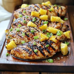 - 4 Hähnchenbrustfilets, ohne Knochen und Haut - 1 Tasse frische Ananas, gewürfelt - 1/4 Tasse Sojasauce - 3 Esslöffel Honig - 2 Esslöffel Chilipaste (nach Schärfewunsch anpassen) - 2 Knoblauchzehen, fein gehackt - 1 Teelöffel frischer Ingwer, gerieben - 1 Esslöffel Sesamöl - 1/2 Teelöffel schwarzer Pfeffer - 1 Esslöffel Limettensaft - Optional: gehackte Frühlingszwiebeln und Sesamsamen zum Garnieren Für die Marinade brauchst du die Sojasauce, Honig und Chilipaste. Füge auch den Knoblauch und Ingwer hinzu, um mehr Geschmack zu bekommen. Das Sesamöl bringt einen nussigen Touch. Der Limettensaft gibt eine frische Note und der schwarze Pfeffer sorgt für ein wenig Schärfe. Diese Mischung wird das Hähnchen zart und aromatisch machen. Du benötigst eine große Schüssel für die Marinade. Ein Grill ist wichtig, um das Hähnchen perfekt zu garen. Ein Grillthermometer hilft dir, die richtige Temperatur zu erreichen. Auch eine Zange ist nützlich, um das Hähnchen zu wenden. Ein Schneidebrett und ein scharfes Messer sind wichtig, um die Ananas zu schneiden. Finde alle diese Dinge bereit, bevor du anfängst, um einen reibungslosen Kochprozess zu haben. Für die vollständige Anleitung, schau dir das Full Recipe an. Um das Hähnchen zu marinieren, nimm eine große Schüssel. Vermische darin die Sojasauce, den Honig, die Chilipaste, den gehackten Knoblauch, den Ingwer, das Sesamöl, den schwarzen Pfeffer und den Limettensaft. Diese Zutaten bringen viel Geschmack. Füge dann die Hähnchenbrustfilets hinzu. Achte darauf, dass sie gut mit der Marinade bedeckt sind. Decke die Schüssel ab und stelle sie in den Kühlschrank. Lass das Hähnchen mindestens 30 Minuten marinieren. Je länger, desto besser. Zwei Stunden sind ideal. Jetzt kommt der Grill an die Reihe. Heize den Grill auf mittelhoher Hitze vor. Wenn du einen Holzkohlegrill nutzt, achte darauf, dass die Kohlen heiß sind. Verteile sie gleichmäßig, damit das Hähnchen gleichmäßig gart. Bereite auch die Grillroste vor. Ein wenig Öl hilft, das Ankleben zu verhindern. Sobald der Grill bereit ist, nimm die Hähnchenbrustfilets aus der Marinade. Lass die überschüssige Marinade abtropfen. Lege das Hähnchen auf den Grill. Grill es etwa 6-7 Minuten auf jeder Seite. Die Innentemperatur sollte 75 °C erreichen. So bist du sicher, dass das Hähnchen durch ist. Du wirst auch schöne Grillstreifen sehen. In den letzten Minuten kannst du die gewürfelte Ananas auf den Grill legen. Grill sie für 2-3 Minuten. Sie sollte karamellisiert und weich sein. Nach dem Grillen lass das Hähnchen etwas ruhen. Dann schneide es in Scheiben und richte es mit der Ananas an. Für mehr Geschmack und Farbe kannst du alles mit Frühlingszwiebeln und Sesamsamen garnieren. Für die vollständigen Details und Mengen besuche das [Full Recipe]. Für die beste Marinade ist es wichtig, die Zutaten gut zu mischen. Ich empfehle, die Sojasauce mit Honig und Chilipaste zu kombinieren. Der Honig gibt Süße, während die Chilipaste Schärfe bringt. Füge frischen Knoblauch und Ingwer hinzu, um den Geschmack zu vertiefen. Lass das Hähnchen mindestens 30 Minuten marinieren. Je länger, desto besser. Du kannst es bis zu 2 Stunden im Kühlschrank lassen, um einen intensiveren Geschmack zu erzielen. Die richtige Grilltemperatur ist entscheidend. Heize deinen Grill auf mittelhohe Hitze vor. Das sorgt für schöne Grillstreifen und eine gleichmäßige Garung. Grill das Hähnchen etwa 6-7 Minuten pro Seite. Die Innentemperatur sollte 75 °C erreichen. Das garantiert, dass das Hähnchen durchgegart und sicher zu essen ist. Um saftiges Hähnchen zu erhalten, ist das Marinieren der Schlüssel. Die Marinade hilft, das Fleisch feucht zu halten. Lass das Hähnchen nach dem Grillen einige Minuten ruhen. Dies lässt die Säfte im Fleisch bleiben. Schneide das Hähnchen erst danach in Scheiben. So bleibt es zart und saftig. Für das gesamte Rezept kannst du die [Full Recipe] ansehen. {{image_4}} Wenn du eine vegetarische Version von Chili Pineapple Grill machen willst, probiere Tofu oder Tempeh. Diese beiden Optionen nehmen die Marinade gut auf. Schneide sie in Stücke und mariniere sie wie das Hähnchen. Grille sie dann für 6-8 Minuten, bis sie schön gebräunt sind. Das gibt dir den gleichen tollen Geschmack. Ananas ist großartig, aber du kannst auch andere Früchte verwenden. Mango, Papaya oder Pfirsiche passen gut. Diese Früchte bringen süße und saftige Noten. Sie können die Aromen perfekt ergänzen. Grille sie einfach für 2-3 Minuten, bis sie weich sind und schöne Grillstreifen zeigen. Die Marinade ist sehr flexibel. Du kannst verschiedene Gewürze hinzufügen, um neue Geschmäcker zu kreieren. Zum Beispiel, füge etwas Kreuzkümmel oder Paprika hinzu. Das gibt dem Gericht einen neuen Kick. Du kannst auch die Chilipaste anpassen, um es milder oder schärfer zu machen. Sei kreativ und finde deinen eigenen Stil! Wenn du Reste von Chili-Ananas Gegrilltem Hähnchen hast, lagere sie in einem luftdichten Behälter. So bleibt das Hähnchen frisch. Du solltest es innerhalb von drei bis vier Tagen essen. Kühle das Hähnchen immer schnell ab, bevor du es in den Kühlschrank stellst. Das hilft, die Qualität zu bewahren. Um das Hähnchen länger zu lagern, kannst du es einfrieren. Wickele die Hähnchenstücke fest in Frischhaltefolie ein. Danach lege sie in einen gefrierfesten Beutel. So bleibt das Hähnchen bis zu drei Monate frisch. Wenn du es auftauen möchtest, lege es einfach über Nacht in den Kühlschrank. Dadurch bleibt der Geschmack und die Textur erhalten. Beim Wiedererwärmen ist es wichtig, das Hähnchen nicht zu überhitzen. Du kannst es in der Mikrowelle bei niedriger Leistung aufwärmen. Eine andere Möglichkeit ist, es in einer Pfanne mit etwas Öl zu erwärmen. Achte darauf, dass das Hähnchen gleichmäßig warm wird. So bleibt es saftig und lecker. Marinieren ist wichtig für Geschmack. Ich empfehle, das Hähnchen mindestens 30 Minuten zu marinieren. Für noch mehr Geschmack lasse es bis zu 2 Stunden im Kühlschrank. Je länger es marinieren kann, desto besser wird der Geschmack. Ja, du kannst Dosenananas verwenden. Achte darauf, die Ananas gut abzutropfen. Dosenananas hat oft mehr Zucker, also probiere die Marinade, um den Geschmack anzupassen. Frische Ananas gibt jedoch einen besseren Geschmack und eine bessere Textur. Zu diesem Gericht passen viele Beilagen gut. Hier sind einige Vorschläge: - Reis oder Quinoa - Gegrilltes Gemüse - Frischer Salat - Tortillas oder Brot Diese Beilagen ergänzen den süßen und würzigen Geschmack des Hähnchens und machen dein Essen noch besser. Zusammenfassend haben wir die wichtigsten Schritte zur Zubereitung von gegrilltem Hähnchen behandelt. Von den Hauptzutaten über die richtige Marinade bis hin zu den besten Grilltechniken. Tipps für saftiges Hähnchen und kreative Variationen bieten noch mehr Möglichkeiten. Außerdem klärten wir Lagerung und häufige Fragen. Denke daran, das Grillen macht Spaß und ist einfach. Probiere neue Ideen aus und genieße jedes Stück!
