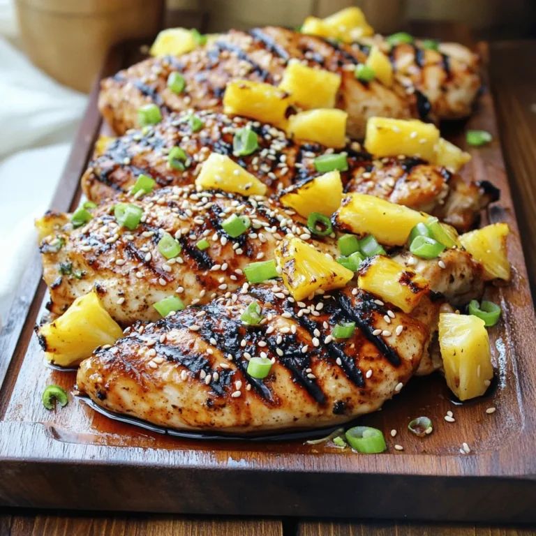 - 4 Hähnchenbrustfilets, ohne Knochen und Haut - 1 Tasse frische Ananas, gewürfelt - 1/4 Tasse Sojasauce - 3 Esslöffel Honig - 2 Esslöffel Chilipaste (nach Schärfewunsch anpassen) - 2 Knoblauchzehen, fein gehackt - 1 Teelöffel frischer Ingwer, gerieben - 1 Esslöffel Sesamöl - 1/2 Teelöffel schwarzer Pfeffer - 1 Esslöffel Limettensaft - Optional: gehackte Frühlingszwiebeln und Sesamsamen zum Garnieren Für die Marinade brauchst du die Sojasauce, Honig und Chilipaste. Füge auch den Knoblauch und Ingwer hinzu, um mehr Geschmack zu bekommen. Das Sesamöl bringt einen nussigen Touch. Der Limettensaft gibt eine frische Note und der schwarze Pfeffer sorgt für ein wenig Schärfe. Diese Mischung wird das Hähnchen zart und aromatisch machen. Du benötigst eine große Schüssel für die Marinade. Ein Grill ist wichtig, um das Hähnchen perfekt zu garen. Ein Grillthermometer hilft dir, die richtige Temperatur zu erreichen. Auch eine Zange ist nützlich, um das Hähnchen zu wenden. Ein Schneidebrett und ein scharfes Messer sind wichtig, um die Ananas zu schneiden. Finde alle diese Dinge bereit, bevor du anfängst, um einen reibungslosen Kochprozess zu haben. Für die vollständige Anleitung, schau dir das Full Recipe an. Um das Hähnchen zu marinieren, nimm eine große Schüssel. Vermische darin die Sojasauce, den Honig, die Chilipaste, den gehackten Knoblauch, den Ingwer, das Sesamöl, den schwarzen Pfeffer und den Limettensaft. Diese Zutaten bringen viel Geschmack. Füge dann die Hähnchenbrustfilets hinzu. Achte darauf, dass sie gut mit der Marinade bedeckt sind. Decke die Schüssel ab und stelle sie in den Kühlschrank. Lass das Hähnchen mindestens 30 Minuten marinieren. Je länger, desto besser. Zwei Stunden sind ideal. Jetzt kommt der Grill an die Reihe. Heize den Grill auf mittelhoher Hitze vor. Wenn du einen Holzkohlegrill nutzt, achte darauf, dass die Kohlen heiß sind. Verteile sie gleichmäßig, damit das Hähnchen gleichmäßig gart. Bereite auch die Grillroste vor. Ein wenig Öl hilft, das Ankleben zu verhindern. Sobald der Grill bereit ist, nimm die Hähnchenbrustfilets aus der Marinade. Lass die überschüssige Marinade abtropfen. Lege das Hähnchen auf den Grill. Grill es etwa 6-7 Minuten auf jeder Seite. Die Innentemperatur sollte 75 °C erreichen. So bist du sicher, dass das Hähnchen durch ist. Du wirst auch schöne Grillstreifen sehen. In den letzten Minuten kannst du die gewürfelte Ananas auf den Grill legen. Grill sie für 2-3 Minuten. Sie sollte karamellisiert und weich sein. Nach dem Grillen lass das Hähnchen etwas ruhen. Dann schneide es in Scheiben und richte es mit der Ananas an. Für mehr Geschmack und Farbe kannst du alles mit Frühlingszwiebeln und Sesamsamen garnieren. Für die vollständigen Details und Mengen besuche das [Full Recipe]. Für die beste Marinade ist es wichtig, die Zutaten gut zu mischen. Ich empfehle, die Sojasauce mit Honig und Chilipaste zu kombinieren. Der Honig gibt Süße, während die Chilipaste Schärfe bringt. Füge frischen Knoblauch und Ingwer hinzu, um den Geschmack zu vertiefen. Lass das Hähnchen mindestens 30 Minuten marinieren. Je länger, desto besser. Du kannst es bis zu 2 Stunden im Kühlschrank lassen, um einen intensiveren Geschmack zu erzielen. Die richtige Grilltemperatur ist entscheidend. Heize deinen Grill auf mittelhohe Hitze vor. Das sorgt für schöne Grillstreifen und eine gleichmäßige Garung. Grill das Hähnchen etwa 6-7 Minuten pro Seite. Die Innentemperatur sollte 75 °C erreichen. Das garantiert, dass das Hähnchen durchgegart und sicher zu essen ist. Um saftiges Hähnchen zu erhalten, ist das Marinieren der Schlüssel. Die Marinade hilft, das Fleisch feucht zu halten. Lass das Hähnchen nach dem Grillen einige Minuten ruhen. Dies lässt die Säfte im Fleisch bleiben. Schneide das Hähnchen erst danach in Scheiben. So bleibt es zart und saftig. Für das gesamte Rezept kannst du die [Full Recipe] ansehen. {{image_4}} Wenn du eine vegetarische Version von Chili Pineapple Grill machen willst, probiere Tofu oder Tempeh. Diese beiden Optionen nehmen die Marinade gut auf. Schneide sie in Stücke und mariniere sie wie das Hähnchen. Grille sie dann für 6-8 Minuten, bis sie schön gebräunt sind. Das gibt dir den gleichen tollen Geschmack. Ananas ist großartig, aber du kannst auch andere Früchte verwenden. Mango, Papaya oder Pfirsiche passen gut. Diese Früchte bringen süße und saftige Noten. Sie können die Aromen perfekt ergänzen. Grille sie einfach für 2-3 Minuten, bis sie weich sind und schöne Grillstreifen zeigen. Die Marinade ist sehr flexibel. Du kannst verschiedene Gewürze hinzufügen, um neue Geschmäcker zu kreieren. Zum Beispiel, füge etwas Kreuzkümmel oder Paprika hinzu. Das gibt dem Gericht einen neuen Kick. Du kannst auch die Chilipaste anpassen, um es milder oder schärfer zu machen. Sei kreativ und finde deinen eigenen Stil! Wenn du Reste von Chili-Ananas Gegrilltem Hähnchen hast, lagere sie in einem luftdichten Behälter. So bleibt das Hähnchen frisch. Du solltest es innerhalb von drei bis vier Tagen essen. Kühle das Hähnchen immer schnell ab, bevor du es in den Kühlschrank stellst. Das hilft, die Qualität zu bewahren. Um das Hähnchen länger zu lagern, kannst du es einfrieren. Wickele die Hähnchenstücke fest in Frischhaltefolie ein. Danach lege sie in einen gefrierfesten Beutel. So bleibt das Hähnchen bis zu drei Monate frisch. Wenn du es auftauen möchtest, lege es einfach über Nacht in den Kühlschrank. Dadurch bleibt der Geschmack und die Textur erhalten. Beim Wiedererwärmen ist es wichtig, das Hähnchen nicht zu überhitzen. Du kannst es in der Mikrowelle bei niedriger Leistung aufwärmen. Eine andere Möglichkeit ist, es in einer Pfanne mit etwas Öl zu erwärmen. Achte darauf, dass das Hähnchen gleichmäßig warm wird. So bleibt es saftig und lecker. Marinieren ist wichtig für Geschmack. Ich empfehle, das Hähnchen mindestens 30 Minuten zu marinieren. Für noch mehr Geschmack lasse es bis zu 2 Stunden im Kühlschrank. Je länger es marinieren kann, desto besser wird der Geschmack. Ja, du kannst Dosenananas verwenden. Achte darauf, die Ananas gut abzutropfen. Dosenananas hat oft mehr Zucker, also probiere die Marinade, um den Geschmack anzupassen. Frische Ananas gibt jedoch einen besseren Geschmack und eine bessere Textur. Zu diesem Gericht passen viele Beilagen gut. Hier sind einige Vorschläge: - Reis oder Quinoa - Gegrilltes Gemüse - Frischer Salat - Tortillas oder Brot Diese Beilagen ergänzen den süßen und würzigen Geschmack des Hähnchens und machen dein Essen noch besser. Zusammenfassend haben wir die wichtigsten Schritte zur Zubereitung von gegrilltem Hähnchen behandelt. Von den Hauptzutaten über die richtige Marinade bis hin zu den besten Grilltechniken. Tipps für saftiges Hähnchen und kreative Variationen bieten noch mehr Möglichkeiten. Außerdem klärten wir Lagerung und häufige Fragen. Denke daran, das Grillen macht Spaß und ist einfach. Probiere neue Ideen aus und genieße jedes Stück!