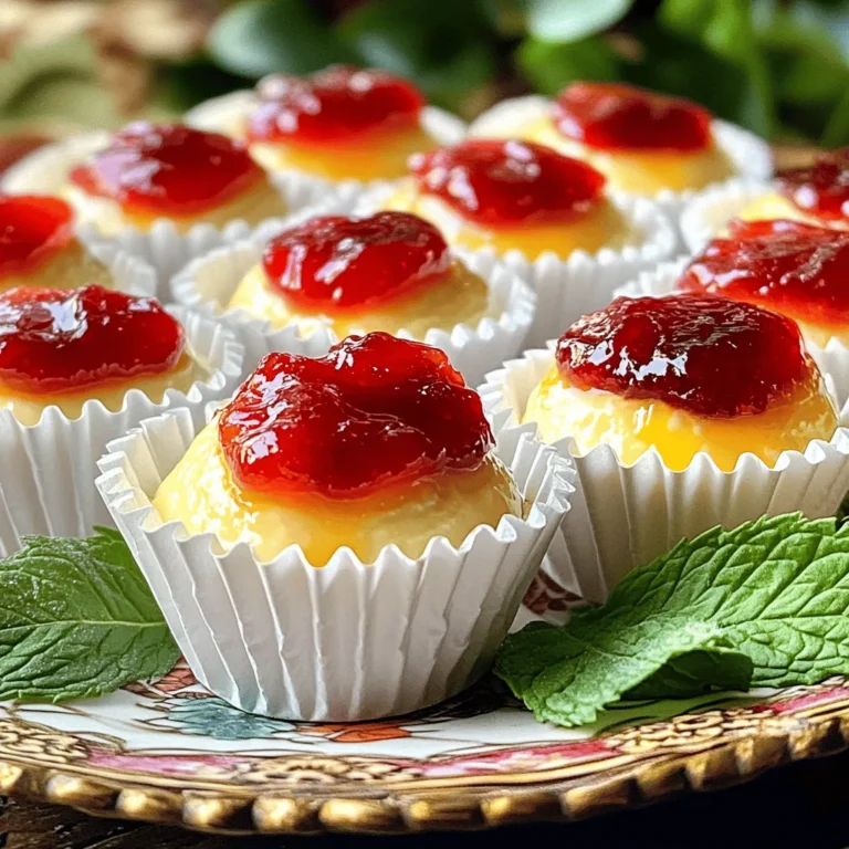 Für die leckeren No-Bake Cheesecake Bites benötigst du die folgenden Zutaten: - 225 g Frischkäse, weich (zimmerwarm) - 60 g Puderzucker - 1 Teelöffel Vanilleextrakt - 60 g griechischer Joghurt (oder saure Sahne) - 100 g zerbröselte Graham-Cracker - 45 g ungesalzene Butter, geschmolzen - 60 g frisches Obst oder Fruchtaufstrich (zum Garnieren, optional) - Mini-Muffinförmchen (zum Servieren) Diese Zutaten sorgen für eine cremige, süße und köstliche Mischung. Achte darauf, dass der Frischkäse zimmerwarm ist. So wird die Masse schön glatt. Wenn du keine Graham-Cracker hast, kannst du auch andere Kekse verwenden. Zwieback oder Butterkekse sind gute Alternativen. Für den griechischen Joghurt kannst du auch saure Sahne verwenden. Beide geben einen tollen Geschmack. Du kannst die Cheesecake Bites leicht anpassen. Hier sind einige Ideen: - Schokoladenstückchen: Füge einige Schokoladenstückchen zur Frischkäse-Mischung hinzu. - Karamellsoße: Verwende Karamellsoße anstelle von Fruchtaufstrich. - Nüsse: Hacke einige Nüsse und streue sie über die Cheesecake Bites. Mit diesen Variationen kannst du deinen eigenen Geschmack einbringen. Probiere aus, was dir am besten gefällt! Beginne mit einem zimmerwarmen Frischkäse. Du willst, dass er weich ist. In einer mittelgroßen Schüssel schlägst du den Frischkäse mit einem Mixer. Das Ziel ist eine glatte und fluffige Masse. Füge dann nach und nach den Puderzucker hinzu. Mixe weiter, bis alles gut vermischt ist. Jetzt kommt der Vanilleextrakt. Rühre ihn ein, gefolgt vom griechischen Joghurt. So entsteht eine köstliche, cremige Mischung. In einer separaten Schüssel vermischt du die zerbröselten Graham-Cracker mit der geschmolzenen Butter. Die Mischung sollte die Konsistenz von nassem Sand haben. Nimm ein Mini-Muffinblech und lege es mit Mini-Muffinförmchen aus. Dann nimmst du etwa einen Esslöffel der Graham-Cracker-Mischung. Drücke diese fest auf den Boden jeder Form. So bildest du die Kruste für deine Cheesecake-Bites. Jetzt ist es Zeit, die Frischkäse-Mischung zu verwenden. Verteile sie gleichmäßig auf die Krusten. Streiche sie glatt mit einem Löffel. Wenn du magst, füge einen kleinen Klecks frisches Obst oder Fruchtaufstrich oben drauf. Dies bringt Farbe und Geschmack. Stelle das Muffinblech in den Kühlschrank. Lass die Cheesecake-Bites mindestens 2 Stunden kühlen. Sie sollten fest werden. Nach der Kühlung kannst du sie vorsichtig aus den Förmchen nehmen und servieren. Du wirst den leckeren Genuss lieben! Für das vollständige Rezept, schau dir den Abschnitt „Full Recipe“ an. Um die perfekte Konsistenz für deine No-Bake Cheesecake Bites zu erreichen, achte auf die Temperatur der Zutaten. Der Frischkäse sollte zimmerwarm sein. Kalte Zutaten machen die Mischung klumpig. Schlage den Frischkäse gut auf, bis er fluffig ist. Füge den Puderzucker langsam hinzu. Dies hilft, eine glatte Textur zu erzielen. Der griechische Joghurt oder die saure Sahne gibt dem Cheesecake einen tollen Geschmack und eine cremige Note. Wenn die Mischung zu fest ist, kannst du etwas mehr Joghurt hinzufügen. Die Dekoration macht deine Cheesecake Bites besonders. Du kannst frisches Obst oder Fruchtaufstrich verwenden. Beeren sind eine gute Wahl. Sie fügen Farbe und Geschmack hinzu. Garniere die Bites mit einem Minzblatt. Das sieht frisch und einladend aus. Du kannst auch Schokoladensauce oder Karamell verwenden. Das sorgt für einen süßen Kick. Achte darauf, die Dekoration erst kurz vor dem Servieren hinzuzufügen. Das hält die Frische der Bites. Ein häufiger Fehler ist, die Mischung zu lange zu schlagen. Das kann die Textur ruinieren. Halte dich an die Schritte im Full Recipe. Ein weiterer Fehler ist, die Bites nicht lange genug zu kühlen. Sie müssen mindestens zwei Stunden im Kühlschrank sein. So werden sie fest und leicht zu essen. Achte darauf, die Kruste gut zu drücken. Wenn sie zu locker ist, zerfallen die Bites. Verwende Mini-Muffinförmchen. Sie helfen, die Form zu halten. {{image_4}} Du kannst die No-Bake Cheesecake Bites leicht variieren. Probiere verschiedene Geschmäcker aus! Füge zum Beispiel Zitronensaft oder Limettensaft hinzu. Das gibt einen frischen Kick. Nutze auch verschiedene Extrakte wie Mandel- oder Kokosnuss-Extrakt. Für Schokoladenliebhaber ist Kakaopulver eine tolle Option. Mische die Cheesecake-Masse mit geschmolzener Schokolade für einen schokoladigen Genuss. Auch Fruchtpürees wie Himbeere oder Mango machen die Bites besonders lecker. Nutze die Jahreszeiten, um neue Ideen zu finden. Im Frühling sind Erdbeeren perfekt. Im Sommer kannst du frische Pfirsiche oder Blaubeeren verwenden. Im Herbst füge Kürbispüree und Gewürze hinzu, um einen herbstlichen Geschmack zu kreieren. Im Winter sind Zimt und Schokolade tolle Ergänzungen. Diese saisonalen Varianten bringen Abwechslung auf den Tisch. Die Präsentation ist wichtig. Für eine Party dekoriere die Cheesecake Bites mit frischen Früchten. Verwende Minzblätter für einen frischen Akzent. Du kannst auch Schokoladensauce oder Karamell über die Bites träufeln. Für Feiertage wie Weihnachten sind Zuckerstangen oder Weihnachtskekse eine süße Idee. Das macht deine Bites nicht nur lecker, sondern auch optisch ansprechend. Für die vollständige Anleitung und weitere Tipps, schau dir das [Full Recipe] an. Die No-Bake Cheesecake Bites halten sich gut. Sie bleiben im Kühlschrank etwa 4 bis 5 Tage frisch. Wenn du sie länger aufbewahren möchtest, friere sie ein. Im Gefrierfach sind sie bis zu 3 Monate haltbar. Kühle die Cheesecake Bites immer, wenn du sie nicht sofort isst. Die kühle Temperatur hilft, die cremige Textur zu bewahren. Um sie einzufrieren, lege die Bites in einen luftdichten Behälter. Du kannst sie auch in Frischhaltefolie einwickeln. Achte darauf, dass sie nicht aneinanderkleben. Um die besten Ergebnisse zu erzielen, lagere die Bites in einem luftdichten Behälter. Das schützt sie vor Gerüchen und hält sie frisch. Wenn du sie garnierst, mache das erst kurz bevor du sie servierst. So bleibt die Dekoration schön und frisch. Diese kleinen Snacks sind einfach zu machen und erfreuen jeden. Für das komplette Rezept, klicke auf [Full Recipe]. Du kannst die Cheesecake-Bites leicht anpassen. Möchtest du einen anderen Geschmack? Füge einfach Aromen hinzu. Nutze verschiedene Extrakte wie Mandeln oder Zitrone. Du kannst auch Fruchtpürees in die Füllung mischen. Das gibt einen tollen fruchtigen Kick. Verwende auch verschiedene Toppings. Schokolade oder Nüsse passen gut dazu. Sei kreativ und mache die Bites zu deinem eigenen. Ja, du kannst andere Keksarten wählen. Oreo-Kekse sind eine beliebte Wahl. Sie geben einen schokoladigen Geschmack. Butterkekse oder sogar Haferkekse funktionieren auch gut. Zerbrösele die Kekse wie in der Rezeptanleitung. Mische sie mit geschmolzener Butter für die Kruste. Die Wahl der Kekse beeinflusst den gesamten Geschmack. Probiere verschiedene Kombinationen aus, um deinen Favoriten zu finden. No-Bake Cheesecake Bites können gesund sein, wenn du es möchtest. Du kannst weniger Zucker verwenden oder alternative Süßstoffe wählen. Griechischer Joghurt macht sie cremig und fügt Proteine hinzu. Wähle frisches Obst als Topping. Das bringt Vitamine und Ballaststoffe. Achte auf die Portionen, um die Kalorien zu steuern. So genießt du einen leckeren Snack ohne schlechtes Gewissen. Die wichtigsten Punkte des Artikels umfassen die Zutaten, die Zubereitung und Variationen der Cheesecake-Bites. Wir haben auch Tipps zur perfekten Konsistenz und Dekoration behandelt. Mit diesen einfachen Anleitungen und Ratschlägen wird es leicht, leckere Cheesecake-Bites zu machen. Denke daran, dass Du kreativ sein kannst. Probiere verschiedene Geschmäcker und Dekorationen aus. So wird jedes Stück ein Highlight. Guten Appetit und viel Spaß beim Ausprobieren!