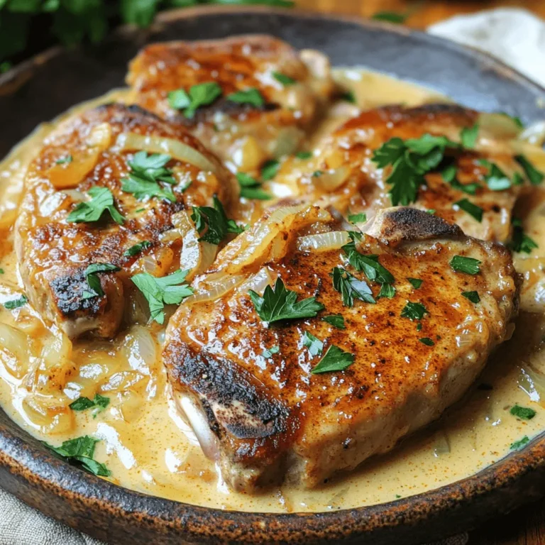 - 4 Schweinekoteletts mit Knochen (ca. 2,5 cm dick) - Salz und frisch gemahlener schwarzer Pfeffer - 1 Teelöffel geräuchertes Paprikapulver - 2 Esslöffel Olivenöl - 1 große Zwiebel, dünn geschnitten - 2 Knoblauchzehen, fein gehackt - 240 ml Hühnerbrühe - 240 ml Schlagsahne - 2 Esslöffel Dijonsenf - 1 Teelöffel Worcestershire-Sauce - 1 Esslöffel frische Thymianblätter Um die perfekten Smothered Pork Chops zuzubereiten, sind diese Zutaten entscheidend. Die Hauptzutaten sorgen für den herzhaften Geschmack. Die Schweinekoteletts müssen gut gewürzt sein. Salz und Pfeffer sind wichtig. Geräuchertes Paprikapulver gibt dem Gericht eine rauchige Note. Die weiteren Zutaten sind ebenso wichtig. Das Olivenöl hilft, die Koteletts schön anzubraten. Zwiebeln und Knoblauch bringen ein tolles Aroma. Sie machen die Sauce noch besser. Die Flüssigkeiten und Gewürze sind das Herzstück der Sauce. Hühnerbrühe gibt Geschmack und Fülle. Schlagsahne sorgt für die cremige Textur. Dijonsenf und Worcestershire-Sauce fügen Tiefe hinzu. Frischer Thymian bringt eine frische Note. Diese Zutaten machen Ihr Gericht zu einem echten Genuss. Wenn Sie mehr erfahren möchten, sehen Sie sich das Full Recipe an. - Schweinekoteletts würzen: Beginnen Sie mit den Schweinekoteletts. Tupfen Sie sie mit einem Küchentuch trocken. Würzen Sie sie gut mit Salz, Pfeffer und geräuchertem Paprikapulver. Dies gibt dem Fleisch einen tollen Geschmack. - Zwiebeln und Knoblauch vorbereiten: Schneiden Sie die Zwiebel in dünne Scheiben. Hacken Sie die Knoblauchzehen fein. Beide Zutaten sind wichtig für die Sauce. - Schweinekoteletts anbraten: Erhitzen Sie das Olivenöl in einer großen Pfanne. Warten Sie, bis das Öl heiß ist. Legen Sie die Koteletts in die Pfanne. Braten Sie sie 4-5 Minuten pro Seite, bis sie goldbraun sind. Nehmen Sie die Koteletts heraus und legen Sie sie auf einen Teller. - Zwiebeln und Knoblauch anbraten: Geben Sie die Zwiebeln in die gleiche Pfanne. Braten Sie sie bei mittlerer Hitze, bis sie weich sind, etwa 8-10 Minuten. Fügen Sie dann den Knoblauch hinzu und braten Sie ihn eine weitere Minute. - Sauce zubereiten: Gießen Sie die Hühnerbrühe in die Pfanne. Kratzen Sie den Boden ab, um Geschmack zu gewinnen. Lassen Sie die Mischung aufkochen. Rühren Sie die Schlagsahne, den Dijonsenf und die Worcestershire-Sauce ein. Schmecken Sie die Sauce ab. - Schweinekoteletts zurückgeben: Legen Sie die Koteletts zurück in die Pfanne. Drücken Sie sie leicht in die Sauce. Decken Sie die Pfanne ab und reduzieren Sie die Hitze. Lassen Sie die Koteletts 15-20 Minuten schmoren, bis sie durchgegart sind. - Sauce andicken (optional): Möchten Sie eine dickere Sauce? Mischen Sie die Maisstärke mit Wasser. Rühren Sie diese Mischung in die Sauce ein und lassen Sie sie 2-3 Minuten köcheln. - Servieren und Garnieren: Servieren Sie die Koteletts auf Tellern. Löffeln Sie die cremige Sauce darüber. Streuen Sie frische Petersilie oben drauf für eine schöne Garnitur. Für das gesamte Rezept schauen Sie sich [Full Recipe] an. - Die richtige Temperatur wählen: Beginnen Sie mit mittlerer bis hoher Hitze. So braten Sie die Koteletts schön braun an. Danach reduzieren Sie die Hitze. Dies hilft, die Koteletts zart zu halten. - Koteletts vorher anbraten: Braten Sie die Koteletts zuerst an, bevor Sie sie schmoren. Dadurch erhalten sie eine tolle Kruste und mehr Geschmack. - Apparate zum Andicken der Sauce: Wenn Sie die Sauce dicker mögen, verwenden Sie Maisstärke. Mischen Sie sie mit Wasser und geben Sie sie in die Sauce. So wird sie schön cremig. - Verwendung unterschiedlicher Kräuter: Experimentieren Sie mit Kräutern wie Rosmarin oder Oregano. Diese können der Sauce zusätzliche Aromen verleihen und neue Geschmäcker bringen. - Dadurch harmonierende Beilagen: Servieren Sie die Koteletts mit Kartoffelpüree oder Reis. Diese Beilagen nehmen die köstliche Sauce gut auf. Auch gedünstetes Gemüse passt hervorragend dazu. - Hinweise zu Getränken: Ein trockener Weißwein oder ein frischer Apfelsaft ist eine gute Wahl. Diese Getränke ergänzen die Aromen der Koteletts und der Sauce. {{image_4}} Wenn du etwas Abwechslung suchst, probiere Rindfleischschmorgerichte. Sie sind herzhaft und sehr schmackhaft. Du kannst auch Hähnchenkoteletts verwenden. Diese sind zart und nehmen Aromen gut auf. Beide Optionen bieten eine tolle Abwandlung zu den klassischen Schweinekoteletts. Wenn du glutenfrei isst, ersetze die Worcestershire-Sauce durch eine glutenfreie Variante. Du kannst auch die Schlagsahne durch Kokosmilch ersetzen. Für vegane Alternativen sind Tofukoteletts eine gute Wahl. Damit bleiben die Aromen stark, und dein Gericht bleibt pflanzlich. Experimentiere mit verschiedenen Gewürzen. Eine Prise Kreuzkümmel oder Zimt kann neue Geschmäcker bringen. Du kannst auch Gemüse in die Sauce einfügen. Zucchini oder Paprika passt gut dazu. Sie geben zusätzliche Farben und Nährstoffe. Damit wird dein Gericht noch interessanter und schmackhafter. Um die Reste von Smothered Pork Chops richtig aufzubewahren, folgen Sie diesen Tipps: - Lassen Sie die Koteletts zuerst abkühlen. - Füllen Sie sie in einen luftdichten Behälter. - Stellen Sie sicher, dass die Sauce über den Koteletts bleibt. Ideale Lagerbehälter sind Glasbehälter oder stabile Plastikbehälter. Diese helfen, den Geschmack und die Frische zu bewahren. Es gibt mehrere Methoden, um die Koteletts aufzuwärmen: - Mikrowelle: Stellen Sie die Koteletts in eine mikrowellengeeignete Schüssel. Bedecken Sie sie mit einem feuchten Tuch, um die Feuchtigkeit zu halten. - Herd: Erwärmen Sie sie in einer Pfanne bei niedriger Hitze. Fügen Sie etwas Wasser oder Brühe hinzu, um die Sauce frisch zu halten. Um die Sauce frisch zu halten, rühren Sie sie regelmäßig um. So vermeiden Sie, dass sie anbrennt oder zu dick wird. Die Reste sind im Kühlschrank etwa drei bis vier Tage haltbar. Achten Sie darauf, sie gut zu lagern. Anzeichen für Verderb sind: - Ein unangenehmer Geruch. - Veränderungen in der Farbe oder der Textur. - Schimmel oder ein schleimiger Belag. Wenn Sie solche Anzeichen bemerken, entsorgen Sie die Reste sofort. Die ideale Kochzeit für zarte Koteletts liegt bei 15 bis 20 Minuten. Während dieser Zeit garen die Koteletts in der Sauce und nehmen deren Aromen auf. Achten Sie darauf, die Innentemperatur bei 63°C zu halten. So bleiben die Koteletts saftig und lecker. Ja, die Sauce kann im Voraus zubereitet werden. Kochen Sie sie einfach und lassen Sie sie abkühlen. Bewahren Sie die Sauce dann in einem luftdichten Behälter im Kühlschrank auf. Vor dem Servieren können Sie die Sauce einfach aufwärmen und mit den Koteletts vermengen. Für perfekte Beilagen zu Smothered Pork Chops empfehle ich: - Kartoffelpüree - Reis - Dampfgemüse - Gebratene grüne Bohnen Diese Beilagen ergänzen die reichhaltige Sauce und machen das Gericht noch köstlicher. Smothered Pork Chops hat seine Wurzeln in der Südstaatenküche der USA. Es verbindet einfache Zutaten mit herzhaften Aromen. Das Gericht wird oft bei Familientreffen oder besonderen Anlässen serviert. Es zeigt, wie man aus wenigen Zutaten etwas Großartiges zaubern kann. Ja, es gibt einen klaren Unterschied. Geschmorte Koteletts garen lange in einer Flüssigkeit. Sie werden zart und voll von Geschmack. Gebratene Koteletts hingegen werden schnell in Öl gekocht und bleiben fester. Beide Methoden haben ihren Reiz, aber geschmorte Koteletts sind meist saftiger. In diesem Blogpost haben wir die leckeren geschmorten Schweinekoteletts und ihre Zutaten erkundet. Wir haben die Vorbereitung, den Kochprozess und die Fertigstellung besprochen. Tipps für perfekte Ergebnisse und Variationen haben wir ebenfalls behandelt. Zum Schluss ist es wichtig, die Reste richtig aufzubewahren. Experimentiere mit verschiedenen Beilagen und Aromen, um dein Gericht zu verfeinern. Probiere neue Varianten aus und genieße das Kochen!