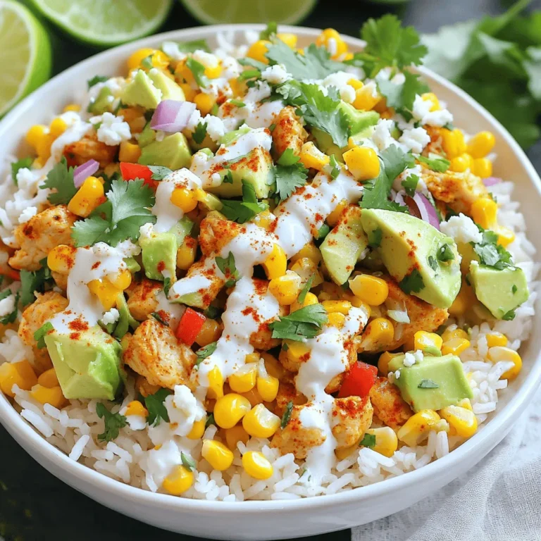 Für dieses köstliche Gericht benötigen Sie: - 2 Tassen gekochter Jasminreis - 450 g Hähnchenbrust, gewürfelt - 1 Tasse Maiskörner (frisch oder gefroren) - 1 rote Paprika, gewürfelt - 1 Avocado, gewürfelt - 1/4 Tasse rote Zwiebel, fein gehackt - 1/2 Tasse Cotija-Käse, zerbröckelt Diese Hauptzutaten sind entscheidend. Der Jasminreis gibt eine weiche Basis. Das Hähnchen sorgt für Protein. Der Mais bringt Süße, und die Paprika fügt Farbe hinzu. Avocado macht alles cremig. Cotija-Käse gibt einen tollen Geschmack. Für das perfekte Dressing und die Gewürze brauchen Sie: - 1 EL Olivenöl - 2 EL Mayonnaise - 1 EL Limettensaft - 1 TL Chili-Pulver - 1/2 TL Paprika - Salz und schwarzer Pfeffer nach Geschmack Die Gewürze sind wichtig für den Geschmack. Chili-Pulver gibt einen kleinen Kick. Limettensaft fügt Frische hinzu. Die Mayonnaise macht das Dressing cremig und lecker. Um die Bowl schön zu machen, verwenden Sie: - Frischer Koriander, gehackt (zum Garnieren) - Limettenschnitze (zum Servieren) Frische Zutaten machen einen großen Unterschied. Koriander bringt Frische. Limettenschnitze bieten einen zusätzlichen Spritzer Zitrusgeschmack. Zusammen machen diese Zutaten die Street Corn Hühnchen-Reisbowl zu einem echten Genuss. Wenn Sie mehr über die Zubereitung erfahren möchten, schauen Sie sich das [Full Recipe] an. Erhitze das Olivenöl in einer großen Pfanne. Füge die gewürfelten Hähnchenstücke hinzu. Würze sie mit Chili-Pulver, Paprika, Salz und Pfeffer. Dünste das Hähnchen für etwa 7-10 Minuten. Achte darauf, dass es goldbraun ist und gut durchgegart. Nimm es dann vom Herd. Gib die Maiskörner und die gewürfelte rote Paprika in die Pfanne. Dünste alles zusammen für 3-5 Minuten. Der Mais sollte leicht angebraten und zart sein. Nimm die Pfanne dann vom Herd. Nimm eine kleine Schüssel und mische die Mayonnaise und den Limettensaft gut. Probiere das Dressing und passe die Würze an. Es sollte frisch und leicht sein. Nimm große Schalen und lege den gekochten Jasminreis als Basis. Darauf kommt das gebratene Hähnchen und die Mischung aus Mais und Paprika. Verteile alles gleichmäßig. Streue die gewürfelte Avocado, rote Zwiebel und zerbröckelten Cotija-Käse großzügig über die Bowls. Betreibe eine gute Portion Limetten-Mayonnaise-Dressing auf jeder Bowl. Garnieren mit gehacktem Koriander ist wichtig. Reiche Limettenschnitze dazu, für extra Frische. So sieht deine Bowl nicht nur toll aus, sie schmeckt auch fantastisch. Um das Hähnchen perfekt zuzubereiten, achte auf die Hitze. Ich empfehle, das Olivenöl in einer großen Pfanne bei mittlerer Hitze zu erhitzen. Wenn das Öl heiß ist, füge die gewürfelten Hähnchenstücke hinzu. Würze sie gleich mit Chili-Pulver, Paprika, Salz und Pfeffer. So bleibt der Geschmack intensiv. Brate das Hähnchen für etwa 7-10 Minuten. Es sollte goldbraun und durchgegart sein. Vermeide es, die Stücke zu oft umzurühren. So bekommen sie eine schöne Kruste. Die Qualität der Zutaten ist wichtig. Suche nach frischem Hähnchen, das fest und leicht rosa ist. Achte darauf, dass der Mais frisch oder von guter Qualität ist. Wenn du gefrorenen Mais verwendest, tau ihn vorher auf. Wähle auch eine reife Avocado. Sie sollte leicht druckempfindlich sein. Für die Paprika, nimm eine, die fest und glänzend ist. Cotija-Käse ist wichtig für den Geschmack. Er sollte bröckelig und frisch sein. Diese kleinen Details machen einen großen Unterschied. Das Dressing ist ein Schlüssel zu diesem Gericht. Du kannst die Mayonnaise mit griechischem Joghurt ersetzen, wenn du es leichter magst. Füge etwas Knoblauchpulver oder frischen Knoblauch für mehr Geschmack hinzu. Magst du es schärfer? Dann gib ein paar Tropfen scharfe Soße dazu. Experimentiere mit Kräutern wie Koriander oder Petersilie. Diese Änderungen bringen neue Aromen in die Bowl. Denke daran, das Dressing gut zu probieren, bevor du es über die Bowl gibst. So kannst du es perfekt anpassen. Für das vollständige Rezept, sieh dir die [Full Recipe] an. {{image_4}} Wenn du eine vegetarische oder vegane Option suchst, ersetze das Hähnchen durch Tofu oder Tempeh. Diese Pflanzenproteine sind nahrhaft und nehmen den Geschmack gut auf. Du kannst sie mit den gleichen Gewürzen marinieren. Für eine noch buntere Bowl füge mehr Gemüse wie Zucchini oder Karotten hinzu. Um deiner Bowl mehr Geschmack zu verleihen, probiere geräucherte Paprika oder Kreuzkümmel. Diese Gewürze bringen Tiefe in jedes Gericht. Du kannst auch schwarze Bohnen oder Kichererbsen hinzufügen, um die Proteinquelle zu erweitern und die Bowl sättigender zu machen. Ein Spritzer scharfe Sauce rundet den Geschmack gut ab. Serviere die Bowl in einer großen Schüssel oder auf einem Teller. Du kannst sie auch in Tortillas wickeln und als Wraps genießen. Für Beilagen passen frische Salsa oder Guacamole hervorragend dazu. Ein einfacher grüner Salat bringt Frische und ergänzt die Bowl perfekt. Um die übrig gebliebenen Bowls frisch zu halten, sollten Sie sie in luftdichten Behältern aufbewahren. Lassen Sie die Bowls zuerst auf Zimmertemperatur abkühlen. Dann decken Sie sie gut ab. Nutzen Sie Behälter aus Glas oder BPA-freiem Kunststoff. Diese Materialien helfen, Gerüche und Feuchtigkeit zu vermeiden. Beim Aufwärmen sollten Sie vorsichtig sein, um die Aromen zu bewahren. Am besten ist es, die Bowls in der Mikrowelle zu erhitzen. Decken Sie die Schüssel mit einem feuchten Papiertuch ab. So bleibt die Feuchtigkeit erhalten. Erhitzen Sie die Bowl in kurzen Intervallen von jeweils 30 Sekunden. Rühren Sie zwischendurch um, um eine gleichmäßige Erwärmung zu gewährleisten. Die Street Corn Chicken Rice Bowl hält sich im Kühlschrank etwa 3 bis 4 Tage. Achten Sie darauf, sie vor dem Verzehr auf frische Gerüche oder Veränderungen in der Farbe zu überprüfen. Wenn alles gut aussieht, können Sie die Bowl ohne Bedenken genießen. Ja, du kannst den Reis durch Quinoa ersetzen. Quinoa hat eine nussige Note und ist reich an Proteinen. Es kocht ähnlich wie Reis und ist einfach zu machen. Achte darauf, Quinoa gut abzuspülen, um Bitterstoffe zu entfernen. So wird deine Bowl noch gesünder und voller Geschmack. Cotija-Käse ist in vielen Supermärkten erhältlich. Du findest ihn meist in der Käseregion oder bei mexikanischen Zutaten. Wenn du keinen Cotija-Käse findest, kannst du Feta-Käse als Ersatz verwenden. Feta hat einen ähnlichen Geschmack und eine ähnliche Textur, die gut in diesem Rezept passt. Die gesamte Zubereitung dauert etwa 30 Minuten. Du kannst in 15 Minuten den Reis und das Hähnchen zubereiten. Das Gemüse brauchst du nur einige Minuten. Es ist ein schnelles und einfaches Rezept, toll für ein Abendessen unter der Woche. Ja, diese Bowl ist gesund. Sie enthält mageres Hähnchen und frisches Gemüse. Die Avocado bietet gesunde Fette und der Limettensaft bringt Frische. Du kannst die Mayonnaise reduzieren, um den Fettgehalt zu senken. So bleibt der Genuss, ohne dass du auf die Gesundheit verzichten musst. Die Street Corn Hühnchen-Reisbowl ist einfach und lecker. Wir haben die Hauptzutaten und Gewürze besprochen. Ich gab dir eine Schritt-für-Schritt-Anleitung für die Zubereitung. Du hast Tipps für die perfekte Zubereitung des Hähnchens und Ideen für Variationen erhalten. Denke daran, übrig gebliebene Bowls richtig zu lagern. Diese Bowl passt in viele Ernährungspläne und kann leicht angepasst werden. Probiere sie aus, um deine Mahlzeiten aufzupeppen!