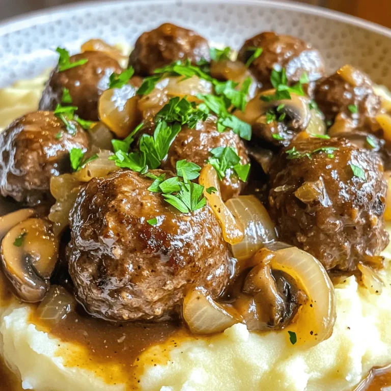 Für die Slow Cooker Salisbury Steak Fleischbällchen benötigen Sie: - 450 g Rinderhackfleisch - 125 g Semmelbrösel - 30 g frisch geriebener Parmesan - 30 g frisch gehackte Petersilie - 1 Ei - 2 Knoblauchzehen, fein gehackt - 1 Teelöffel Zwiebelpulver - Salz und Pfeffer nach Geschmack - 1 Esslöffel Olivenöl - 480 ml Rinderbrühe - 1 Esslöffel Worcestershire-Sauce - 240 g geschnittene Champignons - 1 mittelgroße Zwiebel, in Ringe geschnitten - 2 Esslöffel Speisestärke - 2 Esslöffel Wasser Um die Fleischbällchen perfekt zuzubereiten, brauchen Sie: - Eine große Rührschüssel - Eine große Pfanne - Einen Slow Cooker - Einen Teelöffel und Esslöffel - Eine kleine Schüssel für die Speisestärke Achten Sie darauf, frische Zutaten zu wählen. Frisches Rinderhackfleisch gibt den besten Geschmack. Verwenden Sie frische Kräuter, um die Aromen zu verstärken. Wählen Sie hochwertige Brühe für mehr Tiefe in der Sauce. Wenn Sie die Champignons auswählen, suchen Sie nach festen und prallen Exemplaren. Frisch geriebener Parmesan hebt den Geschmack der Fleischbällchen. Genießen Sie den Kochprozess und lassen Sie sich Zeit! Zuerst nehmen Sie eine große Schüssel. Dort vermengen Sie das Rinderhackfleisch, die Semmelbrösel, den Parmesan, die Petersilie, das Ei, den gehackten Knoblauch, das Zwiebelpulver sowie Salz und Pfeffer. Mischen Sie alles gut, bis eine gleichmäßige Masse entsteht. Formen Sie daraus etwa 12 bis 15 Fleischbällchen. Diese sollten etwa 3,5 cm groß sein. Erhitzen Sie das Olivenöl in einer großen Pfanne bei mittlerer Hitze. Wenn das Öl heiß ist, geben Sie die Fleischbällchen hinein. Braten Sie sie rundherum etwa fünf Minuten an, bis sie schön gebräunt sind. Übertragen Sie die Fleischbällchen in den Slow Cooker. In der gleichen Pfanne fügen Sie die geschnittenen Zwiebeln und Champignons hinzu. Braten Sie das Gemüse drei bis vier Minuten an, bis es weich wird. Gießen Sie die Rinderbrühe und die Worcestershire-Sauce in den Slow Cooker. Legen Sie die angebratenen Zwiebeln und Champignons obenauf. Decken Sie den Slow Cooker ab und garen Sie die Fleischbällchen entweder auf niedriger Stufe für sechs bis acht Stunden oder auf hoher Stufe für drei bis vier Stunden. Sie sind fertig, wenn sie zart und durchgegart sind. Während der letzten 30 Minuten der Garzeit mischen Sie die Speisestärke mit Wasser in einer kleinen Schüssel. Geben Sie die Mischung dann in den Slow Cooker, um die Sauce zu verdicken. Rühren Sie die Fleischbällchen vorsichtig in der Sauce um, bevor Sie sie servieren. Für die vollständige Rezeptanleitung und weitere Details schauen Sie sich das Rezept für Langsame Kochtopf Salisbury Steak Fleischbällchen an. Um perfekte Fleischbällchen zu machen, gibt es einige häufige Fehler, die man vermeiden sollte. - Zu viel drücken: Wenn du die Mischung zu fest drückst, werden die Bällchen hart. - Fleisch nicht kühlen: Lass die geformten Bällchen vor dem Braten im Kühlschrank. Das hilft, ihre Form zu halten. - Hitze nicht kontrollieren: Achte darauf, die Pfanne nicht zu heiß werden zu lassen. So brennen die Bällchen nicht außen an. Die Sauce ist das Herzstück dieses Gerichts. Hier sind einige einfache Tricks, um den Geschmack zu verbessern: - Frische Kräuter: Füge Thymian oder Rosmarin hinzu, um der Sauce mehr Tiefe zu geben. - Rotwein: Ein Schuss Rotwein bringt einen reichen, komplexen Geschmack. - Schärfe: Ein wenig scharfe Sauce oder Paprika kann der Sauce einen spannenden Kick geben. Die Präsentation macht viel aus. Hier sind einige Ideen, um deine Fleischbällchen schön zu servieren: - Auf Kartoffelbrei: Platziere die Fleischbällchen auf einem Bett aus cremigem Kartoffelbrei. - Mit Nudeln: Serviere sie über Eiernudeln für eine herzhafte Mahlzeit. - Frische Garnitur: Streue frische Petersilie über die Fleischbällchen für einen Farbtupfer. Mit diesen Tipps machst du deine Slow Cooker Salisbury Steak Fleischbällchen zu einem echten Highlight. Für das vollständige Rezept, siehe [Full Recipe]. {{image_4}} Wenn Sie glutenfrei essen möchten, ist das kein Problem! Sie können die Semmelbrösel durch glutenfreie Brösel ersetzen. Achten Sie darauf, dass alle anderen Zutaten ebenfalls glutenfrei sind. Die Worcestershire-Sauce kann Gluten enthalten. Suchen Sie nach einer glutenfreien Variante, um die Sauce sicher zu genießen. So bleibt Ihr Gericht lecker und sicher für alle. Für eine vegetarische Version verwenden Sie pflanzliches Hackfleisch. Es gibt viele Marken, die gut schmecken. Tauschen Sie auch die Rinderbrühe gegen Gemüsebrühe aus. Fügen Sie zusätzlich mehr Gemüse wie Karotten oder Paprika hinzu, um den Geschmack zu verstärken. So genießen auch Vegetarier eine köstliche Mahlzeit. Experimentieren Sie mit verschiedenen Gewürzen! Fügen Sie Paprika für etwas Schärfe hinzu oder probieren Sie italienische Kräuter wie Oregano und Basilikum. Für einen asiatischen Twist können Sie Ingwer und Sojasauce verwenden. Die Möglichkeiten sind endlos. So machen Sie Ihr Gericht immer wieder neu und aufregend. Für das vollständige Rezept besuchen Sie die [Full Recipe]. Bewahren Sie die Reste in einem luftdichten Behälter auf. Lassen Sie die Fleischbällchen vor dem Lagern abkühlen. Sie können sie bis zu drei Tage im Kühlschrank aufbewahren. Achten Sie darauf, die Sauce ebenfalls zu speichern, damit die Fleischbällchen saftig bleiben. Um die Fleischbällchen einzufrieren, lassen Sie sie zuerst ganz abkühlen. Legen Sie sie in einen gefrierfesten Behälter oder einen Beutel. Trennen Sie die Schichten mit Backpapier, damit sie nicht zusammenkleben. Sie können sie bis zu drei Monate im Gefrierfach aufbewahren. Beschriften Sie den Behälter mit dem Datum. Zum Aufwärmen nehmen Sie die Fleischbällchen aus dem Kühlschrank oder Gefrierfach. Wenn sie gefroren sind, lassen Sie sie zuerst im Kühlschrank auftauen. Erhitzen Sie sie dann in einem Topf mit etwas Brühe oder Sauce. Das sorgt dafür, dass sie nicht austrocknen. Alternativ können Sie sie auch in der Mikrowelle warm machen. Decken Sie sie dabei mit einem feuchten Tuch ab, um die Feuchtigkeit zu halten. Die Fleischbällchen sind gar, wenn sie zart sind. Bei niedriger Temperatur benötigen sie 6 bis 8 Stunden. Bei hoher Temperatur sind sie in 3 bis 4 Stunden fertig. Überprüfe die Innentemperatur, um sicher zu sein. Sie sollten mindestens 70 Grad Celsius erreichen. Ja, du kannst andere Fleischsorten nutzen. Mageres Schweinefleisch oder Hähnchen sind gute Alternativen. Auch Putenhackfleisch funktioniert gut. Achte darauf, die Mischung gut zu würzen. So erhältst du einen tollen Geschmack. Salisbury Steak Fleischbällchen passen zu vielen Beilagen. Cremiger Kartoffelbrei ist ein Klassiker. Eiernudeln sind ebenfalls lecker. Auch gedünstetes Gemüse ergänzt das Gericht gut. Ein frischer Salat bringt Farbe und Frische auf den Teller. Diese Anleitung deckt alles ab, was Sie für leckere Fleischbällchen brauchen. Wir haben die Zutaten, Tipps zur Zubereitung und Variationen besprochen. Zuverlässige Lagerung und Aufwärm-Tipps helfen Ihnen, Reste sinnvoll zu nutzen. Kochen kann Spaß machen und einfach sein. Viele Fehler sind leicht zu vermeiden, wenn man die richtigen Schritte kennt. Experimentieren Sie mit verschiedenen Zutaten für mehr Geschmack. Genießen Sie Ihre Fleischbällchen und lassen Sie sich inspirieren!