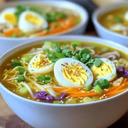 Für eine schmackhafte Eierspeisen Suppe benötigen wir einige einfache Zutaten. Diese Zutaten bilden die Basis für den tollen Geschmack. Hier ist die Liste: - 1 Esslöffel Sesamöl - 450 g gemahlenes Schweinefleisch (oder Truthahn) - 2 Knoblauchzehen, fein gehackt - 1 Teelöffel frischer Ingwer, gerieben - 1 l Hühnerbrühe - 4 Tassen Weißkohl, in feine Streifen geschnitten - 1 Karotte, in Julienne geschnitten - 1 Tasse Champignons, in Scheiben geschnitten - 3 Frühlingszwiebeln, gehackt - 2 Esslöffel Sojasauce - 1 Esslöffel Reisessig - 1 Teelöffel rote Chiliflocken (optional) - Salz und Pfeffer nach Geschmack - Hartgekochte Eier, halbiert (zum Servieren) - Frischer Koriander, grob gehackt (zum Garnieren) Diese Gewürze geben der Suppe den besonderen Kick. Sojasauce fügt umami Geschmack hinzu. Reisessig bringt einen leichten, sauren Kontrast. Knoblauch und Ingwer sorgen für tolle Aromen. Wenn du es scharf magst, sind rote Chiliflocken eine gute Wahl. Falls du ein paar Zutaten nicht hast, gibt es Alternativen. Statt Schweinefleisch kannst du auch Hähnchen oder Tofu verwenden. Gemüse wie Zucchini oder Paprika ersetzen den Kohl gut. Glutenfreie Sojasauce ist eine tolle Option für eine glutenfreie Diät. Für mehr Farbe kannst du grünen und roten Kohl mixen. Wenn du mehr über das Rezept erfahren möchtest, schau dir das [Full Recipe] an. Zuerst benötigen Sie alle Zutaten. Bereiten Sie diese vor, um den Kochprozess zu erleichtern. Schneiden Sie den Weißkohl in feine Streifen. Schneiden Sie die Karotte in dünne Julienne-Streifen. Hacken Sie die Frühlingszwiebeln und die Champignons. Diese Schritte helfen, die Aromen gut zu verbinden. Erhitzen Sie 1 Esslöffel Sesamöl in einem großen Topf. Fügen Sie 450 g gemahlenes Schweinefleisch hinzu und braten Sie es an. Rühren Sie es mit einem Holzlöffel, bis es braun ist. Dies dauert etwa 5-7 Minuten. Geben Sie dann 2 gehackte Knoblauchzehen und 1 Teelöffel geriebenen Ingwer hinzu. Braten Sie diese für 1-2 Minuten an, bis sie duften. Gießen Sie 1 Liter Hühnerbrühe hinein und bringen Sie alles zum Kochen. Fügen Sie das geschnittene Gemüse hinzu und kochen Sie es für 5-7 Minuten, bis es zart ist. Wenn das Gemüse gar ist, rühren Sie die gehackten Frühlingszwiebeln, 2 Esslöffel Sojasauce und 1 Esslöffel Reisessig ein. Schmecken Sie die Suppe mit Salz und Pfeffer ab. Lassen Sie die Suppe weitere 2-3 Minuten köcheln. Servieren Sie die heiße Suppe in Schalen. Fügen Sie eine halbe hartgekochte Eierhälfte pro Portion hinzu. Garnieren Sie die Suppe mit frischem Koriander. Für mehr Geschmack können Sie auch einen Sprinkler Sesam hinzugeben. Genießen Sie die Suppe heiß! Ein häufiger Fehler ist, das Gemüse zu lange zu kochen. Es sollte zart, aber knackig bleiben. Achten Sie darauf, die Brühe sanft zu köcheln, damit die Aromen gut verschmelzen. Verwenden Sie frische Zutaten. Alte oder welkende Gemüse verleihen der Suppe keinen guten Geschmack. Um die Aromen zu verstärken, nutzen Sie frische Kräuter wie Koriander und Frühlingszwiebeln. Fügen Sie mehr Ingwer oder Knoblauch hinzu, wenn Sie es würziger mögen. Ein Spritzer Zitronensaft kann die Geschmäcker aufhellen. Experimentieren Sie mit verschiedenen Sojasaucen für mehr Tiefe. Ein großer Topf ist wichtig für die Suppe. Ein scharfes Messer erleichtert das Schneiden des Gemüses. Verwenden Sie einen Holzlöffel, um das Fleisch gleichmäßig zu braten. Ein Messbecher hilft beim genauen Abmessen der Brühe. Ein Suppenteller oder eine Schüssel sorgt für eine schöne Präsentation. Für das vollständige Rezept, schauen Sie sich die Eierspeisen Suppe an. {{image_4}} Für eine vegetarische oder vegane Variante können wir das Fleisch einfach weglassen. Ersetzen Sie das gemahlene Fleisch mit Tofu oder Tempeh. Beide Optionen geben der Suppe eine gute Textur. Verwenden Sie Gemüsebrühe für den Geschmack. Fügen Sie mehr Gemüse hinzu, wie Paprika oder Zucchini, um die Suppe bunt und nährstoffreich zu machen. Wenn Sie mit verschiedenen Fleischsorten experimentieren möchten, gibt es viele leckere Optionen. Versuchen Sie, Hühnerbrust oder Hackfleisch vom Rind zu verwenden. Beide Sorten geben der Suppe einen anderen Geschmack. Für eine würzigere Note können Sie auch Wurst oder Chorizo hinzufügen. Achten Sie darauf, die Kochzeit anzupassen, damit das Fleisch gut durchgegart ist. Um den Geschmack der Eierspeisen Suppe zu verstärken, können Sie einige zusätzliche Zutaten einfügen. Eine Handvoll Spinat oder Grünkohl sorgt für frische Aromen. Auch ein Spritzer Limettensaft gibt der Suppe einen tollen Kick. Für ein wenig Schärfe sind frische Chilis oder mehr Chiliflocken ideal. Kräuter wie Basilikum oder Minze können ebenfalls eine interessante Note hinzufügen. Diese Variationen machen die Eierspeisen Suppe noch spannender und persönlicher. Entdecken Sie Ihre eigenen Lieblingskombinationen! Für das vollständige Rezept schauen Sie bitte auf die [Full Recipe]. Um die Eierspeisen Suppe frisch zu halten, lasse sie zuerst abkühlen. Fülle die Suppe in einen luftdichten Behälter. Stelle sicher, dass der Behälter gut verschlossen ist. So bleibt die Suppe im Kühlschrank bis zu drei Tage haltbar. Beschrifte den Behälter mit dem Datum, um den Überblick zu behalten. Wenn du die Suppe für später aufbewahren möchtest, friere sie ein. Verwende gefriergeeignete Behälter oder Beutel. Teile die Suppe in Portionen auf, damit du nur das auftauen musst, was du brauchst. Die Eierspeisen Suppe bleibt im Gefrierfach bis zu drei Monate frisch. Vergiss nicht, auch hier das Datum zu notieren. Um die Suppe aufzuwärmen, nimm sie aus dem Kühlschrank oder Gefrierfach. Wenn sie gefroren ist, lass sie zuerst im Kühlschrank auftauen. Erhitze die Suppe in einem Topf bei mittlerer Hitze. Rühre sie häufig um, damit sie gleichmäßig warm wird. Füge bei Bedarf etwas Brühe oder Wasser hinzu, um die Konsistenz zu verbessern. So bleibt der Geschmack frisch und lecker. Die Eierspeisen Suppe ist im Kühlschrank 3 bis 4 Tage haltbar. Achte darauf, die Suppe in einem luftdichten Behälter zu lagern. So bleibt sie frisch und lecker. Ich empfehle, die Suppe vor dem Servieren gut zu erhitzen. Ja, du kannst die Suppe im Voraus zubereiten. Das ist eine tolle Idee, wenn du viel zu tun hast. Bereite die Suppe einfach 1 oder 2 Tage vorher zu. Lass sie abkühlen und stelle sie dann in den Kühlschrank. Vor dem Servieren nur aufwärmen. So sparst du Zeit und hast trotzdem ein schmackhaftes Essen. Das Rezept für Eierspeisen Suppe kommt aus der asiatischen Küche. Es ist inspiriert von traditionellen Eierrezepten und Suppen. Diese Suppe kombiniert gesunde Zutaten wie Gemüse und Fleisch. Das macht sie nahrhaft und lecker. Ich habe das Rezept weiterentwickelt, um es einfacher und schneller zuzubereiten. Du kannst die [Full Recipe] für eine detaillierte Anleitung finden. Die Zutaten für Eierspeisen Suppe bieten viele Möglichkeiten. Wir haben die Hauptzutaten, Gewürze und Alternativen besprochen. Die Schritt-für-Schritt-Anleitung zeigt, wie du diese leckere Suppe einfach kochst. Tipps helfen dir, häufige Fehler zu vermeiden und den Geschmack zu verbessern. Variationen geben dir kreative Ideen für das Rezept. Denke daran, wie du die Suppe lagerst und aufwärmst. Mit diesen Informationen kannst du großartige Eierspeisen Suppe zubereiten und jeden begeistern. Experimentiere und finde deine Lieblingsversion!