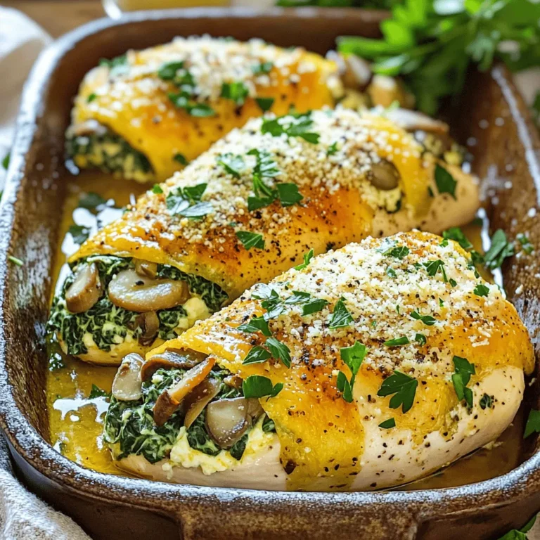 Für dieses Rezept braucht man frische, gesunde Zutaten. Hier sind die Hauptzutaten: - 4 Hähnchenbrustfilets ohne Haut und Knochen - 1 Tasse frische Pilze, fein gehackt (Cremini oder Champignon) - 1 kleine Zwiebel, fein gehackt - 2 Knoblauchzehen, fein gehackt - 1 Tasse frischer Spinat, grob gehackt - ½ Tasse Ricotta-Käse - ½ Tasse geriebener Parmesan-Käse Diese Zutaten machen die Füllung lecker und gesund. Das Hähnchen bleibt saftig und aromatisch. Die richtigen Gewürze machen einen großen Unterschied. Ich benutze: - 1 Teelöffel getrockneter Oregano - 1 Teelöffel getrockneter Thymian - Salz und Pfeffer nach Geschmack - 1 Esslöffel Olivenöl Diese Gewürze bringen den Geschmack der Füllung hervor. Oregano und Thymian passen gut zu Hähnchen und Pilzen. Wenn Sie Abwechslung mögen, können Sie die Zutaten leicht ändern. Hier sind einige Ideen: - Statt Ricotta können Sie Frischkäse verwenden. - Für mehr Geschmack fügen Sie Feta-Käse hinzu. - Verwenden Sie andere Gemüse wie Paprika oder Zucchini in der Füllung. Seien Sie kreativ! Diese Alternativen machen das Gericht interessanter. Für das komplette Rezept schauen Sie sich das [Full Recipe] an. Heize deinen Ofen auf 190°C (375°F) vor. Dies sorgt für eine gleichmäßige Garung des Hähnchens. In einer großen Pfanne erhitze 1 Esslöffel Olivenöl bei mittlerer Hitze. Füge dann 1 kleine fein gehackte Zwiebel und 2 gehackte Knoblauchzehen hinzu. Brate alles 2-3 Minuten lang. Die Zwiebel sollte jetzt glasig sein. Gib 1 Tasse fein gehackte Pilze in die Pfanne. Ich empfehle, Cremini oder Champignon zu verwenden. Brate die Pilze für 5 Minuten, bis sie weich sind. Füge anschließend 1 Tasse grob gehackten Spinat hinzu. Lass den Spinat welken, dann nimm die Pfanne vom Herd und lass die Mischung etwas abkühlen. Nimm 4 Hähnchenbrustfilets ohne Haut und Knochen. Verwende ein scharfes Messer, um jedes Filet vorsichtig horizontal zu schneiden. Achte darauf, eine Tasche zu bilden, aber nicht ganz durchzuschneiden. In einer Schüssel vermenge die abgekühlte Pilzmischung mit ½ Tasse Ricotta-Käse, ½ Tasse geriebenem Parmesan, 1 Teelöffel getrocknetem Oregano, 1 Teelöffel getrocknetem Thymian sowie Salz und Pfeffer. Fülle jede Hähnchentasche großzügig mit der Mischung. Sichern die Öffnungen mit Zahnstochern, wenn nötig. Lege die gefüllten Hähnchenbrustfilets in eine Auflaufform. Würze die Oberseiten mit etwas Salz, Pfeffer und einer Prise Parmesan. Backe die Hähnchen für 25-30 Minuten. Sie sind fertig, wenn sie eine Innentemperatur von 75°C (165°F) erreicht haben. Lass das Hähnchen 5 Minuten ruhen, bevor du es in Scheiben schneidest. Garniere das Gericht mit frisch gehackter Petersilie. Für das vollständige Rezept, schau dir den [Full Recipe] an. Um die Füllung perfekt zu machen, müssen Sie frische Zutaten verwenden. Beginnen Sie mit der Zwiebel und dem Knoblauch. Braten Sie sie in Olivenöl an, bis sie weich sind. Dies dauert nur wenige Minuten. Fügen Sie dann die Pilze hinzu. Sie brauchen etwa fünf Minuten, um weich zu werden. Danach kommt der Spinat dazu. Kochen Sie alles, bis der Spinat welkt. Lassen Sie die Mischung etwas abkühlen, bevor Sie den Käse hinzufügen. Ricotta und Parmesan verleihen der Füllung Geschmack und Cremigkeit. Mischen Sie alles gut. Achten Sie darauf, die Gewürze gut einzubringen, damit jeder Bissen würzig schmeckt. Das Schneiden der Hähnchenbrust ist wichtig für die Füllung. Nehmen Sie ein scharfes Messer. Halten Sie das Hähnchenbrustfilet fest. Schneiden Sie es horizontal, aber nicht ganz durch. Lassen Sie eine kleine Kante, damit die Füllung nicht herausfällt. Diese Tasche hilft, die Füllung gut zu halten. Wenn Sie das Hähnchen richtig vorbereiten, wird es saftig und lecker. Würzen ist der Schlüssel zu jedem Gericht. Streuen Sie etwas Salz und Pfeffer auf die Oberseite der gefüllten Hähnchenbrust. Fügen Sie eine Prise Parmesan hinzu, um eine schöne Kruste zu bekommen. Nach dem Backen lassen Sie das Hähnchen fünf Minuten ruhen. So bleibt der Saft im Fleisch. Schneiden Sie dann die Hähnchenbrust in Scheiben. Garnieren Sie das Gericht mit frischer Petersilie. Das sieht toll aus und schmeckt noch besser. Für mehr Details, siehe das Full Recipe. {{image_4}} Wenn Sie eine vegetarische Option suchen, können Sie das Hähnchen ganz weglassen. Stattdessen nehmen Sie große Portobello-Pilze. Diese Pilze sind perfekt zum Füllen. Sie haben einen tiefen, herzhaften Geschmack. Füllen Sie sie mit der gleichen Mischung aus Spinat, Ricotta und Parmesan. Backen Sie die gefüllten Portobello-Pilze bei 190°C für 20 Minuten. So einfach ist es, ein leckeres vegetarisches Gericht zu kreieren! Die Füllung ist sehr anpassbar. Sie können verschiedene Zutaten verwenden, um neue Geschmäcker zu entdecken. Zum Beispiel können Sie Feta-Käse und getrocknete Tomaten hinzufügen. Das bringt eine mediterrane Note in das Gericht. Auch eine Mischung aus verschiedenen Käsesorten wäre lecker. Sie können Gouda oder Mozzarella verwenden. Experimentieren Sie mit frischen Kräutern wie Basilikum oder Schnittlauch, um die Aromen zu variieren. Zu gefüllter Hähnchenbrust passen viele Beilagen. Ein frischer grüner Salat ist immer eine gute Wahl. Er bringt Frische und Farbe auf den Tisch. Auch gebratene Zucchini oder Karotten ergänzen das Gericht gut. Wenn Sie etwas Herzhaftes wollen, servieren Sie Quinoa oder braunen Reis. Diese Beilagen sind gesund und nahrhaft. Sie runden das Gericht perfekt ab und machen es zu einer vollständigen Mahlzeit. Nach dem Genuss der gesunden Pilzgefüllten Hähnchenbrust können Reste leicht aufbewahrt werden. Lassen Sie die Hähnchenbrust zuerst auf Raumtemperatur abkühlen. Wickeln Sie sie dann fest in Frischhaltefolie oder legen Sie sie in einen luftdichten Behälter. So bleibt das Hähnchen frisch. Lagern Sie es im Kühlschrank. Dort hält es sich etwa 3 bis 4 Tage. Wenn Sie mehr Hähnchen vorbereiten, können Sie die gefüllte Hähnchenbrust einfrieren. Wickeln Sie die abgekühlten Stücke gut in Frischhaltefolie und dann in Alufolie. So schützen Sie das Hähnchen vor Frostbrand. Im Gefrierschrank hält es bis zu 3 Monate. Denken Sie daran, es vor dem Essen über Nacht im Kühlschrank auftauen zu lassen. Um die gefüllte Hähnchenbrust aufzuwärmen, heizen Sie Ihren Ofen auf 175°C vor. Legen Sie die Hähnchenbrust in eine Auflaufform. Bedecken Sie sie mit Folie, um das Austrocknen zu verhindern. Erwärmen Sie das Hähnchen etwa 15 bis 20 Minuten, bis es heiß ist. Alternativ können Sie die Reste in der Mikrowelle aufwärmen. Achten Sie darauf, dass die Innentemperatur 75°C erreicht, um sicherzustellen, dass das Hähnchen gut durch ist. Um gefüllte Hähnchenbrust zu machen, benötigst du frische Zutaten. Zuerst heizt du den Ofen auf 190°C vor. Dann bereitest du die Füllung vor. Brate Zwiebeln und Knoblauch in Olivenöl an. Füge dann die Pilze und den Spinat hinzu. Mische alles mit Ricotta und Parmesan. Schneide die Hähnchenbrustfilets vorsichtig auf, um Taschen zu bilden. Fülle sie mit der Mischung. Backe die gefüllte Hähnchenbrust für 25-30 Minuten. Sie sollte gut durchgegart sein. Wenn du keinen Ricotta hast, kannst du andere Käsesorten verwenden. Frischkäse ist eine gute Wahl. Auch Mozzarella gibt einen tollen Geschmack. Du kannst sogar Hüttenkäse nehmen, wenn du es magerer magst. Achte darauf, dass der Käse gut schmilzt und die Füllung cremig bleibt. Ja, du kannst gefüllte Hähnchenbrust im Voraus machen. Bereite die Füllung und fülle die Hähnchenbrust. Lege sie in den Kühlschrank. Du kannst sie bis zu 24 Stunden im Voraus zubereiten. Am nächsten Tag backst du sie einfach. Achte darauf, die Backzeit eventuell etwas zu verlängern, falls sie kalt ist. So sparst du Zeit beim Kochen. Für das gesamte Rezept kannst du den [Full Recipe] ansehen. Fazit: Gefüllte Hähnchenbrust ist einfach und lecker. Du hast die Hauptzutaten, Tipps und Variationen gelernt. Experimentiere mit Füllungen und genieße neue Aromen. Reste sind praktisch und können gut aufbewahrt werden. Probiere verschiedene Beilagen aus und passe das Gericht deinem Geschmack an. Erstklassige Zubereitung wird dir immer gelingen. Viel Spaß beim Kochen!
