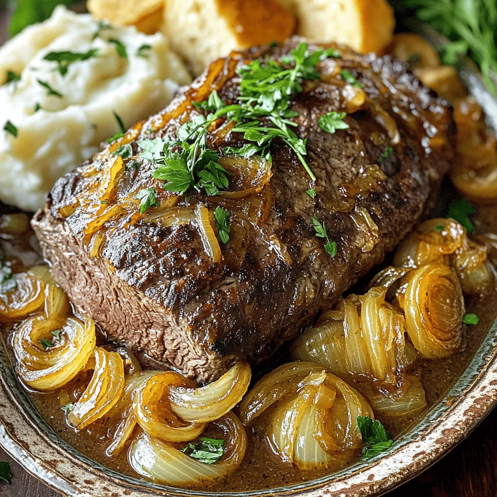 - 1,5 bis 1,8 kg Rinderschmortopf (Chuck Roast) - 3 große gelbe Zwiebeln, in dünne Scheiben geschnitten - 4 Knoblauchzehen, fein gehackt Die Hauptzutaten sind einfach. Der Rinderschmortopf ist perfekt für das langsame Garen. Er wird zart und saftig. Die Zwiebeln bringen eine süße Tiefe. Knoblauch fügt einen tollen Geschmack hinzu, der das Gericht hebt. - 1 Liter Rinderbrühe - 2 Esslöffel Sojasauce - 2 Esslöffel Balsamico-Essig Die Rinderbrühe gibt dem Gericht einen herzhaften Geschmack. Sojasauce bringt Umami und Tiefe. Balsamico-Essig fügt eine süße Säure hinzu. Diese Flüssigkeiten verbinden sich gut und verbessern die Aromen. - Frische Petersilie, gehackt - Salz und Pfeffer nach Geschmack Petersilie bringt Farbe auf den Teller. Salz und Pfeffer sind wichtig, um die Aromen zu verstärken. Ohne sie schmeckt das Gericht flach. Achten Sie darauf, die Garnierung frisch zu halten. Die Zutaten sind der Schlüssel zu einem gelungenen Gericht. Sie bringen Geschmack und Farbe. Sie können das Rezept auch anpassen, aber die Basis bleibt gleich. Für das volle Rezept schauen Sie sich den [Full Recipe] an. Heizen Sie Ihren Ofen auf 165°C (325°F) vor. Dies sorgt dafür, dass Ihr Rinderschmortopf gleichmäßig gart. Nehmen Sie den Rinderschmortopf und würzen Sie ihn mit Salz und Pfeffer. Schneiden Sie nun die Zwiebeln in dünne Scheiben. Hacken Sie die Knoblauchzehen fein. Diese Schritte sind wichtig für den vollen Geschmack. Erhitzen Sie in einem großen Schmortopf das Olivenöl bei mittelhoher Hitze. Geben Sie den Rinderschmortopf hinein und braten Sie ihn von allen Seiten an, bis er schön gebräunt ist. Das dauert etwa 4–5 Minuten. Nehmen Sie den Braten aus dem Topf und legen Sie ihn beiseite. Fügen Sie die geschnittenen Zwiebeln in den gleichen Topf hinzu. Braten Sie sie etwa 10–12 Minuten lang, bis sie karamellisiert und goldbraun sind. Geben Sie den Knoblauch hinzu und braten Sie ihn für weitere 1–2 Minuten. Gießen Sie die Rinderbrühe in den Topf. Kratzen Sie den Boden ab, um die leckeren Bratstücke zu lösen. Fügen Sie dann die Sojasauce, den Balsamico-Essig und die Worcestershire-Sauce hinzu. Legen Sie den Braten zurück in den Topf. Streuen Sie den getrockneten Thymian, Rosmarin und das Lorbeerblatt darüber. Achten Sie darauf, dass die Flüssigkeit mindestens zur Hälfte des Bratens reicht. Decken Sie den Topf ab und geben Sie ihn in den vorgeheizten Ofen. Lassen Sie alles 3 bis 4 Stunden garen, bis der Braten zart ist. Für das vollständige Rezept schauen Sie sich bitte die [Full Recipe] an. Für einen zarten Rinderschmortopf ist die Zeitplanung wichtig. Beginnen Sie früh, damit das Gericht genug Zeit hat, um zu garen. Eine Garzeit von 3 bis 4 Stunden bei 165°C (325°F) ist ideal. Verwenden Sie ein Fleischthermometer, um sicherzustellen, dass das Fleisch die perfekte Temperatur erreicht hat. Die Innentemperatur sollte etwa 90°C (195°F) betragen. So wird das Fleisch zart und saftig. Jeder hat andere Geschmäcker. Passen Sie die Gewürze nach Ihrem Wunsch an. Sie können mehr Pfeffer oder andere Kräuter wie Oregano hinzufügen. Maisstärke ist ein tolles Verdickungsmittel für die Sauce. Mischen Sie einfach etwas Maisstärke mit Wasser und rühren Sie es in die Sauce ein. Lassen Sie es einige Minuten kochen, bis die Sauce dick wird. Die Präsentation macht viel aus. Servieren Sie den Rinderschmortopf auf einer großen Platte. Legen Sie die zarten Fleischstücke darauf und verteilen Sie die karamellisierten Zwiebeln und die Brühe darüber. Garnieren Sie das Gericht mit frischer Petersilie. Dies gibt dem Essen Farbe und einen frischen Geschmack. Für einen schönen Tisch können Sie auch frisches Brot oder cremiges Kartoffelpüree dazu legen. So können alle die leckeren Säfte aufwischen. {{image_4}} Für eine vegetarische Version nutzen Sie Gemüsebrühe und Tofuwürfel. Die Brühe gibt Geschmack, während der Tofu die Textur ergänzt. Schneiden Sie das Gemüse in kleine Stücke und braten Sie es an. Die Zwiebeln karamellisieren Sie wie im Originalrezept. Fügen Sie dann die Brühe und den Tofu hinzu und lassen Sie alles sanft köcheln. So erhalten Sie ein herzhaftes und schmackhaftes Gericht. Möchten Sie einen mediterranen Touch? Fügen Sie zusätzliche Kräuter wie Basilikum oder Oregano hinzu. Diese Kräuter bringen frische Aromen ins Gericht. Geben Sie sie einfach zusammen mit den anderen Gewürzen in den Topf. Der Geschmack wird dadurch lebendiger und aromatischer. Sie werden den Unterschied sofort schmecken. Sie können auch Hähnchen oder Schweinefleisch verwenden. Passen Sie die Garzeit an, da diese Fleischsorten schneller garen. Hähnchen sollte etwa 1,5 bis 2 Stunden kochen. Bei Schweinefleisch sind 2 bis 3 Stunden ideal. Achten Sie darauf, die gleiche Würze und die Brühe zu verwenden. So bleibt das Gericht lecker und saftig. Bewahren Sie Reste vom herzhaften Zwiebel-Rinderschmortopf im Kühlschrank auf. Lassen Sie das Gericht zuerst abkühlen. Füllen Sie es dann in einen luftdichten Behälter. So bleibt der Geschmack erhalten. Sie können die Reste bis zu drei Tage im Kühlschrank lagern. Um Portionen einzufrieren, teilen Sie den Schmortopf in kleinere Behälter auf. Achten Sie darauf, dass die Behälter für das Einfrieren geeignet sind. Sie können den Rinderschmortopf bis zu drei Monate einfrieren. Beschriften Sie die Behälter mit dem Datum. Das hilft Ihnen, die Haltbarkeit zu verfolgen. Um den Zwiebel-Rinderschmortopf wieder aufzuwärmen, nehmen Sie ihn aus dem Kühlschrank oder Gefrierschrank. Lassen Sie ihn zuerst auf Raumtemperatur kommen. Erhitzen Sie ihn dann in einem Topf bei mittlerer Hitze. Fügen Sie etwas Brühe oder Wasser hinzu, um die Feuchtigkeit zu erhalten. Rühren Sie häufig um, bis er durchgehend warm ist. So bleibt das Gericht saftig und lecker. Die Zubereitung dauert etwa 4 Stunden und 30 Minuten. Die Vorbereitungszeit ist 20 Minuten. Die Kochzeit im Ofen beträgt 3 bis 4 Stunden. In dieser Zeit wird der Rinderschmortopf zart und voll im Geschmack. Ja, Sie können den Rinderschmortopf im Slow Cooker zubereiten. Reduzieren Sie die Flüssigkeit um etwa ein Viertel. Braten Sie das Fleisch und die Zwiebeln zuerst an, bevor Sie sie in den Slow Cooker geben. Kochen Sie dann auf niedriger Stufe für 6 bis 8 Stunden. So bleibt das Fleisch zart und saftig. Zu diesem Gericht passen viele Beilagen. Hier einige Vorschläge: - Cremiges Kartoffelpüree: Es saugt die leckeren Säfte auf. - Frisches Brot: Ideal, um die Brühe zu genießen. - Gedünstetes Gemüse: Zum Ausgleich der Aromen. - Ein einfacher grüner Salat: Für frische und leichte Noten. Wenn Sie Getränke suchen, probieren Sie einen kräftigen Rotwein. In diesem Blogbeitrag haben wir das Rezept für einen herzhaften Rinderschmortopf behandelt. Wir haben die Hauptzutaten wie Rindfleisch, Zwiebeln und Gewürze beschrieben. Außerdem haben wir die Schritte von der Vorbereitung bis zum Servieren erklärt. Denke daran, deine Gewürze anzupassen und die Garzeiten im Blick zu behalten. Mit diesen Tipps kannst du dein Gericht perfekt zubereiten oder sogar variieren. Jetzt liegt es an dir, diesen köstlichen Eintopf selbst auszuprobieren und zu genießen!