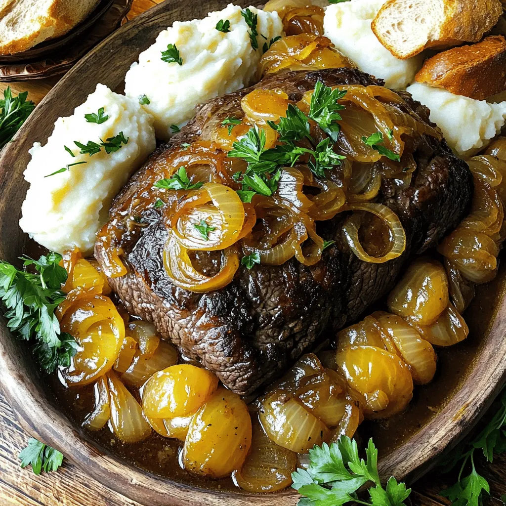 - 1,5 bis 1,8 kg Rinderschmortopf (Chuck Roast) - 3 große gelbe Zwiebeln, in dünne Scheiben geschnitten - 4 Knoblauchzehen, fein gehackt Die Hauptzutaten sind einfach. Der Rinderschmortopf ist perfekt für das langsame Garen. Er wird zart und saftig. Die Zwiebeln bringen eine süße Tiefe. Knoblauch fügt einen tollen Geschmack hinzu, der das Gericht hebt. - 1 Liter Rinderbrühe - 2 Esslöffel Sojasauce - 2 Esslöffel Balsamico-Essig Die Rinderbrühe gibt dem Gericht einen herzhaften Geschmack. Sojasauce bringt Umami und Tiefe. Balsamico-Essig fügt eine süße Säure hinzu. Diese Flüssigkeiten verbinden sich gut und verbessern die Aromen. - Frische Petersilie, gehackt - Salz und Pfeffer nach Geschmack Petersilie bringt Farbe auf den Teller. Salz und Pfeffer sind wichtig, um die Aromen zu verstärken. Ohne sie schmeckt das Gericht flach. Achten Sie darauf, die Garnierung frisch zu halten. Die Zutaten sind der Schlüssel zu einem gelungenen Gericht. Sie bringen Geschmack und Farbe. Sie können das Rezept auch anpassen, aber die Basis bleibt gleich. Für das volle Rezept schauen Sie sich den [Full Recipe] an. Heizen Sie Ihren Ofen auf 165°C (325°F) vor. Dies sorgt dafür, dass Ihr Rinderschmortopf gleichmäßig gart. Nehmen Sie den Rinderschmortopf und würzen Sie ihn mit Salz und Pfeffer. Schneiden Sie nun die Zwiebeln in dünne Scheiben. Hacken Sie die Knoblauchzehen fein. Diese Schritte sind wichtig für den vollen Geschmack. Erhitzen Sie in einem großen Schmortopf das Olivenöl bei mittelhoher Hitze. Geben Sie den Rinderschmortopf hinein und braten Sie ihn von allen Seiten an, bis er schön gebräunt ist. Das dauert etwa 4–5 Minuten. Nehmen Sie den Braten aus dem Topf und legen Sie ihn beiseite. Fügen Sie die geschnittenen Zwiebeln in den gleichen Topf hinzu. Braten Sie sie etwa 10–12 Minuten lang, bis sie karamellisiert und goldbraun sind. Geben Sie den Knoblauch hinzu und braten Sie ihn für weitere 1–2 Minuten. Gießen Sie die Rinderbrühe in den Topf. Kratzen Sie den Boden ab, um die leckeren Bratstücke zu lösen. Fügen Sie dann die Sojasauce, den Balsamico-Essig und die Worcestershire-Sauce hinzu. Legen Sie den Braten zurück in den Topf. Streuen Sie den getrockneten Thymian, Rosmarin und das Lorbeerblatt darüber. Achten Sie darauf, dass die Flüssigkeit mindestens zur Hälfte des Bratens reicht. Decken Sie den Topf ab und geben Sie ihn in den vorgeheizten Ofen. Lassen Sie alles 3 bis 4 Stunden garen, bis der Braten zart ist. Für das vollständige Rezept schauen Sie sich bitte die [Full Recipe] an. Für einen zarten Rinderschmortopf ist die Zeitplanung wichtig. Beginnen Sie früh, damit das Gericht genug Zeit hat, um zu garen. Eine Garzeit von 3 bis 4 Stunden bei 165°C (325°F) ist ideal. Verwenden Sie ein Fleischthermometer, um sicherzustellen, dass das Fleisch die perfekte Temperatur erreicht hat. Die Innentemperatur sollte etwa 90°C (195°F) betragen. So wird das Fleisch zart und saftig. Jeder hat andere Geschmäcker. Passen Sie die Gewürze nach Ihrem Wunsch an. Sie können mehr Pfeffer oder andere Kräuter wie Oregano hinzufügen. Maisstärke ist ein tolles Verdickungsmittel für die Sauce. Mischen Sie einfach etwas Maisstärke mit Wasser und rühren Sie es in die Sauce ein. Lassen Sie es einige Minuten kochen, bis die Sauce dick wird. Die Präsentation macht viel aus. Servieren Sie den Rinderschmortopf auf einer großen Platte. Legen Sie die zarten Fleischstücke darauf und verteilen Sie die karamellisierten Zwiebeln und die Brühe darüber. Garnieren Sie das Gericht mit frischer Petersilie. Dies gibt dem Essen Farbe und einen frischen Geschmack. Für einen schönen Tisch können Sie auch frisches Brot oder cremiges Kartoffelpüree dazu legen. So können alle die leckeren Säfte aufwischen. {{image_4}} Für eine vegetarische Version nutzen Sie Gemüsebrühe und Tofuwürfel. Die Brühe gibt Geschmack, während der Tofu die Textur ergänzt. Schneiden Sie das Gemüse in kleine Stücke und braten Sie es an. Die Zwiebeln karamellisieren Sie wie im Originalrezept. Fügen Sie dann die Brühe und den Tofu hinzu und lassen Sie alles sanft köcheln. So erhalten Sie ein herzhaftes und schmackhaftes Gericht. Möchten Sie einen mediterranen Touch? Fügen Sie zusätzliche Kräuter wie Basilikum oder Oregano hinzu. Diese Kräuter bringen frische Aromen ins Gericht. Geben Sie sie einfach zusammen mit den anderen Gewürzen in den Topf. Der Geschmack wird dadurch lebendiger und aromatischer. Sie werden den Unterschied sofort schmecken. Sie können auch Hähnchen oder Schweinefleisch verwenden. Passen Sie die Garzeit an, da diese Fleischsorten schneller garen. Hähnchen sollte etwa 1,5 bis 2 Stunden kochen. Bei Schweinefleisch sind 2 bis 3 Stunden ideal. Achten Sie darauf, die gleiche Würze und die Brühe zu verwenden. So bleibt das Gericht lecker und saftig. Bewahren Sie Reste vom herzhaften Zwiebel-Rinderschmortopf im Kühlschrank auf. Lassen Sie das Gericht zuerst abkühlen. Füllen Sie es dann in einen luftdichten Behälter. So bleibt der Geschmack erhalten. Sie können die Reste bis zu drei Tage im Kühlschrank lagern. Um Portionen einzufrieren, teilen Sie den Schmortopf in kleinere Behälter auf. Achten Sie darauf, dass die Behälter für das Einfrieren geeignet sind. Sie können den Rinderschmortopf bis zu drei Monate einfrieren. Beschriften Sie die Behälter mit dem Datum. Das hilft Ihnen, die Haltbarkeit zu verfolgen. Um den Zwiebel-Rinderschmortopf wieder aufzuwärmen, nehmen Sie ihn aus dem Kühlschrank oder Gefrierschrank. Lassen Sie ihn zuerst auf Raumtemperatur kommen. Erhitzen Sie ihn dann in einem Topf bei mittlerer Hitze. Fügen Sie etwas Brühe oder Wasser hinzu, um die Feuchtigkeit zu erhalten. Rühren Sie häufig um, bis er durchgehend warm ist. So bleibt das Gericht saftig und lecker. Die Zubereitung dauert etwa 4 Stunden und 30 Minuten. Die Vorbereitungszeit ist 20 Minuten. Die Kochzeit im Ofen beträgt 3 bis 4 Stunden. In dieser Zeit wird der Rinderschmortopf zart und voll im Geschmack. Ja, Sie können den Rinderschmortopf im Slow Cooker zubereiten. Reduzieren Sie die Flüssigkeit um etwa ein Viertel. Braten Sie das Fleisch und die Zwiebeln zuerst an, bevor Sie sie in den Slow Cooker geben. Kochen Sie dann auf niedriger Stufe für 6 bis 8 Stunden. So bleibt das Fleisch zart und saftig. Zu diesem Gericht passen viele Beilagen. Hier einige Vorschläge: - Cremiges Kartoffelpüree: Es saugt die leckeren Säfte auf. - Frisches Brot: Ideal, um die Brühe zu genießen. - Gedünstetes Gemüse: Zum Ausgleich der Aromen. - Ein einfacher grüner Salat: Für frische und leichte Noten. Wenn Sie Getränke suchen, probieren Sie einen kräftigen Rotwein. In diesem Blogbeitrag haben wir das Rezept für einen herzhaften Rinderschmortopf behandelt. Wir haben die Hauptzutaten wie Rindfleisch, Zwiebeln und Gewürze beschrieben. Außerdem haben wir die Schritte von der Vorbereitung bis zum Servieren erklärt. Denke daran, deine Gewürze anzupassen und die Garzeiten im Blick zu behalten. Mit diesen Tipps kannst du dein Gericht perfekt zubereiten oder sogar variieren. Jetzt liegt es an dir, diesen köstlichen Eintopf selbst auszuprobieren und zu genießen!