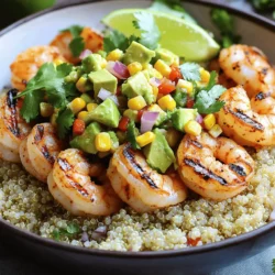 Grilled Shrimp Bowl with Avocado Corn Salsa Rezept 3 - 450 g große Garnelen, geschält und entdarmt - 2 Esslöffel Olivenöl - 1 Teelöffel Knoblauchpulver - 1 Teelöffel geräuchertes Paprika - Salz und Pfeffer nach Geschmack - 1 Avocado, gewürfelt - 1 Tasse süßer Mais (frisch oder aus der Dose) - 1/2 rote Paprika, gewürfelt - 1/4 rote Zwiebel, fein gehackt - 2 Esslöffel frischer Koriander, gehackt - Saft von 1 Limette Wenn Sie Garnelen kaufen, achten Sie auf die Farbe. Frische Garnelen sind rosa und glänzend. Sie sollten nicht unangenehm riechen. Die Avocado sollte leicht weich sein, aber nicht matschig. Wählen Sie Mais, der süß und knusprig ist. Frische Kräuter wie Koriander müssen grün und lebendig aussehen. Für die Paprika und Zwiebel sind feste und glatte Schalen ideal. Vermeiden Sie Druckstellen oder Flecken. Diese Tipps helfen Ihnen, die besten Zutaten für Ihre Bowl auszuwählen. So wird Ihr Gericht noch leckerer! Wenn Sie mehr über den gesamten Kochprozess erfahren möchten, schauen Sie sich das Full Recipe an. Zuerst marinieren wir die Garnelen. Nehmen Sie eine große Schüssel. Geben Sie die Garnelen hinein. Fügen Sie das Olivenöl, Knoblauchpulver, geräuchertes Paprika, Salz und Pfeffer hinzu. Mischen Sie alles gut. Stellen Sie sicher, dass jede Garnele gut mit der Marinade bedeckt ist. Lassen Sie die Garnelen etwa 15 Minuten ruhen. So ziehen die Aromen gut ein. Jetzt machen wir die Avocado-Korn-Salsa. Nehmen Sie eine separate Schüssel. Fügen Sie die gewürfelte Avocado, den süßen Mais, die rote Paprika, die rote Zwiebel und den Koriander hinzu. Pressen Sie den Limettensaft darüber. Mischen Sie alles vorsichtig. Sehen Sie, dass die Avocado nicht zerdrückt wird. Schmecken Sie die Salsa ab und fügen Sie nach Belieben Salz hinzu. Lassen Sie die Salsa beiseite. Heizen Sie den Grill oder eine Grillpfanne auf mittelhohe Hitze vor. Nehmen Sie die marinierten Garnelen. Stecken Sie sie auf Spieße. Wenn Sie Holzspieße benutzen, weichen Sie diese vorher 30 Minuten in Wasser ein. So brennen sie nicht an. Grillen Sie die Garnelen für 2 bis 3 Minuten auf jeder Seite. Sie sind fertig, wenn sie rosa und undurchsichtig sind. Jetzt richten wir die Bowl an. Nehmen Sie Schalen. Geben Sie eine Portion gekochten Quinoa in jede Schale. Platzieren Sie die gegrillten Garnelen darauf. Fügen Sie dann eine großzügige Portion der Avocado-Korn-Salsa hinzu. Für den letzten Schliff können Sie die Bowl mit frischem Koriander garnieren. Legen Sie einen Limettenkeil an die Seite der Bowl. So bekommt das Gericht einen frischen Akzent und sieht toll aus! Ein häufiger Fehler ist, die Garnelen zu lange zu marinieren. 15 Minuten reichen aus. Längeres Marinieren kann die Garnelen zäh machen. Ein weiterer Fehler ist, die Grilltemperatur zu niedrig einzustellen. Hohe Hitze sorgt für eine schöne Grillmarkierung und den perfekten Geschmack. Achte darauf, die Garnelen nicht zu übergrillen. Sie sollten rosa und undurchsichtig sein, aber nicht gummiartig. Um die besten Ergebnisse zu erzielen, nutze einen Grill oder eine Grillpfanne. Vor dem Grillen sollte der Grill heiß sein. Du kannst die Garnelen auch auf Spieße stecken. Das macht das Wenden einfacher. Wenn du Holzspieße verwendest, weiche sie vorher in Wasser ein. Das verhindert, dass sie verbrennen. Grill die Garnelen 2-3 Minuten auf jeder Seite. So bleiben sie saftig und zart. Die Avocado-Korn-Salsa ist vielseitig. Du kannst sie nach deinem Geschmack anpassen. Füge zum Beispiel schwarze Bohnen für mehr Protein hinzu. Eine gehackte Jalapeño bringt Schärfe. Du kannst auch Mango oder Ananas für eine fruchtige Note verwenden. Experimentiere mit frischen Kräutern wie Petersilie oder Minze. So erhält die Salsa einen neuen Twist. Probiere auch verschiedene Zitrusfrüchte wie Orange oder Grapefruit im Dressing. {{image_4}} Wenn du eine vegetarische Version dieser Bowl machen möchtest, ersetze die Garnelen. Du kannst stattdessen gegrillte Zucchini oder Auberginen verwenden. Diese Gemüse sind herzhaft und lecker. Du kannst sie mit den gleichen Gewürzen marinieren. Das gibt dem Gemüse tollen Geschmack und macht es saftig. Wenn du eine Low-Carb-Option suchst, lasse den Quinoa weg. Stattdessen kannst du Blumenkohlreis verwenden. Blumenkohlreis hat wenig Kohlenhydrate und ist eine tolle Basis für die Bowl. Du kannst ihn einfach in einer Pfanne anbraten oder dampfen. Das gibt dir eine leichte und schmackhafte Alternative. Du kannst die Gewürze nach deinem Geschmack anpassen. Wenn du es schärfer magst, füge etwas Cayennepfeffer hinzu. Für mehr Frische kannst du Limettenschale in die Salsa geben. Experimentiere mit verschiedenen Kräutern wie Dill oder Petersilie. So findest du deine perfekte Mischung und machst das Gericht noch spannender. Für eine vollständige Anleitung zu den Zutaten und Zubereitung, schaue dir das Full Recipe an. Um die restlichen Zutaten frisch zu halten, sollten Sie sie richtig lagern. Legen Sie die gegrillten Garnelen in einen luftdichten Behälter. Kühlen Sie sie sofort im Kühlschrank. So bleiben sie ungefähr 2 bis 3 Tage genießbar. Bewahren Sie die Avocado-Korn-Salsa separat auf. Sie bleibt so länger frisch und vermeidet Verfärbungen. Quinoa können Sie in einem luftdichten Behälter aufbewahren. Stellen Sie sicher, dass sie gut abgekühlt ist. So bleibt sie bis zu einer Woche frisch. Wenn Sie die Salsa lagern, decken Sie sie gut ab. Fügen Sie etwas Limettensaft hinzu, um die Farbe der Avocado zu bewahren. Dies hilft, Oxidation zu verhindern. Verwenden Sie die Reste der Garnelen in einem Salat oder Wrap. Sie verleihen jedem Gericht einen tollen Geschmack. Die Salsa passt hervorragend zu Tortilla-Chips oder als Topping auf Tacos. Quinoa können Sie in einer Suppe oder als Beilage zu anderen Gerichten verwenden. Diese Ideen helfen Ihnen, nichts wegzuwerfen und köstliche Mahlzeiten zu genießen. Garnelen brauchen nur 2-3 Minuten auf jeder Seite. Sie sind fertig, wenn sie rosa und undurchsichtig sind. Übergrillen kann sie hart machen. Achte darauf, die Garnelen im Blick zu behalten, während sie grillen. Die Zeit kann je nach Grilltemperatur variieren. Ja, gefrorene Garnelen sind in Ordnung. Achte darauf, sie vorher gut aufzutauen. Leg die Garnelen über Nacht in den Kühlschrank oder tau sie unter kaltem Wasser auf. So bleiben sie saftig und zart. Gefrorene Garnelen können auch einen guten Geschmack haben, wenn sie frisch zubereitet werden. Um die salsa pikant zu machen, füge einen kleinen gehackten Jalapeño hinzu. Du kannst auch etwas Cayennepfeffer oder scharfe Soße verwenden. Beginne mit einer kleinen Menge und taste dich an deinen bevorzugten Schärfegrad heran. So kannst du den perfekten Geschmack finden. Quinoa ist sehr gesund. Es ist reich an Proteinen und Ballaststoffen. Um Quinoa gut zuzubereiten, spüle es zuerst unter kaltem Wasser ab. Koche es dann in der doppelten Menge Wasser für etwa 15 Minuten. Lass es nach dem Kochen einige Minuten ruhen, damit es fluffig wird. Quinoa passt gut zu vielen Gerichten. Du kannst es auch in Salaten oder als Beilage verwenden. Diese Anleitung zeigte dir, wie du eine leckere Garnelen- und Avocado-Korn-Bowl zubereitest. Du hast gelernt, frische Zutaten auszuwählen und sie schrittweise zuzubereiten. Tipps halfen dir, Fehler zu vermeiden und die besten Grillmethoden zu nutzen. Denke auch an Varianten und Lagerung der Reste. Nutze die FAQs für schnelle Antworten. Mit diesem Wissen kannst du einfach gesunde und schmackhafte Gerichte kreieren. Probiere es aus und genieße deine neuen Kochkünste!