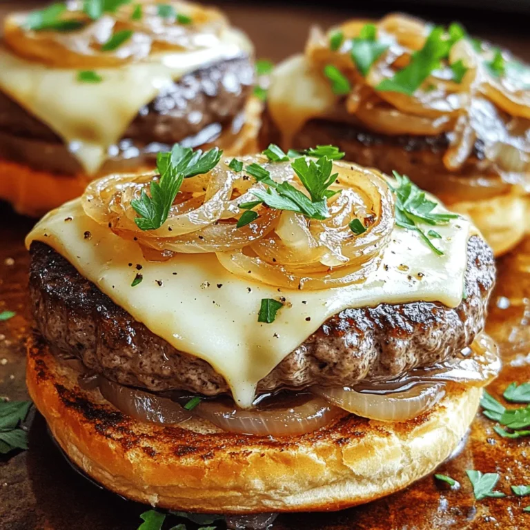 Für die Französischen Zwiebelsuppen-Burger braucht man: - 450 g Rinderhackfleisch - 1 große Zwiebel, dünn geschnitten - 1 Esslöffel Olivenöl - 500 ml Rinderbrühe - 1 Esslöffel Butter - 1 Teelöffel Zucker - 1 Teelöffel frischer oder getrockneter Thymian - Salz und Pfeffer nach Geschmack - 4 Scheiben Schweizer Käse - 4 Burger-Brötchen, geröstet - Frische Petersilie zum Garnieren (optional) Diese Zutaten machen den Burger saftig und aromatisch. Das Rinderhackfleisch gibt dem Burger die Basis. Die Zwiebeln geben den süßen und herzhaften Geschmack. Der Käse sorgt für eine cremige Textur. Neben den Hauptzutaten benötigt man ein paar zusätzliche Dinge, um die Aromen zu verstärken. Dazu gehören: - Ein Spritzer Worcestersauce (optional) - Knoblauchpulver für mehr Geschmack - Senf für einen kleinen Kick Diese Zutaten sind nicht zwingend nötig, aber sie bringen den Burger auf ein neues Level. Ein Spritzer Worcestersauce kann die Brühe intensivieren. Knoblauchpulver und Senf geben dem Burger eine interessante Note. Wenn du die besten Zutaten auswählst, beachte Folgendes: - Wähle frische Zwiebeln. Sie sollten fest und ohne dunkle Flecken sein. - Nutze hochwertiges Rinderhackfleisch. Mageres Fleisch gibt einen saftigen Burger. - Kaufe frischen Schweizer Käse. Achte auf die Qualität, um den besten Geschmack zu erzielen. Wenn du diese Tipps befolgst, wird dein Burger noch besser. Frische Zutaten machen den Unterschied. Du kannst das gesamte Rezept unter [Full Recipe] finden. Zuerst erhitze ich Olivenöl und Butter in einer großen Pfanne. Ich füge die dünn geschnittenen Zwiebeln hinzu. Eine Prise Salz und etwas Zucker helfen, die Zwiebeln zu karamellisieren. Ich rühre die Zwiebeln regelmäßig um. Das dauert etwa 15 bis 20 Minuten. Die Zwiebeln sollten goldbraun und süß sein. Kurz vor Ende gebe ich frischen oder getrockneten Thymian dazu. Wenn die Zwiebeln fertig sind, gieße ich die Rinderbrühe in die Pfanne. Ich lasse die Mischung fünf Minuten köcheln. So verbinden sich die Aromen gut. Nach dem Köcheln probiere ich die Brühe und würze sie nach meinem Geschmack mit Salz und Pfeffer. Dann nehme ich die Pfanne vom Herd. In einer Schüssel vermenge ich das Rinderhackfleisch mit Salz und Pfeffer. Danach forme ich vier gleich große Patties. Es ist wichtig, dass sie gleichmäßig sind, damit sie gleichmäßig garen. Ich erhitze den Grill oder eine Pfanne auf mittelhohe Hitze. Dann brate ich die Patties für etwa vier bis fünf Minuten auf jeder Seite. In der letzten Minute lege ich eine Scheibe Schweizer Käse auf jedes Patty. Ich decke die Pfanne ab, damit der Käse schön schmelzen kann. Dann baue ich die Burger zusammen: Auf die untere Hälfte des gerösteten Brötchens kommt die Zwiebel- und Brühe-Mischung. Darauf lege ich das Käse-überzogene Patty. Ich gebe mehr Zwiebelmischung oben drauf und setze die obere Brötchenhälfte drauf. Für das komplette Rezept, schau dir bitte die [Full Recipe] an. Die Zwiebeln sind der Star in diesem Rezept. Gut karamellisierte Zwiebeln geben den besten Geschmack. Beginne mit einer großen Pfanne. Erhitze Olivenöl und Butter zusammen. Füge dann die geschnittenen Zwiebeln hinzu. Streue etwas Salz und Zucker darüber. Das Salz hilft, die Feuchtigkeit zu entziehen. Rühre die Zwiebeln regelmäßig um. Das dauert etwa 15 bis 20 Minuten. Du willst sie goldbraun und weich haben. Wenn sie fast fertig sind, gib den Thymian dazu. So wird der Geschmack noch besser. Du kannst die Patties ganz nach deinem Geschmack anpassen. Statt Rinderhackfleisch kannst du auch gemischtes Hackfleisch verwenden. Für eine würzige Note, füge etwas Knoblauchpulver oder Paprika hinzu. Wenn du es lieber leichter magst, probiere Hähnchenhackfleisch. Eine vegetarische Option ist auch möglich. Verwende schwarze Bohnen oder Linsen. Die Patties kannst du mit verschiedenen Kräutern würzen. Das gibt jedem Burger eine neue Note. Serviere die Französischen Zwiebelsuppen-Burger mit Beilagen, die den Geschmack ergänzen. Frittierte Kartoffeln oder Süßkartoffelpommes passen gut dazu. Ein einfacher Salat mit frischem Gemüse bringt Frische in das Gericht. Du kannst auch knusprige Zucchini-Sticks dazu machen. Wenn du magst, serviere die Burger mit extra Brühe zum Dippen. Das macht das Essen noch spannender. Für das Garnieren empfehle ich frische Petersilie. Sie gibt dem Burger nicht nur Farbe, sondern auch einen frischen Geschmack. Hol dir mehr Ideen im Full Recipe. {{image_4}} Für eine vegetarische Option können Sie die Rinderbrühe durch Gemüsebrühe ersetzen. Nehmen Sie auch anstelle von Rinderhack das Fleisch aus Linsen oder schwarzen Bohnen. Diese Hülsenfrüchte bieten Protein und einen tollen Geschmack. Sie können die Zwiebeln wie gewohnt anbraten und dann die Brühe hinzufügen. Servieren Sie die Patties auf den gleichen Brötchen mit Käse und Zwiebelgemisch. Für glutenfreie Burger verwenden Sie glutenfreie Brötchen. Achten Sie beim Kauf auf das Etikett. Es gibt viele leckere glutenfreie Varianten in Geschäften. Auch bei der Brühe sollten Sie darauf achten, dass sie glutenfrei ist. Die restlichen Zutaten sind in der Regel glutenfrei. So können Sie Ihre Französischen Zwiebelsuppen-Burger ohne Sorgen genießen. Wenn Sie es schärfer mögen, fügen Sie etwas Cayennepfeffer oder Paprika zu den Zwiebeln hinzu. Sie können auch Jalapeños oder scharfe Saucen verwenden. Diese Zutaten geben dem Burger einen tollen Kick. Experimentieren Sie mit verschiedenen Käsesorten. Zum Beispiel passt scharfer Cheddar gut zu den Zwiebeln. Diese Variationen machen das Rezept spannend und geben ihm eine persönliche Note. Für alle Varianten ist der Grundrezept der Französischen Zwiebelsuppen-Burger gleich. Sie können die Zutaten nach Ihrem Geschmack anpassen. Um die Reste von Französischen Zwiebelsuppen-Burgern richtig aufzubewahren, packe sie in einen luftdichten Behälter. Stelle sicher, dass die Burger und die Zwiebelmischung getrennt sind. So bleibt alles frisch und schmackhaft. Du kannst die Reste bis zu drei Tage im Kühlschrank lagern. Wenn du die Zwiebelmischung aufbewahrst, achte darauf, sie gut abzudecken, damit sie nicht austrocknet. Du kannst die Zwiebeln und die Brühe im Voraus zubereiten. Karamellisiere die Zwiebeln und koche die Brühe. Lass beides abkühlen und bewahre es im Kühlschrank auf. So hast du alles bereit, wenn du die Burger machen willst. Das spart Zeit und macht die Zubereitung schneller. Du kannst auch die Patties im Voraus formen und sie im Kühlschrank lagern. Wenn du die Burger und die Zwiebelmischung länger aufbewahren willst, friere sie ein. Lege die Patties auf ein Backblech und friere sie für etwa eine Stunde ein. Danach kannst du sie in einen Gefrierbeutel geben. So bleiben sie frisch und verlieren nicht ihren Geschmack. Auch die Zwiebelmischung kannst du einfrieren. Stelle sicher, dass sie in einem luftdichten Behälter ist. So kannst du jederzeit einen schnellen Burger machen. Französische Zwiebelsuppen-Burger bieten einen reichen, herzhaften Geschmack. Die süßen, karamellisierten Zwiebeln verbinden sich mit dem saftigen Rindfleisch. Der schmelzende Käse und die Brühe bringen zusätzliche Tiefe. Jeder Biss ist ein Genuss, der an die klassische Zwiebelsuppe erinnert. Die besten Französischen Zwiebelsuppen-Burger findet man oft in Gourmet-Restaurants oder bei Food-Trucks. Viele Kochwettbewerbe und Festivals bieten diese Burger an. In Städten mit einer lebhaften kulinarischen Szene gibt es oft kreative Variationen. Auch einige Burgerläden haben sie im Angebot. Um die Burger für eine Grillparty anzupassen, probiere verschiedene Käsesorten aus. Gouda oder Blauschimmelkäse können interessante Aromen hinzufügen. Du kannst auch das Rindfleisch mit Kräutern oder Gewürzen verfeinern. Serviere die Burger mit verschiedenen Toppings wie frischen Kräutern oder scharfen Soßen. Jeder Gast kann seinen Burger nach Geschmack gestalten. Französische Zwiebelsuppen-Burger sind eine köstliche Mischung aus einfachen Zutaten und großartigem Geschmack. Wir haben die Hauptzutaten, die Zubereitungsschritte und viele nützliche Tipps besprochen. Ich habe auch leckere Varianten und Lagerinformationen geteilt, damit du das Beste aus deinen Burgern herausholen kannst. Probiere sie aus und kreiere dein eigenes Burger-Erlebnis. Jeder Biss wird dich begeistern! Vertraue auf diese Anleitung, um deine Gäste zu beeindrucken. Viel Spaß beim Kochen!