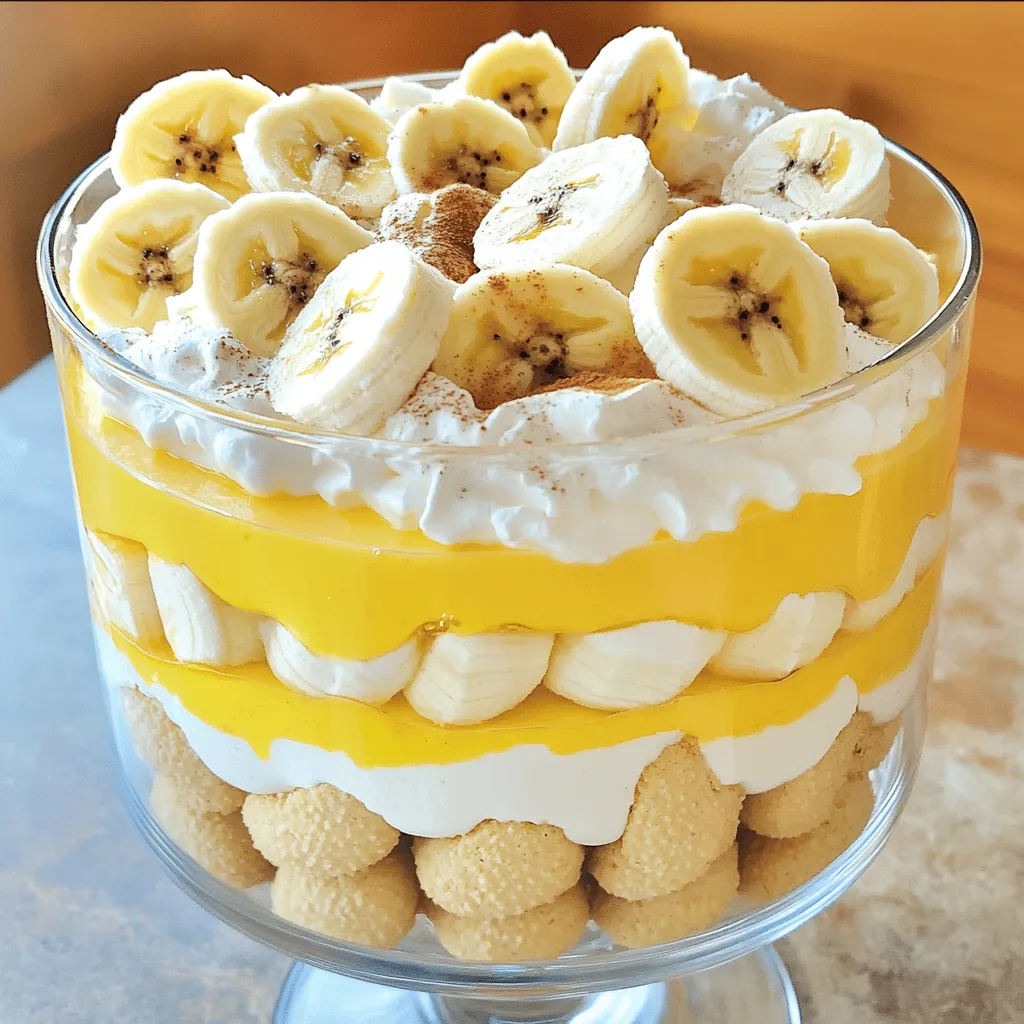 Für das beste Banana Pudding Rezept brauchst du: - 4 reife Bananen, in Scheiben geschnitten - 1 Packung (154 g) Instant-Vanillepudding-Pulver - 500 ml Vollmilch - 240 ml Schlagsahne - 40 g Puderzucker - 1 Teelöffel Vanilleextrakt - 1 Teelöffel Zitronensaft - 24 Vanillewaffeln (plus extra zur Garnierung) - Eine Prise gemahlener Zimt (optional) Frische Zutaten machen den Pudding lecker. Wähle reife Bananen, die süß sind. Sie sollten leicht braune Flecken haben. Vollmilch sorgt für Cremigkeit. Verwende frische Sahne für den besten Geschmack. Die Waffeln sollten knusprig sein. Das gibt dem Pudding eine schöne Textur. Wenn du keine reifen Bananen hast, kannst du gefrorene Bananen verwenden. Diese müssen vorher aufgetaut werden. Anstelle von Vollmilch kannst du auch Mandelmilch oder Sojamilch nehmen. Für eine leichtere Variante kannst du fettreduzierte Sahne verwenden. Wenn du den Zuckergehalt senken möchtest, benutze Honig oder Ahornsirup. Zuerst musst du den Pudding zubereiten. Nimm eine mittlere Schüssel. Füge das Instant-Vanillepudding-Pulver und die Vollmilch hinzu. Rühre die Mischung mit einem Schneebesen gut um. Mische sie etwa zwei Minuten lang. Die Mischung sollte cremig und leicht dick sein. Stelle die Schüssel für mindestens fünf Minuten in den Kühlschrank. Das hilft dem Pudding, fest zu werden. Nehme eine große Schüssel. Füge die Schlagsahne, den Puderzucker und den Vanilleextrakt hinzu. Benutze einen elektrischen Mixer, um die Mischung zu schlagen. Schlage, bis sich steife Spitzen bilden. Das dauert ein paar Minuten. Achte darauf, dass die Sahne nicht zu lange geschlagen wird. Sonst wird sie butterartig. Jetzt kommt der spaßige Teil – das Schichten! Nimm eine große Trifle-Schüssel oder kleine Servierbecher. Lege zuerst eine Schicht Vanillewaffeln auf den Boden. Dann gib eine Schicht Bananenscheiben darauf. Füge eine Schicht des Puddings hinzu. Wiederhole diese Schichten, bis alle Zutaten verbraucht sind. Beende mit einer Schicht Pudding. Decke die Schüssel ab und stelle sie für mindestens zwei Stunden in den Kühlschrank. Das hilft, die Aromen zu verbinden und die Waffeln weich zu machen. Um den besten Bananenpudding zu machen, beachte diese Tipps: - Wähle reife Bananen: Sie sollten weich und süß sein. Das macht den Pudding leckerer. - Kühle die Schalen: Halte die Zutaten kühl, während du arbeitest. So bleibt alles frisch. - Schlage die Sahne gut: Sie sollte steif sein, um dem Pudding eine tolle Textur zu geben. Hier sind einige häufige Fehler und wie du sie vermeidest: - Übermixen der Sahne: Wenn du die Sahne zu lange schlägst, wird sie körnig. Stoppe, wenn sie steif ist. - Zuviele Bananen: Achte darauf, die richtige Menge zu verwenden. Zu viele Bananen können den Pudding matschig machen. - Nicht genug kühlen: Lass den Pudding für mindestens zwei Stunden im Kühlschrank. So verbinden sich die Aromen gut. Du kannst die Süße und die Aromen anpassen: - Weniger Zucker: Wenn du es weniger süß magst, reduziere den Puderzucker. - Zusätzliche Aromen: Probiere etwas Zimt oder Muskatnuss für einen besonderen Geschmack. - Fruchtige Extras: Füge andere Früchte hinzu, wie Erdbeeren oder Pfirsiche, für mehr Vielfalt. Folge diesen Tipps, um deinen Bananenpudding perfekt zu machen. Für das vollständige Rezept schau dir die Details im [Full Recipe] an. {{image_4}} Um diesen Bananenpudding glutenfrei zu machen, wähle glutenfreie Vanillewaffeln. Es gibt viele Marken, die diese anbieten. Achte darauf, dass auch das Pudding-Pulver glutenfrei ist. Die meisten Instant-Vanillepudding-Pulver sollten in Ordnung sein, aber schau immer auf die Zutatenliste. Glutenfreie Optionen sind lecker und einfach! Für eine vegane Version kannst du pflanzliche Milch nutzen. Mandel-, Soja- oder Hafermilch funktionieren am besten. Ersetze die Schlagsahne durch Kokoscreme oder eine vegane Schlagsahne. Achte darauf, dass das Pudding-Pulver ohne tierische Produkte ist. Diese Alternativen schmecken toll und sind für Veganer geeignet. Lust auf mehr Geschmack? Füge etwas gemahlenen Zimt oder Muskatnuss in die Puddingmasse hinzu. Das gibt eine schöne Tiefe. Du kannst auch Erdnussbutter oder Schokoladensauce zwischen den Schichten verwenden. Für das Topping sind geröstete Nüsse oder Schokoladenstückchen eine großartige Wahl. Sei kreativ und passe das Rezept nach deinem Geschmack an! Der Bananenpudding ist am besten, wenn er frisch ist. Um die besten Ergebnisse zu erzielen, lagere ihn in einem luftdichten Behälter. Das schützt ihn vor anderen Gerüchen im Kühlschrank. Du kannst auch Frischhaltefolie direkt auf die Oberfläche legen, um eine Hautbildung zu vermeiden. Im Kühlschrank bleibt der Pudding bis zu 3 Tage frisch. Nach dieser Zeit kann die Textur leiden. Du solltest den Pudding vor dem Servieren immer kurz umrühren. So wird er wieder cremig. Achte darauf, dass keine Bananenscheiben braun werden. Sie können den Pudding unansehnlich machen. Das Einfrieren von Bananenpudding ist möglich, aber nicht ideal. Der Pudding kann nach dem Auftauen wässrig werden. Wenn du es dennoch probieren möchtest, fülle ihn in einen gefrierfesten Behälter. Achte darauf, etwas Platz zu lassen, da sich die Masse beim Gefrieren ausdehnt. Zum Auftauen stelle den Pudding einfach über Nacht in den Kühlschrank. Rühre ihn gut durch, bevor du ihn servierst. Der Hauptunterschied liegt in der Frische und dem Geschmack. Selbstgemachter Pudding schmeckt oft besser. Du kannst frische Zutaten nutzen. Fertiger Pudding hat meist Konservierungsstoffe. Wenn du selbst kochst, weißt du, was drin ist. Das macht das Essen gesünder und leckerer. Du kannst den Bananenpudding bis zu drei Tage im Kühlschrank lagern. Achte darauf, ihn gut abzudecken. Das verhindert, dass er austrocknet. Wenn du ihn länger aufbewahren möchtest, friere ihn ein. Denke daran, dass die Textur beim Auftauen etwas anders wird. Ja, du kannst viele Früchte hinzufügen! Erdbeeren, Pfirsiche oder Heidelbeeren passen gut zu Bananen. Schneide die Früchte klein und schichte sie zwischen den Bananen. Das bringt neuen Geschmack und Farbe in deinen Pudding. Sei kreativ und finde deine Lieblingskombination! In diesem Artikel haben wir die besten Zutaten für Bananenpudding besprochen. Ich habe Tipps zur richtigen Vorbereitung und dem Schichten gegeben. Wir haben auch häufige Fehler beleuchtet und Variationen wie glutenfreie und vegane Optionen erkundet. Denke daran, die Zutaten frisch zu halten und deinen Pudding richtig zu lagern. So schmeckt er am besten. Mit diesen Tipps wird dein Bananenpudding sicher ein Hit! Viel Spaß beim Ausprobieren!