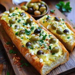 Olive Cheese Bread Appetizer Schmeckt Hervorragend 3 Für das Olive Cheese Bread Appetizer benötigst du einige Hauptzutaten. Hier sind sie: - 1 Laib knuspriges Artisanbrot (z. B. Ciabatta oder Sauerteig) - 1 Tasse entsteinte grüne Oliven, grob gehackt - 1 Tasse entsteinte schwarze Oliven, grob gehackt - 1 Tasse geriebener Mozzarella-Käse - 1/2 Tasse zerbröckelter Feta-Käse - 1/4 Tasse geriebener Parmesan-Käse Diese Zutaten bringen den besten Geschmack. Das Brot ist die Basis, und die Oliven fügen eine tolle Würze hinzu. Der Käse sorgt für die perfekte Cremigkeit. Die Gewürze und Kräuter sind wichtig für den Geschmack. Hier sind die, die du brauchst: - 3 Knoblauchzehen, fein gehackt - 2 Esslöffel frische Petersilie, gehackt - 1 Teelöffel getrockneter Oregano - 1/4 Teelöffel rote Pfefferflocken (optional) - Salz und Pfeffer nach Geschmack Knoblauch bringt ein tolles Aroma. Petersilie sorgt für Frische, während Oregano einen mediterranen Touch hinzufügt. Die roten Pfefferflocken geben dem Gericht einen kleinen Kick. Falls du eine Zutat nicht hast, gibt es Alternativen. Hier sind einige Vorschläge: - Statt Mozzarella kannst du Cheddar oder Gouda verwenden. - Feta kann durch Ricotta oder Ziegenkäse ersetzt werden. - Verwende verschiedene Olivenarten, um den Geschmack zu variieren. Diese Alternativen machen dein Olive Cheese Bread trotzdem lecker. Sei kreativ und passe das Rezept nach deinem Geschmack an. Heize deinen Ofen auf 190 °C vor. Das ist wichtig, um das Brot gleichmäßig zu backen. Schneide dann den Laib Brot der Länge nach in zwei Hälften. Du kannst Ciabatta oder Sauerteig verwenden. Diese Brote sind knusprig und perfekt für dieses Rezept. Nehme eine große Schüssel. Vermenge die gehackten grünen und schwarzen Oliven. Füge die Käsesorten hinzu: Mozzarella, Feta und Parmesan. Dann gib den fein gehackten Knoblauch und die frische Petersilie dazu. Mische alles gut durch. Das sorgt für einen tollen Geschmack! Würze die Mischung mit Oregano, roten Pfefferflocken, Salz und Pfeffer. Träufle das Olivenöl über die Mischung und rühre alles erneut gut um. Bestreiche die Schnittflächen der Brothälften großzügig mit der Oliven-Käse-Mischung. Achte darauf, dass du jede Stelle abdeckst. Lege die Brote auf ein Backblech und backe sie 15-20 Minuten lang. Der Käse sollte geschmolzen sein und das Brot goldbraun werden. Lass das Brot nach dem Backen etwas abkühlen. Schneide es dann in Stücke und serviere es warm. Du kannst es auf einem rustikalen Holzbrett anrichten, garniert mit frischer Petersilie. Das sieht toll aus und macht Lust auf mehr! Um das beste Olive Cheese Bread Appetizer zu machen, beachten Sie diese Tipps: - Wählen Sie frisches Artisanbrot. Ciabatta oder Sauerteig sind ideal. - Hacken Sie die Oliven grob. So bleiben sie stückig und lecker. - Mischen Sie die Käse gut. So verteilt sich der Geschmack gleichmäßig. - Nutzen Sie frische Kräuter. Sie bringen mehr Aroma ins Gericht. - Achten Sie auf die Backzeit. Jeder Ofen ist anders. Vermeiden Sie diese häufigen Fehler, um Ihr Brot perfekt zu machen: - Zu viel oder zu wenig Olivenöl kann den Geschmack ändern. Benutzen Sie die richtige Menge. - Lassen Sie das Brot nicht zu lange im Ofen. Es sollte goldbraun, aber nicht verbrannt sein. - Schneiden Sie das Brot nicht heiß. Lassen Sie es kurz abkühlen. - Nicht genug würzen kann das Gericht fade machen. Seien Sie großzügig mit Salz und Pfeffer. Experimentieren Sie mit verschiedenen Zutaten für neue Geschmäcker: - Fügen Sie getrocknete Tomaten hinzu für eine fruchtige Note. - Nutzen Sie verschiedene Käsearten, wie Gouda oder Cheddar. - Probieren Sie frische Kräuter wie Basilikum oder Thymian. - Für einen scharfen Kick, geben Sie Jalapeños oder scharfe Paprika hinzu. Diese Tipps helfen Ihnen, Ihr Olive Cheese Bread Appetizer noch besser zu machen! Wenn Sie die vollständige Rezeptur möchten, schauen Sie sich das Rezept an. {{image_4}} Für eine tolle vegetarische Variante können Sie die Oliven-Käse-Mischung anpassen. Fügen Sie mehr Gemüse hinzu, um mehr Geschmack zu erzielen. Zerkleinertes Spinat oder Paprika passen gut. Diese Zutaten bringen Farbe und Nährstoffe. Sie können auch frische Kräuter wie Basilikum oder Thymian verwenden. Diese geben dem Brot einen frischen Geschmack. Wer Gluten meidet, findet auch leckere Alternativen. Verwenden Sie glutenfreies Brot. Es gibt viele Sorten im Handel. Achten Sie darauf, dass alle anderen Zutaten ebenfalls glutenfrei sind. Oliven und Käse sind in der Regel sicher. Diese Variante schmeckt genauso gut. Sie können das gleiche Rezept befolgen und Ihr glutenfreies Brot genießen. Käse ist der Star dieses Rezepts. Experimentieren Sie mit verschiedenen Käsesorten. Cheddar oder Gouda bringen einen anderen Geschmack. Für eine etwas schärfere Note fügen Sie Blauschimmelkäse hinzu. Mischungen aus verschiedenen Käsesorten machen das Brot noch interessanter. Kombinieren Sie die Käsesorten nach Ihrem Geschmack. So wird jede Biss ein neues Erlebnis. Wenn Sie etwas Oliven-Käse-Genussbrot übrig haben, sollten Sie es richtig lagern. Wickeln Sie das Brot in Frischhaltefolie. Legen Sie es dann in einen luftdichten Behälter. So bleibt es frisch. Im Kühlschrank hält es sich bis zu drei Tage. Für besten Geschmack essen Sie es frisch. Falls Sie die Oliven-Käse-Mischung nicht sofort verwenden, können Sie sie auch einfrieren. Teilen Sie die Mischung in Portionen auf. Füllen Sie sie in gefrierfeste Beutel. Drücken Sie die Luft heraus und schließen Sie sie gut. Die Mischung bleibt so bis zu drei Monate frisch. Denken Sie daran, sie vor der Verwendung im Kühlschrank aufzutauen. Um das Brot wieder aufzuwärmen, heizen Sie den Ofen auf 180 °C vor. Wickeln Sie das Brot in Aluminiumfolie. So bleibt die Feuchtigkeit erhalten. Backen Sie das Brot für etwa 10 Minuten. Es wird warm und knusprig. Genießen Sie den köstlichen Geschmack wie frisch gebacken! Sie können das Rezept leicht anpassen. Verwenden Sie andere Brotsorten, wie Baguette oder Vollkornbrot. Für die Käsevariationen können Sie Gouda oder Cheddar ausprobieren. Fügen Sie mehr Kräuter hinzu, um den Geschmack zu verstärken. Wenn Sie es würziger mögen, erhöhen Sie die Menge der roten Pfefferflocken. Denken Sie daran, die Zutaten gut zu mischen, damit der Geschmack gleichmäßig verteilt ist. Ja, das ist möglich! Fügen Sie getrocknete Tomaten oder Paprika für zusätzlichen Geschmack hinzu. Frische Kräuter, wie Basilikum oder Thymian, bringen Frische. Für eine nussige Note können Sie gehackte Walnüsse oder Pinienkerne verwenden. Achten Sie darauf, die Menge der Oliven und Käse nicht zu stark zu reduzieren, um die richtige Textur zu erhalten. Das Brot schmeckt frisch am besten. Sie können es aber in einem luftdichten Behälter bis zu drei Tage aufbewahren. Der Käse kann nach ein paar Tagen hart werden. Um die Frische zu verlängern, wickeln Sie das Brot in Folie und lagern Sie es im Kühlschrank. Wenn Sie übrig gebliebenes Brot haben, können Sie es auch einfrieren. So bleibt es bis zu drei Monate haltbar. Olive Cheese Bread ist einfach und lecker. Wir haben die Hauptzutaten, Gewürze und Alternativen besprochen. Die Schritt-für-Schritt-Anleitung zeigt, wie man das Brot zubereitet. Tipps helfen, häufige Fehler zu vermeiden und verschiedene Geschmäcker zu entdecken. Vegetarische und glutenfreie Optionen erweitern die Vielfalt. Schließlich erfährst du, wie du das Brot richtig lagerst. Probiere es aus und teile die Freude!