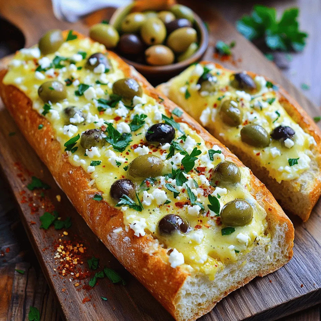 Für das Olive Cheese Bread Appetizer benötigst du einige Hauptzutaten. Hier sind sie: - 1 Laib knuspriges Artisanbrot (z. B. Ciabatta oder Sauerteig) - 1 Tasse entsteinte grüne Oliven, grob gehackt - 1 Tasse entsteinte schwarze Oliven, grob gehackt - 1 Tasse geriebener Mozzarella-Käse - 1/2 Tasse zerbröckelter Feta-Käse - 1/4 Tasse geriebener Parmesan-Käse Diese Zutaten bringen den besten Geschmack. Das Brot ist die Basis, und die Oliven fügen eine tolle Würze hinzu. Der Käse sorgt für die perfekte Cremigkeit. Die Gewürze und Kräuter sind wichtig für den Geschmack. Hier sind die, die du brauchst: - 3 Knoblauchzehen, fein gehackt - 2 Esslöffel frische Petersilie, gehackt - 1 Teelöffel getrockneter Oregano - 1/4 Teelöffel rote Pfefferflocken (optional) - Salz und Pfeffer nach Geschmack Knoblauch bringt ein tolles Aroma. Petersilie sorgt für Frische, während Oregano einen mediterranen Touch hinzufügt. Die roten Pfefferflocken geben dem Gericht einen kleinen Kick. Falls du eine Zutat nicht hast, gibt es Alternativen. Hier sind einige Vorschläge: - Statt Mozzarella kannst du Cheddar oder Gouda verwenden. - Feta kann durch Ricotta oder Ziegenkäse ersetzt werden. - Verwende verschiedene Olivenarten, um den Geschmack zu variieren. Diese Alternativen machen dein Olive Cheese Bread trotzdem lecker. Sei kreativ und passe das Rezept nach deinem Geschmack an. Heize deinen Ofen auf 190 °C vor. Das ist wichtig, um das Brot gleichmäßig zu backen. Schneide dann den Laib Brot der Länge nach in zwei Hälften. Du kannst Ciabatta oder Sauerteig verwenden. Diese Brote sind knusprig und perfekt für dieses Rezept. Nehme eine große Schüssel. Vermenge die gehackten grünen und schwarzen Oliven. Füge die Käsesorten hinzu: Mozzarella, Feta und Parmesan. Dann gib den fein gehackten Knoblauch und die frische Petersilie dazu. Mische alles gut durch. Das sorgt für einen tollen Geschmack! Würze die Mischung mit Oregano, roten Pfefferflocken, Salz und Pfeffer. Träufle das Olivenöl über die Mischung und rühre alles erneut gut um. Bestreiche die Schnittflächen der Brothälften großzügig mit der Oliven-Käse-Mischung. Achte darauf, dass du jede Stelle abdeckst. Lege die Brote auf ein Backblech und backe sie 15-20 Minuten lang. Der Käse sollte geschmolzen sein und das Brot goldbraun werden. Lass das Brot nach dem Backen etwas abkühlen. Schneide es dann in Stücke und serviere es warm. Du kannst es auf einem rustikalen Holzbrett anrichten, garniert mit frischer Petersilie. Das sieht toll aus und macht Lust auf mehr! Um das beste Olive Cheese Bread Appetizer zu machen, beachten Sie diese Tipps: - Wählen Sie frisches Artisanbrot. Ciabatta oder Sauerteig sind ideal. - Hacken Sie die Oliven grob. So bleiben sie stückig und lecker. - Mischen Sie die Käse gut. So verteilt sich der Geschmack gleichmäßig. - Nutzen Sie frische Kräuter. Sie bringen mehr Aroma ins Gericht. - Achten Sie auf die Backzeit. Jeder Ofen ist anders. Vermeiden Sie diese häufigen Fehler, um Ihr Brot perfekt zu machen: - Zu viel oder zu wenig Olivenöl kann den Geschmack ändern. Benutzen Sie die richtige Menge. - Lassen Sie das Brot nicht zu lange im Ofen. Es sollte goldbraun, aber nicht verbrannt sein. - Schneiden Sie das Brot nicht heiß. Lassen Sie es kurz abkühlen. - Nicht genug würzen kann das Gericht fade machen. Seien Sie großzügig mit Salz und Pfeffer. Experimentieren Sie mit verschiedenen Zutaten für neue Geschmäcker: - Fügen Sie getrocknete Tomaten hinzu für eine fruchtige Note. - Nutzen Sie verschiedene Käsearten, wie Gouda oder Cheddar. - Probieren Sie frische Kräuter wie Basilikum oder Thymian. - Für einen scharfen Kick, geben Sie Jalapeños oder scharfe Paprika hinzu. Diese Tipps helfen Ihnen, Ihr Olive Cheese Bread Appetizer noch besser zu machen! Wenn Sie die vollständige Rezeptur möchten, schauen Sie sich das Rezept an. {{image_4}} Für eine tolle vegetarische Variante können Sie die Oliven-Käse-Mischung anpassen. Fügen Sie mehr Gemüse hinzu, um mehr Geschmack zu erzielen. Zerkleinertes Spinat oder Paprika passen gut. Diese Zutaten bringen Farbe und Nährstoffe. Sie können auch frische Kräuter wie Basilikum oder Thymian verwenden. Diese geben dem Brot einen frischen Geschmack. Wer Gluten meidet, findet auch leckere Alternativen. Verwenden Sie glutenfreies Brot. Es gibt viele Sorten im Handel. Achten Sie darauf, dass alle anderen Zutaten ebenfalls glutenfrei sind. Oliven und Käse sind in der Regel sicher. Diese Variante schmeckt genauso gut. Sie können das gleiche Rezept befolgen und Ihr glutenfreies Brot genießen. Käse ist der Star dieses Rezepts. Experimentieren Sie mit verschiedenen Käsesorten. Cheddar oder Gouda bringen einen anderen Geschmack. Für eine etwas schärfere Note fügen Sie Blauschimmelkäse hinzu. Mischungen aus verschiedenen Käsesorten machen das Brot noch interessanter. Kombinieren Sie die Käsesorten nach Ihrem Geschmack. So wird jede Biss ein neues Erlebnis. Wenn Sie etwas Oliven-Käse-Genussbrot übrig haben, sollten Sie es richtig lagern. Wickeln Sie das Brot in Frischhaltefolie. Legen Sie es dann in einen luftdichten Behälter. So bleibt es frisch. Im Kühlschrank hält es sich bis zu drei Tage. Für besten Geschmack essen Sie es frisch. Falls Sie die Oliven-Käse-Mischung nicht sofort verwenden, können Sie sie auch einfrieren. Teilen Sie die Mischung in Portionen auf. Füllen Sie sie in gefrierfeste Beutel. Drücken Sie die Luft heraus und schließen Sie sie gut. Die Mischung bleibt so bis zu drei Monate frisch. Denken Sie daran, sie vor der Verwendung im Kühlschrank aufzutauen. Um das Brot wieder aufzuwärmen, heizen Sie den Ofen auf 180 °C vor. Wickeln Sie das Brot in Aluminiumfolie. So bleibt die Feuchtigkeit erhalten. Backen Sie das Brot für etwa 10 Minuten. Es wird warm und knusprig. Genießen Sie den köstlichen Geschmack wie frisch gebacken! Sie können das Rezept leicht anpassen. Verwenden Sie andere Brotsorten, wie Baguette oder Vollkornbrot. Für die Käsevariationen können Sie Gouda oder Cheddar ausprobieren. Fügen Sie mehr Kräuter hinzu, um den Geschmack zu verstärken. Wenn Sie es würziger mögen, erhöhen Sie die Menge der roten Pfefferflocken. Denken Sie daran, die Zutaten gut zu mischen, damit der Geschmack gleichmäßig verteilt ist. Ja, das ist möglich! Fügen Sie getrocknete Tomaten oder Paprika für zusätzlichen Geschmack hinzu. Frische Kräuter, wie Basilikum oder Thymian, bringen Frische. Für eine nussige Note können Sie gehackte Walnüsse oder Pinienkerne verwenden. Achten Sie darauf, die Menge der Oliven und Käse nicht zu stark zu reduzieren, um die richtige Textur zu erhalten. Das Brot schmeckt frisch am besten. Sie können es aber in einem luftdichten Behälter bis zu drei Tage aufbewahren. Der Käse kann nach ein paar Tagen hart werden. Um die Frische zu verlängern, wickeln Sie das Brot in Folie und lagern Sie es im Kühlschrank. Wenn Sie übrig gebliebenes Brot haben, können Sie es auch einfrieren. So bleibt es bis zu drei Monate haltbar. Olive Cheese Bread ist einfach und lecker. Wir haben die Hauptzutaten, Gewürze und Alternativen besprochen. Die Schritt-für-Schritt-Anleitung zeigt, wie man das Brot zubereitet. Tipps helfen, häufige Fehler zu vermeiden und verschiedene Geschmäcker zu entdecken. Vegetarische und glutenfreie Optionen erweitern die Vielfalt. Schließlich erfährst du, wie du das Brot richtig lagerst. Probiere es aus und teile die Freude!