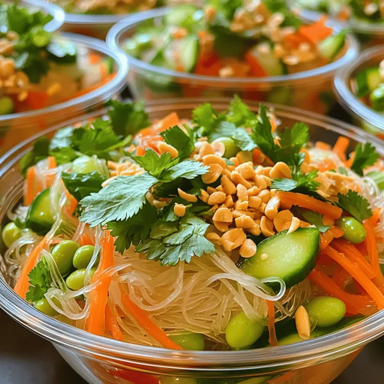 - 200g Reis-Vermicelli-Nudeln - 1 Tasse Karotten, geraspelt - 1 Tasse Gurke, in feine Streifen geschnitten - 1 rote Paprika, dünn geschnitten - 1 Tasse Edamame, gekocht und geschält - 1/2 Tasse frische Korianderblätter, grob gehackt - 1/4 Tasse frische Minzblätter, grob gehackt - 1/4 Tasse geröstete Erdnüsse, zerstoßen - 3 Esslöffel Fischsauce - 1 Esslöffel Limettensaft - 1 Esslöffel Zucker - 1 Knoblauchzehe, fein gehackt - 1 rote Chili, in Scheiben geschnitten (optional) Für diesen schnellen vietnamesischen Nudelsalat benötigst du frische und knackige Zutaten. Die Reis-Vermicelli sind die Hauptkomponente. Diese Nudeln sind leicht und nehmen die Aromen gut auf. Karotten und Gurken bringen Farbe und Frische hinein. Die rote Paprika gibt einen süßen Geschmack. Edamame fügt Protein hinzu und macht das Gericht nahrhaft. Koriander und Minze bringen ein tolles Aroma. Die Erdnüsse sorgen für Crunch. Die Sauce aus Fischsauce, Limettensaft, Zucker und Knoblauch gibt dem Salat den perfekten Kick. Die rote Chili ist optional, aber sie bringt einen scharfen Akzent, wenn du es magst. Diese Zutaten sind leicht zu finden und machen deinen Salat frisch und lecker. Du kannst die Zutaten nach deinem Geschmack anpassen. Nutze die [Full Recipe], um alle Schritte zu sehen. Um die Reis-Vermicelli-Nudeln zuzubereiten, fangen Sie mit dem Einweichen an. Nehmen Sie eine Schüssel und fügen Sie heißes Wasser hinzu. Legen Sie die Nudeln hinein und lassen Sie sie etwa fünf Minuten ziehen. Sie sollten weich und zart sein. Nach der Zeit gießen Sie die Nudeln ab. Spülen Sie sie unter kaltem Wasser, um den Kochprozess zu stoppen. Dies hilft, ein Kleben zu vermeiden. Nehmen Sie eine große Schüssel und fügen Sie die frischen Zutaten hinzu. Verwenden Sie eine Tasse geraspelte Karotten, eine Tasse Gurkenstreifen, eine dünn geschnittene rote Paprika und eine Tasse gekochte Edamame. Mischen Sie alles gut durch. Das Gemüse bringt frische Farben und Texturen in den Salat. In einer kleinen Schüssel mischen Sie die flüssigen Zutaten für die Sauce. Fügen Sie drei Esslöffel Fischsauce, einen Esslöffel Limettensaft, einen Esslöffel Zucker und eine fein gehackte Knoblauchzehe hinzu. Wenn Sie es scharf mögen, können Sie auch eine rote Chili in Scheiben schneiden. Rühren Sie alles gut um, bis der Zucker ganz aufgelöst ist. Jetzt ist es Zeit für die finale Vermengung. Geben Sie die abgekühlten Reis-Vermicelli-Nudeln zur Gemüsemischung. Gießen Sie die vorbereitete Sauce darüber. Mischen Sie alles vorsichtig, bis die Nudeln und das Gemüse gleichmäßig mit der Sauce überzogen sind. Zum Schluss heben Sie die grob gehackten Koriander- und Minzblätter unter. Halten Sie einige Blätter zum Garnieren bereit. Servieren Sie den Nudelsalat schön angerichtet. Das sorgt für einen tollen Anblick! Um die perfekte Konsistenz der Nudeln zu erreichen, gibt es ein paar einfache Tipps. Achte darauf, die Reis-Vermicelli-Nudeln nur für etwa fünf Minuten in heißem Wasser einzuweichen. Dies verhindert, dass sie zu weich werden. Nach dem Einweichen musst du die Nudeln gut abgießen und sofort mit kaltem Wasser abspülen. So verhinderst du, dass sie zusammenkleben. Wenn du die Nudeln bereitest, verwende einen großen Topf. Dadurch haben die Nudeln genug Platz, um gleichmäßig zu garen. Rühre die Nudeln dabei vorsichtig um, damit sie nicht aneinander haften. Die Präsentation ist wichtig. Ein bunter Teller macht den Nudelsalat noch leckerer. Serviere den Salat in klaren Glasschalen, um die Farben der Zutaten zu zeigen. Füge Limettenschnitze an die Seite. Dies bringt nicht nur Farbe, sondern auch zusätzlichen Geschmack. Garnieren mit zerstoßenen Erdnüssen gibt dem Salat eine schöne Textur. Du kannst auch frische Kräuter wie Koriander und Minze oben drauf legen. Das sieht nicht nur toll aus, sondern schmeckt auch frisch. Um den Geschmack des Salates anzupassen, gibt es viele Möglichkeiten. Du kannst die Fischsauce durch Sojasauce ersetzen, wenn du es vegetarisch magst. Wenn du mehr Süße möchtest, füge etwas mehr Zucker hinzu. Für mehr Schärfe kannst du zusätzliche Chilis verwenden. Probiere es einfach aus und finde heraus, was dir am besten schmeckt. Um den Salat noch interessanter zu machen, kannst du auch andere Zutaten hinzufügen. Zum Beispiel Spinat oder Radieschen. Das gibt dir ein neues Geschmackserlebnis. Wenn du mehr Details benötigst, schau dir das Full Recipe an. {{image_4}} Du kannst diesen Nudelsalat ganz einfach vegetarisch machen. Ersetze die Fischsauce durch Sojasauce. Sojasauce bringt auch einen guten Geschmack. Du kannst auch Tamari verwenden, wenn du glutenfrei bist. Füge mehr Gemüse hinzu, wie Paprika oder Brokkoli. Das sorgt für einen tollen Crunch und mehr Farbe. Wenn du mehr Protein willst, füge Garnelen oder Hühnchen hinzu. Du kannst die Garnelen einfach in einer Pfanne braten, bis sie rosa sind. Wenn du Hühnchen verwendest, brate es in Stücke und würze es gut. Beide Optionen passen super zu den Nudeln und Gemüse. Sie machen das Gericht noch sättigender. Probiere verschiedene Dressings, um den Salat spannend zu machen. Anstelle von Fischsauce kannst du Erdnusssauce oder Sesamöl verwenden. Diese bringen neue Aromen. Du kannst auch frische Kräuter wie Basilikum oder Schnittlauch nutzen. Diese Kräuter geben dem Salat einen frischen Kick. Lass deiner Kreativität freien Lauf! Bewahren Sie den Nudelsalat in einem luftdichten Behälter auf. Das hält ihn frisch. Stellen Sie sicher, dass die Salatsauce gut verteilt ist. So bleibt der Salat saftig und lecker. Vermeiden Sie es, die Erdnüsse vorher hinzuzufügen. Sie sollten erst kurz vor dem Servieren dazugegeben werden. Dadurch bleiben sie knusprig. Der Nudelsalat bleibt im Kühlschrank etwa drei Tage frisch. Nach dieser Zeit kann er an Geschmack verlieren. Achten Sie darauf, den Salat gut abzudecken. So verhindern Sie, dass er Gerüche von anderen Lebensmitteln aufnimmt. Wenn der Salat seltsam riecht, essen Sie ihn nicht mehr. Wenn Sie den Nudelsalat wieder aufwärmen möchten, machen Sie es vorsichtig. Erwärmen Sie ihn nicht zu lange, da die Nudeln matschig werden können. Fügen Sie etwas frische Sauce hinzu, um den Geschmack aufzufrischen. Servieren Sie den Salat kalt oder bei Zimmertemperatur. So bleibt er knackig und frisch. Für weitere Anregungen schauen Sie sich das [Full Recipe] an. Die Zubereitung dauert insgesamt nur 20 Minuten. Die Vorbereitungszeit beträgt etwa 15 Minuten. In dieser Zeit können Sie die Zutaten schneiden und die Nudeln zubereiten. Das Kochen der Reis-Vermicelli-Nudeln dauert in der Regel 5 Minuten. Ja, Sie können den Nudelsalat im Voraus zubereiten. Stellen Sie sicher, dass die Nudeln gut abgekühlt sind, bevor Sie sie mit den anderen Zutaten vermengen. Lagern Sie den Salat in einem luftdichten Behälter im Kühlschrank. Servieren Sie ihn innerhalb von zwei Tagen, um die Frische zu bewahren. Zu diesem Nudelsalat passen viele Beilagen. Probieren Sie gegrilltes Hühnchen oder Garnelen für zusätzliches Protein. Ein leichter Frühlingsrollenteig oder Tempura-Gemüse ergänzen den Salat schön. Auch eine Schale frischer Obstsalat kann eine tolle Ergänzung sein. Frische Zutaten finden Sie in Ihrem lokalen Markt oder Supermarkt. Suchen Sie nach frischen Kräutern wie Koriander und Minze. Edamame gibt es oft in der Tiefkühlabteilung. Wenn möglich, kaufen Sie lokale Produkte, um die Frische zu erhöhen und die Umwelt zu unterstützen. Ja, der Nudelsalat kann glutenfrei sein. Verwenden Sie Reis-Vermicelli-Nudeln, die traditionell aus Reis hergestellt werden. Achten Sie darauf, dass die Fischsauce glutenfrei ist. So können Sie den Salat ohne Sorgen genießen. Um den Salat schärfer zu machen, fügen Sie mehr rote Chili hinzu. Sie können auch frische Chili in Scheiben schneiden und direkt in die Mischung geben. Wenn Sie es wirklich scharf mögen, probieren Sie einen Spritzer Sriracha oder eine scharfe Chilisauce. Für das vollständige Rezept, einschließlich der genauen Zubereitung, schauen Sie sich die Full Recipe an. Der Nudelsalat mit Reis-Vermicelli ist frisch und lecker. Du hast gelernt, welche Zutaten du brauchst und wie du alles zubereitest. Die Tipps helfen dir, die perfekten Nudeln zu kochen und den Salat ansprechend zu garnieren. Du kannst auch Variationen ausprobieren, um den Geschmack zu verändern. Denke an die Lagerung und Haltbarkeit des Salats, um ihn frisch zu genießen. Probiere es aus und entdecke die Vielfalt dieses Gerichts!