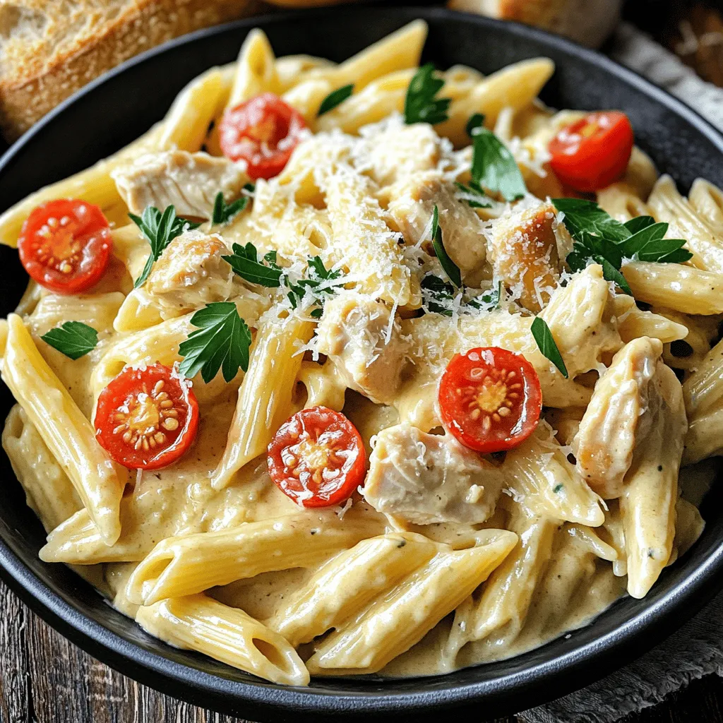 - 225 g Pasta (Penne oder Rotini empfohlen) - 450 g Hähnchenbrustfilet, gewürfelt - 240 ml Sahne - 2 Esslöffel Olivenöl - Salz und Pfeffer nach Geschmack - 1 Teelöffel Knoblauchpulver - 125 ml Ranch-Dressing - 100 g geriebener Parmesan - 150 g Kirschtomaten, halbiert Ich liebe es, mit frischen Zutaten zu kochen. Die Auswahl der richtigen Zutaten macht den Unterschied. Für meine cremige Hähnchen-Ranch-Pasta nehme ich Penne oder Rotini. Diese Pastaarten fangen die Sauce gut ein. Das Hähnchenbrustfilet ist zart und leicht würfeln. So wird es schnell gar. Sahne ist der Schlüssel zu einer cremigen Sauce. Sie sorgt für den reichen Geschmack. Olivenöl bringt gesunde Fette in das Gericht. Ich würze das Hähnchen mit Salz, Pfeffer und Knoblauchpulver. Diese Gewürze sorgen für einen tollen Geschmack. Das Ranch-Dressing verleiht der Pasta eine besondere Note. Parmesan macht das Gericht noch leckerer. Kirschtomaten bringen Frische und Farbe. Diese Zutaten passen perfekt zusammen. Sie machen jede Portion zu einem Genuss. Für die vollständige Anleitung und viele Tipps, schau dir das Full Recipe an. Zuerst bringe ich einen großen Topf mit gesalzenem Wasser zum Kochen. Das Wasser muss sprudelnd sein. Dann füge ich die Pasta hinzu und koche sie al dente. Das dauert meist 8 bis 10 Minuten. Nach dem Kochen lasse ich die Pasta abtropfen. Ich bewahre 120 ml des Pastawassers auf. Dieses Wasser hilft später, die Sauce zu verdünnen. In einer großen Pfanne erhitze ich 2 Esslöffel Olivenöl bei mittlerer Hitze. Sobald das Öl heiß ist, gebe ich die gewürfelte Hähnchenbrust hinein. Ich würze sie mit Salz, Pfeffer, Knoblauchpulver, Zwiebelpulver und Thymian. Dann brate ich das Hähnchen für 6 bis 7 Minuten. Es sollte durchgegart und leicht gebräunt sein. Ich rühre gelegentlich um. Jetzt reduziere ich die Hitze auf niedrig. Ich gieße die Hühnerbrühe in die Pfanne. Dabei kratzen die angebrannten Stücke vom Boden. Dann füge ich 240 ml Sahne und 125 ml Ranch-Dressing hinzu. Ich rühre alles gut um. Die Sauce lasse ich dann für 3 bis 4 Minuten köcheln. Sie dickt leicht ein. Nun gebe ich die gekochte Pasta in die Pfanne zur Sauce. Ich werfe alles vorsichtig, damit die Pasta gut umhüllt wird. Sollte die Sauce zu dick sein, füge ich nach und nach das aufbewahrte Pastawasser hinzu. So erreiche ich die gewünschte Konsistenz. Ich rühre den geriebenen Parmesan ein, bis er geschmolzen ist. Dann hebe ich die halbierten Kirschtomaten vorsichtig unter. Ich lasse alles eine weitere Minute erwärmen. Ich probiere die Pasta und passe die Gewürze nach Bedarf an. Jetzt richte ich die cremige Hähnchen-Ranch-Pasta sofort in Schalen an. Ich garniere jede Portion mit frischer Petersilie und einer weiteren Prise Parmesan. Ein Spritzer Ranch-Dressing obenauf gibt einen tollen Akzent. Ich serviere die Pasta warm und empfehle knuspriges Brot dazu. - Alternativen für die Pasta: Du kannst auch Vollkornpasta oder glutenfreie Pasta verwenden. Beide Optionen bieten eine gesunde Abwechslung. Auch Zucchini-Nudeln sind eine tolle Wahl für eine leichtere Variante. - Verwendung von anderem Fleisch oder Gemüse: Probiere Rindfleisch oder Pute anstelle von Hähnchen. Für eine vegetarische Version kannst du Tofu oder Gemüse wie Brokkoli oder Spinat nutzen. - Die richtige Konsistenz erreichen: Achte darauf, dass die Sauce cremig, aber nicht zu dick ist. Wenn sie zu dick ist, füge etwas von dem aufbewahrten Pastawasser hinzu. Das macht die Sauce geschmeidiger. - Aromen intensivieren: Um den Geschmack zu verstärken, füge frische Kräuter wie Basilikum oder Schnittlauch hinzu. Ein Spritzer Zitronensaft bringt Frische in die Sauce. - Ansprechende Anrichtung: Serviere die Pasta in tiefen Schalen. So sieht sie einladender aus. - Garnierungsideen für eine festliche Note: Streue frische Petersilie und Parmesan über jede Portion. Ein paar Kirschtomaten oben drauf machen das Gericht farbenfroh und lecker. {{image_4}} Für eine vegetarische Version der cremigen Hähnchen-Ranch-Pasta kannst du Tofu oder Gemüse verwenden. Tofu ist eine tolle Proteinquelle und nimmt die Aromen gut auf. Du kannst ihn einfach würfeln und anbraten. Wenn du Gemüse magst, sind Zucchini, Paprika oder Brokkoli perfekte Optionen. Reduziere die Menge an Brühe und Sahne, um die Konsistenz anzupassen. So bleibt die Sauce schön cremig. Wenn du es scharf magst, füge einfach einige scharfe Gewürze hinzu. Chili-Pulver oder Cayenne-Pfeffer geben der Pasta eine würzige Note. Du kannst auch verschiedene Ranch-Dressings ausprobieren. Ein zesty Ranch-Dressing bringt mehr Frische in das Gericht. Experimentiere mit diesen Zutaten, um deine perfekte Mischung zu finden. Um die Pasta gesünder zu machen, verwende Vollkornpasta. Sie hat mehr Ballaststoffe und gibt dir länger Energie. Du kannst auch kalorienreduzierte Alternativen für Sahne und Käse verwenden. Zum Beispiel kannst du griechischen Joghurt als Ersatz für Sahne nehmen. Das reduziert die Kalorien und bleibt dennoch cremig. Um die cremige Hähnchen-Ranch-Pasta frisch zu halten, bewahre sie in luftdichten Behältern auf. Achte darauf, die Pasta abkühlen zu lassen, bevor du sie verpackst. So vermeidest du Kondenswasser und matschige Texturen. Im Kühlschrank bleibt sie bis zu drei Tage haltbar. Halte die Temperatur unter 4 Grad Celsius, um die Frische zu sichern. Möchtest du die Pasta länger aufbewahren? Friere sie in geeigneten Behältern ein. Nutze luftdichte Plastikbehälter oder Gefrierbeutel. Achte darauf, die Luft herauszudrücken, um Gefrierbrand zu vermeiden. Die Pasta hält sich bis zu drei Monate im Gefrierfach. Zum Auftauen lege sie über Nacht in den Kühlschrank. Erwärme sie dann in der Mikrowelle oder in einer Pfanne. Füge etwas Wasser oder Brühe hinzu, um die Konsistenz zu verbessern. Hast du Reste von der Pasta? Du kannst sie leicht aufpeppen. Mische sie mit frischem Gemüse für einen bunten Salat. Oder bereite ein Auflaufgericht vor, indem du die Pasta mit Käse überbackst. Auch Omeletts mit übrig gebliebener Pasta sind eine leckere Option. Sei kreativ und kombiniere verschiedene Zutaten für neue Rezepte. Die Zubereitung dauert nur 10 Minuten. Die gesamte Zeit beträgt etwa 25 Minuten. Das macht dieses Gericht perfekt für ein schnelles Abendessen. Du kannst die Pasta leicht an einem Wochentag zubereiten. Ja, du kannst die Pasta im Voraus zubereiten. Koche die Pasta und lagere sie in einem luftdichten Behälter. Achte darauf, dass sie gut abgekühlt ist, bevor du sie wegstellst. Diese Methode spart Zeit, wenn du das Gericht schnell servieren möchtest. Zu dieser Pasta passen viele Beilagen. Hier sind einige Ideen: - Knuspriges Brot - Frischer Salat - Gedünstetes Gemüse - Gegrillte Zucchini Diese Beilagen ergänzen das Hauptgericht perfekt und machen das Essen noch schmackhafter. Ja, du kannst das Rezept gesünder gestalten. Ersetze die Sahne durch eine fettarme Variante oder griechischen Joghurt. Verwende auch Vollkornpasta statt normaler Pasta. Diese Änderungen machen das Gericht leichter und gesünder. Ranch-Dressing passt gut zu vielen Zutaten. Du kannst frische Kräuter wie Dill oder Schnittlauch hinzufügen. Für einen schärferen Geschmack füge etwas scharfe Sauce hinzu. Zusammen mit Gemüse wie Paprika oder Spinat wird der Geschmack noch besser. Diese cremige Hähnchen-Ranch-Pasta ist einfach und lecker. Ich habe die Hauptzutaten und Schritte ausführlich beschrieben. Zudem gab es viele Tipps für Variationen und Lagerung. Egal, ob du eine schnelle Mahlzeit oder eine besondere Anlässe planst, dieses Rezept passt gut. Probiere es aus und entdecke deine eigenen Abwandlungen. Du wirst sehen, es macht Spaß, zu kochen und zu genießen.
