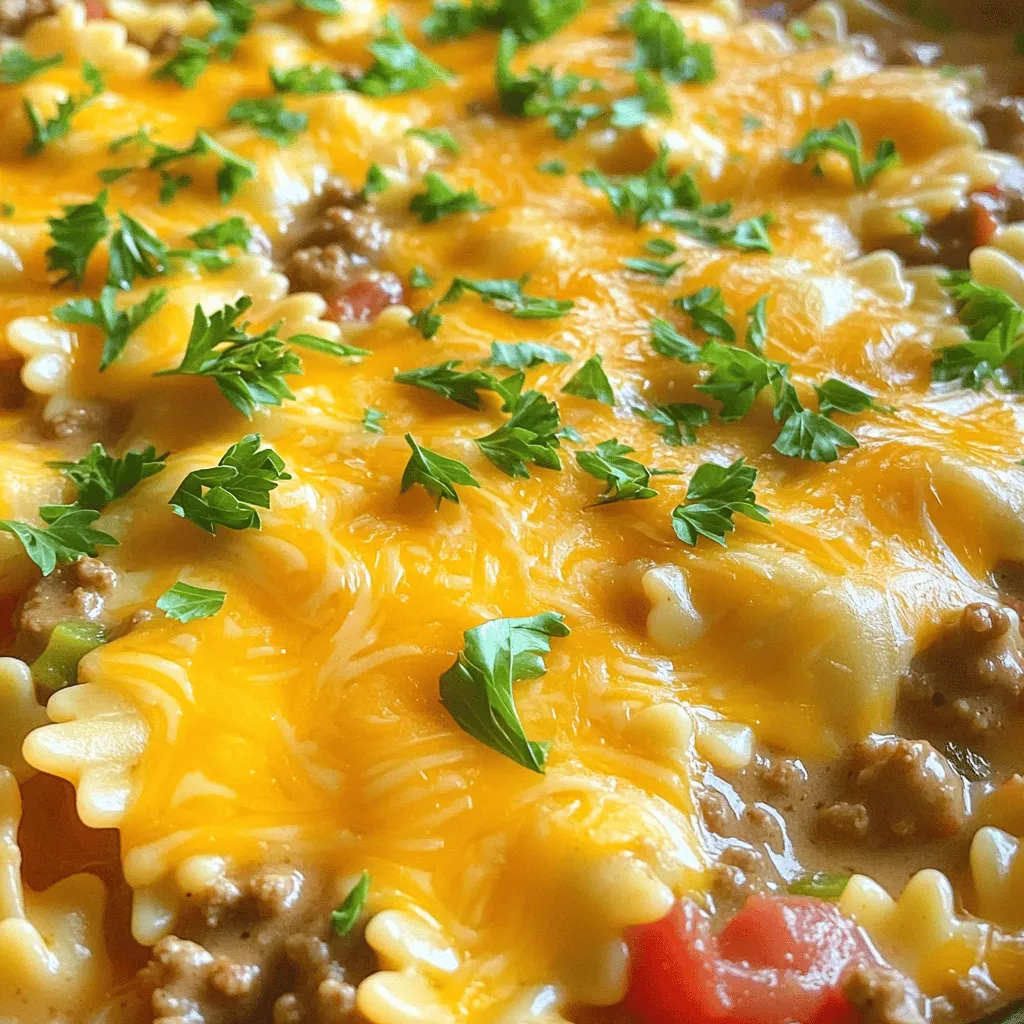 Um das Gericht perfekt zuzubereiten, benötigst du folgende Zutaten: - 340 g Schmetterlings-Pasta (Farfalline) - 450 g Rinderhackfleisch - 1 kleine Zwiebel, fein gehackt - 2 Knoblauchzehen, gehackt - 1 Dose (425 g) gewürfelte Tomaten mit grünen Chilischoten - 240 ml Rinderbrühe - 1 Teelöffel italienische Gewürzmischung - 1/2 Teelöffel Paprika - Salz und Pfeffer nach Geschmack - 200 g geriebener Cheddar-Käse - 240 g saure Sahne - 1/4 Tasse frische Petersilie, gehackt (zum Garnieren) Die Mengen sind genau richtig für 4 bis 6 Portionen. So kannst du mit Freunden oder der Familie genießen. Achte darauf, die Pasta al dente zu kochen. Das sorgt für den besten Biss. Du kannst das Gericht nach deinem Geschmack verfeinern. Füge zum Beispiel eine Prise Muskatnuss für mehr Tiefe hinzu. Oder probiere etwas Chili, wenn du es schärfer magst. Das Rezept bietet dir viele Möglichkeiten, kreativ zu sein. Nutze die frischen Zutaten für den besten Geschmack. Wenn du mehr über das komplette Rezept erfahren möchtest, schau dir das Full Recipe an. Beginne mit einem großen Topf. Fülle ihn mit Wasser und füge etwas Salz hinzu. Bringe das Wasser zum Kochen. Gib die Schmetterlings-Pasta hinein. Koche sie nach der Packungsanweisung, bis sie al dente ist. Das dauert meist etwa 8-10 Minuten. Wenn sie fertig ist, gieße die Pasta ab und stelle sie beiseite. Nehme eine große Pfanne und stelle sie auf mittlere Hitze. Füge das Rinderhackfleisch hinzu. Brate es an, bis es braun wird. Benutze einen Holzlöffel, um das Fleisch zu zerkleinern. Achte darauf, dass kein überflüssiges Fett übrig bleibt. Wenn nötig, gieße es ab. Gib die fein gehackte Zwiebel in die Pfanne zum Hackfleisch. Brate sie 3-4 Minuten lang, bis sie weich ist. Danach füge den gehackten Knoblauch hinzu. Brate ihn eine weitere Minute, bis er duftet. Jetzt kommen die gewürfelten Tomaten, Rinderbrühe, italienische Gewürzmischung, Paprika, Salz und Pfeffer dazu. Rühre alles gut um und lasse es 5-7 Minuten köcheln. Reduziere die Hitze auf niedrig. Gib die gekochte Schmetterlings-Pasta in die Pfanne. Füge die saure Sahne und die Hälfte des geriebenen Käses hinzu. Rühre alles gut um, bis es vermischt und durchgeheizt ist. Streue den restlichen Käse gleichmäßig über das Gericht. Decke die Pfanne ab und lasse sie einige Minuten stehen. Der Käse wird schmelzen und sprudeln. Nimm die Pfanne vom Herd und garniere das Gericht mit gehackter frischer Petersilie. Für das vollständige Rezept schaue hier: [Full Recipe]. Um perfekte Pasta zu kochen, bringe einen großen Topf mit Wasser zum Kochen. Füge reichlich Salz hinzu. Das Salz macht die Pasta geschmackvoller. Gib die Schmetterlings-Pasta in das kochende Wasser. Koche sie gemäß der Packungsanweisung, bis sie al dente ist. Probiere die Pasta kurz vor dem Abgießen. Sie soll weich, aber noch bissfest sein. Gieße die Pasta ab und lasse sie etwas abkühlen. Würze das Rinderhackfleisch gut, um den besten Geschmack zu bekommen. Beginne mit Salz und Pfeffer. Füge dann die italienische Gewürzmischung und Paprika hinzu. Brate das Hackfleisch in einer Pfanne bei mittlerer Hitze an, bis es braun ist. Zwiebeln und Knoblauch bringen zusätzliches Aroma. Je länger du die Gewürze einziehst, desto besser wird der Geschmack. Käse bringt einen herzhaften Genuss in dieses Gericht. Cheddar ist eine gute Wahl, weil er schmilzt und schmackhaft ist. Du kannst aber auch andere Käsesorten nutzen. Mozzarella gibt eine tolle Konsistenz, während Parmesan einen kräftigen Geschmack bietet. Mische verschiedene Käsesorten für mehr Tiefe. Du kannst den Käse auch zum Schluss für eine schöne Kruste verwenden. Für das vollständige Rezept, schau dir die [Full Recipe] an. {{image_4}} Wenn du auf Fleisch verzichten möchtest, gibt es tolle Optionen. Du kannst das Rinderhackfleisch durch Linsen oder Kichererbsen ersetzen. Diese Hülsenfrüchte sind gesund und voll von Proteinen. Eine weitere Möglichkeit ist, gebratene Pilze hinzuzufügen. Sie geben ein herzhaftes Aroma und eine tolle Textur. Auch Tofu kann gut in diesem Rezept funktionieren. Einfach würfeln und anbraten, bevor du es mit den anderen Zutaten kombinierst. Um mehr Geschmack und Farbe hinzuzufügen, probiere verschiedene Gemüse. Zucchini, Paprika oder Spinat sind hervorragende Optionen. Du kannst sie einfach klein schneiden und mit den Zwiebeln anbraten. Auch Brokkoli passt gut in dieses Gericht. Koche ihn kurz, bevor du ihn hinzufügst. Das bringt mehr Nährstoffe und macht das Gericht noch bunter. Vergiss nicht, mit Kräutern wie Basilikum oder Oregano zu experimentieren. Sie geben dem Gericht eine frische Note. Wenn du glutenfrei isst, gibt es viele Alternativen. Reisnudeln oder Quinoa-Pasta sind tolle Optionen. Sie haben eine ähnliche Textur wie Schmetterlings-Pasta. Du kannst auch Zucchini-Nudeln ausprobieren. Sie sind leicht und gesund. Wenn du die Pasta kochst, achte darauf, die Garzeit zu überprüfen. Diese Alternativen können schneller garen als normale Pasta. So bleibt dein Gericht frisch und lecker. Wenn du Reste von deinem Käse-Boden-Fleisch und Schmetterlings-Pasta hast, lagere sie gut. Lass das Gericht zuerst auf Raumtemperatur abkühlen. Fülle es dann in einen luftdichten Behälter. So bleibt der Geschmack frisch. Du kannst die Reste bis zu drei Tage im Kühlschrank aufbewahren. Wenn du die Reste länger aufbewahren möchtest, friere sie ein. Teile das Gericht in Portionen auf. Verwende gefrierfeste Behälter oder Beutel. So kannst du es bis zu drei Monate lagern. Denke daran, die Portionen zu beschriften. So weißt du, was du hast und wann du es gemacht hast. Um die Reste aufzuwärmen, nimm eine Pfanne oder Mikrowelle. Bei der Pfanne erwärmst du die Pasta bei mittlerer Hitze. Rühre häufig um, damit nichts anbrennt. In der Mikrowelle kannst du die Portionen in einem geeigneten Behälter abdecken. Erhitze sie in kurzen Intervallen, bis sie durchwärmt sind. Achte darauf, die Temperatur gut zu prüfen, bevor du servierst. Die Zubereitung dauert etwa 30 Minuten. Davon sind 10 Minuten für die Vorbereitung und 20 Minuten zum Kochen. Mit etwas Übung kannst du die Zeit sogar verkürzen. Ja, du kannst das Rezept im Voraus zubereiten. Koche die Pasta und das Rinderhackfleisch. Lass alles abkühlen und stelle es in den Kühlschrank. Am nächsten Tag kannst du das Gericht einfach aufwärmen. Zu diesem herzhaften Gericht passen ein frischer Salat oder knuspriges Brot. Auch gedünstetes Gemüse macht sich gut. Du kannst auch einen leichten Joghurtdip als Beilage anbieten. Das vollständige Rezept für Käse-Boden-Fleisch und Schmetterlings-Pasta findest du im Abschnitt "Vollständiges Rezept". Dort sind alle Zutaten und Schritte detailliert beschrieben. Zusammenfassend haben wir die Zutaten, die Zubereitung und die Tipps für dieses Gericht besprochen. Richtiges Kochen, würzen und Käse wählen ist entscheidend. Variationen und Lagerung helfen, das Essen zu verlängern. Nutze die FAQs, um häufige Fragen zu klären. Denke daran, dass Kochen Spaß macht. Experimentiere mit neuen Ideen und genieße dein Gericht!