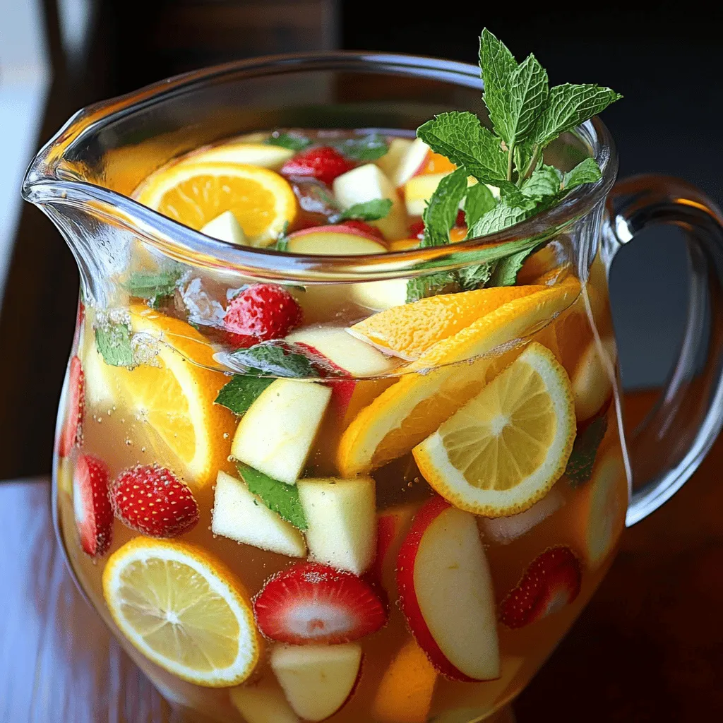 Um eine köstliche White Sangria zu machen, brauchen wir einige einfache Zutaten. Diese bilden die Basis für den tollen Geschmack. Hier sind die Hauptzutaten: - 4 Tassen Sprudelwasser oder Zitronen-Limonade - 2 Tassen ungesüßter Weißtraubensaft - 1 Orange, dünn aufgeschnitten - 1 Zitrone, dünn aufgeschnitten - 1 Apfel, entkernt und gewürfelt (jede Sorte nach Wahl) - 1 Tasse Erdbeeren, entkeltert und halbiert - 1 Tasse frische Minzblätter - 1 Esslöffel Honig (optional) - Eiswürfel Diese Zutaten sorgen für die frische und spritzige Note der Sangria. Der Weißwein ist wichtig für den Geschmack. Ich empfehle, einen trockenen Weißwein zu wählen. Hier sind einige gute Optionen: - Sauvignon Blanc - Pinot Grigio - Chardonnay Jeder dieser Weine bringt etwas anderes mit. Sauvignon Blanc hat frische Zitrusaromen. Pinot Grigio ist leicht und fruchtig. Chardonnay kann ein wenig cremig sein. Wähle den Wein, der dir am besten gefällt! Die Früchte sind das Herzstück der Sangria. Sie geben Geschmack und Farbe. Du kannst viele Früchte verwenden, aber hier sind meine Favoriten: - Orangen: Sie bringen Süße und einen tollen Farbkontrast. - Zitronen: Sie geben eine spritzige Frische. - Äpfel: Sie sorgen für Crunch und eine süße Note. - Erdbeeren: Diese sind süß und machen die Sangria schön bunt. Experimentiere mit verschiedenen Früchten! Du kannst auch Pfirsiche oder Ananas hinzufügen. So machst du deine Sangria besonders und einzigartig. Die Vorbereitungszeit für diese Sangria beträgt nur 10 Minuten. Sie können sie schnell und einfach zubereiten. Die gesamte Zeit inklusive der Kühlung ist 40 Minuten. Das reicht, um die Frische der Zutaten zu genießen. Hier sind die Zutaten, die Sie brauchen: - 4 Tassen Sprudelwasser oder Zitronen-Limonade - 2 Tassen ungesüßter Weißtraubensaft - 1 Orange, dünn aufgeschnitten - 1 Zitrone, dünn aufgeschnitten - 1 Apfel, entkernt und gewürfelt - 1 Tasse Erdbeeren, entkeltert und halbiert - 1 Tasse frische Minzblätter - 1 Esslöffel Honig (optional) - Eiswürfel Stellen Sie sicher, dass alle Zutaten frisch sind. Das macht einen großen Unterschied im Geschmack. Servieren Sie die Sangria in großen Gläsern. Füllen Sie die Gläser zuerst mit Eiswürfeln. Gießen Sie dann die Sangria über das Eis. Garnieren Sie die Gläser mit zusätzlichen Minzblättern und Obstscheiben. So sieht die Sangria nicht nur gut aus, sondern schmeckt auch großartig. Wenn Sie Gäste haben, wird diese Sangria ein Hit sein! Vergessen Sie nicht, das gesamte Rezept zu beachten, um die besten Ergebnisse zu erzielen. Um Ihre White Sangria zu perfektionieren, verwenden Sie frische Zutaten. Frisches Obst macht den Unterschied. Wählen Sie reife Früchte, die viel Geschmack haben. Auch die Auswahl des Weins ist wichtig. Ein guter Weißwein hebt das Getränk an. Ich empfehle trockene Weine, die nicht zu süß sind. Mischen Sie die Zutaten gut, damit die Aromen sich entfalten. Lassen Sie die Mischung mindestens 30 Minuten ziehen. So verbinden sich die Geschmäcker optimal. Ein häufiger Fehler ist, die Sangria nicht lange genug im Kühlschrank zu lassen. Wenn die Aromen nicht ziehen, schmeckt die Sangria flach. Ein weiterer Fehler ist die Verwendung von zu viel Zucker. Schmecken Sie die Mischung ab, bevor Sie süßen. Zu viel Süße kann die Frische der Früchte überdecken. Auch die Wahl des falschen Glases kann die Erfahrung trüben. Verwenden Sie große Gläser, damit die Früchte schön zur Geltung kommen. Die beste Serviertemperatur für White Sangria liegt zwischen 6 und 8 Grad Celsius. Kühlen Sie die Karaffe gut, bevor Sie sie servieren. Eiswürfel sind auch eine gute Option, um die Sangria frisch zu halten. Achten Sie jedoch darauf, die Eiswürfel erst kurz vor dem Servieren hinzuzufügen. So bleibt die Sangria nicht verwässert. Wenn Sie die Sangria im Voraus zubereiten, stellen Sie sicher, dass sie gut gekühlt ist, bevor Sie sie genießen. {{image_4}} Sprudelnde Weiß Sangria bringt Frische und Spritzigkeit in jeden Schluck. Sie verwenden Sprudelwasser oder Zitronen-Limonade, um einen erfrischenden Kick zu geben. Die Kombination aus fruchtigem Weißtraubensaft und sprudelndem Wasser macht das Getränk leicht und lebendig. Bei meiner Zitrus-Herbal Sprudel-Sangria mische ich frische Früchte und Kräuter. Diese Kombination sorgt für ein tolles Geschmackserlebnis. Die sprudelnde Textur hebt die Aromen der Früchte noch mehr hervor. Nicht jeder mag Alkohol, und das ist völlig in Ordnung. Eine nicht-alkoholische Version ist einfach zuzubereiten. Statt Wein verwenden Sie ungesüßten Weißtraubensaft als Basis. Fügen Sie Sprudelwasser und frisches Obst hinzu. Achten Sie darauf, die gleichen Früchte wie in der alkoholischen Version zu nutzen. Dies sorgt für den gleichen frischen Geschmack. Ihre Gäste werden diese köstliche Variante lieben. Garnierungen geben Ihrer Sangria den letzten Schliff. Sie können frische Minzblätter oder Zitronenscheiben verwenden. Auch essbare Blumen machen sich gut. Für zusätzliche Aromen können Sie Gewürze wie Zimt oder Sternanis hinzufügen. Diese verleihen der Sangria eine besondere Note. Experimentieren Sie mit verschiedenen Früchten und Kräutern, um Ihre eigene Variante zu kreieren. Ihre Kreativität wird sich auszahlen! Um Ihre White Sangria frisch zu halten, bewahren Sie sie im Kühlschrank auf. Die kühle Temperatur hilft, die Aromen zu bewahren. Verwenden Sie eine luftdichte Karaffe, um den Geschmack zu schützen. Stellen Sie sicher, dass die Karaffe gut verschlossen ist, um den Kontakt mit Luft zu minimieren. Ihre Sangria bleibt im Kühlschrank für etwa drei Tage frisch. Nach dieser Zeit können die Früchte matschig werden. Der Geschmack kann auch schwächer werden. Am besten genießen Sie sie frisch, um die lebendigen Aromen voll auszukosten. Sie können die Sangria bis zu 24 Stunden im Voraus zubereiten. Lassen Sie die Aromen gut durchziehen. Fügen Sie jedoch die Sprudel- oder Zitronen-Limonade erst kurz vor dem Servieren hinzu. So bleibt die Spritzigkeit erhalten. Wenn Sie die Sangria länger aufbewahren, fügen Sie frisches Obst hinzu, um die Frische zu steigern. Sangria bleibt im Kühlschrank gut für etwa 2 bis 3 Tage. Die Aromen werden stärker, je länger sie steht. Nach ein paar Tagen kann der Geschmack jedoch schwächer werden. Frische Früchte können auch matschig werden. Ich empfehle, die Sangria immer frisch zuzubereiten. So bleibt der Geschmack klar und lecker. Ja, frische Früchte sind perfekt für Sangria! Sie bringen Farbe und Geschmack. Ich mag es, Zitrusfrüchte wie Orangen und Zitronen zu verwenden. Auch Äpfel und Erdbeeren sind tolle Ergänzungen. Sie geben Süße und Frische. Schneiden Sie die Früchte in kleine Stücke. So können sie ihre Aromen besser abgeben. Um eine stärkere Sangria zu machen, fügen Sie mehr Wein hinzu. Verwenden Sie weniger Sprudelwasser oder Limonade. Achten Sie darauf, dass die Aromen im Gleichgewicht bleiben. Sie können auch einen Schuss Likör hinzufügen. Ein Orangenlikör gibt eine schöne Tiefe. Beachten Sie, dass die Sangria dann auch süßer wird. Experimentieren Sie mit den Zutaten, um die perfekte Mischung zu finden. Für ein tolles Rezept, schauen Sie sich die [Full Recipe] an. White Sangria ist einfach zuzubereiten und sehr lecker. Wir haben die besten Zutaten und Weine besprochen. Außerdem gab es Tipps, wie man sie perfekt macht und häufige Fehler vermeidet. Variationen bieten viel Spielraum für Kreativität. Wichtige Punkte zur Lagerung helfen, die Sangria frisch zu halten. Experimentiere und finde deine eigene perfekte Mischung. Gönn dir einen kühlen Drink, der Freude bringt!