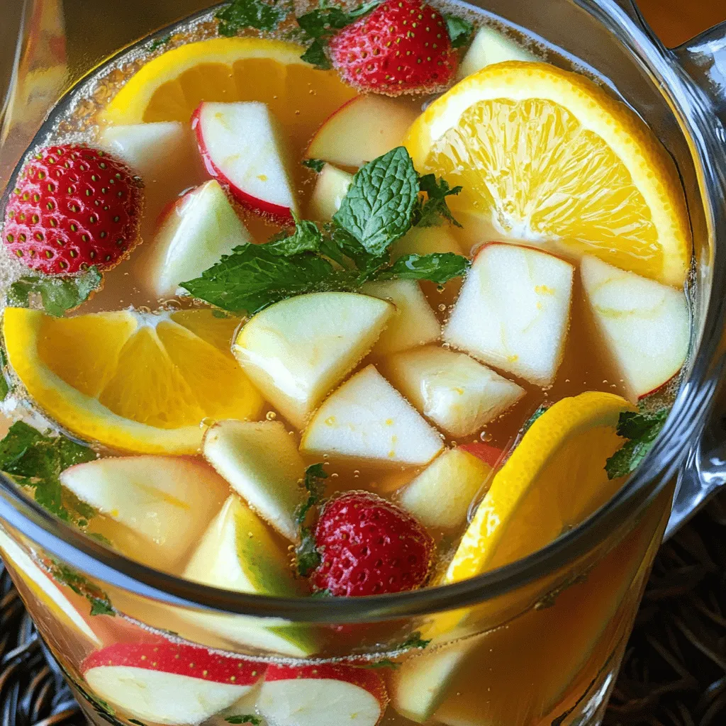 Um eine köstliche White Sangria zu machen, brauchen wir einige einfache Zutaten. Diese bilden die Basis für den tollen Geschmack. Hier sind die Hauptzutaten: - 4 Tassen Sprudelwasser oder Zitronen-Limonade - 2 Tassen ungesüßter Weißtraubensaft - 1 Orange, dünn aufgeschnitten - 1 Zitrone, dünn aufgeschnitten - 1 Apfel, entkernt und gewürfelt (jede Sorte nach Wahl) - 1 Tasse Erdbeeren, entkeltert und halbiert - 1 Tasse frische Minzblätter - 1 Esslöffel Honig (optional) - Eiswürfel Diese Zutaten sorgen für die frische und spritzige Note der Sangria. Der Weißwein ist wichtig für den Geschmack. Ich empfehle, einen trockenen Weißwein zu wählen. Hier sind einige gute Optionen: - Sauvignon Blanc - Pinot Grigio - Chardonnay Jeder dieser Weine bringt etwas anderes mit. Sauvignon Blanc hat frische Zitrusaromen. Pinot Grigio ist leicht und fruchtig. Chardonnay kann ein wenig cremig sein. Wähle den Wein, der dir am besten gefällt! Die Früchte sind das Herzstück der Sangria. Sie geben Geschmack und Farbe. Du kannst viele Früchte verwenden, aber hier sind meine Favoriten: - Orangen: Sie bringen Süße und einen tollen Farbkontrast. - Zitronen: Sie geben eine spritzige Frische. - Äpfel: Sie sorgen für Crunch und eine süße Note. - Erdbeeren: Diese sind süß und machen die Sangria schön bunt. Experimentiere mit verschiedenen Früchten! Du kannst auch Pfirsiche oder Ananas hinzufügen. So machst du deine Sangria besonders und einzigartig. Die Vorbereitungszeit für diese Sangria beträgt nur 10 Minuten. Sie können sie schnell und einfach zubereiten. Die gesamte Zeit inklusive der Kühlung ist 40 Minuten. Das reicht, um die Frische der Zutaten zu genießen. Hier sind die Zutaten, die Sie brauchen: - 4 Tassen Sprudelwasser oder Zitronen-Limonade - 2 Tassen ungesüßter Weißtraubensaft - 1 Orange, dünn aufgeschnitten - 1 Zitrone, dünn aufgeschnitten - 1 Apfel, entkernt und gewürfelt - 1 Tasse Erdbeeren, entkeltert und halbiert - 1 Tasse frische Minzblätter - 1 Esslöffel Honig (optional) - Eiswürfel Stellen Sie sicher, dass alle Zutaten frisch sind. Das macht einen großen Unterschied im Geschmack. Servieren Sie die Sangria in großen Gläsern. Füllen Sie die Gläser zuerst mit Eiswürfeln. Gießen Sie dann die Sangria über das Eis. Garnieren Sie die Gläser mit zusätzlichen Minzblättern und Obstscheiben. So sieht die Sangria nicht nur gut aus, sondern schmeckt auch großartig. Wenn Sie Gäste haben, wird diese Sangria ein Hit sein! Vergessen Sie nicht, das gesamte Rezept zu beachten, um die besten Ergebnisse zu erzielen. Um Ihre White Sangria zu perfektionieren, verwenden Sie frische Zutaten. Frisches Obst macht den Unterschied. Wählen Sie reife Früchte, die viel Geschmack haben. Auch die Auswahl des Weins ist wichtig. Ein guter Weißwein hebt das Getränk an. Ich empfehle trockene Weine, die nicht zu süß sind. Mischen Sie die Zutaten gut, damit die Aromen sich entfalten. Lassen Sie die Mischung mindestens 30 Minuten ziehen. So verbinden sich die Geschmäcker optimal. Ein häufiger Fehler ist, die Sangria nicht lange genug im Kühlschrank zu lassen. Wenn die Aromen nicht ziehen, schmeckt die Sangria flach. Ein weiterer Fehler ist die Verwendung von zu viel Zucker. Schmecken Sie die Mischung ab, bevor Sie süßen. Zu viel Süße kann die Frische der Früchte überdecken. Auch die Wahl des falschen Glases kann die Erfahrung trüben. Verwenden Sie große Gläser, damit die Früchte schön zur Geltung kommen. Die beste Serviertemperatur für White Sangria liegt zwischen 6 und 8 Grad Celsius. Kühlen Sie die Karaffe gut, bevor Sie sie servieren. Eiswürfel sind auch eine gute Option, um die Sangria frisch zu halten. Achten Sie jedoch darauf, die Eiswürfel erst kurz vor dem Servieren hinzuzufügen. So bleibt die Sangria nicht verwässert. Wenn Sie die Sangria im Voraus zubereiten, stellen Sie sicher, dass sie gut gekühlt ist, bevor Sie sie genießen. {{image_4}} Sprudelnde Weiß Sangria bringt Frische und Spritzigkeit in jeden Schluck. Sie verwenden Sprudelwasser oder Zitronen-Limonade, um einen erfrischenden Kick zu geben. Die Kombination aus fruchtigem Weißtraubensaft und sprudelndem Wasser macht das Getränk leicht und lebendig. Bei meiner Zitrus-Herbal Sprudel-Sangria mische ich frische Früchte und Kräuter. Diese Kombination sorgt für ein tolles Geschmackserlebnis. Die sprudelnde Textur hebt die Aromen der Früchte noch mehr hervor. Nicht jeder mag Alkohol, und das ist völlig in Ordnung. Eine nicht-alkoholische Version ist einfach zuzubereiten. Statt Wein verwenden Sie ungesüßten Weißtraubensaft als Basis. Fügen Sie Sprudelwasser und frisches Obst hinzu. Achten Sie darauf, die gleichen Früchte wie in der alkoholischen Version zu nutzen. Dies sorgt für den gleichen frischen Geschmack. Ihre Gäste werden diese köstliche Variante lieben. Garnierungen geben Ihrer Sangria den letzten Schliff. Sie können frische Minzblätter oder Zitronenscheiben verwenden. Auch essbare Blumen machen sich gut. Für zusätzliche Aromen können Sie Gewürze wie Zimt oder Sternanis hinzufügen. Diese verleihen der Sangria eine besondere Note. Experimentieren Sie mit verschiedenen Früchten und Kräutern, um Ihre eigene Variante zu kreieren. Ihre Kreativität wird sich auszahlen! Um Ihre White Sangria frisch zu halten, bewahren Sie sie im Kühlschrank auf. Die kühle Temperatur hilft, die Aromen zu bewahren. Verwenden Sie eine luftdichte Karaffe, um den Geschmack zu schützen. Stellen Sie sicher, dass die Karaffe gut verschlossen ist, um den Kontakt mit Luft zu minimieren. Ihre Sangria bleibt im Kühlschrank für etwa drei Tage frisch. Nach dieser Zeit können die Früchte matschig werden. Der Geschmack kann auch schwächer werden. Am besten genießen Sie sie frisch, um die lebendigen Aromen voll auszukosten. Sie können die Sangria bis zu 24 Stunden im Voraus zubereiten. Lassen Sie die Aromen gut durchziehen. Fügen Sie jedoch die Sprudel- oder Zitronen-Limonade erst kurz vor dem Servieren hinzu. So bleibt die Spritzigkeit erhalten. Wenn Sie die Sangria länger aufbewahren, fügen Sie frisches Obst hinzu, um die Frische zu steigern. Sangria bleibt im Kühlschrank gut für etwa 2 bis 3 Tage. Die Aromen werden stärker, je länger sie steht. Nach ein paar Tagen kann der Geschmack jedoch schwächer werden. Frische Früchte können auch matschig werden. Ich empfehle, die Sangria immer frisch zuzubereiten. So bleibt der Geschmack klar und lecker. Ja, frische Früchte sind perfekt für Sangria! Sie bringen Farbe und Geschmack. Ich mag es, Zitrusfrüchte wie Orangen und Zitronen zu verwenden. Auch Äpfel und Erdbeeren sind tolle Ergänzungen. Sie geben Süße und Frische. Schneiden Sie die Früchte in kleine Stücke. So können sie ihre Aromen besser abgeben. Um eine stärkere Sangria zu machen, fügen Sie mehr Wein hinzu. Verwenden Sie weniger Sprudelwasser oder Limonade. Achten Sie darauf, dass die Aromen im Gleichgewicht bleiben. Sie können auch einen Schuss Likör hinzufügen. Ein Orangenlikör gibt eine schöne Tiefe. Beachten Sie, dass die Sangria dann auch süßer wird. Experimentieren Sie mit den Zutaten, um die perfekte Mischung zu finden. Für ein tolles Rezept, schauen Sie sich die [Full Recipe] an. White Sangria ist einfach zuzubereiten und sehr lecker. Wir haben die besten Zutaten und Weine besprochen. Außerdem gab es Tipps, wie man sie perfekt macht und häufige Fehler vermeidet. Variationen bieten viel Spielraum für Kreativität. Wichtige Punkte zur Lagerung helfen, die Sangria frisch zu halten. Experimentiere und finde deine eigene perfekte Mischung. Gönn dir einen kühlen Drink, der Freude bringt!