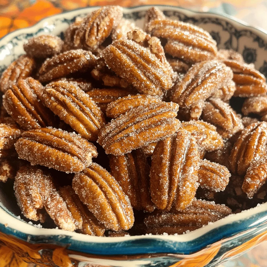 Für leckere Zimt-Zucker-Pekannüsse brauchst du einige einfache Zutaten. Diese sind: - 2 Tassen Pekannuss-Hälften - 1/2 Tasse Kristallzucker - 1 Esslöffel gemahlener Zimt - 1/4 Teelöffel Salz - 1/4 Tasse ungesalzene Butter, geschmolzen - 1 Teelöffel Vanilleextrakt - 1/4 Teelöffel Muskatnuss (optional für zusätzlichen Wärmegeschmack) Diese Zutaten sind leicht zu finden. Pekannüsse machen den Snack knusprig und lecker. Der Zimt gibt einen warmen, süßen Geschmack. Zimt ist der Hauptgeschmack in diesen Pekannüssen. Er bringt Wärme und Tiefe. Zimt hat auch viele gesundheitliche Vorteile. Er kann den Blutzucker senken und hat Antioxidantien. Die Muskatnuss ist optional, aber sie gibt einen zusätzlichen Geschmack. Sie hat einen süßlichen, würzigen Charakter. Diese beiden Gewürze machen die Pekannüsse besonders. Sie sind perfekt für kalte Tage oder als Snack für Gäste. Wenn du keine Pekannüsse magst, gibt es Alternativen. Du kannst Mandeln oder Walnüsse verwenden. Mandeln sind leicht und knusprig. Sie haben einen milden Geschmack. Walnüsse sind etwas bitterer, aber sehr nahrhaft. Du kannst auch eine Mischung aus verschiedenen Nüssen nutzen. Das macht das Rezept spannend und lecker. Jede Nuss hat ihren eigenen Charakter. So kannst du deine Zimt-Zucker-Nüsse nach deinem Geschmack anpassen. Wenn du mehr über die Zubereitung erfahren möchtest, schaue dir das Full Recipe an. Zuerst brauchst du alle Zutaten bereit. Hier ist, was du brauchst: - 2 Tassen Pekannuss-Hälften - 1/2 Tasse Kristallzucker - 1 Esslöffel gemahlener Zimt - 1/4 Teelöffel Salz - 1/4 Tasse ungesalzene Butter, geschmolzen - 1 Teelöffel Vanilleextrakt - 1/4 Teelöffel Muskatnuss (optional) Sorge dafür, dass die Butter geschmolzen ist. Das macht es einfacher, die Pekannüsse später zu beschichten. 1. Heize deinen Ofen auf 175°C vor. 2. Lege ein Backblech mit Pergamentpapier aus. Das hilft, dass die Nüsse nicht ankleben. 3. In einer Schüssel vermischst du den Zucker, Zimt, Salz und Muskatnuss. Rühre alles gut um. 4. In einer großen Schüssel gibst du die geschmolzene Butter und den Vanilleextrakt. Rühre sie gut zusammen. 5. Füge die Pekannüsse hinzu. Mische alles, bis die Nüsse gut beschichtet sind. 6. Streue die Zimt-Zucker-Mischung über die Nüsse und werfe sie um, damit sie gleichmäßig bedeckt sind. 7. Verteile die Nüsse auf dem Backblech in einer Schicht. Backe die Pekannüsse für 12-15 Minuten. Rühre sie zur Halbzeit um, damit sie gleichmäßig rösten. Achte darauf, dass sie nicht verbrennen. Wenn sie goldbraun und duftend sind, nimm das Blech aus dem Ofen. Lass die Nüsse auf dem Blech abkühlen, damit sie knusprig werden. Wenn sie abgekühlt sind, trenne eventuelle Klebepakete. Für mehr Details schaue dir das Full Recipe an. Um Zimt-Zucker-Pekannüsse perfekt zu machen, achte auf die Temperatur. Der Ofen sollte genau 175°C sein. So rösten die Nüsse gleichmäßig. Wenn du die Nüsse zu lange backst, verbrennen sie schnell. Rühre sie nach der Hälfte der Backzeit um. Das hilft, die Hitze gleichmäßig zu verteilen. Achte darauf, die Nüsse gut mit der Zimt-Zucker-Mischung zu überziehen. Ein gleichmäßiger Überzug macht den Geschmack besser. Ein häufiger Fehler ist, die Nüsse nicht gut zu mischen. Stelle sicher, dass jede Nuss mit Butter und Zucker bedeckt ist. Wenn du das Salz vergisst, wird der Geschmack flach. Auch die Wahl der Nüsse ist wichtig. Verwende frische Pekannüsse, um den besten Geschmack zu erhalten. Achte darauf, dass die Nüsse beim Rösten nicht zu nah beieinander liegen. So verhindern wir, dass sie kleben bleiben. Für die Präsentation empfehle ich, die Pekannüsse in einer schönen Schüssel zu servieren. Du kannst sie auch in Gläser füllen. Ein hübsches Band macht das Glas zu einem tollen Geschenk. Wenn du Gäste hast, serviere die Nüsse zusammen mit anderen Snacks. Das sorgt für Abwechslung und macht den Tisch einladend. Diese Nüsse passen gut zu Käse oder Obst. Sie sind ein vielseitiger Snack und immer ein Hit! {{image_4}} Ich liebe, mit verschiedenen Nüssen zu experimentieren. Du kannst Mandeln, Cashewkerne oder Walnüsse verwenden. Jede Nuss bringt ihren eigenen Geschmack. Mische die Nüsse nach deinem Wunsch. Probiere auch verschiedene Kombinationen aus. Denke daran, die Backzeit kann sich leicht ändern. Achte darauf, dass alle Nüsse goldbraun und knusprig sind. Zusätzlich zu Zimt und Zucker kannst du Aromen hinzufügen. Vanilleextrakt ist eine tolle Wahl. Du kannst auch andere Extrakte verwenden. Versuche Mandel- oder Kokosnussaroma für neue Geschmäcker. Eine Prise Muskatnuss bringt Wärme und Tiefe. Experimentiere, um deine perfekte Mischung zu finden. Jedes Aroma macht die Nüsse einzigartig und lecker. Wenn du weniger Zucker verwenden möchtest, ist das möglich. Reduziere die Zuckermenge einfach um die Hälfte. Du kannst auch Honig oder Ahornsirup nutzen. Diese Alternativen geben einen anderen, aber tollen Geschmack. Achte darauf, die Pekannüsse gleichmäßig zu beschichten. Wenn du weniger Zucker verwendest, backe die Nüsse etwas länger. So bekommst du den besten Geschmack. Für das vollständige Rezept kannst du auf den Abschnitt "Vollständiges Rezept" verweisen. Um die Zimt-Zucker-Pekannüsse frisch zu halten, lagere sie in einem luftdichten Behälter. Ein Glasbehälter oder eine Tupperware eignen sich gut dafür. Stelle sicher, dass die Nüsse vollständig abgekühlt sind, bevor du sie hineinlegst. So verhinderst du, dass sie weich werden. Zimt-Zucker-Pekannüsse bleiben bei richtiger Lagerung bis zu zwei Wochen frisch. Lagere sie an einem kühlen, trockenen Ort. Vermeide direkte Sonneneinstrahlung, da dies die Nüsse schneller verderben lässt. Wenn du sie länger aufbewahren möchtest, kannst du sie auch im Gefrierfach lagern. Dort halten sie sich bis zu drei Monate. Du kannst Zimt-Zucker-Pekannüsse vielseitig nutzen. Streue sie über Joghurt oder Haferflocken für einen leckeren Frühstücks-Twist. Sie passen auch gut in Salate oder auf Eis. Wenn du eine besondere Note in dein Gebäck bringen willst, füge sie in Muffins oder Kekse ein. Für die beste Geschmackskombination empfehle ich, die Nüsse frisch zuzubereiten. Probiere auch das [Full Recipe] für eine einfache Zubereitung. Zimt-Zucker-Pekannüsse halten sich gut. Sie bleiben bis zu zwei Wochen frisch. Lagere sie in einem kühlen, trockenen Ort. Ein luftdichter Behälter ist am besten. So bleibt der Geschmack lange erhalten. Du kannst sie auch im Kühlschrank aufbewahren, um die Haltbarkeit zu verlängern. Ja, du kannst das Rezept leicht vegan machen. Ersetze die Butter durch pflanzliche Alternativen. Kokosöl oder vegane Margarine sind gute Optionen. Achte darauf, dass der Zucker vegan ist. Mit diesen Anpassungen kannst du die Nüsse genießen, ohne tierische Produkte zu verwenden. Fertige Zimt-Zucker-Pekannüsse sind in vielen Geschäften erhältlich. Supermärkte und Online-Shops bieten sie an. Du findest sie oft in der Snack-Abteilung. Achte auf die Zutatenliste, um Qualität zu gewährleisten. Wenn du frisch gemachte Nüsse bevorzugst, probiere das [Full Recipe] selbst aus! Zimt-Zucker-Pekannüsse sind einfach zuzubereiten und köstlich. Ich habe die Hauptzutaten, Gewürze und Alternativen zu Pekannüssen behandelt. Die Schritt-für-Schritt-Anleitung zeigt, wie du diese Nüsse perfekt röstest. In den Tipps & Tricks gebe ich Ratschläge zur Perfektionierung des Rezepts. Variationen bieten dir kreative Wege, das Rezept anzupassen. Schließlich hast du die besten Lagerinformationen und Antworten auf häufige Fragen. Nutze dieses Wissen, um deine eigenen Zimt-Zucker-Pekannüsse zu machen und zu genießen. Sie sind ein echter Genuss!