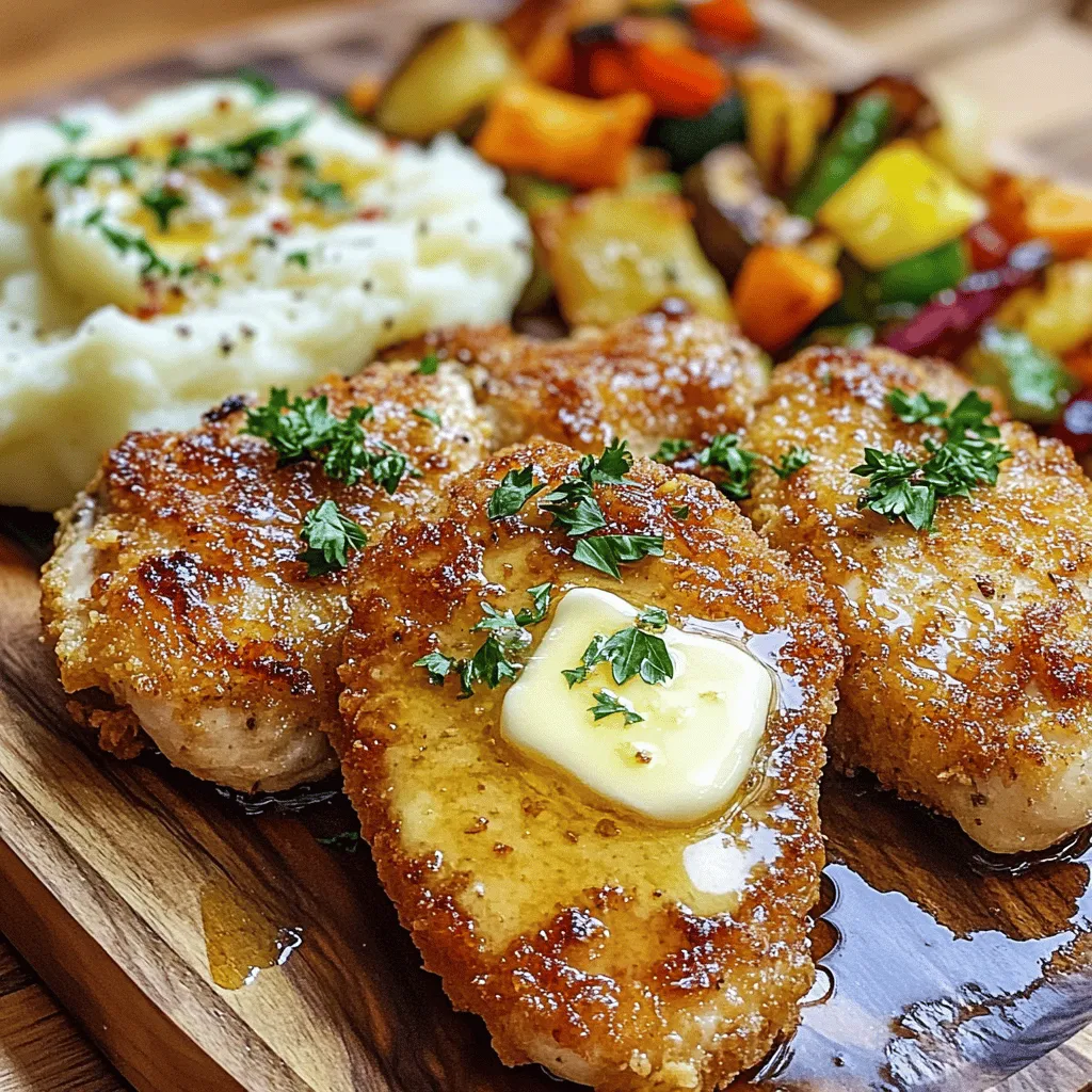 - 4 Hühnerbrustfilets ohne Haut und Knochen - 1 Tasse Buttermilch - Gewürze: - 1 Teelöffel Knoblauchpulver - 1 Teelöffel Zwiebelpulver - 1 Teelöffel geräuchertes Paprikapulver - 1 Teelöffel Salz - ½ Teelöffel schwarzer Pfeffer Die Hauptzutaten sind die Basis für das Gericht. Die Hühnerbrustfilets sind zart und leicht. Buttermilch macht das Hähnchen saftig. Die Gewürze verleihen dem Gericht Geschmack. Knoblauchpulver und Zwiebelpulver geben Tiefe. Geräuchertes Paprikapulver bringt ein rauchiges Aroma. Salz und Pfeffer runden alles ab. - ½ Tasse Weizenmehl - ¼ Tasse Speisestärke - 1 Teelöffel Backpulver - ½ Teelöffel getrockneter Thymian - ½ Teelöffel Cayennepfeffer (optional) Die Panier-Zutaten sorgen für die knusprige Textur. Weizenmehl bildet die Basis der Panade. Speisestärke macht die Panade extra knusprig. Backpulver hilft beim Aufgehen. Thymian fügt einen frischen Geschmack hinzu. Cayennepfeffer kann für etwas Schärfe sorgen. - ½ Tasse ungesalzene Butter - Frische Petersilie zum Garnieren Die restlichen Zutaten bringen das Gericht zusammen. Ungesalzene Butter sorgt für reichhaltigen Geschmack. Petersilie ist eine frische Garnitur. Sie bringt Farbe und einen feinen Geschmack. Butter hilft, das Hähnchen beim Backen saftig zu halten. Für die vollständige Zubereitung und viele Details, schaue dir das [Full Recipe] an. Um das Hähnchen zart zu machen, starten wir mit der Marinade. In einer großen Schüssel mische die Buttermilch, Knoblauchpulver, Zwiebelpulver, geräuchertes Paprikapulver, Salz und schwarzen Pfeffer. Mische alles gut, damit sich die Aromen verbinden. Dann lege die Hühnerbrustfilets in die Marinade. Achte darauf, dass sie gleichmäßig bedeckt sind. Decke die Schüssel ab und stelle sie für mindestens 2 Stunden in den Kühlschrank. Diese Zeit ist wichtig, damit das Hähnchen die Aromen aufnehmen kann. Nach der Marinierzeit bereitest du die Panade vor. Nimm ein flaches Gericht und vermenge das Weizenmehl, die Speisestärke, das Backpulver, den getrockneten Thymian und den optionalen Cayennepfeffer. Mische alles gut durch, bis die Zutaten gleichmäßig verteilt sind. Dies wird der knusprige Teil des Gerichts. Heize jetzt den Ofen auf 200°C vor. Lege ein Backblech mit Backpapier aus, um die Reinigung später zu erleichtern. Nimm die marinierten Hühnerbrustfilets aus dem Kühlschrank. Lass die überschüssige Marinade abtropfen und wende jedes Stück in der Mehlmischung. Klopfe das überschüssige Mehl ab, sodass es gut haftet. Erhitze in einer großen Pfanne ¼ Tasse Butter bei mittlerer bis hoher Hitze. Wenn die Butter heiß ist, lege die panierten Hühnerbrustfilets in die Pfanne. Brate sie etwa 4-5 Minuten pro Seite, bis sie goldbraun sind. Arbeite in Chargen, um die Pfanne nicht zu überfüllen. Lege die angebratenen Hühnerbrustfilets auf das Backblech. Schneide die restliche ¼ Tasse Butter in kleine Stücke und verteile sie über die Hühnerbrustfilets. Backe das Hähnchen im vorgeheizten Ofen für 20-25 Minuten. Es ist fertig, wenn die Innentemperatur 75°C erreicht. Lass das Hähnchen nach dem Backen 5 Minuten ruhen, damit die Säfte erhalten bleiben. Die perfekte Innentemperatur für Hähnchenbrustfilets liegt bei 75°C oder 165°F. Um sicherzustellen, dass das Hähnchen saftig bleibt, benutze ein Fleischthermometer. Stecke es in die dickste Stelle des Filets. So kannst du sicher gehen, dass es richtig gegart ist. Wenn die Temperatur stimmt, bleibt das Fleisch zart und lecker. Probiere verschiedene Marinade-Zutaten aus, um neue Aromen zu entdecken. Du kannst zum Beispiel Zitronensaft oder Honig hinzufügen. Diese Zutaten bringen Frische und Süße. Auch Kräuter wie Rosmarin oder Basilikum geben dem Hähnchen eine besondere Note. Experimentiere mit Gewürzen, um deinen eigenen Geschmack zu finden. Um die Panade knusprig und goldbraun zu bekommen, achte auf die Hitze. Die Pfanne sollte heiß sein, bevor du das Hähnchen hinzufügst. Lass die Filets nicht zu lange in der Pfanne. So bleibt der Saft im Fleisch. Klopfe die Panade leicht ab, bevor du sie brätst. Das hilft, eine gleichmäßige Schicht zu erhalten. Für mehr Details kannst du das [Full Recipe] ansehen. {{image_4}} Es gibt viele Gewürze, die du für das Hähnchen verwenden kannst. Wenn du etwas anderes probieren willst, hier sind einige Ideen: - Italienische Mischung: Verwende Oregano, Basilikum und Thymian. - Asiatische Note: Füge Ingwer, Sojasauce und Sesam hinzu. - Kräuter der Provence: Nutze Rosmarin, Estragon und Lavendel. - Zitronenpfeffer: Eine frische Note mit Zitrone und schwarzem Pfeffer. Jede Gewürzmischung bringt ihren eigenen Geschmack. Experimentiere und finde deine Lieblinge. Du kannst das Rezept mit anderen Fleischsorten umsetzen. Hier sind einige Vorschläge: - Putenbrust: Ähnlich in der Zubereitung, aber etwas magerer. - Schweinefilet: Gibt einen anderen Geschmack und bleibt saftig. - Rindersteaks: Verwende eine ähnliche Marinade für zarte Stücke. Diese Alternativen bringen Abwechslung auf den Teller. Für eine vegetarische Option kannst du pflanzliche Proteinquellen verwenden. Hier sind einige Ideen: - Tofu: Mariniere und brate ihn, bis er goldbraun ist. - Tempeh: Hat einen nussigen Geschmack und ist proteinreich. - Seitan: Perfekt für eine fleischähnliche Textur. Nutze die gleichen Gewürze und Marinaden, um den Geschmack zu intensivieren. So wird das Gericht trotzdem lecker. Um die Reste der zarten Hühnerbrustfilets richtig zu lagern, lege sie in einen luftdichten Behälter. So bleiben sie frisch und lecker. Stelle den Behälter in den Kühlschrank. Die Reste sind dort bis zu drei Tage haltbar. Vor dem Verzehr solltest du sicherstellen, dass sie gut durchgewärmt sind. Ein schneller Tipp: Erwärme die Hühnerbrustfilets in der Mikrowelle oder in einer Pfanne, um sie wieder saftig zu machen. Das Einfrieren der Hühnerbrustfilets ist einfach und macht das Essen haltbar. Hier ist eine Schritt-für-Schritt-Anleitung: 1. Nach dem Kochen abkühlen lassen: Lass die Hühnerbrustfilets auf Raumtemperatur abkühlen. 2. In Portionen aufteilen: Teile die Hühnerbrustfilets in kleine Portionen. So kannst du nur so viel auftauen, wie du brauchst. 3. In Gefrierbeutel legen: Lege die Portionen in Gefrierbeutel. Drücke die Luft heraus, bevor du sie verschließt. 4. Beschriften: Beschrifte die Beutel mit dem Datum. So weißt du, wie lange sie schon im Gefrierschrank sind. 5. Einfrieren: Lege die Beutel in den Gefrierschrank. Dort halten sie bis zu drei Monate. Um die gefrorenen Hühnerbrustfilets aufzutauen, lege sie einfach über Nacht in den Kühlschrank. Du kannst sie auch in kaltem Wasser auftauen. Achte darauf, sie danach schnell zu kochen. Es gibt viele leckere Ideen, um übrig gebliebenes Hähnchen zu nutzen. Hier sind einige Vorschläge: - Hähnchen-Salat: Schneide die Reste in Stücke und mische sie mit grünem Salat, Gemüse und Dressing. - Hähnchen-Tacos: Fülle Tortillas mit den Hühnerstücken, Avocado und Salsa. - Hähnchen-Pasta: Mische die Hühnerbrust mit gekochter Pasta und einer leichten Sauce für ein schnelles Gericht. - Hühnersuppe: Koche die Reste mit Gemüse und Brühe für eine warme Suppe. Diese Ideen machen es einfach, das köstliche Hähnchen weiter zu genießen! Für das ursprüngliche Rezept sieh dir die [Full Recipe] an. Die Zubereitung dauert insgesamt etwa 45 Minuten. Die Vorbereitungszeit beträgt 15 Minuten. Du brauchst auch mindestens 2 Stunden zum Marinieren. Wenn du mehr Zeit hast, lasse das Hähnchen über Nacht marinieren. Das macht es noch besser. Ja, du kannst die Hühnerbrustfilets im Voraus marinieren. Idealerweise marinierst du sie mindestens 2 Stunden. Wenn du mehr Geschmack möchtest, lasse sie über Nacht im Kühlschrank. So zieht die Marinade tiefer in das Fleisch ein und macht es zarter und saftiger. Um die Hühnerbrustfilets saftig zu halten, gibt es einige einfache Tipps. Achte darauf, das Hähnchen nicht zu lange zu garen. Die Innentemperatur sollte 75°C erreichen. Lasse das Hähnchen nach dem Garen ruhen. Dies hilft, die Säfte zu bewahren. Eine Marinade mit Buttermilch sorgt ebenfalls für mehr Feuchtigkeit. Zu „Melt In Your Mouth Chicken Breasts“ passen viele Beilagen gut. Probiere geröstetes Gemüse oder Kartoffelbrei. Ein frischer Salat ist auch eine tolle Wahl. Du kannst auch Reis oder Quinoa servieren. Diese Beilagen ergänzen das Gericht perfekt und machen es zu einer kompletten Mahlzeit. In diesem Blogbeitrag haben wir die besten Zutaten und Verfahren für „Melt In Your Mouth Chicken Breasts“ besprochen. Sie haben gelernt, wie Sie Hähnchen marinieren, panieren und backen. Tipps und Tricks helfen Ihnen, das perfekte Gericht zuzubereiten. Experimentieren Sie mit Gewürzen und Variationen. Nutzen Sie Reste clever für neue Mahlzeiten. Dies ist ein einfaches und köstliches Rezept, das Freude in Ihre Küche bringt. Viel Spaß beim Kochen!