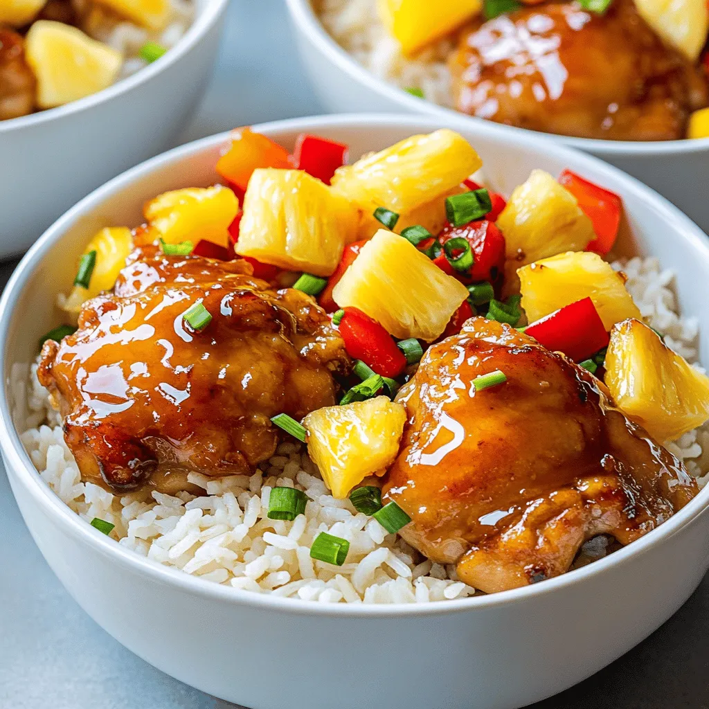 Für dieses köstliche Gericht benötigst du folgende Hauptzutaten: - 2 Tassen Jasminreis - 4 Hähnchenschenkel, ohne Haut und Knochen - 1 Tasse frische Ananas, gewürfelt - 1/2 Tasse Paprika, gewürfelt (rot oder gelb) - 1/2 Tasse Zwiebel, fein gehackt - 3 Knoblauchzehen, gehackt Diese Zutaten machen das Gericht frisch und voller Geschmack. Du kannst die Ananas selbst schneiden oder bereits gewürfelte kaufen, um Zeit zu sparen. Die richtigen Gewürze und Öle sind wichtig für den vollen Geschmack. Hier sind die benötigten: - 1/4 Tasse Sojasauce (mit wenig Natrium) - 1/4 Tasse Honig - 1 Esslöffel Sesamöl - 1 Teelöffel Ingwer, gerieben - 1/2 Teelöffel rote Pfefferflocken (optional) - Salz und Pfeffer nach Geschmack Diese Zutaten bringen Süße, Schärfe und Umami in dein Gericht. Das Sesamöl verleiht einen nussigen Geschmack, der das Hühnchen perfekt ergänzt. Um das Rezept einfach zuzubereiten, brauchst du ein paar Utensilien: - Ein mittlerer Topf zum Kochen des Reises - Eine große Pfanne für das Hühnchen und die Sauce - Ein Schneidebrett und ein scharfes Messer zum Schneiden der Zutaten - Eine Gabel zum Auflockern des Reises Mit diesen Utensilien bist du bestens gerüstet, um das süße Ananas-Hühnchen mit Reis zuzubereiten. Du kannst das vollständige Rezept für eine detaillierte Anleitung einsehen. Beginne damit, 2 Tassen Jasminreis unter kaltem Wasser abzuspülen. Das Wasser sollte klar sein. Gib den Reis in einen mittleren Topf. Füge 4 Tassen Wasser oder Hühnerbrühe hinzu. Bringe die Mischung zum Kochen. Reduziere dann die Hitze und decke den Topf ab. Lass den Reis 15 bis 18 Minuten köcheln. Der Reis ist fertig, wenn er zart ist und die Flüssigkeit aufgenommen wurde. Schalte die Hitze aus und lass ihn für weitere 5 Minuten zugedeckt stehen. Lockere den Reis mit einer Gabel auf und stelle ihn beiseite. Während der Reis kocht, würze die 4 Hähnchenschenkel mit Salz und Pfeffer. Erhitze 1 Esslöffel Sesamöl in einer großen Pfanne bei mittlerer bis hoher Hitze. Füge die gewürzten Hähnchenschenkel hinzu. Brate sie 5 bis 7 Minuten auf jeder Seite an, bis sie goldbraun sind. Das Hühnchen sollte jetzt durchgegart sein. Nimm das Hühnchen aus der Pfanne und stelle es beiseite. In derselben Pfanne fügst du 1/2 Tasse fein gehackte Zwiebel, 1/2 Tasse gewürfelte Paprika und 3 gehackte Knoblauchzehen hinzu. Sautiere alles für 3 bis 4 Minuten, bis es weich ist. Rühre dann 1/4 Tasse Honig, 1/4 Tasse Sojasauce, 1 Teelöffel geriebenen Ingwer und 1/2 Teelöffel rote Pfefferflocken (wenn du magst) ein. Lass die Sauce für 2 Minuten köcheln, damit sich die Aromen gut vermischen. Schneide das gegarte Hühnchen in mundgerechte Stücke und gib es zurück in die Pfanne. Füge 1 Tasse gewürfelte Ananas hinzu. Rühre alles gut durch und lass die Mischung für weitere 3 bis 4 Minuten kochen. Die Ananas sollte warm sein und etwas von der Sauce aufnehmen. Jetzt kannst du das Gericht anrichten. Gib den gekochten Reis auf Teller oder in Schalen und toppe ihn großzügig mit der süßen Ananas-Hühnchen-Mischung. Garniere das Gericht mit 2 Esslöffeln gehackten Frühlingszwiebeln. Um das Hühnchen perfekt zu garen, achte auf die Zeit. Brate die Hähnchenschenkel 5-7 Minuten auf jeder Seite. Sie sollten goldbraun und durchgegart sein. Ein Fleischthermometer kann helfen. Die Innentemperatur sollte 75 °C erreichen. So bleibt das Hühnchen saftig und zart. Reis ist einfach zuzubereiten, wenn du ein paar Schritte befolgst. Spüle den Jasminreis gut ab, bis das Wasser klar ist. Koche ihn mit 4 Tassen Wasser oder Hühnerbrühe. Bringe alles zum Kochen, dann reduziere die Hitze. Decke den Topf ab und lasse den Reis 15-18 Minuten köcheln. Nach dem Kochen lasse ihn 5 Minuten ruhen. So wird der Reis schön locker. Um den Geschmack deines Gerichts zu verbessern, füge frische Kräuter hinzu. Koriander oder Petersilie bringt Frische. Du kannst auch mehr Gewürze verwenden. Probiere Limettensaft oder frischen Ingwer für zusätzlichen Schwung. Eine Prise Salz und Pfeffer kann die Aromen verstärken. Für eine süße Note füge mehr Honig hinzu. Diese kleinen Tricks machen dein Süßes Ananas-Hühnchen mit Reis noch besser! {{image_4}} Wenn Sie eine vegane Version von süßem Ananas-Hühnchen machen möchten, gibt es viele Möglichkeiten. Ersetzen Sie das Hühnchen einfach durch Tofuwürfel oder Tempeh. Diese Varianten nehmen die Aromen der Sauce gut auf. Marinieren Sie das Tofu in der Sojasauce und braten Sie es etwa fünf Minuten lang an, bis es goldbraun ist. Das gibt dem Gericht einen tollen Geschmack. Sie können auch jackfruit verwenden, um eine fleischähnliche Textur zu erreichen. Das Rezept lässt sich leicht an die Saison anpassen. Im Frühling können Sie frische Erbsen oder Spargel hinzufügen. Im Sommer sind Zucchini und Paprika ideal. Im Herbst passen Kürbis oder Süßkartoffeln gut dazu. Im Winter können Sie gefrorenes Gemüse verwenden. So bleibt das Gericht frisch und interessant, egal zu welcher Jahreszeit. Die Art des Reises kann den Geschmack und die Textur des Gerichts verändern. Jasminreis gibt einen schönen Duft und ist sehr weich. Basmati-Reis hat einen nussigen Geschmack. Sie können auch braunen Reis verwenden, um mehr Ballaststoffe zu erhalten. Quinoa ist eine weitere gute Option, die für ein glutenfreies Gericht sorgt. Jede Reissorte bringt ihren eigenen Charakter in das Gericht. Experimentieren Sie mit verschiedenen Sorten, um Ihren Favoriten zu finden. Um Ihr süßes Ananas-Hühnchen und Reis frisch zu halten, sollten Sie es gut verpacken. Lassen Sie das Gericht zuerst auf Raumtemperatur abkühlen. Dann verwenden Sie einen luftdichten Behälter. Vermeiden Sie, das Gericht in der Pfanne zu lassen. Es kann anhaften oder austrocknen. Wenn Sie es aufbewahren, trennen Sie den Reis von der Sauce, wenn möglich. So bleibt alles frisch. Im Kühlschrank hält sich das süße Ananas-Hühnchen und Reis bis zu drei Tage. Stellen Sie sicher, dass der Kühlschrank kalt genug ist, um Bakterien zu vermeiden. Wenn Sie das Gericht länger aufbewahren wollen, denken Sie an das Einfrieren. So bleibt der Geschmack erhalten. Aber essen Sie es in der Regel innerhalb einer Woche, wenn Sie es eingefroren haben. Um die Reste aufzuwärmen, gibt es verschiedene Methoden. Die einfachste ist die Mikrowelle. Geben Sie die Portion in eine mikrowellengeeignete Schüssel. Decken Sie die Schüssel mit einem feuchten Papiertuch ab. Erhitzen Sie es für zwei bis drei Minuten. Rühren Sie zwischendurch um, damit es gleichmäßig warm wird. Alternativ können Sie die Reste in einer Pfanne auf dem Herd erwärmen. Fügen Sie ein wenig Wasser oder Brühe hinzu, um das Gericht saftig zu halten. Kochen Sie es bei mittlerer Hitze, bis es warm ist. Die Zubereitung dauert insgesamt etwa 40 Minuten. Sie brauchen 15 Minuten, um die Zutaten vorzubereiten. Das Kochen des Reises und das Braten des Hühnchens nehmen etwa 25 Minuten in Anspruch. Es ist ein schnelles und einfaches Rezept, das Sie an einem Wochentag leicht zubereiten können. Ja, Sie können gefrorene Ananas verwenden. Achten Sie darauf, sie vorher aufzutauen und gut abtropfen zu lassen. Gefrorene Ananas hat oft einen süßen Geschmack und eignet sich gut für dieses Gericht. Es spart Zeit und macht das Rezept noch einfacher. Zu Süßem Ananas-Hühnchen mit Reis passen viele Beilagen. Hier sind einige Vorschläge: - gedämpftes Gemüse wie Brokkoli oder Zucchini - ein frischer Salat mit leichtem Dressing - gebratene oder gedämpfte grüne Bohnen - knusprige Frühlingsrollen Diese Beilagen ergänzen das Gericht gut und bringen Abwechslung auf den Teller. Süßes Ananas-Hühnchen mit Reis ist einfach zuzubereiten. Wir haben die Hauptzutaten, Gewürze und nötige Utensilien besprochen. Dann folgten wir der Schritt-für-Schritt-Anleitung, von Reis kochen bis Hühnchen anbraten. Tipps zur Garzeit und Reisbereitung haben wir ebenfalls gegeben. Variationen für vegane Optionen und saisonale Zutaten machen das Gericht vielseitig. Schließlich klärten wir häufige Fragen und gaben Lagerhinweise. Genieß die leckeren Aromen und entdecke neue Varianten. Kochen kann Spaß machen und einfach sein!