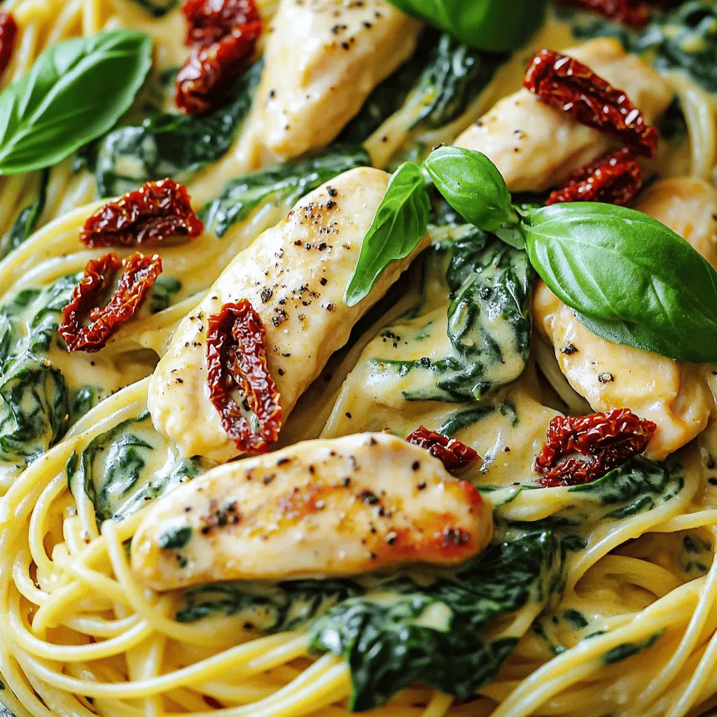 - 340 g Spaghetti - 2 Hähnchenbrustfilets, entbeint und ohne Haut, in Streifen geschnitten - 2 Esslöffel Olivenöl - 3 Knoblauchzehen, fein gehackt - 240 g getrocknete Tomaten, grob gehackt - 2 Tassen frischer Spinat - 240 ml Schlagsahne - 100 g geriebener Parmesan Die Hauptzutaten für Chicken Spaghetti sind einfach und frisch. Spaghetti sind die Basis und sorgen für Fülle. Hähnchenbrustfilets bringen Protein und Geschmack. Das Olivenöl hilft beim Braten und gibt ein tolles Aroma. Knoblauch fügt Tiefe hinzu und die getrockneten Tomaten geben einen süßen Kick. Frischer Spinat macht das Gericht gesund und bunt. Schlagsahne sorgt für eine cremige Soße, während Parmesan den perfekten Finish bietet. - 1 Teelöffel italienische Gewürzmischung - Salz und Pfeffer nach Geschmack - Frische Basilikumblätter zur Garnitur Die Gewürze sind wichtig für den vollen Geschmack. Italienische Gewürzmischung bringt die Aromen zusammen. Salz und Pfeffer sind unverzichtbar, um alle Zutaten zu betonen. Basilikum ist die perfekte Garnitur für eine frische Note. Es sieht gut aus und schmeckt köstlich. Diese Zutaten machen das Gericht zu einem echten Genuss. Wenn du mehr über die Zubereitung erfahren möchtest, schau dir das [Full Recipe] an. Um die Spaghetti perfekt zu kochen, bringe einen großen Topf mit gesalzenem Wasser zum Kochen. Füge die Spaghetti hinzu und koche sie laut Packungsanweisung. Rühre die Pasta gelegentlich um, damit sie nicht kleben bleibt. Wenn die Spaghetti al dente sind, gieße sie ab, aber bewahre 240 ml des Nudelwassers auf. Dieses Wasser hilft später, die Soße cremig zu machen. Erhitze in einer großen Pfanne Olivenöl bei mittlerer Hitze. Füge die Hähnchenstreifen hinzu und würze sie mit Salz und Pfeffer. Brate das Hähnchen etwa 6-7 Minuten lang. Achte darauf, dass es goldbraun ist und gut durchgegart. Nimm das Hähnchen aus der Pfanne und lege es beiseite. So wird es saftig und zart. In der gleichen Pfanne fügst du den gehackten Knoblauch hinzu. Brate ihn eine Minute lang an, bis er duftet. Danach kommen die getrockneten Tomaten dazu. Köchele alles für zwei Minuten. Jetzt gib den frischen Spinat in die Pfanne und lasse ihn für 2-3 Minuten zusammenfallen. Gieße die Schlagsahne dazu und bringe alles sanft zum Köcheln. Rühre den geriebenen Parmesan und die italienische Gewürzmischung ein. Wenn die Soße zu dick ist, füge etwas vom Nudelwasser hinzu, bis die Konsistenz stimmt. Für das vollständige Rezept, besuche den Abschnitt [Full Recipe]. Um die Spaghetti perfekt zu machen, koche sie al dente. Das bedeutet, dass sie weich, aber noch bissfest sind. Dies gibt den Nudeln die richtige Konsistenz. Vergiss nicht, etwas vom Nudelwasser aufzuheben. Dieses Wasser hat Stärke und hilft, die Soße zu binden. Füge es nach Bedarf zur Soße hinzu, um die perfekte Konsistenz zu erreichen. Es gibt viele Wege, Chicken Spaghetti noch besser zu machen. Du kannst verschiedene Gemüsesorten verwenden. Probiere Paprika, Zucchini oder sogar Brokkoli. Diese geben dem Gericht mehr Farbe und Nährstoffe. Außerdem kannst du Gewürze hinzufügen, um mehr Geschmack zu bekommen. Eine Prise Paprika oder italienische Kräuter kann einen großen Unterschied machen. Die Soße bleibt cremig, wenn du die richtige Milchart verwendest. Schlagsahne macht die Soße reichhaltig und glatt. Wenn du eine leichtere Option möchtest, kannst du auch Milch oder eine pflanzliche Alternative verwenden. Achte darauf, die Soße nicht zu lange zu kochen, damit sie nicht eindickt. Rühre sie ständig um, um ein Anbrennen zu verhindern und die Cremigkeit zu bewahren. {{image_4}} Eine leckere Idee ist, Oliven und Feta hinzuzufügen. Diese Zutaten bringen Geschmack und Farbe. Statt Spinat können Sie auch Mangold verwenden. Mangold hat einen milden, süßlichen Geschmack und passt gut zu diesem Gericht. Für mehr Würze können Sie Chili-Flocken hinzufügen. Diese bringen einen feurigen Kick. Falls Sie es noch würziger mögen, verwenden Sie scharfe Wurst statt Hähnchen. Diese Wurst gibt dem Gericht eine tolle, pikante Note. Wenn Sie eine vegetarische Option möchten, ersetzen Sie das Hähnchen durch Tofu oder Tempeh. Diese Optionen bieten viel Protein und sind sehr nahrhaft. Sie können auch mehr Gemüse verwenden, um eine fleischfreie Mahlzeit zu kreieren. Paprika, Zucchini oder Brokkoli sind tolle Alternativen. Diese Variationen machen Chicken Spaghetti spannend und bieten für jeden Geschmack etwas. Entdecken Sie die Möglichkeiten und finden Sie Ihre Lieblingsversion! Um Chicken Spaghetti frisch zu halten, bewahre sie in einem luftdichten Behälter auf. Stelle den Behälter in den Kühlschrank. So bleibt das Gericht bis zu drei Tage genießbar. Um Verdickung oder Trockenheit zu vermeiden, füge einen Schuss Wasser oder Brühe hinzu, wenn du es wieder aufwärmst. Rühre die Spaghetti gut durch, um die Soße gleichmäßig zu verteilen. Wenn du Chicken Spaghetti einfrieren möchtest, lasse das Gericht zuerst abkühlen. Teile es in Portionen auf und fülle sie in gefriergeeignete Beutel oder Behälter. Achte darauf, so viel Luft wie möglich herauszudrücken, bevor du sie schließt. Die optimale Zeitspanne für die Lagerung im Gefrierfach beträgt etwa drei Monate. Zum Auftauen lege die Portionen über Nacht in den Kühlschrank. Erwärme sie dann in einer Pfanne bei niedriger Hitze. Füge bei Bedarf etwas Wasser oder Brühe hinzu, um die Soße wieder cremig zu machen. Die Zubereitung von Chicken Spaghetti dauert insgesamt etwa 30 Minuten. - Vorbereitung: 15 Minuten - Kochzeit: 15 Minuten In dieser Zeit kochen Sie die Spaghetti und braten das Hähnchen. Sie können die Soße während das Wasser kocht vorbereiten. Diese kurze Zeit ist perfekt, wenn Sie ein schnelles Abendessen brauchen. Ja, Sie können Chicken Spaghetti im Voraus zubereiten. - Bereiten Sie das Gericht bis zur Fertigstellung der Soße vor. - Lassen Sie das Gericht abkühlen und lagern Sie es in einem luftdichten Behälter. - Im Kühlschrank bleibt es bis zu drei Tage frisch. Wenn Sie es aufwärmen, fügen Sie etwas Wasser oder Brühe hinzu. So bleibt die Soße cremig und lecker. Es gibt viele Alternativen für Hähnchen in diesem Gericht. - Tofu: Ersetzen Sie Hähnchen durch Tofu für eine vegetarische Option. - Tempeh: Eine weitere proteinreiche Wahl ist Tempeh. Sie können auch mehr Gemüse verwenden, wie Zucchini oder Paprika. Das gibt dem Gericht eine neue Note. Chicken Spaghetti kann gesund sein, wenn man einige Dinge beachtet. - Es enthält Protein aus Hähnchen und Nährstoffe aus Spinat. - Die Schlagsahne kann kalorienreich sein. Um es gesünder zu machen, verwenden Sie fettarme Milch oder Joghurt. Fügen Sie mehr Gemüse hinzu, um den Nährwert zu erhöhen. Chicken Spaghetti ist lecker und einfach zuzubereiten. In diesem Artikel haben wir die wichtigsten Zutaten besprochen, wie Hähnchen, Spaghetti und frischen Spinat. Zudem gab es eine klare Schritt-für-Schritt-Anleitung zur Zubereitung und hilfreiche Tipps für die perfekte Soße. Denke an die Variationen, um das Gericht spannend zu halten. Probiere neue Aromen oder ersetze das Hähnchen mit einer vegetarischen Option. Jetzt liegt es an dir, kreativ zu werden und dein eigenes Chicken Spaghetti zu zaubern! Viel Spaß dabei!