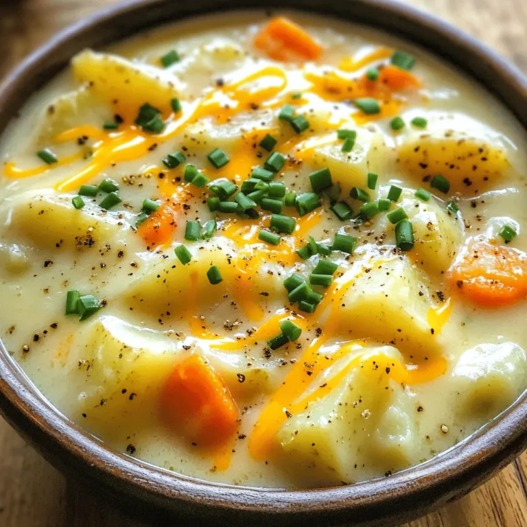 - Kartoffeln und Gemüse Kartoffeln sind die Hauptzutat in dieser Suppe. Sie geben der Suppe die richtige Dicke und Textur. Verwende festkochende Kartoffeln, damit sie ihre Form behalten. Karotten und Sellerie bringen frische Aromen und Farbe in die Suppe. Zwiebeln und Knoblauch fügen einen herzhaften Geschmack hinzu. - Cheddar-Käse und Sahne Cheddar-Käse macht die Suppe cremig und lecker. Verwende scharfen Cheddar für einen intensiveren Geschmack. Die Sahne sorgt für zusätzliche Cremigkeit. Sie macht die Suppe reichhaltig und sättigend. Du kannst auch eine leichtere Sahne verwenden, wenn du möchtest. - Gewürze und Brühe Gemüsebrühe ist die Basis. Sie sorgt für einen tiefen Geschmack. Gewürze wie Thymian und geräucherter Paprika bringen interessante Noten. Salz und Pfeffer runden alles ab. Diese einfachen Zutaten machen die Suppe zu einem wahren Genuss. Für das vollständige Rezept, schau dir die [Full Recipe] an. Zuerst schneide das Gemüse. Du brauchst: - 4 Tassen Kartoffeln, geschält und gewürfelt - 1 Tasse Karotten, gewürfelt - 1 Tasse Sellerie, gewürfelt - 1 Zwiebel, gehackt - 3 Knoblauchzehen, fein gehackt Stelle auch die Sahne und den Käse bereit. Du benötigst: - 1 Tasse Sahne - 2 Tassen geriebener scharfer Cheddar-Käse Gib das geschnittene Gemüse in deinen Slow Cooker. Füge die Gemüsebrühe dazu und würze alles gut. Du kannst es auf niedriger Stufe für 6-7 Stunden oder auf hoher Stufe für 3-4 Stunden kochen. Achte darauf, dass das Gemüse zart wird. Nach dem Kochen zerdrücke einige Kartoffeln sanft mit einem Kartoffelstampfer. Lass einige Stücke ganz, damit die Suppe Struktur hat. Rühre dann die Sahne und den Käse ein. Lass die Suppe 15-20 Minuten stehen, damit alles gut schmilzt. Probiere die Suppe und passe die Gewürze nach deinem Geschmack an. Serviere die heiße Suppe in Schalen und garniere sie mit frischem Schnittlauch. Für die vollständige Anleitung schau dir das [Full Recipe] an. Welche Kartoffeln verwenden? Ich empfehle, festkochende Kartoffeln zu nutzen. Sorten wie Yukon Gold oder Red Bliss sind ideal. Diese Kartoffeln halten ihre Form beim Kochen. Das sorgt für eine schöne Textur in der Suppe. Wie die Suppe cremiger machen Um die Suppe cremiger zu machen, füge mehr Sahne hinzu. Du kannst auch Frischkäse verwenden. Mische die Zutaten gut, um Klumpen zu vermeiden. Ein Kartoffelstampfer hilft, die Konsistenz zu verbessern. So bleibt sie dick und reichhaltig. Häufige Probleme und Lösungen Ein häufiges Problem ist, dass die Suppe zu dünn wird. Das passiert, wenn du zu viel Brühe hinzufügst. Um dies zu lösen, kannst du mehr Kartoffeln oder etwas Mehl hinzufügen. Das dickt die Suppe an und macht sie sämig. Tipps zur richtigen Gewürzmenge Die Gewürze sind wichtig für den Geschmack. Beginne mit weniger und teste die Suppe. Du kannst nach Bedarf mehr Salz oder Pfeffer hinzufügen. Auch frische Kräuter wie Schnittlauch geben einen tollen Geschmack. So passt du die Suppe perfekt an deinen Geschmack an. {{image_4}} Um deine Slow Cooker Cheesy Potato Soup zu verbessern, kannst du Gemüsevariationen hinzufügen. Füge zum Beispiel Brokkoli oder Spinat hinzu. Karotten bringen eine süße Note. Sellerie sorgt für einen knackigen Biss. Du kannst auch Blumenkohl verwenden, um die Suppe noch cremiger zu machen. Verschiedene Käsesorten können den Geschmack verändern. Neben scharfem Cheddar kannst du Gouda oder Monterey Jack probieren. Diese Käsesorten schmelzen gut und geben der Suppe einen neuen Twist. Wenn du experimentierfreudig bist, füge etwas Blauschimmelkäse hinzu. Dies gibt einen starken und würzigen Geschmack. Wenn du glutenfreie Optionen suchst, verwende Gemüsebrühe ohne Gluten. Alle anderen Zutaten sind normalerweise glutenfrei. Achte beim Kauf der Brühe auf die Etiketten, um sicherzugehen. Für eine vegane Version kannst du die Sahne durch Kokosmilch ersetzen. Verwende anstelle von Käse Hefeflocken für einen käsigen Geschmack. Du kannst auch pflanzliche Käsealternativen nutzen. Diese sind oft cremig und schmecken gut in der Suppe. Um die Slow Cooker Cheesy Potato Soup frisch zu halten, lagere sie im Kühlschrank. Fülle die Suppe in einen luftdichten Behälter. So bleibt sie bis zu fünf Tage frisch. Wenn du sie länger aufbewahren möchtest, friere sie ein. Teile die Suppe in portionierte Behälter auf. Achte darauf, etwas Platz im Behälter zu lassen. Die Suppe dehnt sich beim Einfrieren aus. Zum Auftauen stelle den Behälter über Nacht in den Kühlschrank. Du kannst die Suppe auch in der Mikrowelle auftauen. Rühre die Suppe gut um, um die Konsistenz zu verbessern. Die Haltbarkeit der Suppe ist wichtig für den Genuss. Um die Frische zu verlängern, achte auf diese Tipps: Verwende immer saubere Utensilien, um die Suppe zu entnehmen. Vermeide es, unbenutzte Portionen mit einem benutzten Löffel zu berühren. Wenn die Suppe einen seltsamen Geruch hat oder sich die Farbe ändert, wirf sie weg. Das sind Zeichen, dass die Suppe nicht mehr gut ist. Halte die Suppe kühl und genieße sie bald! Du kannst die Suppe im Kühlschrank bis zu fünf Tage aufbewahren. Stelle sicher, dass sie in einem luftdichten Behälter ist. Wenn du die Suppe länger halten möchtest, friere sie ein. In einem gefrierfesten Behälter bleibt sie bis zu drei Monate frisch. Achte darauf, die Suppe vor dem Einfrieren abkühlen zu lassen. Um die beste Qualität zu erhalten, lasse etwas Platz im Behälter für die Ausdehnung. Ja, du kannst andere Käsesorten verwenden. Gouda, Monterey Jack oder sogar Frischkäse sind gute Alternativen. Wenn du einen schärferen Geschmack magst, probiere Blauschimmelkäse. Achte darauf, dass der Käse gut schmilzt. Verwende eine Mischung aus Käsesorten für mehr Geschmack. Experimentiere, um deine perfekte Kombination zu finden. Diese Suppe enthält nahrhafte Zutaten wie Kartoffeln und Gemüse. Kartoffeln sind reich an Ballaststoffen und Vitaminen. Du kannst die Sahne durch Milch ersetzen, um die Suppe leichter zu machen. Füge mehr Gemüse hinzu, um den Nährwert zu steigern. Möhren und Sellerie sind tolle Optionen. Diese Anpassungen helfen, die Suppe gesünder zu machen. Die Suppe aus Kartoffeln, Gemüse und Käse ist einfach zuzubereiten. Wir haben die Hauptzutaten sowie die Schritte zur Zubereitung beschrieben. Denken Sie daran, die Konsistenz zu verbessern und Fehler zu vermeiden. Variationen mit anderen Käsesorten oder diätetischen Anpassungen bieten viel Spielraum. Lagern Sie die Suppe im Kühlschrank oder frieren Sie sie ein. Diese einfache Anleitung hilft Ihnen, schmackhafte und gesunde Suppen zu kreieren. Genießen Sie das Kochen und die Ergebnisse!