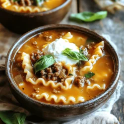 Einfache Lasagna Suppe Schnelles und köstliches Rezept 3 - 450 g Hackfleisch oder italienische Wurst - 1 mittlere Zwiebel, gewürfelt - 3 Knoblauchzehen, gehackt - 1 Dose (800 g) zerdrückte Tomaten - 1 Liter Rinderbrühe Die Hauptzutaten sind wichtig für den Geschmack. Ich bevorzuge Hackfleisch für mehr Tiefe. Wenn du Wurst nimmst, achte auf die Gewürze. Zwiebeln und Knoblauch bringen eine süße Note. Die zerdrückten Tomaten geben eine fruchtige Säure. Rinderbrühe sorgt für eine reichhaltige Basis. - 1 Teelöffel getrockneter Oregano - 1 Teelöffel getrocknetes Basilikum - 1/2 Teelöffel rote Pfefferflocken (nach Geschmack anpassen) - 8 Lasagne-Nudeln, in mundgerechte Stücke gebrochen - 240 g Ricotta-Käse - 240 g geriebener Mozzarella-Käse - 50 g geriebener Parmesan-Käse - Salz und Pfeffer nach Geschmack Die Gewürze sind der Schlüssel zu einem tollen Aroma. Oregano und Basilikum bringen italienischen Flair. Die roten Pfefferflocken geben einen kleinen Kick. Die Lasagne-Nudeln machen die Suppe sättigend. Ricotta, Mozzarella und Parmesan sorgen für cremigen Genuss. Vergiss nicht, mit Salz und Pfeffer abzuschmecken. So wird alles perfekt. Für das vollständige Rezept, schau dir die Käse Komfortschüssel: Einfache Lasagna Suppe an. Beginne mit einem großen Topf. Erhitze einen Schuss Olivenöl bei mittlerer Hitze. Füge 450 g Hackfleisch oder italienische Wurst hinzu. Brate das Fleisch, bis es leicht bräunlich ist. Zerkleinere das Fleisch mit einem Kochlöffel. Wenn viel Fett im Topf ist, gieße etwas ab. Jetzt kommt eine gewürfelte Zwiebel dazu. Gar die Zwiebel etwa fünf Minuten, bis sie weich ist. Dann füge drei gehackte Knoblauchzehen hinzu. Koche alles eine weitere Minute, bis der Knoblauch gut riecht. Gieße jetzt 800 g zerdrückte Tomaten und 1 Liter Rinderbrühe in den Topf. Füge 1 Teelöffel getrockneten Oregano und 1 Teelöffel getrocknetes Basilikum hinzu. Nach Geschmack kannst du auch 1/2 Teelöffel rote Pfefferflocken einstreuen. Vergiss nicht, mit Salz und Pfeffer zu würzen. Bringe die Mischung zum Köcheln. Jetzt ist es Zeit für die Nudeln. Breche 8 Lasagne-Nudeln in mundgerechte Stücke. Gib die Stücke in den Topf. Koche die Nudeln nach der Packungsanweisung. Das dauert in der Regel 9 bis 11 Minuten. Rühre gelegentlich um, damit sie nicht kleben. Wenn die Nudeln fertig sind, nimm den Topf vom Herd. Füge 240 g geriebenen Mozzarella und 50 g geriebenen Parmesan hinzu. Rühre alles gut um, bis der Käse schmilzt und die Suppe cremig wird. Jetzt kommt der beste Teil: das Servieren! Nimm große Schalen und fülle sie mit der Suppe. Auf jede Portion gib einen großen Löffel gewürzten Ricotta. Um das Ganze schön zu machen, garniere die Suppe mit frischem Basilikum. Das gibt einen tollen Geschmack und sieht sehr gut aus. Für das vollständige Rezept schau dir die Käse Komfortschüssel: Einfache Lasagna Suppe an! Um den Geschmack zu intensivieren, plane deine Vorbereitungen. Bereite die Brühe am Vortag zu. Das gibt den Aromen Zeit, sich zu entfalten. Du kannst auch das Hackfleisch mit Gewürzen marinieren. Lass es mindestens eine Stunde ruhen. Ein wenig Geduld macht den Unterschied. Die richtige Menge Wasser und Brühe ist entscheidend. Verwende einen Liter Rinderbrühe für die beste Basis. Wenn die Suppe zu dick wird, füge etwas mehr Brühe hinzu. Eine gute Konsistenz macht die Suppe angenehm zu essen. Achte darauf, die Lasagne-Nudeln nicht zu lange zu kochen. Sie saugen Flüssigkeit auf und machen die Suppe dickflüssig. Zu dieser Suppe passen viele Beilagen. Ein frisches Baguette ist immer eine gute Wahl. Du kannst auch einen einfachen grünen Salat anbieten. Ein bisschen Knoblauchbrot macht die Mahlzeit noch besser. Garniere die Suppe mit extra Käse und frischem Basilikum. Das sieht schön aus und schmeckt köstlich. {{image_4}} Für eine vegetarische Variante der Lasagna Suppe verwenden Sie Gemüse oder pflanzliche Wurst. Sie können Zucchini, Karotten oder Paprika hinzufügen. Diese Zutaten geben der Suppe frische Farben und Aromen. Wenn Sie pflanzliche Wurst wählen, achten Sie auf eine gute Qualität. So bleibt der Geschmack intensiv und lecker. Variieren Sie die Gewürze, um neue Geschmäcker zu entdecken. Neben Oregano und Basilikum können Sie auch Thymian oder Petersilie verwenden. Ein Hauch von geräuchertem Paprika gibt der Suppe einen besonderen Kick. Wenn Sie es scharf mögen, fügen Sie mehr rote Pfefferflocken hinzu. Experimentieren Sie mit verschiedenen Kräutern, um Ihre perfekte Mischung zu finden. Die Käsesorten spielen eine wichtige Rolle in der Lasagna Suppe. Neben Ricotta und Mozzarella können Sie auch Gouda oder Feta verwenden. Diese Käsesorten bringen unterschiedliche Geschmäcker in die Suppe. Möchten Sie eine cremigere Konsistenz? Dann wählen Sie mehr Ricotta. Wenn Sie es würziger mögen, probieren Sie einen scharfen Käse. So wird jede Portion einzigartig und schmackhaft. Um das vollständige Rezept zu finden, schauen Sie sich die Käse Komfortschüssel: Einfache Lasagna Suppe an. Um die Reste Ihrer Lasagna Suppe richtig zu lagern, lassen Sie die Suppe zuerst abkühlen. Verwenden Sie dann luftdichte Behälter. Diese helfen, die Frische zu bewahren. Lagern Sie die Suppe im Kühlschrank. So bleibt sie bis zu drei Tage genießbar. Wenn Sie die Suppe länger aufbewahren möchten, ist das Einfrieren eine gute Option. Um die Lasagna Suppe einzufrieren, füllen Sie die abgekühlte Suppe in gefrierfeste Behälter oder Beutel. Lassen Sie dabei etwas Platz für die Ausdehnung. Beschriften Sie die Behälter mit dem Datum. Die Suppe kann bis zu drei Monate eingefroren werden. Zum Auftauen stellen Sie die gefrorene Suppe einfach in den Kühlschrank. Lassen Sie sie dort über Nacht auftauen. Erhitzen Sie die Suppe dann in einem Topf, bis sie heiß ist. Die Lasagna Suppe hält sich im Kühlschrank etwa drei Tage. Achten Sie darauf, die Suppe gut abzudecken. Wenn Sie Anzeichen von Verderb sehen, wie einen unangenehmen Geruch oder Schimmel, werfen Sie die Suppe weg. Sicherheit geht immer vor. Genießen Sie also Ihre Lasagna Suppe frisch und lecker! Die Lasagna Suppe ist schnell gemacht. Die Vorbereitungszeit beträgt etwa 15 Minuten. Die Kochzeit ist etwa 20 Minuten. Insgesamt benötigst du nur 35 Minuten. Das ist perfekt für ein schnelles Abendessen. Ja, du kannst die Lasagna Suppe im Voraus machen. Bereite die Suppe bis zum Kochen der Nudeln vor. Kühl sie dann ab und bewahre sie im Kühlschrank auf. Wenn du bereit bist zu essen, erhitze die Suppe und füge die Nudeln hinzu. So sparst du Zeit am Tag des Servierens. Ein frischer Salat passt gut dazu. Du kannst auch Knoblauchbrot oder Ciabatta servieren. Diese Beilagen ergänzen die Suppe perfekt. Sie bringen eine schöne Textur und Geschmack ins Spiel. Du findest das vollständige Rezept hier: Käse Komfortschüssel: Einfache Lasagna Suppe . Es bietet alle Details, die du brauchst, um diese köstliche Suppe zuzubereiten. Die Lasagna Suppe vereint köstliche Zutaten wie Hackfleisch, Tomaten und viele Gewürze. Ich habe die Schritte zur Zubereitung erklärt und Tipps für die perfekte Konsistenz gegeben. Auch Variationen und Aufbewahrungstipps sind wichtig, um das Gericht frisch zu halten. Insgesamt ist die Lasagna Suppe einfach zuzubereiten und vielseitig anpassbar. Experimentiere mit verschiedenen Käsesorten und Gewürzen, um deinen eigenen Geschmack zu finden. Viel Spaß beim Kochen und Genießen dieser herzhaften Suppe!