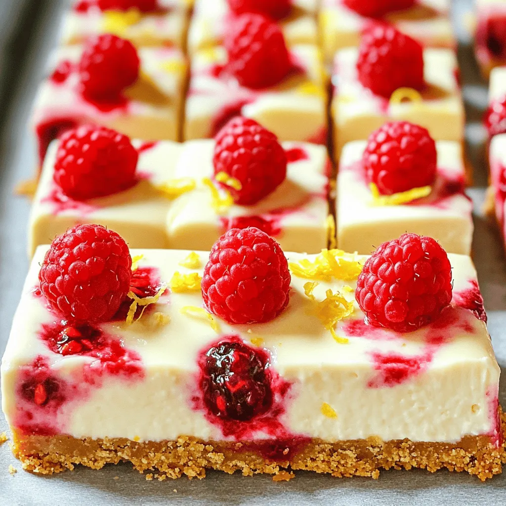 Für die Zubereitung der Himbeer-Zitronen-Käsekuchen-Riegel benötigst du frische und einfache Zutaten. Hier sind die Zutaten für den Boden und die Käsekuchenfüllung: - 1 ½ Tassen Graham-Cracker-Brösel - ½ Tasse ungesalzene Butter, geschmolzen - ¼ Tasse Kristallzucker - 1 Teelöffel Vanilleextrakt - 450 g weicher Frischkäse - 150 g Kristallzucker - 2 große Eier - 2 Esslöffel Mehl - Schale von 1 Zitrone - 60 ml frisch gepresster Zitronensaft - 1 Tasse frische Himbeeren (und einige zum Garnieren) Mit diesen frischen Zutaten wirst du die besten Riegel zaubern. Die Kombination von Himbeeren und Zitrone sorgt für einen tollen Geschmack. Die süße Füllung passt perfekt zum knusprigen Boden. Wenn du bereit bist, die Riegel zu machen, kannst du die vollständige Anleitung im Full Recipe finden. - Heizen Sie den Ofen auf 163 °C vor. - Legen Sie eine 20x20 cm Backform mit Backpapier aus. Lassen Sie die Enden über den Rand hinausragen. So können Sie die Riegel später leicht herausnehmen. - Mischen Sie in einer mittelgroßen Schüssel die Graham-Cracker-Brösel, die geschmolzene Butter, den Zucker und den Vanilleextrakt. - Rühren Sie gut um, bis alles gleichmäßig vermischt ist. - Drücken Sie die Mischung mit einem Messbecher in die Backform. Machen Sie eine gleichmäßige Schicht. - Backen Sie den Boden für 10 Minuten. Lassen Sie ihn anschließend kurz abkühlen. - In einer großen Schüssel schlagen Sie den weichen Frischkäse mit dem Kristallzucker. Mischen Sie, bis die Mischung glatt und cremig ist. - Fügen Sie die Eier nacheinander hinzu und mischen Sie gut nach jeder Zugabe. - Mischen Sie das Mehl, den Vanilleextrakt, die Zitronenschale und den Zitronensaft hinzu. Rühren Sie, bis alles gerade vermischt ist. - Heben Sie die Himbeeren vorsichtig unter die Füllung. Achten Sie darauf, sie nicht zu zerdrücken. - Gießen Sie die Käsekuchenfüllung gleichmäßig über den abgekühlten Boden. Verteilen Sie sie mit einem Spatel. - Backen Sie die Käsekuchenriegel für 30-35 Minuten. Die Ränder sollten fest sein, aber die Mitte darf noch leicht wackeln. - Lassen Sie die Riegel bei Raumtemperatur etwa eine Stunde abkühlen. Stellen Sie sie dann für mindestens 3 Stunden in den Kühlschrank, bis sie fest sind. - Ziehen Sie die Riegel mit dem Backpapier aus der Form. Schneiden Sie sie in Quadrate. Um die beste Konsistenz zu erreichen, ist die Mischung wichtig. Beginnen Sie mit weichem Frischkäse. Dadurch wird die Füllung glatt. Mixen Sie ihn mit Zucker, bis er cremig ist. Achten Sie darauf, die Eier einzeln hinzuzufügen. Vermischen Sie alles gut, aber übertreiben Sie es nicht. Zu viel Rühren kann die Füllung luftig machen. Die Temperatur der Zutaten spielt eine große Rolle. Verwenden Sie alle Zutaten bei Zimmertemperatur. Kalte Zutaten können Klumpen bilden. Das möchten Sie nicht. Lassen Sie die Eier und den Frischkäse vor der Zubereitung etwas stehen. Um Himbeeren richtig einzuarbeiten, waschen Sie sie vorsichtig. Trocknen Sie sie gut ab. Fügen Sie die Himbeeren in die Füllung kurz vor dem Backen hinzu. So bleiben sie ganz. Wenn Sie sie zu früh hinzufügen, zerdrücken sie sich. Das ergibt matschige Riegel, was wir vermeiden wollen. Eine einfache Methode, um matschige Riegel zu vermeiden, ist, die Himbeeren leicht mit Mehl zu bestäuben. Das hilft, überschüssige Feuchtigkeit aufzusaugen. So bleibt die Füllung fest und lecker. Für die Präsentation richten Sie die Riegel auf einem schönen Teller an. Schneiden Sie die Riegel gleichmäßig, um sie ansprechend zu machen. Garnieren Sie sie mit frischen Minzblättern. Das sieht toll aus und gibt einen frischen Geschmack. Zusätzlich können Sie die Riegel mit Puderzucker bestäuben. Das sorgt für einen hübschen Look. Servieren Sie die Riegel kalt. So schmecken sie am besten. Probieren Sie es aus und erleben Sie den Genuss! {{image_4}} Eine großartige Möglichkeit, diese Riegel anzupassen, ist die Wahl der Früchte. Himbeeren sind frisch und lecker, aber du kannst auch andere Früchte verwenden. - Erdbeer-Zitronen-Käsekuchenriegel: Verwende frische Erdbeeren statt Himbeeren. Die Erdbeeren bringen eine süße Note und passen gut zur Zitronenfrische. Schneide die Erdbeeren in kleine Stücke, damit sie gleichmäßig in der Füllung verteilt sind. - Blaubeeren statt Himbeeren: Blaubeeren sind eine weitere köstliche Option. Ihr süßer Geschmack ergänzt die Zitrone perfekt. Du kannst frische oder gefrorene Blaubeeren verwenden. Achte darauf, sie vorsichtig unterzuheben, um sie nicht zu zerdrücken. Wenn du auf Gluten verzichten möchtest, gibt es einfache Alternativen. - Alternativen für Graham-Cracker: Du kannst zerbröselte glutenfreie Kekse oder Haferflocken verwenden. Diese sorgen für einen ähnlichen Geschmack und eine gute Textur. Achte darauf, dass sie glutenfrei sind. - Verwendung von glutenfreien Mehlen: Statt normalem Mehl kannst du Mandelmehl oder Kokosmehl verwenden. Diese Mehle bringen einen neuen Geschmack und eine tolle Konsistenz in die Füllung. Stelle sicher, dass du die richtige Menge an Mehl verwendest, um die Textur nicht zu verändern. Mit diesen Variationen kannst du deine Raspberry Lemon Cheesecake Bars ganz nach deinem Geschmack gestalten. Du findest das vollständige Rezept im Abschnitt „Full Recipe“. Um die Himbeer-Zitronen-Käsekuchen-Riegel frisch zu halten, lagere sie im Kühlschrank. Die ideale Lagertemperatur liegt bei etwa 4 °C. Verwende einen luftdichten Behälter, um die Riegel vor Gerüchen zu schützen. So bleiben sie länger lecker und frisch. Im Kühlschrank sind die Riegel bis zu einer Woche haltbar. Achte darauf, sie gut abzudecken, damit sie nicht austrocknen. Vor dem Servieren ist es wichtig, die Riegel gut zu kühlen. Ich empfehle, sie mindestens drei Stunden im Kühlschrank zu lassen. So werden sie fest und die Aromen können sich entfalten. Du kannst die Riegel auch einfrieren, wenn du sie länger aufbewahren möchtest. Packe sie in einen luftdichten Behälter oder wickele sie in Frischhaltefolie. Im Gefrierfach halten sie bis zu drei Monate. Vor dem Servieren einfach über Nacht im Kühlschrank auftauen lassen. So bleiben sie frisch und schmackhaft. Die Riegel bleiben frisch für etwa 4 bis 5 Tage im Kühlschrank. Sie sollten in einem luftdichten Behälter gelagert werden. So bleiben sie weich und lecker. Ich empfehle, die Riegel einzeln zu verpacken, wenn Sie einige für später aufbewahren möchten. So bleibt der Geschmack erhalten. Ja, Sie können die Riegel einfrieren. Hier ist eine Schritt-für-Schritt-Anleitung: 1. Lassen Sie die Riegel vollständig abkühlen. 2. Schneiden Sie sie in Quadrate. 3. Wickeln Sie jedes Stück in Frischhaltefolie. 4. Legen Sie die verpackten Riegel in einen Gefrierbeutel. 5. Beschriften Sie den Beutel mit dem Datum. Die Riegel halten sich bis zu 2 Monate im Gefrierfach. Zum Auftauen einfach über Nacht im Kühlschrank lassen. Wenn der Käsekuchen nicht fest wird, gibt es einige mögliche Ursachen: - Zu viel Flüssigkeit: Achten Sie darauf, den Zitronensaft genau zu messen. - Nicht genug Backzeit: Überprüfen Sie den Käsekuchen, wenn die Ränder fest sind und die Mitte leicht wackelt. - Temperatur der Zutaten: Alle Zutaten sollten Zimmertemperatur haben. Wenn die Riegel nicht fest sind, lassen Sie sie länger im Kühlschrank. Sie müssen vollständig auskühlen, um fest zu werden. Um den Geschmack der Riegel anzupassen, probieren Sie diese Tipps: - Süße erhöhen: Fügen Sie mehr Zucker hinzu, wenn Sie es süßer mögen. - Säure anpassen: Verwenden Sie mehr oder weniger Zitronensaft, je nach Geschmack. - Früchte ändern: Statt Himbeeren können Sie Erdbeeren oder Blaubeeren verwenden. Diese Anpassungen machen das Rezept flexibel. Viel Spaß beim Experimentieren! Dieser Käsekuchen ist einfach zuzubereiten und köstlich. Wir haben die Zutaten für den Boden und die Füllung behandelt. Zudem gab es eine klare Anleitung für die Zubereitung und wertvolle Tipps für perfekte Riegel. Denk daran, die Himbeeren richtig einzuarbeiten und achte auf die Lagerung. Diese Tipps helfen dir, weitere Variationen auszuprobieren. Stell sicher, dass du die Riegel vor dem Servieren kühl lagerst. Viel Spaß beim Backen und Genießen!