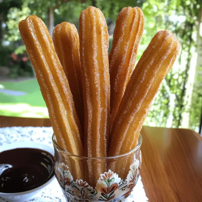 Um köstliche Churros zu machen, brauchst du: - 1 Tasse Wasser - 2 Esslöffel Pflanzenöl - 2 Esslöffel Kristallzucker - 1 Tasse Weizenmehl - 1/4 Teelöffel Salz - 1 Teelöffel Backpulver - 2 große Eier - Pflanzenöl (zum Frittieren) Diese Zutaten bilden die Basis für deinen Teig. Das Wasser und das Pflanzenöl geben Feuchtigkeit und helfen, die Churros aufzuquellen. Der Zucker sorgt für eine leichte Süße, während das Weizenmehl die Struktur bildet. Das Salz und das Backpulver helfen beim Aufgehen. Für die Zimt-Zucker-Beschichtung benötigst du: - 1/2 Tasse Kristallzucker - 1 Esslöffel gemahlener Zimt Diese Mischung macht die Churros besonders lecker. Der Zucker karamellisiert leicht, während die Churros frittieren. Der Zimt fügt einen warmen, aromatischen Geschmack hinzu, der perfekt zu diesen süßen Leckereien passt. Für kreative Füllungen kannst du wählen: - Schokoladencreme - Karamellcreme Diese Füllungen sind optional, aber sie bringen den Churros einen zusätzlichen Kick. Du kannst die Churros nach dem Frittieren füllen oder sie einfach als Dip anbieten. Wenn du das machst, hast du eine schöne Mischung aus knusprig und cremig. Für das komplette Rezept schaue dir die Anleitung in der Sektion „Vollständiges Rezept“ an. Um den perfekten Churroteig zu machen, beginne ich mit einer Mischung aus Wasser, Pflanzenöl und Zucker. Ich bringe diese Mischung in einem mittelgroßen Kochtopf zum Kochen. Das ist der erste Schritt, um den Teig schön fluffig zu bekommen. Wenn die Mischung kocht, nehme ich sie vom Herd. Dann füge ich Weizenmehl, Salz und Backpulver auf einmal hinzu. Ich rühre kräftig mit einem Holzlöffel, bis der Teig zusammenkommt und sich vom Topf löst. Es ist wichtig, dass der Teig nicht zu heiß ist, wenn ich die Eier hinzufüge. Ich lasse ihn etwas abkühlen und füge dann die Eier nacheinander hinzu. Nach jedem Ei rühre ich gut um, bis die Masse glatt und glänzend ist. Jetzt kommt der spannende Teil: das Frittieren! Ich erhitze in einer tiefen Pfanne etwa 5 cm Pflanzenöl auf 180°C. Das Öl muss heiß genug sein, damit die Churros knusprig werden. Ich fülle den Churroteig in einen Spritzbeutel mit einer sternförmigen Tülle. Dann spritze ich 10–15 cm lange Streifen in das heiße Öl. Mit einer Schere trenne ich die Streifen ab. Ich frittiere die Churros in Chargen für 2–3 Minuten auf jeder Seite, bis sie goldbraun sind. Wenn sie fertig sind, nehme ich sie mit einer Schaumkelle heraus und lasse sie auf Küchenpapier abtropfen. Für die Zimt-Zucker-Beschichtung mische ich Kristallzucker und gemahlenen Zimt in einer flachen Schüssel. Ich wälze die warmen Churros in dieser Mischung, bis sie gleichmäßig bedeckt sind. Das gibt den Churros ihren süßen und würzigen Geschmack. Ich serviere die Churros am besten warm, oft mit einer Seite von Schokoladensauce oder dulce de leche zum Dippen. Man kann auch mit der Präsentation spielen. Ich stelle sie in ein hohes Glas oder auf einen dekorativen Teller, um sie ansprechend zu präsentieren. Die richtige Öltemperatur ist sehr wichtig. Das Öl sollte 180°C heiß sein. Zu kaltes Öl macht die Churros fettig. Zu heißes Öl brennt sie an. Um die Teigkonsistenz zu prüfen, sollte der Teig dick und glatt sein. Wenn er zu flüssig ist, fügen Sie etwas mehr Mehl hinzu. Frittierte Churros sind außen knusprig und innen weich. Sie haben einen reichen Geschmack. Gebackene Churros sind leichter, aber weniger knusprig. Das Frittieren bringt mehr Geschmack, da die Churros im heißen Öl schnell garen. So erhalten sie ihre typische Form und Textur. Ein häufiger Fehler ist, den Teig nicht richtig zu mischen. Der Teig muss glatt sein, ohne Klumpen. Zudem sollten Sie die Churros nicht zu früh ins Öl geben. Warten Sie, bis das Öl wirklich heiß ist. Ein weiterer Fehler ist, die Churros zu lange zu frittieren. Halten Sie sie im Auge, um die perfekte goldene Farbe zu erreichen. Für das volle Churro-Erlebnis, schauen Sie sich das [Full Recipe] an und zaubern Sie diese süße Leckerei zu Hause! {{image_4}} Gefüllte Churros sind eine leckere Wendung des klassischen Rezepts. Du kannst sie mit verschiedenen Füllungen anpassen. Hier sind einige tolle Ideen für Füllungen: - Schokolade: Schmelze dunkle oder Milchschokolade. Spritze sie in die Churros nach dem Frittieren. Das gibt eine süße Überraschung. - Vanille: Verwende eine Vanillecreme oder Pudding. Die Creme macht die Churros reichhaltig und cremig. - Fruchtpüree: Du kannst auch püriertes Obst nehmen. Erdbeeren oder Himbeeren passen super gut und bringen Frische. Das Füllen macht die Churros noch aufregender. Du solltest sie warm servieren, damit die Füllung schön schmilzt. Churros schmecken fantastisch mit verschiedenen Dips. Hier sind die besten Dips und Beilagen: - Schokoladensauce: Eine dicke, reichhaltige Schokoladensauce ist ein Hit. Sie macht das Dippen spaßig. - Dulce de Leche: Diese Karamellsauce passt perfekt zu den warmen Churros. Sie ist süß und cremig. - Vanillesauce: Eine leichte Vanillesauce ist eine tolle Ergänzung. Sie gibt einen schönen Kontrast zu den warmen Churros. Du kannst auch frisches Obst oder Sahne dazu anbieten. Es gibt viele Wege, die Churros zu genießen. Es gibt viele kreative Möglichkeiten, Churros für besondere Anlässe zu machen. Hier sind einige Ideen für Feiertagsversionen: - Kürbisgewürz: Für den Herbst kannst du Kürbispüree und Gewürze wie Zimt und Muskatnuss hinzufügen. Das gibt einen warmen, herbstlichen Geschmack. - Lebkuchen: Für die Winterferien kannst du Lebkuchengewürze verwenden. Zimt, Ingwer und Nelken bringen einen festlichen Flair. Diese saisonalen Variationen machen die Churros zu einem besonderen Leckerbissen. Egal, ob du sie zu Weihnachten oder im Herbst servierst, sie sind immer ein Hit. Um die Churros frisch und lecker zu halten, bewahre sie in einem luftdichten Behälter auf. Lass sie zuerst abkühlen, bevor du sie hineinlegst. So bleibt der Dampf nicht im Behälter und macht die Churros weich. Wenn du die Churros länger aufbewahren möchtest, friere sie einfach ein. Lege sie in einen Gefrierbeutel und drücke die Luft heraus. So bleiben sie bis zu drei Monate frisch. Um die Churros wieder knusprig zu machen, kannst du sie im Ofen aufwärmen. Heize den Ofen auf 180 Grad vor und lege die Churros auf ein Backblech. Backe sie für etwa 5 bis 10 Minuten. Alternativ kannst du sie auch in einer Pfanne kurz anbraten. So werden sie außen wieder knusprig, ohne zu verbrennen. Churros sind frisch am besten. Sie bleiben bei Raumtemperatur 1 bis 2 Tage gut. Im Kühlschrank halten sie sich bis zu 5 Tage, aber sie werden weich. Wenn du sie einfrierst, bleiben sie bis zu drei Monate frisch. Achte darauf, sie gut zu verpacken, um Gefrierbrand zu vermeiden. Die Zubereitung von Churros dauert insgesamt etwa 30 Minuten. Die Vorbereitungszeit beträgt 15 Minuten, und das Frittieren dauert etwa 15 Minuten. So kannst du schnell eine leckere Nachspeise zaubern. Ja, du kannst Churros im Voraus machen. Bereite den Teig und forme die Churros. Lagere sie dann auf einem Blech im Kühlschrank. Frittiere sie kurz vor dem Servieren. So bleiben sie frisch und knusprig. Churros schmecken am besten mit Schokoladensauce oder dulce de leche. Du kannst auch Sahne oder Eis dazu servieren. Ein kaltes Getränk, wie Schokolade oder Kaffee, passt perfekt. Churros sind ein köstliches Dessert, das viel Freude bringt. Wir haben die Zutaten, die Zubereitung und wichtige Tipps behandelt. Achte auf die richtige Öltemperatur und die Teigkonsistenz. Variationen, wie gefüllte Churros, machen das Rezept spannender. Lagere sie gut, damit sie frisch bleiben. Mit diesem Wissen kannst du jetzt leckere Churros selbst machen. Probiere verschiedene Dips und Füllungen aus, um deinen perfekten Churro zu finden!
