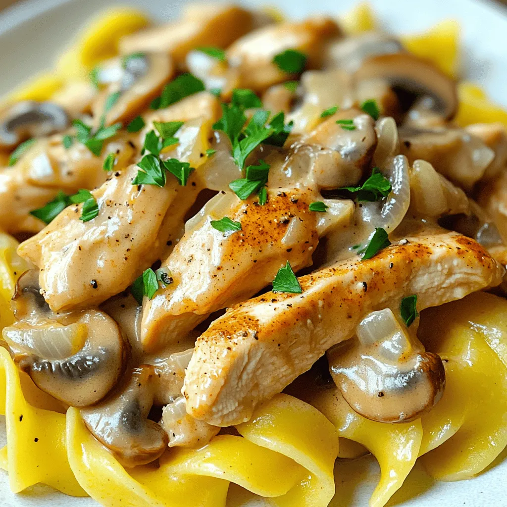 Hier sind die Zutaten, die du für dein Hähnchen Stroganoff brauchst: - 450 g Hähnchenbrustfilet, ohne Haut und Knochen, in Streifen geschnitten - 1 mittelgroße Zwiebel, gewürfelt - 3 Knoblauchzehen, fein gehackt - 225 g Champignons, in Scheiben geschnitten (z. B. Button oder Cremini) - 500 ml Hühnerbrühe - 240 ml saure Sahne - 2 Esslöffel Weizenmehl - 2 Esslöffel Olivenöl - 1 Esslöffel Dijon-Senf - 1 Teelöffel geräuchertes Paprikapulver - Salz und Pfeffer nach Geschmack - Frische Petersilie, gehackt (zur Garnierung) - Gekochte Eiernudeln oder Reis (zum Servieren) Die Maßeinheiten hier sind einfach zu verstehen. Du kannst auch andere Einheiten verwenden, wenn du magst. Zum Beispiel: - 450 g Hähnchenbrust = etwa 1 Pfund - 500 ml Hühnerbrühe = etwa 2 Tassen - 240 ml saure Sahne = etwa 1 Tasse Wenn du keine Hühnerbrühe hast, kannst du Gemüsebrühe nehmen. Das gibt dem Gericht einen anderen, aber leckeren Geschmack. Frische Zutaten schmecken oft besser. Sie haben mehr Aroma und Textur. Wenn du frische Champignons findest, nimm sie! Wenn du gefrorene Zutaten hast, benutze sie. Sie sind gut, aber vielleicht nicht so knackig. Achte darauf, dass gefrorenes Hähnchen gut aufgetaut ist. Das sorgt für gleichmäßiges Garen. Frische Zwiebeln und Knoblauch geben mehr Geschmack, so viel kann ich dir sagen. Um Hähnchen Stroganoff schnell und einfach zu machen, beginne mit den Zutaten. Du brauchst 450 g Hähnchenbrust, Zwiebel, Knoblauch, Champignons, Hühnerbrühe, saure Sahne, Weizenmehl, Olivenöl, Dijon-Senf, geräuchertes Paprikapulver, Salz, Pfeffer und Petersilie. 1. Erhitze das Olivenöl in einer großen Pfanne bei mittlerer Hitze. 2. Füge die gewürfelte Zwiebel hinzu und brate sie 3-4 Minuten. 3. Rühre den gehackten Knoblauch ein und koche für eine weitere Minute. 4. Gib die Champignons in die Pfanne und brate sie 5 Minuten goldbraun. 5. Schiebe die Pilze zur Seite und koche die Hähnchenstreifen mit Salz, Pfeffer und Paprika 5-6 Minuten. Beim Anbraten ist die Temperatur wichtig. Du willst eine schöne Bräunung, also achte darauf, dass das Öl heiß ist. Wenn du das Hähnchen legst, lasse Platz zwischen den Stücken. So garen sie gleichmäßig. - Verwende frische Zutaten für den besten Geschmack. - Rühre die Zutaten nicht zu oft, damit sie bräunen können. Um die Sauce zu machen, streue das Mehl über die Pfanne. Rühre alles gut um, damit das Mehl gleichmäßig verteilt ist. Lass es 2 Minuten kochen, um den rohen Geschmack zu entfernen. Gieße dann langsam die Hühnerbrühe hinein und rühre ständig. Lass die Mischung köcheln, bis sie leicht dick ist. Reduziere die Hitze und rühre die saure Sahne und den Dijon-Senf ein. Erwärme vorsichtig, aber lass die Sauce nicht kochen. Schmecke sie ab und passe die Gewürze nach Bedarf an. Für das vollständige Rezept sieh dir die [Full Recipe] an. Ein häufiger Fehler ist, das Hähnchen zu lange zu kochen. Das macht es trocken. Koche es nur, bis es gar ist. Achte darauf, dass du die Zwiebeln nicht verbrennst. Sie sollten nur weich und durchsichtig sein. Wenn du die Champignons zu früh hinzufügst, verlieren sie ihre Textur. Gar sie erst, wenn die Zwiebeln bereit sind. Frische Petersilie bringt Farbe und Geschmack. Streue sie kurz vor dem Servieren darüber. Du kannst auch geröstete Mandeln probieren für einen knusprigen Biss. Serviere das Gericht in tiefen Tellern. So bleibt die Sauce gut erhalten. Eiernudeln sind klassisch und passen perfekt. Sie nehmen die Sauce gut auf. Reis ist eine gute Alternative, wenn du es leicht magst. Für einen gesünderen Ansatz kannst du Blumenkohlreis verwenden. Das sorgt für mehr Gemüse auf dem Teller. Probiere verschiedene Beilagen aus, um deinen Favoriten zu finden. Für das vollständige Rezept schau dir die [Full Recipe] an. {{image_4}} Für eine vegetarische Version kannst du das Hähnchen durch Tofu oder Seitan ersetzen. Tofu ist eine großartige Proteinquelle und nimmt den Geschmack der Sauce gut auf. Schneide den Tofu in Streifen und brate ihn goldbraun an, bevor du die Sauce hinzufügst. Seitan hat eine fleischähnliche Textur und funktioniert ebenfalls sehr gut. Du kannst auch extra Gemüse wie Zucchini oder Paprika hinzufügen, um mehr Geschmack und Farbe zu bekommen. Wenn du eine glutenfreie Diät befolgst, tausche das Weizenmehl gegen eine glutenfreie Mehlmischung aus. Diese Mischung bindet die Sauce gut. Achte auch darauf, glutenfreie Hühnerbrühe zu verwenden. Die restlichen Zutaten sind in der Regel glutenfrei, aber überprüfe die Etiketten. So kannst du das Gericht genießen, ohne dir Sorgen zu machen. Nutze saisonale Zutaten, um deine Sauce zu verfeinern. Im Frühling sind frische Spargelstücke eine tolle Ergänzung. Im Herbst kannst du Kürbiswürfel hinzufügen, die eine süße Note bringen. Auch frische Kräuter wie Thymian oder Rosmarin passen hervorragend zu diesem Gericht. Diese Zutaten geben deinem Chicken Stroganoff eine besondere Note und machen es noch leckerer. Um dein Hähnchen Stroganoff frisch zu halten, lagere es in einem luftdichten Behälter. Stelle sicher, dass die Reste gut abgekühlt sind, bevor du sie in den Kühlschrank gibst. So bleibt das Gericht bis zu drei Tage haltbar. Wenn du das Hähnchen Stroganoff einfrieren möchtest, verwende gefrierfeste Behälter. Es hält sich dann bis zu drei Monate. Achte darauf, das Gericht gut zu etikettieren. So weißt du immer, was drin ist. Um die Reste aufzuwärmen, nimm sie aus dem Kühlschrank oder Gefrierfach. Wenn du gefrorenes Stroganoff hast, lasse es zuerst im Kühlschrank auftauen. Erhitze dann das Gericht in einem Topf bei mittlerer Hitze. Füge etwas Brühe oder Wasser hinzu, um die Sauce cremig zu halten. Rühre regelmäßig um, damit nichts anbrennt. Du kannst auch die Mikrowelle nutzen. Stelle das Stroganoff in eine mikrowellengeeignete Schüssel und decke es ab. Erhitze es in Intervallen von einer Minute, bis es warm ist. Wenn du Reste hast, gibt es viele Möglichkeiten, sie zu nutzen. Du kannst das Hähnchen Stroganoff in einem Wrap oder Sandwich verwenden. Füge frisches Gemüse und eine Sauce hinzu, um mehr Geschmack zu bekommen. Eine andere Idee ist, es in einer Auflaufform mit Käse zu überbacken. Das gibt eine tolle Kruste! Du kannst auch die Reste mit Nudeln oder Reis mischen, um eine neue Mahlzeit zu kreieren. Das macht das Essen spannend und lecker. Die Zubereitung von Chicken Stroganoff dauert etwa 30 Minuten. Die Vorbereitungszeit beträgt etwa 15 Minuten. Das Kochen selbst nimmt dann etwa 15 Minuten in Anspruch. Es ist ein schnelles Gericht, perfekt für geschäftige Abende. Falls du keine saure Sahne hast, gibt es Alternativen. Du kannst griechischen Joghurt verwenden, um eine ähnliche Cremigkeit zu erreichen. Auch Frischkäse funktioniert gut. Wenn du es leichter magst, nimm einfach etwas Milch oder Pflanzenmilch. Das gibt dem Gericht eine andere, aber leckere Note. Ja, du kannst Chicken Stroganoff im Voraus machen. Koche es einfach und lasse es abkühlen. Danach kannst du es in einem luftdichten Behälter im Kühlschrank aufbewahren. Es bleibt bis zu drei Tage frisch. Wenn du es aufwärmst, füge etwas Brühe hinzu, damit es nicht zu dick wird. So bleibt die Konsistenz schön cremig. Für das vollständige Rezept, schau dir [Full Recipe] an! Wir haben die Zutaten für Hähnchen Stroganoff genau betrachtet und deren Varianten besprochen. Die Schritt-für-Schritt-Anleitung hilft dir beim Kochen und vermeidet häufige Fehler. Auch die besten Beilagen und Garnituren sind wichtig. Anhand der Tipps zur Lagerung und Resteverwertung kannst du das Gericht optimal nutzen. Das Hähnchen Stroganoff ist einfach und vielseitig. Du kannst die Rezepte an deinen Geschmack anpassen. Probiere verschiedene Variationen aus und genieße leckere Gerichte!