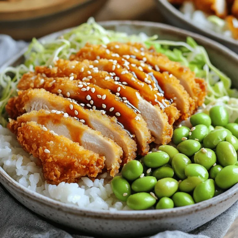 - Hähnchen oder Schweinefleisch - Panko-Brösel und ihre Bedeutung - Gewürze und Marinade für den perfekten Geschmack Die Hauptzutaten für Katsu sind einfach und lecker. Du kannst Hähnchen oder Schweinefleisch verwenden. Ich bevorzuge Hähnchen, weil es saftig und zart ist. Das Fleisch sollte gut gewürzt sein. Salz und Pfeffer sind die Basis. Diese Gewürze bringen den Geschmack des Fleisches hervor. Panko-Brösel sind der Schlüssel zur Knusprigkeit. Sie sind leichter und luftiger als normale Brösel. Das macht deinen Katsu besonders knusprig. Wenn du die Katsu brätst, nutzen die Panko-Brösel die Hitze optimal aus. So bleibt das Fleisch saftig. Eine gute Marinade ist wichtig. Du kannst Sojasauce, Knoblauch und Ingwer hinzufügen. Diese Zutaten geben dem Katsu einen tollen Geschmack. Lass das Fleisch mindestens 30 Minuten marinieren, damit die Aromen gut einziehen. - Funktion der Miso-Paste - Warum Sojasauce und Reisessig wichtig sind Die Miso-Sauce ist das Herzstück deiner Katsu-Bowl. Miso-Paste gibt der Sauce Tiefe und Umami. Es gibt verschiedene Arten von Miso, wie weiß oder rot. Weißes Miso ist milder. Rot ist kräftiger und salziger. Sojasauce bringt zusätzliche Würze. Sie ergänzt die Miso-Paste perfekt. Reisessig sorgt für einen frischen, leicht sauren Kick. Diese drei Zutaten zusammen machen die Sauce besonders lecker. Mische sie gut, bis die Sauce cremig ist. - Weißkraut und Edamame - Empfehlungen für Garnierungen wie Sesamsamen Für die Katsu-Bowl sind frische Toppings wichtig. Weißkraut gibt einen schönen Crunch. Du kannst es einfach fein schneiden und über die Katsu legen. Edamame sind auch toll. Sie bringen Farbe und einen nussigen Geschmack. Sesamsamen sind eine wunderbare Garnitur. Sie fügen ein nussiges Aroma hinzu und sehen schön aus. Streue sie einfach über die Bowl, bevor du servierst. So wird dein Gericht nicht nur lecker, sondern auch hübsch. Für das vollständige Rezept, schau dir die Anleitung für Crispy Katsu Bowls mit Miso Zing an. Um den besten Geschmack zu erreichen, würze das Hähnchen oder Schweinefleisch. Streue eine gute Menge Salz und Pfeffer über das Fleisch. Lass es für mindestens 15 Minuten ruhen. So nimmt das Fleisch die Aromen gut auf. Für die Paniermethoden bereite drei Schalen vor. Fülle eine mit Weizenmehl, eine mit verquirltem Ei und die letzte mit Panko-Bröseln. Tauche das Fleisch zuerst in das Mehl, dann ins Ei und schließlich in die Panko-Brösel. Drücke die Brösel gut an. Diese Schicht sorgt für den perfekten Crunch. Erhitze in einer großen Pfanne etwa 1,5 cm tief Pflanzenöl. Stelle die Temperatur auf mittlere Hitze und warte, bis das Öl heiß ist. Um das zu testen, gib ein kleines Stück Panade hinein. Wenn es zischt, ist das Öl bereit. Lege das panierte Fleisch vorsichtig in das heiße Öl. Frittiere es für 4 bis 5 Minuten pro Seite. Achte darauf, dass es goldbraun und durchgegart ist. Lass das fertig gebratene Fleisch auf Küchenpapier abtropfen, um überschüssiges Öl zu entfernen. Für die Miso-Sauce mische in einer kleinen Schüssel die Miso-Paste, Sojasauce, Wasser, Sesamöl, Honig und Reisessig. Rühre alles gut um, bis die Sauce schön glatt ist. Du kannst die Mischung nach deinem Geschmack anpassen, indem du mehr Miso für einen stärkeren Geschmack hinzufügst. Diese Schritte helfen dir, die köstlichen Katsu Bowls aus dem Rezept zu machen. Viel Spaß beim Kochen! Um die Knusprigkeit zu erreichen, ist die Panade entscheidend. Verwende Panko-Brösel. Diese großen Brösel sorgen für eine tolle Textur. Tauche das Hähnchen zuerst in Mehl, dann in Ei und schließlich in die Panko-Brösel. Achte darauf, dass das Hähnchen gut bedeckt ist. Vermeide Fehler wie zu viel Öl oder zu wenig Hitze. Wenn das Öl nicht heiß genug ist, wird die Panade matschig. Teste die Temperatur mit einem kleinen Stück Panade. Wenn es zischend hineinfällt, ist das Öl bereit. Um die Vorbereitungszeit zu verkürzen, bereite die Zutaten im Voraus vor. Schneide das Gemüse und stelle alles bereit, bevor du mit dem Kochen beginnst. Nutze Schalen für die verschiedenen Zutaten, das hilft dir, den Überblick zu behalten. Küchenwerkzeuge wie eine Pfanne mit schwerem Boden helfen beim gleichmäßigen Frittieren. Ein Thermometer ist nützlich, um die Öltemperatur genau zu prüfen. So sparst du Zeit und Aufwand. Beim Anrichten der Katsu-Schüsseln beginne mit einer Schicht Reis. Lege dann die knusprige Katsu darauf. Füge das geschnittene Weißkraut und die Edamame hinzu. Diese Farben machen das Gericht ansprechend. Für Beilagen sind einfache Salate oder Miso-Suppe ideal. Sie ergänzen das Gericht gut. Zu trinken empfehle ich grünen Tee oder ein leichtes Bier. Diese Getränke passen perfekt zu den Aromen der Katsu-Bowls. {{image_4}} Katsu kann mit verschiedenen Fleischsorten zubereitet werden. Hähnchen-Katsu ist sehr beliebt. Es bleibt saftig und hat viel Geschmack. Schweine-Katsu bietet eine andere Textur. Es hat einen kräftigen, herzhaften Geschmack. Tofu-Katsu ist eine tolle Wahl für Vegetarier. Er hat eine weiche, zarte Konsistenz. Die Panade sorgt für einen schönen Crunch. Außerdem nimmt Tofu die Aromen der Marinade gut auf. Probieren Sie alle Varianten aus, um Ihren Favoriten zu finden. Miso-Sauce ist klassisch, aber es gibt viele kreative Varianten. Fügen Sie etwas Chili hinzu, um die Sauce schärfer zu machen. Diese Kombination bringt einen spannenden Kick. Sie können auch Erdnussbutter in die Miso-Sauce mischen. Das verleiht der Sauce eine cremige Konsistenz und einen nussigen Geschmack. Zusätzlich können Sie verschiedene Dips anbieten. Sojasauce mit Limettensaft ist eine erfrischende Option. Oder versuchen Sie eine süße Chilisauce für einen interessanten Kontrast. Für pflanzliche Katsu verwenden Sie Seitan oder Auberginen. Seitan hat eine fleischähnliche Textur. Auberginen sind saftig und nehmen Gewürze gut auf. Wenn Sie Katsu für spezielle Diäten anpassen möchten, verwenden Sie glutenfreies Mehl. Das sorgt dafür, dass auch glutenempfindliche Menschen genießen können. Vergessen Sie nicht, die Miso-Sauce vegan zu halten. Verwenden Sie Ahornsirup statt Honig. So bleibt die Sauce lecker und tierfrei. Für das vollständige Rezept schauen Sie sich die Anleitung zu Crispy Katsu Bowls mit Miso Zing an. Wenn du Katsu-Reste hast, lagere sie gut. Bewahre sie im Kühlschrank auf. Nutze einen luftdichten Behälter. So bleiben sie frisch. Du kannst die Reste bis zu drei Tage aufbewahren. Für den Gefrierschrank lege die Katsu in einen gefrierfesten Beutel. Vergiss nicht, die Luft herauszudrücken. So bleiben sie bis zu drei Monate haltbar. Um die Katsu wieder knusprig zu machen, benutze eine Pfanne. Erhitze etwas Öl bei mittlerer Hitze. Lege die Katsu hinein und brate sie kurz an. So wird die Panade wieder knusprig. Du kannst auch den Ofen nutzen. Heize ihn auf 180 Grad vor. Lege die Katsu auf ein Backblech und backe sie für 10 Minuten. Vermeide die Mikrowelle, sie macht die Katsu matschig. Reste von Katsu-Schüsseln sind nicht mehr gut, wenn sie unangenehm riechen. Auch wenn sie eine seltsame Farbe annehmen, solltest du sie wegwerfen. Um Lebensmittelverschwendung zu vermeiden, plane die Portionen gut. Koche nur so viel, wie du essen kannst. Teile die Reste mit Freunden oder Familie. So bleibt nichts übrig und alle können genießen! Zu Katsu-Bowls passen viele leckere Beilagen. Ich empfehle: - Miso-Suppe: Sie ergänzt die herzhaften Aromen der Katsu. - Gurkensalat: Frisch und knusprig, ideal als Kontrast. - Edamame: Diese Bohnen bringen Protein und Farbe. - Nudelsalat: Ein leichter Salat rundet das Gericht ab. - Frische Gemüse: Karotten oder Radieschen sorgen für mehr Crunch. Diese Beilagen machen deine Katsu-Bowl noch besser. Probiere verschiedene Kombinationen aus! Um Katsu glutenfrei zu machen, nutze: - Glutenfreies Mehl: Ersetze Weizenmehl durch eine glutenfreie Mischung. - Panko-Brösel: Suche nach glutenfreien Panko-Bröseln. Sie geben den Crunch. - Sojasauce: Wähle eine glutenfreie Sojasauce für die Miso-Sauce. Mit diesen Alternativen bleibt der Geschmack der Katsu gleich. Genieße dein Gericht ohne Gluten! Ja, du kannst Katsu auch im Ofen backen. Hier ist, wie: 1. Heize den Ofen auf 200 °C vor. 2. Lege die panierte Katsu auf ein Backblech. 3. Sprühe etwas Öl darüber, um die Knusprigkeit zu fördern. 4. Backe die Katsu 20-25 Minuten, bis sie goldbraun sind. So erhältst du eine gesündere Option, die trotzdem lecker schmeckt! Katsu stammt aus Japan. Es ist eine Abkürzung für "Katsuretsu", was "Schnitzel" bedeutet. Ursprünglich wurde Katsu aus Schweinefleisch gemacht. Im Laufe der Jahre wurde Hähnchen populär. Katsu hat sich in viele Variationen entwickelt, wie das berühmte Tonkatsu. Die Beliebtheit von Katsu ist weltweit gewachsen. Es ist ein Symbol für die japanische Esskultur. Für das vollständige Rezept, das einfach zuzubereiten ist, klicke hier: [Crispy Katsu Bowls with Miso Zing](#). Katsu ist mehr als ein einfaches Gericht. Es bietet eine Auswahl an Hauptzutaten wie Hähnchen oder Schweinefleisch, Panko und Gewürze für den besten Geschmack. Die Miso-Sauce ergänzt das Gericht perfekt und sorgt für mehr Tiefe. Mit den richtigen Tipps erstellen Sie eine knusprige Katsu für Ihr Essen. Variationen und Aufbewahrungshinweise helfen, Reste schmackhaft zu halten. Mit diesem Wissen zaubern Sie Katsu, die alle begeistern wird. Experimentieren und genießen Sie Ihre Katsu-Bowls!