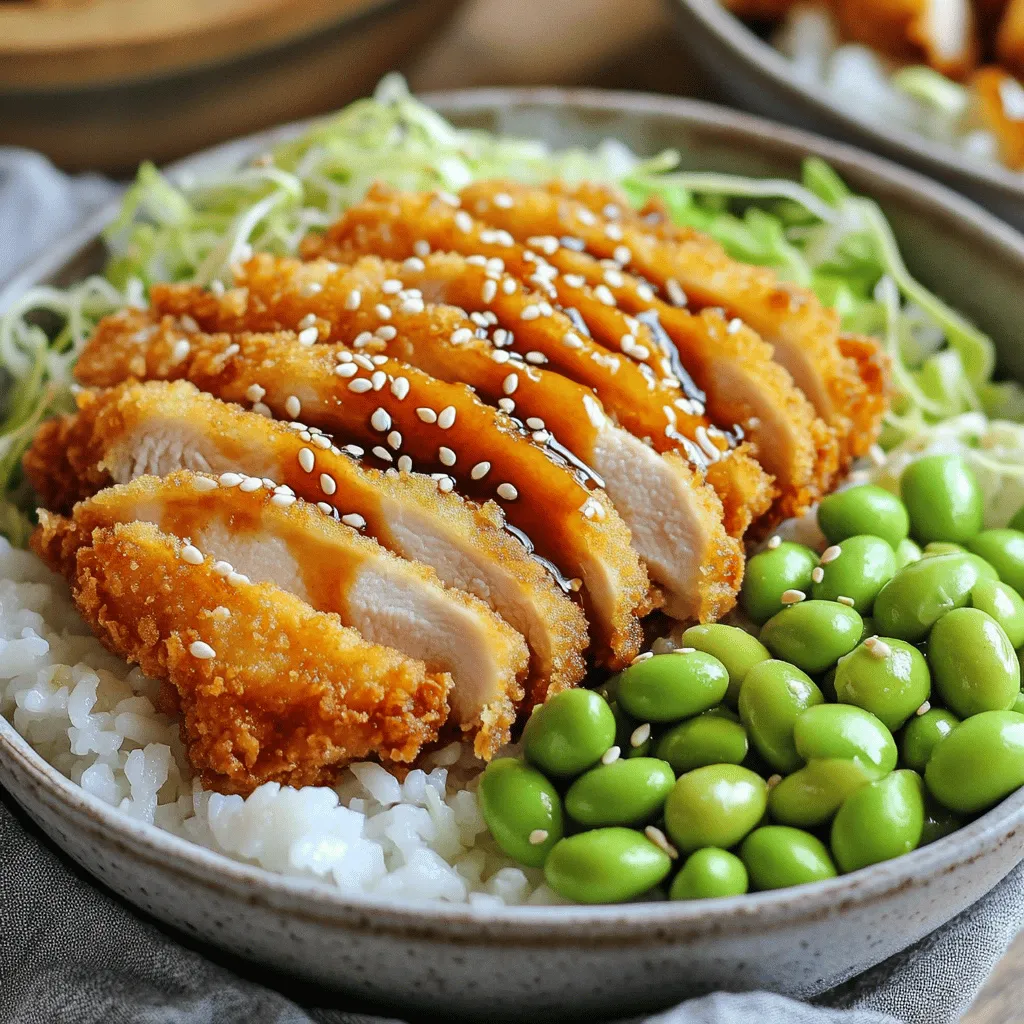 - Hähnchen oder Schweinefleisch - Panko-Brösel und ihre Bedeutung - Gewürze und Marinade für den perfekten Geschmack Die Hauptzutaten für Katsu sind einfach und lecker. Du kannst Hähnchen oder Schweinefleisch verwenden. Ich bevorzuge Hähnchen, weil es saftig und zart ist. Das Fleisch sollte gut gewürzt sein. Salz und Pfeffer sind die Basis. Diese Gewürze bringen den Geschmack des Fleisches hervor. Panko-Brösel sind der Schlüssel zur Knusprigkeit. Sie sind leichter und luftiger als normale Brösel. Das macht deinen Katsu besonders knusprig. Wenn du die Katsu brätst, nutzen die Panko-Brösel die Hitze optimal aus. So bleibt das Fleisch saftig. Eine gute Marinade ist wichtig. Du kannst Sojasauce, Knoblauch und Ingwer hinzufügen. Diese Zutaten geben dem Katsu einen tollen Geschmack. Lass das Fleisch mindestens 30 Minuten marinieren, damit die Aromen gut einziehen. - Funktion der Miso-Paste - Warum Sojasauce und Reisessig wichtig sind Die Miso-Sauce ist das Herzstück deiner Katsu-Bowl. Miso-Paste gibt der Sauce Tiefe und Umami. Es gibt verschiedene Arten von Miso, wie weiß oder rot. Weißes Miso ist milder. Rot ist kräftiger und salziger. Sojasauce bringt zusätzliche Würze. Sie ergänzt die Miso-Paste perfekt. Reisessig sorgt für einen frischen, leicht sauren Kick. Diese drei Zutaten zusammen machen die Sauce besonders lecker. Mische sie gut, bis die Sauce cremig ist. - Weißkraut und Edamame - Empfehlungen für Garnierungen wie Sesamsamen Für die Katsu-Bowl sind frische Toppings wichtig. Weißkraut gibt einen schönen Crunch. Du kannst es einfach fein schneiden und über die Katsu legen. Edamame sind auch toll. Sie bringen Farbe und einen nussigen Geschmack. Sesamsamen sind eine wunderbare Garnitur. Sie fügen ein nussiges Aroma hinzu und sehen schön aus. Streue sie einfach über die Bowl, bevor du servierst. So wird dein Gericht nicht nur lecker, sondern auch hübsch. Für das vollständige Rezept, schau dir die Anleitung für Crispy Katsu Bowls mit Miso Zing an. Um den besten Geschmack zu erreichen, würze das Hähnchen oder Schweinefleisch. Streue eine gute Menge Salz und Pfeffer über das Fleisch. Lass es für mindestens 15 Minuten ruhen. So nimmt das Fleisch die Aromen gut auf. Für die Paniermethoden bereite drei Schalen vor. Fülle eine mit Weizenmehl, eine mit verquirltem Ei und die letzte mit Panko-Bröseln. Tauche das Fleisch zuerst in das Mehl, dann ins Ei und schließlich in die Panko-Brösel. Drücke die Brösel gut an. Diese Schicht sorgt für den perfekten Crunch. Erhitze in einer großen Pfanne etwa 1,5 cm tief Pflanzenöl. Stelle die Temperatur auf mittlere Hitze und warte, bis das Öl heiß ist. Um das zu testen, gib ein kleines Stück Panade hinein. Wenn es zischt, ist das Öl bereit. Lege das panierte Fleisch vorsichtig in das heiße Öl. Frittiere es für 4 bis 5 Minuten pro Seite. Achte darauf, dass es goldbraun und durchgegart ist. Lass das fertig gebratene Fleisch auf Küchenpapier abtropfen, um überschüssiges Öl zu entfernen. Für die Miso-Sauce mische in einer kleinen Schüssel die Miso-Paste, Sojasauce, Wasser, Sesamöl, Honig und Reisessig. Rühre alles gut um, bis die Sauce schön glatt ist. Du kannst die Mischung nach deinem Geschmack anpassen, indem du mehr Miso für einen stärkeren Geschmack hinzufügst. Diese Schritte helfen dir, die köstlichen Katsu Bowls aus dem Rezept zu machen. Viel Spaß beim Kochen! Um die Knusprigkeit zu erreichen, ist die Panade entscheidend. Verwende Panko-Brösel. Diese großen Brösel sorgen für eine tolle Textur. Tauche das Hähnchen zuerst in Mehl, dann in Ei und schließlich in die Panko-Brösel. Achte darauf, dass das Hähnchen gut bedeckt ist. Vermeide Fehler wie zu viel Öl oder zu wenig Hitze. Wenn das Öl nicht heiß genug ist, wird die Panade matschig. Teste die Temperatur mit einem kleinen Stück Panade. Wenn es zischend hineinfällt, ist das Öl bereit. Um die Vorbereitungszeit zu verkürzen, bereite die Zutaten im Voraus vor. Schneide das Gemüse und stelle alles bereit, bevor du mit dem Kochen beginnst. Nutze Schalen für die verschiedenen Zutaten, das hilft dir, den Überblick zu behalten. Küchenwerkzeuge wie eine Pfanne mit schwerem Boden helfen beim gleichmäßigen Frittieren. Ein Thermometer ist nützlich, um die Öltemperatur genau zu prüfen. So sparst du Zeit und Aufwand. Beim Anrichten der Katsu-Schüsseln beginne mit einer Schicht Reis. Lege dann die knusprige Katsu darauf. Füge das geschnittene Weißkraut und die Edamame hinzu. Diese Farben machen das Gericht ansprechend. Für Beilagen sind einfache Salate oder Miso-Suppe ideal. Sie ergänzen das Gericht gut. Zu trinken empfehle ich grünen Tee oder ein leichtes Bier. Diese Getränke passen perfekt zu den Aromen der Katsu-Bowls. {{image_4}} Katsu kann mit verschiedenen Fleischsorten zubereitet werden. Hähnchen-Katsu ist sehr beliebt. Es bleibt saftig und hat viel Geschmack. Schweine-Katsu bietet eine andere Textur. Es hat einen kräftigen, herzhaften Geschmack. Tofu-Katsu ist eine tolle Wahl für Vegetarier. Er hat eine weiche, zarte Konsistenz. Die Panade sorgt für einen schönen Crunch. Außerdem nimmt Tofu die Aromen der Marinade gut auf. Probieren Sie alle Varianten aus, um Ihren Favoriten zu finden. Miso-Sauce ist klassisch, aber es gibt viele kreative Varianten. Fügen Sie etwas Chili hinzu, um die Sauce schärfer zu machen. Diese Kombination bringt einen spannenden Kick. Sie können auch Erdnussbutter in die Miso-Sauce mischen. Das verleiht der Sauce eine cremige Konsistenz und einen nussigen Geschmack. Zusätzlich können Sie verschiedene Dips anbieten. Sojasauce mit Limettensaft ist eine erfrischende Option. Oder versuchen Sie eine süße Chilisauce für einen interessanten Kontrast. Für pflanzliche Katsu verwenden Sie Seitan oder Auberginen. Seitan hat eine fleischähnliche Textur. Auberginen sind saftig und nehmen Gewürze gut auf. Wenn Sie Katsu für spezielle Diäten anpassen möchten, verwenden Sie glutenfreies Mehl. Das sorgt dafür, dass auch glutenempfindliche Menschen genießen können. Vergessen Sie nicht, die Miso-Sauce vegan zu halten. Verwenden Sie Ahornsirup statt Honig. So bleibt die Sauce lecker und tierfrei. Für das vollständige Rezept schauen Sie sich die Anleitung zu Crispy Katsu Bowls mit Miso Zing an. Wenn du Katsu-Reste hast, lagere sie gut. Bewahre sie im Kühlschrank auf. Nutze einen luftdichten Behälter. So bleiben sie frisch. Du kannst die Reste bis zu drei Tage aufbewahren. Für den Gefrierschrank lege die Katsu in einen gefrierfesten Beutel. Vergiss nicht, die Luft herauszudrücken. So bleiben sie bis zu drei Monate haltbar. Um die Katsu wieder knusprig zu machen, benutze eine Pfanne. Erhitze etwas Öl bei mittlerer Hitze. Lege die Katsu hinein und brate sie kurz an. So wird die Panade wieder knusprig. Du kannst auch den Ofen nutzen. Heize ihn auf 180 Grad vor. Lege die Katsu auf ein Backblech und backe sie für 10 Minuten. Vermeide die Mikrowelle, sie macht die Katsu matschig. Reste von Katsu-Schüsseln sind nicht mehr gut, wenn sie unangenehm riechen. Auch wenn sie eine seltsame Farbe annehmen, solltest du sie wegwerfen. Um Lebensmittelverschwendung zu vermeiden, plane die Portionen gut. Koche nur so viel, wie du essen kannst. Teile die Reste mit Freunden oder Familie. So bleibt nichts übrig und alle können genießen! Zu Katsu-Bowls passen viele leckere Beilagen. Ich empfehle: - Miso-Suppe: Sie ergänzt die herzhaften Aromen der Katsu. - Gurkensalat: Frisch und knusprig, ideal als Kontrast. - Edamame: Diese Bohnen bringen Protein und Farbe. - Nudelsalat: Ein leichter Salat rundet das Gericht ab. - Frische Gemüse: Karotten oder Radieschen sorgen für mehr Crunch. Diese Beilagen machen deine Katsu-Bowl noch besser. Probiere verschiedene Kombinationen aus! Um Katsu glutenfrei zu machen, nutze: - Glutenfreies Mehl: Ersetze Weizenmehl durch eine glutenfreie Mischung. - Panko-Brösel: Suche nach glutenfreien Panko-Bröseln. Sie geben den Crunch. - Sojasauce: Wähle eine glutenfreie Sojasauce für die Miso-Sauce. Mit diesen Alternativen bleibt der Geschmack der Katsu gleich. Genieße dein Gericht ohne Gluten! Ja, du kannst Katsu auch im Ofen backen. Hier ist, wie: 1. Heize den Ofen auf 200 °C vor. 2. Lege die panierte Katsu auf ein Backblech. 3. Sprühe etwas Öl darüber, um die Knusprigkeit zu fördern. 4. Backe die Katsu 20-25 Minuten, bis sie goldbraun sind. So erhältst du eine gesündere Option, die trotzdem lecker schmeckt! Katsu stammt aus Japan. Es ist eine Abkürzung für "Katsuretsu", was "Schnitzel" bedeutet. Ursprünglich wurde Katsu aus Schweinefleisch gemacht. Im Laufe der Jahre wurde Hähnchen populär. Katsu hat sich in viele Variationen entwickelt, wie das berühmte Tonkatsu. Die Beliebtheit von Katsu ist weltweit gewachsen. Es ist ein Symbol für die japanische Esskultur. Für das vollständige Rezept, das einfach zuzubereiten ist, klicke hier: [Crispy Katsu Bowls with Miso Zing](#). Katsu ist mehr als ein einfaches Gericht. Es bietet eine Auswahl an Hauptzutaten wie Hähnchen oder Schweinefleisch, Panko und Gewürze für den besten Geschmack. Die Miso-Sauce ergänzt das Gericht perfekt und sorgt für mehr Tiefe. Mit den richtigen Tipps erstellen Sie eine knusprige Katsu für Ihr Essen. Variationen und Aufbewahrungshinweise helfen, Reste schmackhaft zu halten. Mit diesem Wissen zaubern Sie Katsu, die alle begeistern wird. Experimentieren und genießen Sie Ihre Katsu-Bowls!
