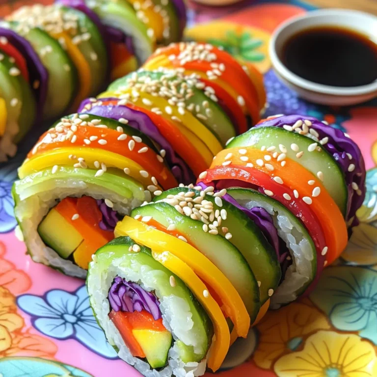 Um leckere Rainbow Veggie Sushi Rollen zu machen, brauchst du folgende Zutaten: - 2 Tassen Sushi-Reis - 2 1/2 Tassen Wasser - 3 Esslöffel Reisessig - 1 Esslöffel Zucker - 1 Teelöffel Salz - 4 Blätter Nori (Seetang) - 1 kleine Gurke, julienne geschnitten - 1 rote Paprika, dünn geschnitten - 1 gelbe Paprika, dünn geschnitten - 1 kleine Karotte, julienne geschnitten - 1 Avocado, in Scheiben geschnitten - 1 Tasse lila Kohl, fein gehobelt - Sojasauce, zum Dippen - Eingelegter Ingwer, zum Servieren (optional) - Sesamsamen, zum Garnieren (optional) Diese Zutaten geben deinen Sushi-Rollen Farbe und Geschmack. Der Sushi-Reis ist die Basis. Er sorgt für die richtige Konsistenz. Das Gemüse bringt Frische und Knackigkeit. Nori gibt dem Sushi seine Form und einen leichten Geschmack des Meeres. Die Mischung aus Reisessig, Zucker und Salz macht den Reis noch besser. Sojasauce ist perfekt zum Dippen. Eingelegter Ingwer bringt einen zusätzlichen Kick. Du kannst auch Sesamsamen verwenden, um die Sushi-Rollen hübsch zu garnieren. Mit diesen Zutaten bereitest du eine gesunde und bunte Mahlzeit zu. Wenn du mehr über die Zubereitung erfahren möchtest, schaue dir das [Full Recipe] an. Um den perfekten Sushi-Reis zu machen, beginne ich mit dem Abspülen. Ich gebe den Sushi-Reis in ein Sieb und spüle ihn unter kaltem Wasser, bis das Wasser klar ist. Diese Methode entfernt überschüssige Stärke und hilft, die Konsistenz zu verbessern. Anschließend koche ich den Reis. Ich vermenge zwei Tassen gewaschenen Reis mit zweieinhalb Tassen Wasser in einem Kochtopf. Ich bringe das Wasser zum Kochen, reduziere dann die Hitze und decke den Topf ab. Nach 20 Minuten ist das Wasser aufgesogen. Ich lasse den Reis weitere zehn Minuten dampfen. Jetzt mache ich die Essig-Mischung. In einer kleinen Schüssel vermenge ich drei Esslöffel Reisessig, einen Esslöffel Zucker und einen Teelöffel Salz. Ich rühre alles gut um, bis sich der Zucker und das Salz auflösen. Diese Mischung arbeite ich vorsichtig mit einem Holzspatel in den gekochten Reis ein. Ich achte darauf, den Reis nicht zu zerdrücken. Dann lasse ich den Reis auf Zimmertemperatur abkühlen. Ich bereite die Nori vor, indem ich ein Blatt Nori mit der glänzenden Seite nach unten auf eine Bambus-Sushi-Matte lege. Um das Ankleben zu verhindern, befeuchte ich meine Hände mit Wasser. Dann nehme ich etwa eine halbe Tasse Sushi-Reis und verteile ihn gleichmäßig über das Nori-Blatt. Ich lasse am oberen Rand etwa 2,5 cm Platz. Jetzt kommt das Gemüse. Ich arrangiere eine bunte Auswahl aus Gurke, roter und gelber Paprika, Karotte, Avocado und lila Kohl in einer Linie in der Mitte des Reises. Ich hebe dann vorsichtig die Bambusmatte an und rolle das Sushi von mir weg. Dabei rolle ich die Füllung straff ein. Ich rolle weiter, bis ich das Ende des Nori erreiche. Um die Rolle zu versiegeln, befeuchte ich die obere Kante des Nori. Für das Schneiden der Rolle benutze ich ein scharfes Messer. Ich schneide die Rolle in mundgerechte Stücke. Um ein Kleben zu vermeiden, reinige ich das Messer mit einem feuchten Tuch zwischen den Schnitten. Ich wiederhole diesen Vorgang mit den restlichen Zutaten, um mehr Rollen zu machen. Schließlich richte ich die Sushi-Rollen auf einem Servierteller an. Ich streue bei Bedarf Sesamsamen darüber. Für die Präsentation serviere ich die Sushi-Rollen auf einem bunten Teller. Dazu stelle ich eine kleine Schüssel Sojasauce zum Dippen und etwas eingelegten Ingwer für einen zusätzlichen geschmacklichen Akzent bereit. - Nori richtig behandeln: Nori ist der Seetang, der das Sushi zusammenhält. Halte das Nori-Blatt immer trocken, um eine gute Textur zu bekommen. Wenn du es kurz über eine Flamme hältst, wird es knuspriger. Das hilft beim Rollen und gibt einen tollen Geschmack. - Verhindern von Kleben: Nasse Hände sind dein bester Freund beim Sushi machen. Befeuchte deine Hände mit Wasser, bevor du den Reis anfasst. Das verhindert, dass der Reis an deinen Händen kleben bleibt. So kannst du die Rollen gut formen. - Richtig abmessen und kochen: Die richtige Menge Wasser ist der Schlüssel. Nutze immer zwei Tassen Wasser für jede Tasse Reis. So wird der Reis weich, aber nicht matschig. Achte darauf, den Reis gut zu waschen, bis das Wasser klar ist. Das entfernt die überschüssige Stärke. - Beste Dips und Beilagen kombinieren: Sojasauce ist ein Klassiker, aber du kannst mehr ausprobieren. Probiere eine Mischung aus Sojasauce und Wasabi für extra Schärfe. Eingelegter Ingwer bringt einen frischen Geschmack und hilft, den Gaumen zu reinigen. Für mehr Crunch streue Sesamsamen über die Rolle oder serviere sie daneben. Diese Tipps helfen dir, perfekte Rainbow Veggie Sushi Rolls zu machen. Du wirst sehen, wie einfach es ist, selbst gourmetmäßiges Sushi zu Hause zu genießen. Für die vollständige Anleitung und weitere Details schau dir das [Full Recipe] an. {{image_4}} Für die Rainbow Veggie Sushi Rolls kann man viele saisonale Gemüse nutzen. Im Frühling sind Spargel und Erbsen frisch und knackig. Diese bringen eine tolle Farbe und Textur ins Sushi. Im Sommer sind Tomaten und Zucchini perfekt. Sie sind saftig und süß, ideal für Sushi. Im Herbst kann man Kürbis oder Rüben verwenden. Diese geben dem Sushi eine süße Note. Auch im Winter kann man Wurzelgemüse wie Karotten und Pastinaken verwenden. So bleibt das Sushi das ganze Jahr über bunt. Exotische Zutaten machen das Sushi besonders. Probieren Sie Mangos oder Ananas für eine süße Note. Diese Früchte passen gut zu Avocado und Paprika. Auch frische Kräuter wie Koriander oder Minze geben dem Sushi einen besonderen Kick. Sie bringen Frische und einen neuen Geschmack. Es gibt viele Arten von Sushi. Vegane Alternativen sind sehr beliebt. Statt Fisch können Sie Tofu oder Tempeh verwenden. Diese sind reich an Proteinen und machen das Sushi sättigend. Auch geräucherter Tofu gibt einen besonderen Geschmack. Eine Sushi-Bowl ist eine kreative Variante. Anstatt zu rollen, können Sie die Zutaten in einer Schüssel anrichten. Beginnen Sie mit dem Sushi-Reis als Basis. Fügen Sie dann Gemüse, Avocado und Tofu hinzu. So können Sie das Sushi einfach mit einer Gabel essen. Diese Methode ist auch schneller und einfacher. Sie können die Bowls nach Lust und Laune anpassen. Jeder kann seine Lieblingszutaten wählen. Für das vollständige Rezept besuchen Sie die [Full Recipe]. Um die Frische Ihrer ungebackenen Sushi-Rollen zu bewahren, lagern Sie diese in einem feuchten Tuch. Wickeln Sie jede Rolle vorsichtig ein. Das Tuch hält den Nori frisch und verhindert das Austrocknen. Legen Sie die Rollen in einen luftdichten Behälter. Bewahren Sie diesen im Kühlschrank auf. So bleiben die Sushi-Rollen bis zu 24 Stunden frisch. Wenn Sie Reste haben, gibt es einfache Möglichkeiten, diese zu lagern. Legen Sie die Sushi-Rollen in den Kühlschrank. Sie halten sich dort bis zu zwei Tage. Für längere Lagerung eignen sich die Tiefkühloptionen. Wickeln Sie jede Rolle in Frischhaltefolie, bevor Sie sie einfrieren. So bleibt der Geschmack erhalten. Zum Auftauen legen Sie die Rollen einfach in den Kühlschrank. Lassen Sie sie dort über Nacht. So bleiben Textur und Geschmack am besten erhalten. Für das vollständige Rezept besuchen Sie die [Full Recipe]. Sushi-Rollen bleiben im Kühlschrank etwa 24 Stunden frisch. Sie schmecken am besten, wenn man sie frisch isst. Nach einem Tag verlieren sie ihre Textur und den leckeren Geschmack. Ich empfehle, die Rollen in ein feuchtes Tuch zu wickeln. Das hält sie länger frisch. Lagere sie in einem luftdichten Behälter. So bleiben sie saftig. Ja, du kannst den Reis am Vortag zubereiten. Koche ihn einfach und lasse ihn abkühlen. Danach kannst du ihn im Kühlschrank aufbewahren. Vergiss nicht, ihn gut abzudecken. Am nächsten Tag wird der Reis etwas fester sein. Du kannst ihn vor der Verwendung mit etwas Wasser befeuchten. So wird er wieder geschmeidig und lecker. Frisches Nori findest du in asiatischen Lebensmittelläden oder online. Achte darauf, Nori in guter Qualität zu wählen. Es sollte grün und knusprig sein. Wenn du Nori kaufst, nimm am besten die ungesalzene Variante. So kannst du die Kontrolle über den Salzgehalt behalten. Manchmal gibt es auch spezielle Nori für Sushi. Diese sind oft dicker und haltbarer. Die besten Füllungen sind bunt und frisch. Du kannst viele Gemüsearten verwenden. Hier sind einige meiner Favoriten: - Gurke - Paprika (rot und gelb) - Karotten - Avocado - Lila Kohl Du kannst auch andere Zutaten ausprobieren. Vielleicht möchtest du Tofu oder Mango hinzufügen. Sei kreativ! Die Kombination aus Farben und Texturen macht die Sushi-Rollen besonders lecker und ansprechend. Sushi selbst zu machen, ist einfach und macht Spaß. Wir haben die notwendigen Zutaten entdeckt und die Schritte zur Zubereitung besprochen. Sie wissen jetzt, wie man Sushi-Reis zubereitet, Rollen bildet und ansprechend serviert. Von praktischen Tipps für die Konsistenz bis hin zu frischen, variablen Zutaten: es gibt viel zu gestalten. Experimentieren Sie mit neuen Füllungen und genießen Sie Ihre eigenen Sushi-Kreationen. Kochen macht Freude und Ihr Sushi wird sicher schmecken!