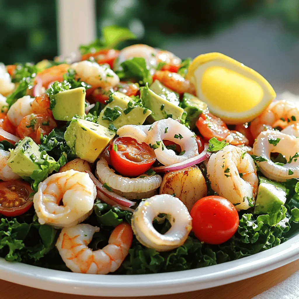 Für einen leckeren Seafood Salad benötigst du frische Meeresfrüchte. Hier sind die Zutaten: - 1 Tasse gekochte Garnelen, geschält und entdarmt - 1 Tasse gekochte Calamari-Ringe - 1 Tasse gekochte und gehackte Jakobsmuscheln - 1 Tasse gemischter Salat (Rucola, Spinat und Baby-Grünkohl) - 1/2 Tasse Kirschtomaten, halbiert - 1/4 Tasse rote Zwiebel, fein geschnitten - 1/2 Avocado, gewürfelt - 1/4 Tasse Gurke, gewürfelt - 1/4 Tasse frische Petersilie, gehackt - 1 Zitrone (Saft und Abrieb) - 2 Esslöffel natives Olivenöl extra - Salz und Pfeffer nach Geschmack Diese Zutaten machen deinen Salat frisch und lecker. Du kannst auch mit den Mengen spielen, um ihn nach deinem Geschmack anzupassen. Frische Meeresfrüchte sind immer die beste Wahl. Sie haben mehr Geschmack und eine bessere Textur. Achte darauf, dass sie frisch sind und gleichmäßig glänzen. Wenn frische Meeresfrüchte nicht verfügbar sind, können gefrorene eine gute Alternative sein. Achte darauf, dass sie von guter Qualität sind. Tauen Sie sie immer langsam im Kühlschrank auf, um die Qualität zu erhalten. Für den besten Geschmack wähle frisches Gemüse. Rucola, Spinat und Baby-Grünkohl sind ideal. Diese Blätter geben deinem Salat eine knackige Textur. Kirschtomaten bringen Süße, während rote Zwiebeln einen scharfen Kontrast bieten. Avocado sorgt für Cremigkeit. Petersilie verleiht Frische. Experimentiere mit anderen Kräutern, wie Basilikum oder Dill, um deinen Salat noch interessanter zu machen. Beginne mit der Auswahl frischer Meeresfrüchte. Du kannst Garnelen, Calamari und Jakobsmuscheln wählen. Achte darauf, dass die Meeresfrüchte gut gekocht sind. Das macht sie zart und lecker. In einer großen Rührschüssel mischst du die gekochten Garnelen, die Calamari-Ringe und die gehackten Jakobsmuscheln. Rühre sanft, damit die Meeresfrüchte nicht zerfallen. Jetzt ist es Zeit für die anderen Zutaten. Füge die gemischten Salatblätter hinzu. Rucola, Spinat und Baby-Grünkohl passen wunderbar zusammen. Dann kommen die halbierten Kirschtomaten dazu. Schneide die rote Zwiebel fein und gib sie ebenfalls in die Schüssel. Die gewürfelte Avocado und die Gurke verleihen dem Salat Frische. Zum Schluss streue die gehackte Petersilie darüber. Mische alles vorsichtig, damit die Farben schön leuchten. Für das Dressing nimm eine kleine Schüssel. Presse den Saft einer Zitrone hinein und reibe auch etwas Schale dazu. Das gibt dem Dressing einen frischen Kick. Füge zwei Esslöffel Olivenöl hinzu. Rühre gut um. Jetzt kannst du mit Salz und Pfeffer abschmecken. Träufle das Dressing über die Meeresfrüchte- und Salatmischung. Rühre alles vorsichtig, bis die Zutaten gut bedeckt sind. Probiere den Salat und passe die Gewürze nach deinem Geschmack an. Wenn du magst, lasse ihn 15-20 Minuten im Kühlschrank ruhen. So vermischen sich die Aromen besser. Mit dieser Schritt-für-Schritt-Anleitung bereitest du einen leckeren Seafood Salad zu. Für das genaue Rezept, sieh dir die Full Recipe an. Die Garzeit ist entscheidend für die Textur von Meeresfrüchten. Zu lange Kochen macht sie zäh. Hier sind einige ideale Zeiten: - Garnelen: 2-3 Minuten in kochendem Wasser. - Calamari-Ringe: 2-4 Minuten für zarte Ringe. - Jakobsmuscheln: 2-3 Minuten auf jeder Seite braten. Diese Zeiten sorgen für zarte und saftige Meeresfrüchte. Achten Sie darauf, die Meeresfrüchte sofort nach dem Kochen abzuschrecken. Ein ansprechend angerichteter Salat macht mehr Spaß. Hier sind ein paar einfache Tipps: - Verwenden Sie eine große Schüssel oder einzelne Teller. - Schichten Sie die Zutaten für einen bunten Look. - Garnieren Sie den Salat mit frischen Petersilienblättern. - Fügen Sie einen Zitronenschnitz hinzu. So sieht der Salat frisch und einladend aus. Die richtige Würze bringt den Geschmack hervor. Hier sind einige Tipps: - Zitronensaft und -abrieb: Sie verleihen Frische. - Olivenöl: Es macht den Salat reichhaltiger. - Salz und Pfeffer: Diese Grundgewürze betonen die Aromen. Experimentieren Sie mit Kräutern wie Dill oder Basilikum. Diese bringen neue Geschmäcker in den Salat. Jeder Biss soll frisch und lebendig sein. Probieren Sie es aus und passen Sie die Gewürze an Ihren Geschmack an. Für das vollständige Rezept, schauen Sie sich die [Full Recipe] an. {{image_4}} Wenn Sie keinen Zugang zu frischen Meeresfrüchten haben, keine Sorge! Sie können leicht Alternativen finden. Thunfisch aus der Dose ist eine großartige Option. Er ist einfach zu verwenden und hat einen tollen Geschmack. Krabbenfleisch ist ebenfalls eine gute Wahl. Es gibt frisches, gefrorenes oder Dosenkrabbenfleisch. Diese machen den Salat ebenso lecker. Ein weiterer Vorschlag ist, geräucherte Makrele zu verwenden. Sie hat einen einzigartigen Geschmack, der den Salat aufpeppt. Für eine vegetarische oder vegane Version können Sie die Meeresfrüchte ganz weglassen. Stattdessen fügen Sie proteinreiche Zutaten hinzu. Kichererbsen oder Linsen sind hier perfekt. Sie sind nahrhaft und geben dem Salat Biss. Auch Avocado bringt Cremigkeit und gesunde Fette. Fügen Sie mehr Gemüse hinzu, wie Paprika oder Karotten, für mehr Farbe und Textur. Ein frischer Veggie-Salat kann ebenfalls mit einer Zitrus-Vinaigrette super lecker sein. Das Dressing ist der Schlüssel zu jedem Salat. Neben dem klassischen Zitronen-Olivenöl-Dressing können Sie auch andere Variationen ausprobieren. Ein Joghurtdressing mit Dill passt gut zu Meeresfrüchten. Für etwas Schärfe können Sie eine Chili-Limetten-Sauce verwenden. Wenn Sie es süßer mögen, probieren Sie ein Honig-Senf-Dressing aus. Diese Dressings bringen verschiedene Geschmäcker in Ihren Seafood Salad. Sie können auch nach Belieben Gewürze hinzufügen, um Ihren eigenen Stil zu kreieren. Um deinen Seafood Salat frisch zu halten, lagere ihn in einem luftdichten Behälter. Stelle sicher, dass der Salat kühl bleibt. Vermeide es, ihn in der Nähe von Wärmequellen zu lagern. Wenn du den Salat zubereitest, lass ihn nicht lange bei Raumtemperatur stehen. Das hält die Meeresfrüchte frisch und lecker. Im Kühlschrank hält sich der Seafood Salat etwa 2 bis 3 Tage. Achte darauf, den Salat gut abzudecken. So bleibt er frisch und die Aromen bleiben erhalten. Wenn der Salat unangenehm riecht oder die Textur sich verändert, wirf ihn weg. Sicherheit geht vor. Das Einfrieren von Seafood Salat ist nicht ideal, da die Meeresfrüchte ihre Textur verlieren können. Wenn du ihn dennoch einfrierst, packe ihn in einen luftdichten Behälter. Du kannst den Salat bis zu 1 Monat einfrieren. Achte darauf, ihn langsam im Kühlschrank zu tauen. So bleibt der Salat so gut wie möglich. Wenn du mehr über die Zubereitung erfahren möchtest, schau dir das Full Recipe an. Du kannst den Seafood Salad bis zu drei Tage im Kühlschrank aufbewahren. Achte darauf, ihn in einem luftdichten Behälter zu lagern. So bleibt der Salat frisch und lecker. Wenn du ihn länger aufbewahren möchtest, empfehle ich, die Meeresfrüchte separat zu lagern. Das hält die Textur besser. Ja, du kannst andere Meeresfrüchte verwenden. Thunfisch, Krabben oder Muscheln sind tolle Alternativen. Achte darauf, frische oder hochwertig gefrorene Optionen zu wählen. Das sorgt für den besten Geschmack. Probiere verschiedene Kombinationen aus, um deinen perfekten Seafood Salad zu finden. Zu Seafood Salad passen viele Beilagen. Ein knuspriges Baguette oder ein frischer Gemüsesalat sind ideal. Auch Reis oder Couscous ergänzen den Salat gut. Wenn du einen leichtesten Genuss willst, serviere ihn mit einem spritzigen Zitronenwasser. Das rundet das Gericht perfekt ab. Für das komplette Rezept schau dir den [Full Recipe] an. Wir haben die wichtigsten Zutaten für einen Seafood Salad besprochen. Frische Meeresfrüchte sind oft die beste Wahl. Auch die Auswahl von Gemüse und Kräutern spielt eine große Rolle. Mit einer Schritt-für-Schritt-Anleitung zur Zubereitung kannst du schnell ein leckeres Gericht kreieren. Das Anrichten und die Auswahl von Gewürzen machen deinen Salat besonders. Probiere die verschiedenen Varianten aus, um deinen eigenen Stil zu finden. Denke daran, die Aufbewahrungsinformationen zu beachten, damit du lange Freude daran hast. Der Seafood Salad ist vielseitig und einfach zu genießen.