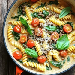 Für die One-Pot Creamy Beef Pasta brauche ich einige Hauptzutaten. Diese geben dem Gericht seinen tollen Geschmack. Hier sind die Zutaten: - 450 g Rinderhackfleisch - 340 g Pasta (Fusilli oder Penne eignen sich gut) - 1 mittelgroße Zwiebel, fein gehackt - 3 Knoblauchzehen, gehackt - 500 ml Rinderbrühe - 240 ml Schlagsahne - 150 g Kirschtomaten, halbiert - 100 g frischer Spinat, grob gehackt - 1 Teelöffel italienische Kräuter - Salz und Pfeffer nach Geschmack - 1 Esslöffel Olivenöl - Geriebener Parmesankäse zum Servieren - Frische Basilikumblätter zum Garnieren Ich empfehle Fusilli oder Penne für dieses Gericht. Diese Sorten halten die Sauce gut fest. Die Form der Pasta hilft, jeden Bissen voll zu packen. Für den besten Geschmack nutze ich italienische Kräuter, Salz und Pfeffer. Diese Gewürze bringen das Rinderhackfleisch zum Leben. Frische Zutaten wie Kirschtomaten und Spinat sorgen für eine gesunde Note. Die Kombination macht die Pasta besonders lecker. Für mehr Details zur Zubereitung schaue dir das [Full Recipe] an. Zuerst bereite alle Zutaten vor. Du brauchst: - 450 g Rinderhackfleisch - 340 g Pasta (Fusilli oder Penne) - 1 mittelgroße Zwiebel, fein gehackt - 3 Knoblauchzehen, gehackt - 500 ml Rinderbrühe - 240 ml Schlagsahne - 150 g Kirschtomaten, halbiert - 100 g frischer Spinat, grob gehackt - 1 Teelöffel italienische Kräuter - Salz und Pfeffer nach Geschmack - 1 Esslöffel Olivenöl - Geriebener Parmesankäse zum Servieren - Frische Basilikumblätter zum Garnieren Diese Schritte helfen dir, schnell zu arbeiten und alles bereit zu haben. Erhitze das Olivenöl in einem großen Topf bei mittlerer Hitze. Füge die Zwiebel hinzu und brate sie 3-4 Minuten an. Sie sollte glasig sein. Dann kommt der Knoblauch dazu. Brate ihn nur eine Minute mit, bis er duftet. Erhöhe die Hitze auf mittelhoch und gib das Rinderhackfleisch in den Topf. Brate das Fleisch 5-7 Minuten, bis es braun ist. Zerbrich es mit einem Löffel. Würze es mit Salz, Pfeffer und italienischen Kräutern. Sobald das Fleisch fertig ist, füge die Kirschtomaten hinzu. Lass sie zwei Minuten garen, bis sie weich werden. Jetzt ist es Zeit für die Pasta! Gib die Pasta, Rinderbrühe und Schlagsahne in den Topf. Bringe alles zum Kochen. Wenn es kocht, reduziere die Hitze und decke den Topf ab. Lass die Mischung 10-12 Minuten köcheln. Rühre gelegentlich um, bis die Pasta al dente ist und die Flüssigkeit fast ganz aufgesogen ist. Zum Schluss rühre den Spinat unter. Lass ihn nur 1-2 Minuten garen, bis er verwelkt. Probiere die Pasta und passe den Geschmack mit mehr Salz und Pfeffer an. Jetzt kannst du sie heiß servieren. Garniere die Pasta mit geriebenem Parmesankäse und frischen Basilikumblättern. So einfach und lecker! Für das vollständige Rezept, schau dir die [Full Recipe] an. Um die beste Konsistenz für die One-Pot Creamy Beef Pasta zu erreichen, ist die richtige Flüssigkeitsmenge wichtig. Ich empfehle, die Rinderbrühe und die Schlagsahne im richtigen Verhältnis zu verwenden. Die Brühe sorgt für Geschmack und die Sahne macht alles schön cremig. Achten Sie darauf, die Pasta nicht zu lange zu kochen. Sie sollte al dente bleiben, damit sie beim Servieren nicht matschig wird. Wenn Sie Reste haben, können Sie diese ganz leicht aufbrauchen. Fügen Sie einfach etwas Brühe oder Sahne hinzu, um die Pasta wieder cremig zu machen. Ein bisschen frischer Spinat oder Gemüse gibt einen tollen Geschmack. Sie können auch Käse darüberstreuen und alles im Ofen kurz überbacken. So wird aus den Resten ein neues, leckeres Gericht. Diese Pasta passt wunderbar zu einem frischen grünen Salat. Ein einfacher Salat mit Tomaten und Gurken bringt Farbe auf den Tisch. Ein Stück gutes Brot ist auch eine tolle Ergänzung. Es hilft, die köstliche Sauce aufzusaugen. Wenn Sie etwas mehr Geschmack möchten, servieren Sie sie mit knusprigem Knoblauchbrot. So haben Sie ein vollständiges, leckeres Abendessen. {{image_4}} Wenn du eine vegetarische Option wünschst, ersetze das Rinderhackfleisch durch Pilze. Champignons sind eine tolle Wahl. Sie geben einen reichen Geschmack. Du kannst auch eine Mischung aus verschiedenen Pilzen verwenden, um mehr Tiefe zu erzielen. Brate die Pilze in Olivenöl an, bis sie goldbraun sind. Füge dann die Zwiebeln und den Knoblauch hinzu, bevor du die restlichen Schritte der Zubereitung folgst. Diese Variante ist nicht nur lecker, sondern auch gesund. Das Rezept bietet viel Spielraum für Käseanpassungen. Neben Parmesankäse kannst du auch Mozzarella oder Cheddar verwenden. Mozzarella macht die Pasta besonders cremig. Cheddar bringt einen scharfen Geschmack hinein. Experimentiere mit verschiedenen Käsesorten, um deine Lieblingskombination zu finden. Denke daran, den Käse erst am Ende hinzuzufügen, um die perfekte Schmelz- und Cremigkeit zu erreichen. Wenn du es scharf magst, füge etwas rote Pfefferflocken oder frische Chilis hinzu. Das bringt einen tollen Kick in die Pasta. Du kannst auch eine scharfe Soße wie Sriracha verwenden. Achte darauf, die Menge nach deinem Geschmack anzupassen. Mit diesen kleinen Änderungen wird dein Gericht aufregend und interessant. So wird die One-Pot Creamy Beef Pasta für jeden Geschmack zur perfekten Mahlzeit. Um die Pasta frisch zu halten, lass sie zuerst abkühlen. Verwende dann einen luftdichten Behälter. Fülle die Reste in den Behälter und schließe ihn gut. Stelle den Behälter in den Kühlschrank. So bleibt die Pasta bis zu drei Tage frisch. Um die Reste aufzuwärmen, nutze eine Pfanne oder die Mikrowelle. In der Pfanne erhitze etwas Öl. Füge die kalte Pasta hinzu und rühre gut um. Bei mittlerer Hitze solltest du die Pasta einige Minuten erwärmen. In der Mikrowelle geht es schneller. Stelle die Pasta in eine mikrowellengeeignete Schüssel. Erhitze sie in 30-Sekunden-Intervallen und rühre dazwischen um. So wird die Pasta gleichmäßig warm. Im Kühlschrank bleibt die Pasta bis zu drei Tage gut. Wenn du länger aufbewahren willst, friere sie ein. In einem gefrierfesten Behälter hält sie bis zu drei Monate. Achte darauf, die Pasta gut zu verpacken, um Gefrierbrand zu vermeiden. Vor dem Essen kannst du die Pasta einfach über Nacht im Kühlschrank auftauen. Ja, du kannst andere Fleischsorten verwenden. Hähnchen oder Pute sind gute Alternativen. Für eine würzige Note probiere Hackfleisch aus Lamm oder Wurst. Achte darauf, die Kochzeit anzupassen, wenn du eine andere Fleischsorte nimmst. Jedes Fleisch bringt seinen eigenen Geschmack mit. Das macht die Pasta noch interessanter und leckerer. Die Zubereitung dauert insgesamt etwa 30 Minuten. Du kannst in 10 Minuten die Zutaten vorbereiten. Dann kochst du die Pasta und das Fleisch in einem Topf. Das spart Zeit und schont das Geschirr. Du kannst dieses Gericht schnell zubereiten, auch wenn du wenig Zeit hast. Es ist perfekt für ein schnelles Abendessen. Ja, diese Pasta ist super für Meal Prep. Du kannst große Portionen machen und sie aufbewahren. Lasse die Pasta abkühlen und teile sie in Behälter. Im Kühlschrank hält sie sich gut für einige Tage. Du kannst sie auch einfrieren. So hast du immer eine leckere Mahlzeit bereit. Die One-Pot Creamy Beef Pasta ist einfach, lecker und vielseitig. Wir haben die Hauptzutaten, die besten Pasta-Sorten und nützliche Gewürze durchgesehen. Außerdem zeigten wir, wie man die Pasta Schritt für Schritt zubereitet. Tipps wie die richtige Konsistenz und Resteverwertung machen die Zubereitung noch einfacher. Du kannst die Pasta auch anpassen, etwa mit einer vegetarischen Version oder verschiedenen Käsesorten. Vergiss nicht, die Reste richtig zu lagern. Diese köstliche Pasta ist perfekt für jede Gelegenheit. Probiere es aus und genieße!