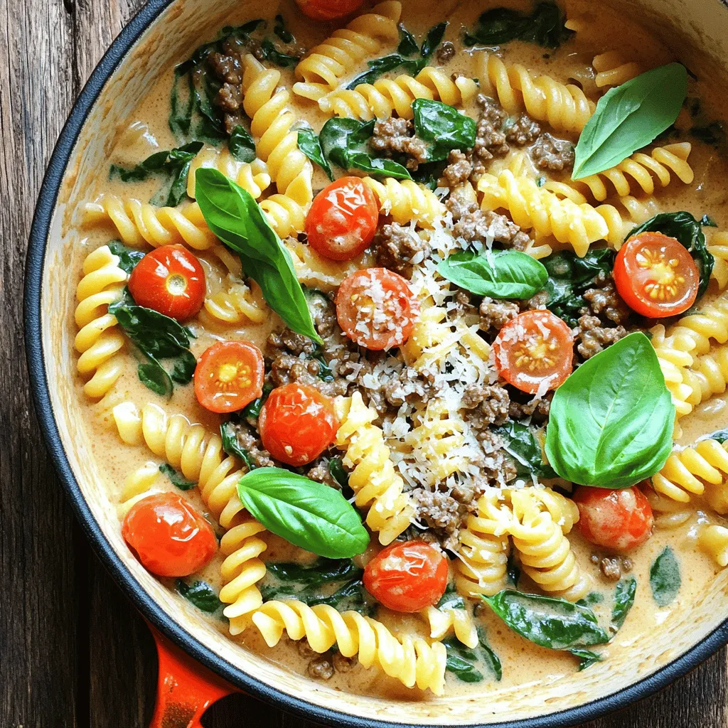 Für die One-Pot Creamy Beef Pasta brauche ich einige Hauptzutaten. Diese geben dem Gericht seinen tollen Geschmack. Hier sind die Zutaten: - 450 g Rinderhackfleisch - 340 g Pasta (Fusilli oder Penne eignen sich gut) - 1 mittelgroße Zwiebel, fein gehackt - 3 Knoblauchzehen, gehackt - 500 ml Rinderbrühe - 240 ml Schlagsahne - 150 g Kirschtomaten, halbiert - 100 g frischer Spinat, grob gehackt - 1 Teelöffel italienische Kräuter - Salz und Pfeffer nach Geschmack - 1 Esslöffel Olivenöl - Geriebener Parmesankäse zum Servieren - Frische Basilikumblätter zum Garnieren Ich empfehle Fusilli oder Penne für dieses Gericht. Diese Sorten halten die Sauce gut fest. Die Form der Pasta hilft, jeden Bissen voll zu packen. Für den besten Geschmack nutze ich italienische Kräuter, Salz und Pfeffer. Diese Gewürze bringen das Rinderhackfleisch zum Leben. Frische Zutaten wie Kirschtomaten und Spinat sorgen für eine gesunde Note. Die Kombination macht die Pasta besonders lecker. Für mehr Details zur Zubereitung schaue dir das [Full Recipe] an. Zuerst bereite alle Zutaten vor. Du brauchst: - 450 g Rinderhackfleisch - 340 g Pasta (Fusilli oder Penne) - 1 mittelgroße Zwiebel, fein gehackt - 3 Knoblauchzehen, gehackt - 500 ml Rinderbrühe - 240 ml Schlagsahne - 150 g Kirschtomaten, halbiert - 100 g frischer Spinat, grob gehackt - 1 Teelöffel italienische Kräuter - Salz und Pfeffer nach Geschmack - 1 Esslöffel Olivenöl - Geriebener Parmesankäse zum Servieren - Frische Basilikumblätter zum Garnieren Diese Schritte helfen dir, schnell zu arbeiten und alles bereit zu haben. Erhitze das Olivenöl in einem großen Topf bei mittlerer Hitze. Füge die Zwiebel hinzu und brate sie 3-4 Minuten an. Sie sollte glasig sein. Dann kommt der Knoblauch dazu. Brate ihn nur eine Minute mit, bis er duftet. Erhöhe die Hitze auf mittelhoch und gib das Rinderhackfleisch in den Topf. Brate das Fleisch 5-7 Minuten, bis es braun ist. Zerbrich es mit einem Löffel. Würze es mit Salz, Pfeffer und italienischen Kräutern. Sobald das Fleisch fertig ist, füge die Kirschtomaten hinzu. Lass sie zwei Minuten garen, bis sie weich werden. Jetzt ist es Zeit für die Pasta! Gib die Pasta, Rinderbrühe und Schlagsahne in den Topf. Bringe alles zum Kochen. Wenn es kocht, reduziere die Hitze und decke den Topf ab. Lass die Mischung 10-12 Minuten köcheln. Rühre gelegentlich um, bis die Pasta al dente ist und die Flüssigkeit fast ganz aufgesogen ist. Zum Schluss rühre den Spinat unter. Lass ihn nur 1-2 Minuten garen, bis er verwelkt. Probiere die Pasta und passe den Geschmack mit mehr Salz und Pfeffer an. Jetzt kannst du sie heiß servieren. Garniere die Pasta mit geriebenem Parmesankäse und frischen Basilikumblättern. So einfach und lecker! Für das vollständige Rezept, schau dir die [Full Recipe] an. Um die beste Konsistenz für die One-Pot Creamy Beef Pasta zu erreichen, ist die richtige Flüssigkeitsmenge wichtig. Ich empfehle, die Rinderbrühe und die Schlagsahne im richtigen Verhältnis zu verwenden. Die Brühe sorgt für Geschmack und die Sahne macht alles schön cremig. Achten Sie darauf, die Pasta nicht zu lange zu kochen. Sie sollte al dente bleiben, damit sie beim Servieren nicht matschig wird. Wenn Sie Reste haben, können Sie diese ganz leicht aufbrauchen. Fügen Sie einfach etwas Brühe oder Sahne hinzu, um die Pasta wieder cremig zu machen. Ein bisschen frischer Spinat oder Gemüse gibt einen tollen Geschmack. Sie können auch Käse darüberstreuen und alles im Ofen kurz überbacken. So wird aus den Resten ein neues, leckeres Gericht. Diese Pasta passt wunderbar zu einem frischen grünen Salat. Ein einfacher Salat mit Tomaten und Gurken bringt Farbe auf den Tisch. Ein Stück gutes Brot ist auch eine tolle Ergänzung. Es hilft, die köstliche Sauce aufzusaugen. Wenn Sie etwas mehr Geschmack möchten, servieren Sie sie mit knusprigem Knoblauchbrot. So haben Sie ein vollständiges, leckeres Abendessen. {{image_4}} Wenn du eine vegetarische Option wünschst, ersetze das Rinderhackfleisch durch Pilze. Champignons sind eine tolle Wahl. Sie geben einen reichen Geschmack. Du kannst auch eine Mischung aus verschiedenen Pilzen verwenden, um mehr Tiefe zu erzielen. Brate die Pilze in Olivenöl an, bis sie goldbraun sind. Füge dann die Zwiebeln und den Knoblauch hinzu, bevor du die restlichen Schritte der Zubereitung folgst. Diese Variante ist nicht nur lecker, sondern auch gesund. Das Rezept bietet viel Spielraum für Käseanpassungen. Neben Parmesankäse kannst du auch Mozzarella oder Cheddar verwenden. Mozzarella macht die Pasta besonders cremig. Cheddar bringt einen scharfen Geschmack hinein. Experimentiere mit verschiedenen Käsesorten, um deine Lieblingskombination zu finden. Denke daran, den Käse erst am Ende hinzuzufügen, um die perfekte Schmelz- und Cremigkeit zu erreichen. Wenn du es scharf magst, füge etwas rote Pfefferflocken oder frische Chilis hinzu. Das bringt einen tollen Kick in die Pasta. Du kannst auch eine scharfe Soße wie Sriracha verwenden. Achte darauf, die Menge nach deinem Geschmack anzupassen. Mit diesen kleinen Änderungen wird dein Gericht aufregend und interessant. So wird die One-Pot Creamy Beef Pasta für jeden Geschmack zur perfekten Mahlzeit. Um die Pasta frisch zu halten, lass sie zuerst abkühlen. Verwende dann einen luftdichten Behälter. Fülle die Reste in den Behälter und schließe ihn gut. Stelle den Behälter in den Kühlschrank. So bleibt die Pasta bis zu drei Tage frisch. Um die Reste aufzuwärmen, nutze eine Pfanne oder die Mikrowelle. In der Pfanne erhitze etwas Öl. Füge die kalte Pasta hinzu und rühre gut um. Bei mittlerer Hitze solltest du die Pasta einige Minuten erwärmen. In der Mikrowelle geht es schneller. Stelle die Pasta in eine mikrowellengeeignete Schüssel. Erhitze sie in 30-Sekunden-Intervallen und rühre dazwischen um. So wird die Pasta gleichmäßig warm. Im Kühlschrank bleibt die Pasta bis zu drei Tage gut. Wenn du länger aufbewahren willst, friere sie ein. In einem gefrierfesten Behälter hält sie bis zu drei Monate. Achte darauf, die Pasta gut zu verpacken, um Gefrierbrand zu vermeiden. Vor dem Essen kannst du die Pasta einfach über Nacht im Kühlschrank auftauen. Ja, du kannst andere Fleischsorten verwenden. Hähnchen oder Pute sind gute Alternativen. Für eine würzige Note probiere Hackfleisch aus Lamm oder Wurst. Achte darauf, die Kochzeit anzupassen, wenn du eine andere Fleischsorte nimmst. Jedes Fleisch bringt seinen eigenen Geschmack mit. Das macht die Pasta noch interessanter und leckerer. Die Zubereitung dauert insgesamt etwa 30 Minuten. Du kannst in 10 Minuten die Zutaten vorbereiten. Dann kochst du die Pasta und das Fleisch in einem Topf. Das spart Zeit und schont das Geschirr. Du kannst dieses Gericht schnell zubereiten, auch wenn du wenig Zeit hast. Es ist perfekt für ein schnelles Abendessen. Ja, diese Pasta ist super für Meal Prep. Du kannst große Portionen machen und sie aufbewahren. Lasse die Pasta abkühlen und teile sie in Behälter. Im Kühlschrank hält sie sich gut für einige Tage. Du kannst sie auch einfrieren. So hast du immer eine leckere Mahlzeit bereit. Die One-Pot Creamy Beef Pasta ist einfach, lecker und vielseitig. Wir haben die Hauptzutaten, die besten Pasta-Sorten und nützliche Gewürze durchgesehen. Außerdem zeigten wir, wie man die Pasta Schritt für Schritt zubereitet. Tipps wie die richtige Konsistenz und Resteverwertung machen die Zubereitung noch einfacher. Du kannst die Pasta auch anpassen, etwa mit einer vegetarischen Version oder verschiedenen Käsesorten. Vergiss nicht, die Reste richtig zu lagern. Diese köstliche Pasta ist perfekt für jede Gelegenheit. Probiere es aus und genieße!