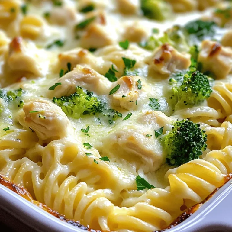 Für unseren Easy Chicken Alfredo Bake brauchen Sie: - 2 Tassen gekochte Rotini-Nudeln - 2 Tassen gekochte Hühnerbrust, gewürfelt - 1 Tasse Brokkoliröschen, blanchiert - 1 Tasse Alfredo-Sauce (aus dem Laden oder selbstgemacht) - 1 Tasse geriebener Mozzarella-Käse - 1/2 Tasse geriebener Parmesan-Käse Diese Zutaten bilden die Basis für einen leckeren Auflauf. Die Nudeln und das Hähnchen bringen Fülle, während der Brokkoli einen gesunden Touch hinzufügt. Die cremige Alfredo-Sauce bindet alles zusammen und der Käse sorgt für den köstlichen Geschmack. Die richtigen Gewürze heben den Geschmack. Sie benötigen: - 1 Teelöffel Knoblauchpulver - 1 Teelöffel italienische Gewürzmischung - Salz und Pfeffer nach Geschmack - 2 Esslöffel Olivenöl Knoblauchpulver und italienische Gewürzmischung bringen Aroma. Salz und Pfeffer verbessern den Gesamteindruck. Olivenöl hilft, die Backform zu fetten und verleiht dem Auflauf eine schöne Textur. Ein paar Extras können den Auflauf noch besser machen. Sie können hinzufügen: - Frische Petersilie, gehackt (für die Garnitur) Die Petersilie bringt Farbe und einen frischen Geschmack. Sie sieht toll aus und macht das Gericht einladend. Wenn Sie mehr Geschmack mögen, können Sie auch andere Kräuter wie Basilikum oder Oregano verwenden. Für die vollständige Rezeptur, schauen Sie sich die Full Recipe an. Heize deinen Ofen auf 180°C vor. Dies ist wichtig für ein gutes Backergebnis. Fette eine 23x33 cm große Backform leicht mit Olivenöl ein. So klebt der Auflauf nicht fest. In einer großen Schüssel vermischst du die gekochten Rotini-Nudeln, das gewürfelte Hähnchen und die blanchierten Brokkoliröschen. Füge die Alfredo-Sauce, Knoblauchpulver, italienische Gewürzmischung sowie Salz und Pfeffer hinzu. Rühre gut um, bis alles gleichmäßig bedeckt ist. Diese Mischung macht den Auflauf cremig und lecker. Gieße die Nudel-Mischung in die vorbereitete Backform. Verteile sie gleichmäßig. Streue den geriebenen Mozzarella-Käse und den Parmesan darüber. Das gibt einen tollen Geschmack. Backe den Auflauf für 25-30 Minuten. Achte darauf, dass der Käse geschmolzen und sprudelnd ist. Lass den Auflauf nach dem Backen ein paar Minuten abkühlen. Garniere ihn mit frisch gehackter Petersilie. So sieht er schön aus und schmeckt noch besser. Folge dieser Schritt-für-Schritt-Anleitung für ein einfaches und schnelles Gericht. Du kannst das Full Recipe für mehr Details nutzen. Um die beste Käse-Textur zu erreichen, verwenden Sie frischen Käse. Geriebener Mozzarella schmilzt schön und wird cremig. Parmesan gibt einen tollen Geschmack. Mischen Sie beide Käsesorten, um das Beste aus beiden Welten zu bekommen. Streuen Sie den Käse gleichmäßig über den Auflauf. So wird jeder Bissen köstlich. Sie können den Auflauf mit verschiedenen Beilagen anpassen. Ein frischer grüner Salat passt gut dazu. Auch knuspriges Brot ist eine gute Wahl. Für mehr Gemüse, fügen Sie Paprika oder Zucchini hinzu. Diese Ergänzungen machen das Gericht bunter und gesünder. Bereiten Sie den Auflauf am Abend vorher vor. Kochen Sie die Nudeln und das Hähnchen und vermengen Sie alles. Stellen Sie die Mischung in den Kühlschrank. Am nächsten Tag müssen Sie nur noch den Käse hinzufügen und backen. So sparen Sie Zeit und genießen ein schnelles Abendessen. {{image_4}} Wenn Sie eine vegetarische Version des Hähnchen Alfredo Auflaufs machen wollen, tauschen Sie das Hähnchen gegen Tofu oder Kichererbsen aus. Diese Optionen bieten eine gute Proteinquelle. Für Geschmack können Sie auch geräucherten Tofu verwenden. Das gibt dem Gericht eine tolle Note. Verwenden Sie zusätzlich mehr Gemüse wie Paprika oder Zucchini. So wird das Gericht bunt und gesund. Die klassische Alfredo-Sauce ist cremig, aber es gibt Alternativen. Sie können eine Blumenkohl-Sauce machen, die leicht und gesund ist. Kochen Sie Blumenkohl, pürieren Sie ihn mit etwas Brühe und fügen Sie Parmesan hinzu. Eine andere Option ist eine Cashew-Sauce. Weichen Sie rohe Cashewkerne ein, pürieren Sie sie mit Wasser und Gewürzen. So kreieren Sie eine nussige, cremige Sauce, die klasse schmeckt. Das Schöne an diesem Rezept ist die Flexibilität bei Gemüse. Sie können Spinat, Erbsen oder Pilze hinzufügen. Jedes Gemüse bringt seinen eigenen Geschmack mit. Wenn Sie frisches Gemüse verwenden, blanchieren Sie es kurz, bevor Sie es in den Auflauf geben. So bleibt die Farbe frisch und das Gemüse knackig. Experimentieren Sie mit verschiedenen Sorten, um neue Geschmäcker zu entdecken. Nach dem Kochen bleibt der Hähnchen Alfredo Auflauf frisch, wenn Sie ihn richtig lagern. Lassen Sie den Auflauf zuerst auf Zimmertemperatur abkühlen. Dann decken Sie ihn gut mit Frischhaltefolie oder einem Deckel ab. So bleibt er bis zu drei Tage im Kühlschrank haltbar. Achten Sie darauf, ihn in einem luftdichten Behälter zu lagern. Das hilft, den Geschmack zu bewahren und das Austrocknen zu verhindern. Wenn Sie den Auflauf länger aufbewahren möchten, können Sie ihn einfrieren. Schneiden Sie den Auflauf in Portionen für einfaches Auftauen. Wickeln Sie jede Portion gut in Frischhaltefolie und legen Sie sie in einen Gefrierbeutel. So bleibt der Auflauf bis zu drei Monate frisch. Zum Auftauen legen Sie die Portionen über Nacht in den Kühlschrank. Wenn Sie es eilig haben, können Sie sie auch in der Mikrowelle auftauen. Um den Auflauf aufzuwärmen, verwenden Sie den Ofen oder die Mikrowelle. Für den Ofen heizen Sie ihn auf 180°C vor. Stellen Sie den Auflauf in eine Auflaufform und decken Sie ihn mit Alufolie ab. So bleibt der Auflauf saftig. Backen Sie ihn etwa 20 Minuten lang oder bis er heiß ist. In der Mikrowelle erwärmen Sie ihn in 1-2 Minuten Intervallen, bis er durchgehend heiß ist. Achten Sie darauf, ihn zwischendurch umzurühren. So bleibt die Hitze gleichmäßig verteilt. Die Zubereitung dauert etwa 15 Minuten. Danach backt der Auflauf für 25 bis 30 Minuten. Insgesamt sind es also rund 45 Minuten von Anfang bis Ende. Diese Zeit macht den Auflauf perfekt für ein schnelles Abendessen. Dieses Rezept eignet sich nicht gut für die Paleo-Diät. Es enthält Pasta und Sahnesauce, die nicht in den Paleo-Richtlinien stehen. Sie könnten jedoch die Nudeln durch Zucchini-Nudeln ersetzen. Verwenden Sie auch eine hausgemachte, milchfreie Alfredo-Sauce. So bleibt der Geschmack, aber Sie bleiben bei Ihrer Diät. Ein Hähnchen Alfredo Auflauf schmeckt toll mit verschiedenen Beilagen. Hier sind ein paar Vorschläge: - Ein frischer grüner Salat. - Gedünstetes Gemüse wie grüne Bohnen oder Erbsen. - Knoblauchbrot oder Baguette für etwas Knusprigkeit. - Gegrillte Zucchini oder Paprika als gesunde Option. Diese Beilagen ergänzen den Auflauf sehr gut und bringen Abwechslung auf den Teller. Der Hähnchen Alfredo Auflauf ist einfach und lecker. Wir haben die besten Zutaten besprochen, von den Hauptbestandteilen bis hin zu Gewürzen. Die Schritt-für-Schritt-Anleitung hilft dir, alles richtig zu machen. Tipps für die perfekte Textur und verschiedene Variationen geben dir Spielraum. Auch die Lagerungshinweise sind nützlich, um Reste frisch zu halten. Probiere es aus und bringe Abwechslung auf den Tisch. Kochen macht Freude und dieser Auflauf ist ein echter Hit!