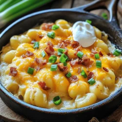 Loaded Baked Potato Gnocchi Rezept Einfach und Lecker 3 Für dieses leckere Gericht benötigst du folgende Zutaten: - 2 Tassen Kartoffelgnocchi (entweder gekauft oder selbstgemacht) - 2 große Russet-Kartoffeln - 1/2 Tasse saure Sahne - 1 Tasse geriebener scharfer Cheddar-Käse - 3 Streifen Bacon, knusprig gebraten und zerbröselt - 1/4 Tasse Frühlingszwiebeln, in Ringe geschnitten - 2 Esslöffel Olivenöl - Salz und Pfeffer nach Geschmack - Optional: 1/4 Tasse geriebener Parmesan zum Bestreuen Such dir frische, qualitativ hochwertige Zutaten aus. Achte auf die Kartoffeln, sie sollten fest und ohne Druckstellen sein. Die Gnocchi kannst du selbst machen oder im Laden kaufen. Frischer Cheddar-Käse bringt mehr Geschmack als verpackter. Wähle scharfen Cheddar für mehr Würze. Achte darauf, dass der Bacon knusprig ist, das macht den Unterschied. Frühlingszwiebeln geben einen frischen Kick, also wähle sie mit kräftigen Farben. Du kannst das Rezept einfach anpassen. Für eine vegetarische Version lasse den Bacon weg und füge mehr Gemüse hinzu. Zucchini oder Paprika passen gut. Wenn du einen milderen Geschmack magst, nimm milden Cheddar. Du kannst auch verschiedene Käsesorten ausprobieren, wie Gouda oder Mozzarella. Für einen extra Kick, füge etwas Knoblauch oder Paprikapulver hinzu. Zuerst wasche die Russet-Kartoffeln gut. Steche dann mit einer Gabel ein paar Löcher hinein. Lege sie auf ein Backblech und röste sie im Ofen bei 200°C für 45-60 Minuten. Die Kartoffeln sind fertig, wenn sie weich sind. Lass sie danach kurz abkühlen. In der Zwischenzeit bring einen großen Topf mit gesalzenem Wasser zum Kochen. Füge die Kartoffelgnocchi hinzu und koche sie für 2-3 Minuten. Wenn sie an die Oberfläche steigen, sind sie bereit. Gieße sie ab und stelle sie beiseite. Wenn die Kartoffeln abgekühlt sind, entferne die Schale. Zerdrücke die Kartoffeln in einer Schüssel, bis sie glatt sind. In einer großen Schüssel mische die zerdrückten Kartoffeln mit der sauren Sahne, der Hälfte des Cheddar-Käses und einer Prise Salz und Pfeffer. Rühre die Mischung gut durch, bis sie schön cremig ist. Füge dann vorsichtig die gekochten Gnocchi hinzu. Mische sie sanft, damit sie gut umhüllt sind. Erhitze in einer großen ofenfesten Pfanne das Olivenöl bei mittlerer Hitze. Gib die Gnocchi-Mischung in die Pfanne und verteile sie gleichmäßig. Bestreue die Mischung mit dem restlichen Cheddar-Käse, dem zerbröselten Bacon und optional mit Parmesan. Reduziere die Hitze auf niedrig und lasse die Mischung etwa 5-7 Minuten garen, bis der Boden goldbraun ist. Übertrage die Pfanne dann in den Ofen und backe sie für 10-15 Minuten, bis der Käse sprudelnd und goldbraun ist. Lass die Pfanne einige Minuten abkühlen. Garniere das Gericht mit geschnittenen Frühlingszwiebeln und serviere es direkt aus der Pfanne. Für die vollständige Anleitung und weitere Tipps, schau dir das Full Recipe an! Ein häufiger Fehler ist, die Gnocchi zu lange zu kochen. Sie sollten nur 2-3 Minuten im Wasser bleiben. Wenn sie zu lange kochen, werden sie matschig. Ein weiterer Fehler ist, die Kartoffeln nicht gut zu rösten. Rösten bringt den Geschmack hervor. Achten Sie darauf, die Kartoffeln mit einer Gabel einzustechen, damit sie gleichmäßig garen. Die Konsistenz ist entscheidend. Verwenden Sie nur die besten Kartoffeln, wie Russet. Sie haben viel Stärke, was die Gnocchi leicht macht. Zerdrücken Sie die Kartoffeln gut, bis keine Klumpen mehr vorhanden sind. Wenn die Mischung zu feucht ist, fügen Sie etwas mehr Mehl hinzu. Achten Sie darauf, dass die Gnocchi beim Kochen an die Oberfläche steigen. Das zeigt, dass sie fertig sind. Die Wahl des Käses ist wichtig. Verwenden Sie scharfen Cheddar für den besten Geschmack. Kombinieren Sie ihn mit Parmesan für mehr Tiefe. Diese Mischung schmilzt gut und gibt eine tolle Textur. Sie können auch experimentieren und andere Sorten probieren. Mozzarella oder Gouda könnten interessante Alternativen sein. Denken Sie daran, die Käseschichten gleichmäßig zu verteilen. So schmilzt alles schön gleichmäßig. {{image_4}} Für Loaded Baked Potato Gnocchi kann man viele Käsesorten verwenden. Du kannst Cheddar, Gouda oder Mozzarella ausprobieren. Jeder Käse bringt einen eigenen Geschmack. Cheddar gibt dir ein scharfes Aroma, während Mozzarella für eine zarte Cremigkeit sorgt. Mische verschiedene Käsesorten, um neue Geschmäcker zu entdecken. Das macht das Gericht noch interessanter. Wenn du eine vegetarische Version magst, lasse den Bacon weg. Du kannst stattdessen geröstete Pilze oder Spinat nutzen. Diese Zutaten bieten dir eine tolle Textur. Füge auch mehr Gemüse hinzu, wie Paprika oder Zucchini. So wird das Gericht bunt und gesund. Du kannst auch pflanzliche Käsesorten verwenden, um den gleichen Käsegeschmack zu bekommen. Gewürze bringen Leben in dein Gericht. Füge Knoblauchpulver oder Zwiebelpulver hinzu, um mehr Geschmack zu erhalten. Auch frische Kräuter wie Schnittlauch oder Petersilie passen gut. Möchtest du es schärfer? Dann probiere rote Peperflocken. Diese kleinen Änderungen machen viel aus. Sei kreativ und finde deine eigene Mischung! Um übrig gebliebene Gnocchi richtig zu lagern, sollten Sie sie zuerst abkühlen lassen. Legen Sie die Gnocchi in einen luftdichten Behälter. Fügen Sie ein wenig Olivenöl hinzu, um ein Ankleben zu verhindern. Schließen Sie den Behälter gut. Sie können die Gnocchi bis zu drei Tage im Kühlschrank aufbewahren. Wenn Sie die Gnocchi aufwärmen möchten, gibt es einige gute Methoden. Eine schnelle Option ist die Mikrowelle. Legen Sie die Gnocchi in eine Schüssel und decken Sie sie mit einem feuchten Papiertuch ab. Erwärmen Sie sie in 30-Sekunden-Intervallen. Eine andere Methode ist das Erhitzen in einer Pfanne. Geben Sie etwas Olivenöl in die Pfanne und fügen Sie die Gnocchi hinzu. Erhitzen Sie sie bei mittlerer Hitze, bis sie warm sind und leicht bräunen. Für die Langzeitlagerung können Sie die Gnocchi einfrieren. Legen Sie die gekochten Gnocchi auf ein Backblech und frieren Sie sie ein, bis sie fest sind. Danach können Sie sie in einen Gefrierbeutel umfüllen. So bleiben sie bis zu drei Monate frisch. Wenn Sie sie verwenden möchten, nehmen Sie die Gnocchi direkt aus dem Gefrierfach und kochen Sie sie in kochendem Wasser, ohne sie vorher aufzutauen. Gnocchi sind kleine, weiche Teigklöße. Sie bestehen meist aus Kartoffeln, Mehl und Eiern. Der Teig ist einfach zu machen und hat eine zarte Textur. Gnocchi können gekocht, gebraten oder gebacken werden. Sie sind eine tolle Basis für viele Gerichte. In unserem Rezept für Loaded Baked Potato Gnocchi nutzen wir gekochte Kartoffeln für extra Geschmack. Ja, du kannst Gnocchi im Voraus machen. Bereite sie einfach vor und koche sie dann. Du kannst sie auch roh einfrieren. Lege die Gnocchi auf ein Backblech und friere sie ein. Sobald sie gefroren sind, kannst du sie in einen Beutel umfüllen. Wenn du bereit bist, sie zu kochen, brauchst du sie nur in kochendes Wasser zu geben. So sparst du Zeit, wenn du dein Gericht zubereitest. Um glutenfreie Gnocchi zu machen, verwende glutenfreies Mehl. Viele Marken bieten eine Mischung an. Du kannst auch Kartoffelstärke oder Reismehl verwenden. Diese Optionen geben dir eine ähnliche Textur wie die traditionellen Gnocchi. Achte darauf, die anderen Zutaten glutenfrei zu wählen. So bleiben alle Aspekte deines Gerichts glutenfrei und lecker. Die Zutaten und die Zubereitung von Loaded Baked Potato Gnocchi sind einfach und vielseitig. Habe die besten Zutaten gewählt und die Schritte genau befolgt, um leckere Gnocchi zu machen. Mit meinen Tipps vermiedest du Fehler und erhältst die perfekte Konsistenz. Optional kannst du auch Variationen probieren und die Gnocchi anpassen. Achte auf die Lagerung, um die Frische zu bewahren. Diese Gnocchi sind nicht nur ein Genuss, sondern auch für viele Gelegenheiten geeignet. Viel Spaß beim Ausprobieren und Genießen!
