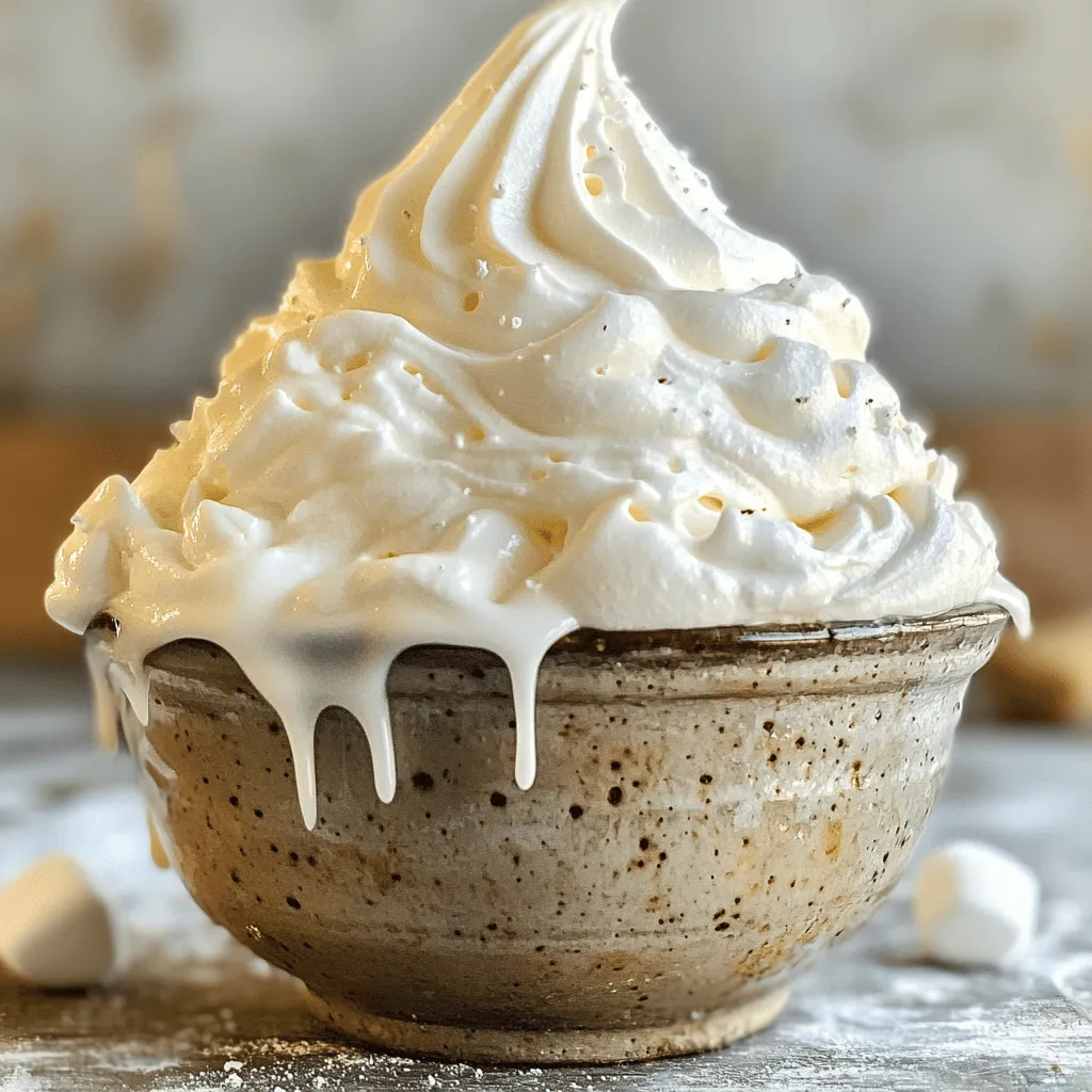 Um das 7-Minuten Marshmallow Frosting zu machen, brauchst du einige einfache Zutaten. Diese Zutaten sind leicht zu finden und machen das Frosting lecker und süß. Hier ist die Liste der benötigten Zutaten: - 2 große Eiweiße - 1 Tasse Kristallzucker - 1/4 Tasse Wasser - 1/4 Teelöffel Weinstein - 1 Teelöffel Vanilleextrakt - Eine Prise Salz Jede Zutat hat eine spezielle Rolle. Die Eiweiße machen das Frosting leicht und luftig. Der Kristallzucker sorgt für die Süße und Stabilität. Wasser hilft, die Mischung geschmeidig zu halten. Weinstein stabilisiert das Eiweiß, damit es beim Schlagen nicht zusammenfällt. Vanilleextrakt gibt dem Frosting ein tolles Aroma. Das Salz hebt die Süße hervor und macht den Geschmack besser. Wenn du die Zutaten bereit hast, bist du bereit, das Frosting zu machen. Du wirst sehen, wie schnell und einfach es geht. Das Frosting passt perfekt zu Kuchen, Cupcakes oder Keksen. Du kannst das Frosting auch für andere Desserts verwenden. Probiere es aus, und du wirst begeistert sein! Für das vollständige Rezept schaue dir die Full Recipe an. Zuerst bereiten Sie Ihr Wasserbad vor. Nehmen Sie einen großen Topf und füllen Sie ihn mit einigen Zentimetern Wasser. Bringen Sie das Wasser zum Simmern. Nehmen Sie eine hitzebeständige Schüssel und stellen Sie sie auf den Topf. Achten Sie darauf, dass die Schüssel das Wasser nicht berührt. Diese Methode sorgt für eine sanfte Hitze, die für das Eiweiß wichtig ist. Jetzt kombinieren Sie die Zutaten in der Schüssel. Geben Sie zwei große Eiweiße, eine Tasse Kristallzucker, ein Viertel Tasse Wasser, einen viertel Teelöffel Weinstein und eine Prise Salz hinein. Rühren Sie die Mischung gut um. Lassen Sie sie dann über dem simmenden Wasser erhitzen. Schlagen Sie die Mischung ständig, bis der Zucker sich auflöst und die Mischung warm wird. Dies dauert etwa drei bis vier Minuten. Nehmen Sie die Schüssel vom Herd, wenn die Mischung warm ist. Jetzt kommt der spannende Teil! Verwenden Sie einen elektrischen Mixer und schlagen Sie die Mischung auf mittlerer bis hoher Stufe. Mischen Sie, bis feste Spitzen entstehen, was weitere drei bis vier Minuten dauert. Die Glasur sollte glänzend und stabil sein. Fügen Sie zuletzt einen Teelöffel Vanilleextrakt hinzu und mixen Sie alles gut durch. Sie haben jetzt das perfekte 7-Minuten Marshmallow-Frosting! Verwenden Sie es sofort für Ihre Lieblingsleckereien. Weitere Details finden Sie im Full Recipe. Um die perfekte Konsistenz für dein 7-Minuten Marshmallow Frosting zu erreichen, ist die Temperatur wichtig. Das Eiweiß sollte Raumtemperatur haben. Das hilft, eine fluffige und stabile Struktur zu bekommen. Schlage die Mischung, bis sie steif ist. Die Spitzen sollten fest stehen, wenn du deinen Mixer herausnimmst. Wenn das Frosting glänzt, hast du die richtige Textur. Ein häufiger Fehler ist, die Mischung nicht lange genug zu schlagen. Das führt zu einer wässrigen Konsistenz. Lass dir Zeit beim Schlagen. Ein anderer Fehler ist, die Temperatur nicht zu kontrollieren. Wenn das Wasser im Wasserbad zu heiß ist, kann das Eiweiß zu schnell kochen. Achte darauf, dass das Wasser nur simmert. Das sorgt für gleichmäßiges Erhitzen. Für das beste Ergebnis benutze einen elektrischen Mixer. Ein Handmixer ist perfekt, um Luft in die Mischung zu bringen. Wenn du einen Standmixer hast, kannst du auch diesen verwenden. Achte darauf, dass deine Schüssel und Rührbesen sauber sind. Reste von Fett oder Öl können die Konsistenz negativ beeinflussen. Verwende am besten eine hitzebeständige Schüssel aus Edelstahl. Diese leitet die Wärme gut und sorgt für gleichmäßiges Schlagen. Um die genauen Schritte und Zutaten zu sehen, schau dir das Full Recipe an. {{image_4}} Sie können den Geschmack Ihres Frostings anpassen. Fügen Sie einfach Aromen hinzu. Einige gute Optionen sind: - Mandelextrakt - Zimt - Kakaopulver für Schokoladengeschmack Ein paar Tropfen reichen aus. Mischen Sie sie am Ende, bevor Sie das Frosting verwenden. So bekommen Sie einen neuen Geschmack, der gut zu vielen Desserts passt. Um Ihr Frosting festlicher zu gestalten, können Sie Farben hinzufügen. Verwenden Sie lebensmittelechte Farbstoffe. Ein paar Tropfen reichen oft aus. Mischen Sie die Farbe gut ein. So wird das Frosting lebendig und ansprechend. Ideal für Partys oder Feiertage! Haben Sie Allergien? Es gibt Alternativen, die Sie verwenden können. Zum Beispiel können Sie Aquafaba statt Eiweiß verwenden. Aquafaba ist das Wasser von Kichererbsen. Es funktioniert ähnlich wie Eiweiß. Für veganes Frosting ist das eine super Option. Wenn Sie Zucker vermeiden möchten, versuchen Sie Erythrit oder Stevia. Diese Ersatzstoffe helfen, das Frosting süß zu halten. Wenn Sie etwas Frosting übrig haben, ist die Lagerung wichtig. Sie können das Frosting in einem luftdichten Behälter aufbewahren. Decken Sie die Oberfläche mit Frischhaltefolie ab, um die Bildung von einer trockenen Kruste zu vermeiden. Stellen Sie den Behälter an einem kühlen Ort oder in den Kühlschrank. So bleibt es frisch und lecker. Das 7-Minuten Marshmallow-Frosting hält sich etwa 2 bis 3 Tage im Kühlschrank. Nach dieser Zeit kann die Textur leiden. Es wird am besten frisch verwendet, aber Sie können es auch nach ein paar Tagen genießen. Achten Sie darauf, es vor dem Gebrauch gut zu vermengen, um die gewünschte Konsistenz zu erreichen. Wenn Sie das Frosting wieder verwenden möchten, nehmen Sie es aus dem Kühlschrank. Lassen Sie es zuerst auf Raumtemperatur kommen. Dann schlagen Sie es mit einem Mixer für einige Minuten auf. Das bringt es zurück zu seiner schönen, luftigen Textur. Wenn das Frosting zu fest ist, fügen Sie ein wenig Wasser oder Milch hinzu. So bleibt es geschmeidig und leicht verarbeitbar. Das 7-Minuten Marshmallow-Frosting hält sich bei Raumtemperatur bis zu zwei Stunden. Danach kann es anfangen, weich zu werden. Ich empfehle, es frisch zu verwenden. Wenn Sie Reste haben, lagern Sie sie in einem luftdichten Behälter. So bleibt es etwas länger frisch. Ja, Sie können das Frosting im Voraus machen. Ich rate jedoch, es nicht mehr als einen Tag vorher zuzubereiten. Lagern Sie es in einem luftdichten Behälter. Achten Sie darauf, es vor der Verwendung leicht aufzuschlagen. So bekommt es wieder seine fluffige Textur. Wenn Ihr Frosting nicht fest wird, kann das mehrere Gründe haben. Möglicherweise haben Sie nicht lange genug geschlagen. Versuchen Sie, es weiter zu schlagen, bis es feste Spitzen bildet. Wenn das nicht hilft, könnte zu viel Feuchtigkeit in der Mischung sein. In diesem Fall fügen Sie etwas mehr Zucker hinzu. Das hilft, die Konsistenz zu verbessern. Zusammenfassend haben wir die Zutaten, die Zubereitung und viele Tipps zum perfekten Frosting besprochen. Du kannst auch tolle Variationen ausprobieren und dein Frosting einfach aufbewahren. Achte darauf, häufige Fehler zu vermeiden, um die beste Konsistenz zu erreichen. Mit diesen Tipps wirst du schnell sicherstellen, dass dein Frosting nicht nur gut aussieht, sondern auch gut schmeckt. Viel Spaß beim Ausprobieren und Genießen in deiner nächsten Backrunde!