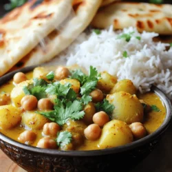 Für ein leckeres Kichererbsen- und Kartoffel-Curry brauchst du einige einfache und gesunde Zutaten. Hier ist eine Liste: - 1 Dose (425 g) Kichererbsen, abgetropft und abgespült - 2 große Kartoffeln, gewürfelt - 1 mittelgroße Zwiebel, fein gehackt - 2 Knoblauchzehen, minced - 2,5 cm Stück Ingwer, gerieben - 1 Dose (400 ml) Kokosmilch Diese Zutaten bilden die Basis für dein Curry. Die Kichererbsen geben dir Protein, während die Kartoffeln für eine gute Textur sorgen. Um dein Curry richtig würzig zu machen, benötigst du verschiedene Gewürze. Hier sind sie: - 2 Esslöffel Currypulver - 1 Teelöffel Kurkumapulver - 1 Teelöffel Kümmelsamen - 1 Teelöffel Garam Masala - 2 Esslöffel Pflanzenöl - Salz nach Geschmack Diese Gewürze bringen die Aromen zusammen. Kümmelsamen helfen, das Gericht zu aromatisieren. Du kannst dein Curry noch interessanter machen. Hier sind einige optionale Zutaten: - Frischer Koriander, gehackt (zum Garnieren) - Optional: 1 Tasse Spinat Der frische Koriander bringt Farbe und Geschmack. Spinat fügt Nährstoffe hinzu und macht das Gericht noch grüner. Für das vollständige Rezept kannst du die Zubereitungsschritte hier nachlesen: [Full Recipe]. Zuerst sammeln wir alle Zutaten für das Kichererbsen- und Kartoffel-Curry. Du brauchst: - 1 Dose (425 g) Kichererbsen, abgetropft und abgespült - 2 große Kartoffeln, gewürfelt - 1 mittelgroße Zwiebel, fein gehackt - 2 Knoblauchzehen, minced - 2,5 cm Stück Ingwer, gerieben - 1 Dose (400 ml) Kokosmilch - 2 Esslöffel Currypulver - 1 Teelöffel Kurkumapulver - 1 Teelöffel Kümmelsamen - 1 Teelöffel Garam Masala - 2 Esslöffel Pflanzenöl - Salz nach Geschmack - Frischer Koriander, gehackt (zum Garnieren) - Optional: 1 Tasse Spinat Wasche die Kichererbsen gut. Schneide die Kartoffeln in kleine Würfel. Hacke die Zwiebel, den Knoblauch und reibe den Ingwer. Das macht die Zubereitung einfach und schnell. Jetzt erhitze das Pflanzenöl in einem großen Topf bei mittlerer Hitze. Füge die Kümmelsamen hinzu und brate sie kurz an. Höre genau hin! Wenn sie brutzeln, kommt die Zwiebel, der Knoblauch und der Ingwer dazu. Sautiere alles, bis die Zwiebeln glasig sind. Diese Aromen geben dem Curry Tiefe und Geschmack. Gib jetzt die gewürfelten Kartoffeln in den Topf. Mische alles gut mit den Aromastoffen. Brate die Kartoffeln etwa fünf Minuten an, damit sie die Gewürze aufnehmen. Danach fügst du die Kichererbsen und die Kokosmilch hinzu. Rühre gut um und bringe das Gemisch zum Kochen. Reduziere die Hitze und decke den Topf ab. Lass es 15-20 Minuten köcheln, bis die Kartoffeln weich sind. Wenn du Spinat magst, kannst du ihn in den letzten fünf Minuten hinzufügen. Jetzt ist es Zeit, das Curry zu probieren. Schmecke es mit Salz ab. Nimm den Topf vom Herd und lass das Curry ein paar Minuten ruhen. Serviere es dann in tiefen Schalen. Garniere mit frisch gehacktem Koriander. Für ein tolles Gericht empfehle ich gedämpften Basmatireis oder warmes Naan. Guten Appetit! Um dein Kichererbsen- und Kartoffel-Curry perfekt zuzubereiten, beachte diese Tipps: - Frische Zutaten: Verwende frische Kräuter und Gemüse. Das hebt den Geschmack. - Richtige Hitze: Beginne mit mittlerer Hitze. Zu hohe Hitze kann die Gewürze verbrennen. - Konsistenz: Achte darauf, dass die Kartoffeln weich, aber nicht matschig sind. Sie sollen schön bissfest bleiben. Diese Fehler solltest du vermeiden, um ein geschmackvolles Curry zu erhalten: - Überwürzen: Beginne mit weniger Gewürzen. Du kannst immer mehr hinzufügen. - Zu wenig Flüssigkeit: Achte darauf, genug Kokosmilch zu verwenden. Das sorgt für eine cremige Textur. - Nicht abschmecken: Probiere dein Curry vor dem Servieren. So kannst du den Geschmack anpassen. Eine ansprechende Präsentation macht das Essen noch schöner. Hier sind einige Ideen: - Farbenfrohe Schalen: Serviere das Curry in bunten oder tiefen Schalen. Das sieht toll aus. - Garnierung: Streue frischen Koriander obendrauf. Das macht das Gericht lebendiger. - Beilagen: Ergänze das Curry mit gedämpftem Basmatireis oder warmem Naan. Diese Beilagen runden das Gericht ab. Für detaillierte Informationen und das vollständige Rezept siehe [Full Recipe]. {{image_4}} Um das Kichererbsen- und Kartoffel-Curry vegan zu machen, nutze einfach Pflanzenöl und Kokosmilch. Diese Zutaten sind schon vegan. Du kannst auch Tofu hinzufügen, um mehr Protein zu bieten. Tofu macht das Gericht noch sättigender. Das Curry ist von Natur aus glutenfrei. Alle Gewürze und Zutaten sind sicher. Achte darauf, dass deine Currypulver und Gewürze keine Gluten enthalten. So bleibt dein Gericht für alle glutenempfindlichen Personen genießbar. Du kannst das Curry mit vielen Gemüsesorten anpassen. Möhren, Erbsen oder Blumenkohl passen gut dazu. Füge sie einfach in den Topf, wenn du die Kartoffeln hinzufügst. Das bringt mehr Farbe und Nährstoffe. Probiere auch Süßkartoffeln. Sie geben eine süße Note. Wenn du magst, kannst du auch Spinat hinzufügen. Das macht das Curry noch gesünder. Für die vollständige Rezeptanleitung schaue hier: [Full Recipe]. Du kannst dein Kichererbsen- und Kartoffel-Curry für bis zu fünf Tage im Kühlschrank aufbewahren. Lass das Curry zuerst auf Raumtemperatur abkühlen. Verwende dann einen luftdichten Behälter. So bleibt der Geschmack frisch. Achte darauf, das Curry vor dem Servieren gut umzurühren. Wenn du das Curry länger aufbewahren möchtest, kannst du es einfrieren. Fülle das abgekühlte Curry in gefriergeeignete Behälter oder Beutel. Achte darauf, etwas Platz zu lassen, da sich das Curry beim Gefrieren ausdehnt. Du kannst das Curry bis zu drei Monate im Gefrierschrank lagern. Um das Curry aufzuwärmen, nimm es aus dem Kühlschrank oder Gefrierschrank. Lass es bei Raumtemperatur stehen, wenn es gefroren ist. Erhitze es in einem Topf bei mittlerer Hitze. Rühre das Curry gut um, damit es gleichmäßig warm wird. Du kannst auch etwas Wasser oder Kokosmilch hinzufügen, um die Konsistenz zu verbessern. Serviere das Curry heiß mit frischem Koriander und einer Beilage wie Basmatireis oder Naan. Für das volle Rezept schau dir das [Full Recipe] an. Ja, dieses Curry ist gesund. Kichererbsen sind voller Eiweiß und Ballaststoffe. Kartoffeln liefern wichtige Kohlenhydrate. Kokosmilch enthält gesunde Fette. Die Gewürze haben auch viele Vorteile. Sie fördern die Verdauung und stärken das Immunsystem. Du kannst das Curry gut im Kühlschrank aufbewahren. Es bleibt dort 3 bis 5 Tage frisch. Achte darauf, es in einem luftdichten Behälter zu lagern. Wenn du das Curry länger aufbewahren willst, friere es ein. So bleibt es bis zu 3 Monate genießbar. Zu diesem Curry passen viele Beilagen. Gedämpfter Basmatireis ist eine tolle Wahl. Auch warmes Naanbrot passt perfekt. Du kannst zusätzlich einen frischen Salat oder Joghurt servieren. Diese Beilagen runden das Gericht ab und sorgen für Abwechslung. Ja, du kannst das Rezept einfach anpassen. Füge andere Gemüsesorten hinzu, wie Karotten oder Erbsen. Du kannst auch mehr Gewürze nach deinem Geschmack verwenden. Wenn du es schärfer magst, füge Chili hinzu. Für eine cremigere Konsistenz kannst du mehr Kokosmilch verwenden. Das Rezept bietet viele kreative Möglichkeiten. Für die vollständigen Anweisungen, schau dir das Full Recipe an. Das Kichererbsen- und Kartoffel-Curry ist einfach und lecker. Wir haben die besten Zutaten, Gewürze und Zubereitungsschritte besprochen. Ich habe Tipps gegeben, um häufige Fehler zu vermeiden und die Präsentation zu verbessern. Du kannst das Rezept auch anpassen, um es vegan oder glutenfrei zu machen. Denk daran, die Reste richtig zu lagern, damit du die Aromen wieder genießen kannst. Mit diesen Infos bist du bestens gerüstet, um ein tolles Curry zu kochen. Viel Spaß beim Ausprobieren!