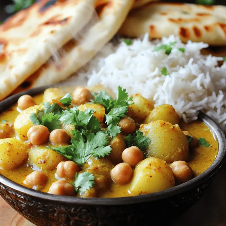 Für ein leckeres Kichererbsen- und Kartoffel-Curry brauchst du einige einfache und gesunde Zutaten. Hier ist eine Liste: - 1 Dose (425 g) Kichererbsen, abgetropft und abgespült - 2 große Kartoffeln, gewürfelt - 1 mittelgroße Zwiebel, fein gehackt - 2 Knoblauchzehen, minced - 2,5 cm Stück Ingwer, gerieben - 1 Dose (400 ml) Kokosmilch Diese Zutaten bilden die Basis für dein Curry. Die Kichererbsen geben dir Protein, während die Kartoffeln für eine gute Textur sorgen. Um dein Curry richtig würzig zu machen, benötigst du verschiedene Gewürze. Hier sind sie: - 2 Esslöffel Currypulver - 1 Teelöffel Kurkumapulver - 1 Teelöffel Kümmelsamen - 1 Teelöffel Garam Masala - 2 Esslöffel Pflanzenöl - Salz nach Geschmack Diese Gewürze bringen die Aromen zusammen. Kümmelsamen helfen, das Gericht zu aromatisieren. Du kannst dein Curry noch interessanter machen. Hier sind einige optionale Zutaten: - Frischer Koriander, gehackt (zum Garnieren) - Optional: 1 Tasse Spinat Der frische Koriander bringt Farbe und Geschmack. Spinat fügt Nährstoffe hinzu und macht das Gericht noch grüner. Für das vollständige Rezept kannst du die Zubereitungsschritte hier nachlesen: [Full Recipe]. Zuerst sammeln wir alle Zutaten für das Kichererbsen- und Kartoffel-Curry. Du brauchst: - 1 Dose (425 g) Kichererbsen, abgetropft und abgespült - 2 große Kartoffeln, gewürfelt - 1 mittelgroße Zwiebel, fein gehackt - 2 Knoblauchzehen, minced - 2,5 cm Stück Ingwer, gerieben - 1 Dose (400 ml) Kokosmilch - 2 Esslöffel Currypulver - 1 Teelöffel Kurkumapulver - 1 Teelöffel Kümmelsamen - 1 Teelöffel Garam Masala - 2 Esslöffel Pflanzenöl - Salz nach Geschmack - Frischer Koriander, gehackt (zum Garnieren) - Optional: 1 Tasse Spinat Wasche die Kichererbsen gut. Schneide die Kartoffeln in kleine Würfel. Hacke die Zwiebel, den Knoblauch und reibe den Ingwer. Das macht die Zubereitung einfach und schnell. Jetzt erhitze das Pflanzenöl in einem großen Topf bei mittlerer Hitze. Füge die Kümmelsamen hinzu und brate sie kurz an. Höre genau hin! Wenn sie brutzeln, kommt die Zwiebel, der Knoblauch und der Ingwer dazu. Sautiere alles, bis die Zwiebeln glasig sind. Diese Aromen geben dem Curry Tiefe und Geschmack. Gib jetzt die gewürfelten Kartoffeln in den Topf. Mische alles gut mit den Aromastoffen. Brate die Kartoffeln etwa fünf Minuten an, damit sie die Gewürze aufnehmen. Danach fügst du die Kichererbsen und die Kokosmilch hinzu. Rühre gut um und bringe das Gemisch zum Kochen. Reduziere die Hitze und decke den Topf ab. Lass es 15-20 Minuten köcheln, bis die Kartoffeln weich sind. Wenn du Spinat magst, kannst du ihn in den letzten fünf Minuten hinzufügen. Jetzt ist es Zeit, das Curry zu probieren. Schmecke es mit Salz ab. Nimm den Topf vom Herd und lass das Curry ein paar Minuten ruhen. Serviere es dann in tiefen Schalen. Garniere mit frisch gehacktem Koriander. Für ein tolles Gericht empfehle ich gedämpften Basmatireis oder warmes Naan. Guten Appetit! Um dein Kichererbsen- und Kartoffel-Curry perfekt zuzubereiten, beachte diese Tipps: - Frische Zutaten: Verwende frische Kräuter und Gemüse. Das hebt den Geschmack. - Richtige Hitze: Beginne mit mittlerer Hitze. Zu hohe Hitze kann die Gewürze verbrennen. - Konsistenz: Achte darauf, dass die Kartoffeln weich, aber nicht matschig sind. Sie sollen schön bissfest bleiben. Diese Fehler solltest du vermeiden, um ein geschmackvolles Curry zu erhalten: - Überwürzen: Beginne mit weniger Gewürzen. Du kannst immer mehr hinzufügen. - Zu wenig Flüssigkeit: Achte darauf, genug Kokosmilch zu verwenden. Das sorgt für eine cremige Textur. - Nicht abschmecken: Probiere dein Curry vor dem Servieren. So kannst du den Geschmack anpassen. Eine ansprechende Präsentation macht das Essen noch schöner. Hier sind einige Ideen: - Farbenfrohe Schalen: Serviere das Curry in bunten oder tiefen Schalen. Das sieht toll aus. - Garnierung: Streue frischen Koriander obendrauf. Das macht das Gericht lebendiger. - Beilagen: Ergänze das Curry mit gedämpftem Basmatireis oder warmem Naan. Diese Beilagen runden das Gericht ab. Für detaillierte Informationen und das vollständige Rezept siehe [Full Recipe]. {{image_4}} Um das Kichererbsen- und Kartoffel-Curry vegan zu machen, nutze einfach Pflanzenöl und Kokosmilch. Diese Zutaten sind schon vegan. Du kannst auch Tofu hinzufügen, um mehr Protein zu bieten. Tofu macht das Gericht noch sättigender. Das Curry ist von Natur aus glutenfrei. Alle Gewürze und Zutaten sind sicher. Achte darauf, dass deine Currypulver und Gewürze keine Gluten enthalten. So bleibt dein Gericht für alle glutenempfindlichen Personen genießbar. Du kannst das Curry mit vielen Gemüsesorten anpassen. Möhren, Erbsen oder Blumenkohl passen gut dazu. Füge sie einfach in den Topf, wenn du die Kartoffeln hinzufügst. Das bringt mehr Farbe und Nährstoffe. Probiere auch Süßkartoffeln. Sie geben eine süße Note. Wenn du magst, kannst du auch Spinat hinzufügen. Das macht das Curry noch gesünder. Für die vollständige Rezeptanleitung schaue hier: [Full Recipe]. Du kannst dein Kichererbsen- und Kartoffel-Curry für bis zu fünf Tage im Kühlschrank aufbewahren. Lass das Curry zuerst auf Raumtemperatur abkühlen. Verwende dann einen luftdichten Behälter. So bleibt der Geschmack frisch. Achte darauf, das Curry vor dem Servieren gut umzurühren. Wenn du das Curry länger aufbewahren möchtest, kannst du es einfrieren. Fülle das abgekühlte Curry in gefriergeeignete Behälter oder Beutel. Achte darauf, etwas Platz zu lassen, da sich das Curry beim Gefrieren ausdehnt. Du kannst das Curry bis zu drei Monate im Gefrierschrank lagern. Um das Curry aufzuwärmen, nimm es aus dem Kühlschrank oder Gefrierschrank. Lass es bei Raumtemperatur stehen, wenn es gefroren ist. Erhitze es in einem Topf bei mittlerer Hitze. Rühre das Curry gut um, damit es gleichmäßig warm wird. Du kannst auch etwas Wasser oder Kokosmilch hinzufügen, um die Konsistenz zu verbessern. Serviere das Curry heiß mit frischem Koriander und einer Beilage wie Basmatireis oder Naan. Für das volle Rezept schau dir das [Full Recipe] an. Ja, dieses Curry ist gesund. Kichererbsen sind voller Eiweiß und Ballaststoffe. Kartoffeln liefern wichtige Kohlenhydrate. Kokosmilch enthält gesunde Fette. Die Gewürze haben auch viele Vorteile. Sie fördern die Verdauung und stärken das Immunsystem. Du kannst das Curry gut im Kühlschrank aufbewahren. Es bleibt dort 3 bis 5 Tage frisch. Achte darauf, es in einem luftdichten Behälter zu lagern. Wenn du das Curry länger aufbewahren willst, friere es ein. So bleibt es bis zu 3 Monate genießbar. Zu diesem Curry passen viele Beilagen. Gedämpfter Basmatireis ist eine tolle Wahl. Auch warmes Naanbrot passt perfekt. Du kannst zusätzlich einen frischen Salat oder Joghurt servieren. Diese Beilagen runden das Gericht ab und sorgen für Abwechslung. Ja, du kannst das Rezept einfach anpassen. Füge andere Gemüsesorten hinzu, wie Karotten oder Erbsen. Du kannst auch mehr Gewürze nach deinem Geschmack verwenden. Wenn du es schärfer magst, füge Chili hinzu. Für eine cremigere Konsistenz kannst du mehr Kokosmilch verwenden. Das Rezept bietet viele kreative Möglichkeiten. Für die vollständigen Anweisungen, schau dir das Full Recipe an. Das Kichererbsen- und Kartoffel-Curry ist einfach und lecker. Wir haben die besten Zutaten, Gewürze und Zubereitungsschritte besprochen. Ich habe Tipps gegeben, um häufige Fehler zu vermeiden und die Präsentation zu verbessern. Du kannst das Rezept auch anpassen, um es vegan oder glutenfrei zu machen. Denk daran, die Reste richtig zu lagern, damit du die Aromen wieder genießen kannst. Mit diesen Infos bist du bestens gerüstet, um ein tolles Curry zu kochen. Viel Spaß beim Ausprobieren!