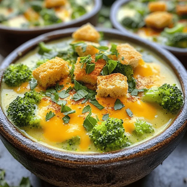 - 4 Tassen frische Broccoli-Röschen - 3 Tassen Gemüsebrühe - 2 Tassen scharfen Cheddar, gerieben Die Hauptzutaten sind wichtig für den Geschmack. Broccoli bringt eine schöne Farbe und Textur. Gemüsebrühe gibt der Suppe Tiefe. Der scharfe Cheddar sorgt für einen kräftigen Käsegeschmack. Diese Zutaten machen die Basis der Suppe. - 1 mittelgroße Zwiebel, gewürfelt - 2 Knoblauchzehen, fein gehackt - 1 Tasse Schlagsahne - 1 Teelöffel Dijon-Senf - 1/2 Teelöffel geräuchertes Paprikapulver Die zusätzlichen Zutaten verleihen der Suppe mehr Aroma. Zwiebel und Knoblauch fördern den Geschmack. Schlagsahne macht die Suppe cremiger. Dijon-Senf und Paprikapulver bringen eine besondere Note. Diese kleinen Änderungen machen viel aus. - Croutons - zusätzlicher Käse - frische Kräuter Toppings machen die Suppe noch besser. Croutons geben einen tollen Crunch. Zusätzlicher Käse macht sie reichhaltiger. Frische Kräuter bringen Farbe und Frische. Diese Optionen machen deine Suppe einzigartig. Du kannst nach deinem Geschmack wählen. Für das vollständige Rezept schau dir die [Full Recipe] an. Um die Suppe gut zu starten, brate zuerst die Zwiebel und den Knoblauch an. Erhitze das Olivenöl in einer Pfanne bei mittlerer Hitze. Gib die gewürfelte Zwiebel hinzu und brate sie etwa 5 Minuten, bis sie weich und durchsichtig wird. Dann füge die gehackten Knoblauchzehen hinzu. Koche sie für 1-2 Minuten, bis sie duften. Diese Schritte bringen viel Geschmack in die Suppe. Nun ist es Zeit, die Broccoli-Röschen vorzubereiten. Wasche sie gründlich und schneide sie in kleine Stücke. Dadurch garen sie gleichmäßig und werden schön zart. Jetzt gib die angebratenen Zwiebeln und den Knoblauch in den Slow Cooker. Füge die Broccoli-Röschen und die Gemüsebrühe hinzu. Rühre alles gut um, damit sich die Zutaten vermischen. Decke den Slow Cooker ab. Du kannst die Suppe auf niedriger Stufe 4-5 Stunden oder auf hoher Stufe 2-3 Stunden kochen. Der Broccoli sollte am Ende zart sein. Sobald der Broccoli gar ist, püriere die Suppe. Du kannst einen Stabmixer verwenden oder die Suppe vorsichtig in einen Standmixer geben. Achte darauf, dass die Flüssigkeit heiß ist. Püriere sie, bis sie schön cremig und glatt ist. Jetzt kommt der beste Teil: Rühre die Schlagsahne, den Dijon-Senf, das geräucherte Paprikapulver und den geriebenen Cheddar unter. Der Käse schmilzt schnell und gibt der Suppe einen tollen Geschmack. Schmecke die Suppe mit Salz und Pfeffer ab. Wenn du eine dickere Konsistenz möchtest, lass die Suppe auf niedriger Stufe für weitere 30 Minuten bis 1 Stunde kochen. Du kannst die Suppe jetzt genießen oder sie schön anrichten. Serviere sie in warmen Schalen und garniere sie mit extra Käse, geräuchertem Paprikapulver und knusprigen Croutons. Um die Konsistenz deiner Suppe zu verbessern, kannst du einige einfache Tricks anwenden. - Dickere Suppe erzielen: Wenn du eine dickere Suppe magst, püriere sie nicht ganz so glatt. Lass einige Broccolistücke übrig. Das gibt mehr Textur. - Anpassen der Kochzeit: Koche die Suppe länger, um sie dicker zu machen. Lass sie auf niedriger Stufe für 30 bis 60 Minuten weiter köcheln. Für einen intensiveren Geschmack sind frische Kräuter eine tolle Wahl. - Verwendung von frischen Kräutern: Petersilie oder Schnittlauch passen gut. Füge sie kurz vor dem Servieren hinzu, um das Aroma zu bewahren. - Alternativen zu Gewürzen: Experimentiere mit Muskatnuss oder Zitronensaft. Diese geben der Suppe mehr Tiefe. Die Präsentation macht viel aus. Achte darauf, wie du die Suppe servierst. - Anrichtungs- und Präsentationstipps: Verwende vorgewärmte Schalen. Garniere die Suppe mit extra Käse, geräuchertem Paprikapulver und knusprigen Croutons. - Kombination mit Beilagen: Eine Scheibe frisches Brot oder einen frischen Salat passen gut dazu. Diese Beilagen runden das Essen ab. Für eine detaillierte Anleitung und alle Schritte, schau dir die Full Recipe an. {{image_4}} Für eine vegane Version der Suppe kannst du pflanzliche Alternativen verwenden. Statt Sahne nimm einfach Kokosmilch oder Hafercreme. Für den Käse gibt es viele vegane Käsesorten. Diese sind oft aus Nüssen oder Soja. Außerdem solltest du Gemüsebrühe anstelle von Hühnerbrühe verwenden. So bleibt alles pflanzlich und lecker! Du kannst die Suppe nach deinem Geschmack verändern. Füge andere Gemüsesorten hinzu, wie Karotten oder Blumenkohl. Diese geben der Suppe mehr Textur und Geschmack. Für eine herzhaftere Note kannst du auch Würstchen oder Schinken verwenden. Diese Zutaten machen die Suppe sättigender und geben ihr einen tollen Geschmack. Verändere die Gewürze, um verschiedene Aromen zu probieren. Frische Kräuter wie Thymian oder Basilikum passen gut dazu. Du kannst auch mit getrockneten Kräutern experimentieren. Achte darauf, die Gewürze je nach Saison anzupassen. Im Sommer sind frische Kräuter besonders aromatisch. Im Winter kannst du geräucherte Paprika oder Chili für mehr Wärme nutzen. Um die Suppe richtig zu lagern, fülle sie in einen luftdichten Behälter. Lass die Suppe zuerst auf Raumtemperatur abkühlen. So bleibt sie frisch. Im Kühlschrank hält sie sich bis zu fünf Tage. Du kannst sie einfach mit einem Löffel herausnehmen, wenn du eine Portion brauchst. Um die Suppe einzufrieren, lass sie zuerst abkühlen. Fülle sie dann in gefriergeeignete Beutel oder Behälter. Achte darauf, etwas Platz zu lassen, da die Suppe sich ausdehnt. Um die Suppe wieder aufzutauen, lege sie über Nacht in den Kühlschrank. Zum Aufwärmen kannst du sie auf dem Herd oder in der Mikrowelle erwärmen. Du kannst die Reste kreativ nutzen. Zum Beispiel, füge gekochte Nudeln hinzu, um eine Mahlzeit zu machen. Du kannst die Suppe auch als Sauce für Pasta verwenden. Ein weiteres Rezept ist, sie als Basis für einen Auflauf zu nutzen. Das gibt dir viele neue Ideen, um die Suppe zu genießen. Die Zubereitung dauert insgesamt etwa 5 Stunden und 15 Minuten. Die Vorbereitungszeit beträgt nur 15 Minuten. Du schneidest die Zwiebel und den Knoblauch und bereitest den Brokkoli vor. Danach kommt alles in den Slow Cooker. Die Kochzeit variiert je nach Einstellung: 4-5 Stunden auf niedriger Stufe oder 2-3 Stunden auf hoher Stufe. Während dieser Zeit entwickelt die Suppe ihren vollen Geschmack. Ja, frischer Brokkoli ist eine großartige Wahl. Er hat einen knackigen Biss und einen frischen Geschmack. Gefrorener Brokkoli kann auch verwendet werden, ist aber oft weicher. Frischer Brokkoli behält beim Kochen mehr Vitamine und Nährstoffe. Wenn du die Wahl hast, greife nach frischem Brokkoli. Um die Suppe schärfer zu machen, kannst du verschiedene Möglichkeiten ausprobieren. Füge mehr scharfen Cheddar hinzu, um den Käsegeschmack zu verstärken. Du kannst auch eine Prise Cayennepfeffer oder rote Pfefferflocken hinzufügen. Wenn du es wirklich scharf magst, probiere frische Jalapeños oder andere Chilis. Beginne mit kleinen Mengen und passe die Schärfe nach deinem Geschmack an. Ja, das Rezept ist glutenfrei, wenn du glutenfreie Brühe verwendest. Achte darauf, dass der Käse und die anderen Zutaten keine Glutenbestandteile enthalten. Viele Käsesorten sind glutenfrei, aber überprüfe die Etiketten. So kannst du sicher sein, dass deine Suppe für alle geeignet ist. Diese Brokkolisuppe ist einfach zuzubereiten und sehr lecker. Sie besteht aus frischem Brokkoli, Gemüsebrühe und scharfem Cheddar. Mit Zwiebeln, Knoblauch und Gewürzen kannst du den Geschmack weiter verbessern. Denk daran, die Konsistenz an deine Wünsche anzupassen. Du kannst sogar vegane Alternativen nutzen oder mit verschiedenen Toppings experimentieren. Egal wie du sie machst, diese Suppe bringt Freude. Nutze die Lagerungstipps, um sie länger frisch zu halten. Viel Spaß beim Kochen und Genießen!
