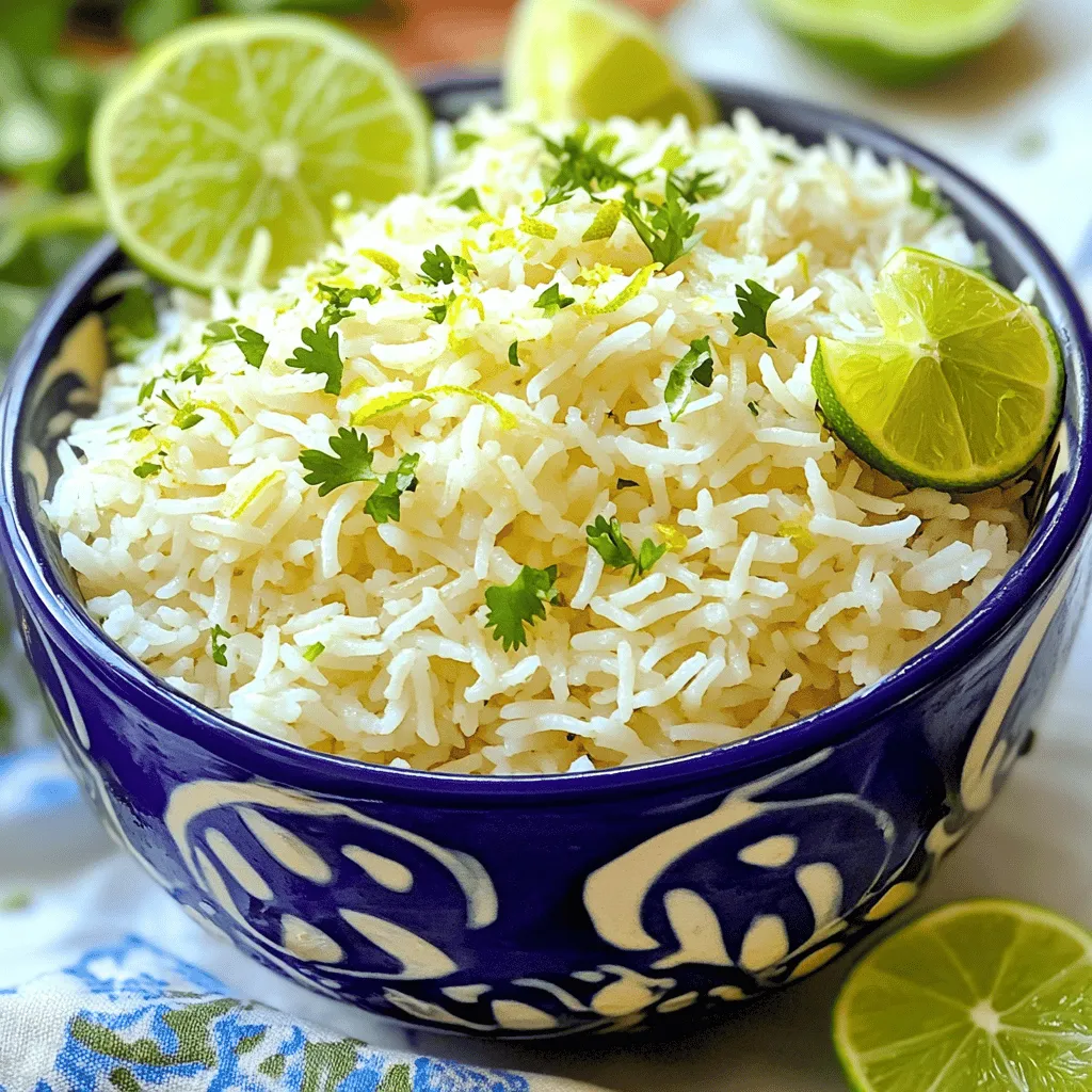 Für diesen köstlichen Kokos-Lime-Reis benötigen wir einige einfache Zutaten. Hier ist eine Liste: - 1 Tasse Jasminreis - 1 Tasse Kokosmilch - 1/2 Tasse Wasser - Schale von 1 Limette - 2 Esslöffel Limettensaft - 1 Esslöffel Zucker (optional) - 1/4 Teelöffel Salz - Frischer Koriander, gehackt (zum Garnieren) - Limettenviertel (zum Servieren) Diese Zutaten schaffen eine perfekte Harmonie von Geschmack und Textur. Der Jasminreis bringt ein leicht süßes Aroma. Die Kokosmilch gibt eine cremige Konsistenz. Limette fügt eine frische Note hinzu. Manchmal möchte ich dem Reis noch mehr Tiefe geben. Hier sind einige optionale Zutaten: - 1/2 Tasse Erbsen oder Mais - 1 kleine Chili, fein gehackt - 1/4 Tasse gehackte Cashewkerne Diese Zutaten verleihen dem Gericht mehr Farbe und Geschmack. Die Erbsen oder der Mais bringen eine süße Note. Chili fügt einen leichten Kick hinzu, während Cashewkerne für Crunch sorgen. Frische Zutaten machen einen großen Unterschied. Hier sind einige Tipps, um die besten Zutaten auszuwählen: - Wählen Sie Jasminreis mit einem klaren, glänzenden Aussehen. - Achten Sie auf Kokosmilch in Dosen, die keine Zusatzstoffe enthält. - Die Limette sollte fest und schwer sein. Ihr Duft ist ein guter Hinweis auf Frische. - Frischer Koriander sollte grün und knackig aussehen. Vermeiden Sie welke Blätter. Mit diesen Tipps stellen Sie sicher, dass Ihr Kokos-Lime-Reis frisch und lecker wird. Wenn Sie die Zutaten richtig auswählen, wird das Gericht noch besser. Diese Anleitung ist ein Teil von meinem [Full Recipe], das Ihnen hilft, diesen Genuss zu kreieren. Zuerst spülen Sie den Jasminreis. Verwenden Sie kaltes Wasser, bis das Wasser klar ist. Dies entfernt überschüssige Stärke. So bleibt der Reis locker und fluffig. Nehmen Sie eine Tasse Reis und legen Sie ihn in ein Sieb. Fügen Sie nach und nach Wasser hinzu, bis es klar ist. Jetzt kommt der spannende Teil! Nehmen Sie einen mittleren Topf. Geben Sie den abgespülten Reis, die Kokosmilch und Wasser hinein. Fügen Sie auch die Limettenschale, den Limettensaft, den Zucker und das Salz hinzu. Rühren Sie alles gut um. Stellen Sie dann den Herd auf mittlere bis hohe Hitze. Bringen Sie die Mischung zum Kochen und rühren Sie gelegentlich um. Sobald es kocht, reduzieren Sie die Hitze auf niedrig. Decken Sie den Topf ab und lassen Sie den Reis 15 bis 18 Minuten köcheln. Vermeiden Sie es, den Deckel anzuheben. Dies hilft dem Reis, gleichmäßig zu garen. Nach der Kochzeit nehmen Sie den Topf vom Herd. Lassen Sie ihn abgedeckt für weitere 5 Minuten ruhen. Jetzt ist der Reis fast fertig! Lockern Sie ihn mit einer Gabel auf. Füllen Sie den Reis in eine Servierschüssel. Garnieren Sie ihn mit frisch gehacktem Koriander. Servieren Sie ihn mit Limettenvierteln für extra Geschmack. Dies macht Ihren Kokos-Lime-Reis frisch und einladend. Für das vollständige Rezept schauen Sie sich den Full Recipe Link an! Um fluffigen Reis zu machen, müssen Sie den Reis zuerst abspülen. Das entfernt die Stärke. Ein guter Tipp ist, das Wasser so lange zu wechseln, bis es klar ist. Dann mischen Sie den Reis mit Kokosmilch und Wasser. Kochen Sie die Mischung auf und rühren Sie gelegentlich. Wenn es kocht, reduzieren Sie die Hitze und decken den Topf ab. Lassen Sie den Reis 15 bis 18 Minuten köcheln. Vermeiden Sie es, den Deckel anzuheben, da dies den Dampf entweichen lässt. Nach dem Kochen lassen Sie den Reis für fünf Minuten ruhen. Dies macht ihn besonders locker. Sie können das Rezept leicht anpassen. Fügen Sie zum Beispiel frisches Gemüse hinzu, um mehr Geschmack zu erhalten. Paprika oder Erbsen sind tolle Optionen. Wenn Sie es süßer mögen, geben Sie mehr Zucker hinzu. Ein Spritzer zusätzlicher Limettensaft gibt dem Gericht einen frischen Kick. Experimentieren Sie mit Gewürzen wie Kreuzkümmel oder Kurkuma für einen neuen Twist. Für eine nussige Note fügen Sie geröstete Kokosflocken hinzu. Ein häufiger Fehler ist, den Reis nicht genug abzuspülen. Zu viel Stärke macht den Reis klebrig. Ein weiterer Fehler ist, den Deckel während des Kochens zu heben. Das lässt den Dampf entwichen und der Reis wird nicht richtig gar. Achten Sie darauf, die Hitze nach dem Kochen zu reduzieren. Zu hohe Hitze kann den Reis anbrennen. Wenn der Reis zu trocken ist, fügen Sie etwas mehr Kokosmilch oder Wasser hinzu. So bleibt er saftig und lecker. {{image_4}} Du kannst Kokos-Lime-Reis leicht aufpeppen. Füge einfach etwas Protein oder Gemüse hinzu. Hühnchen, Garnelen oder Tofu passen gut. Koche das Protein in einer Pfanne und mische es unter den Reis. Für mehr Gemüse kannst du Erbsen, Paprika oder Brokkoli verwenden. Dämpfe das Gemüse kurz und mische es dann unter den Reis. So bekommt dein Gericht mehr Farbe und Nährstoffe. Die Rezeptur ist schon vegan und glutenfrei. Du kannst die Kokosmilch jederzeit durch andere pflanzliche Milch ersetzen. Mandel- oder Sojamilch funktionieren gut. Achte darauf, dass die Milch ungesüßt ist. Das hält den Geschmack frisch. Für Glutenfreiheit achte darauf, dass alle Zutaten, wie der Reis und das Gemüse, glutenfrei sind. Jede Region hat ihre eigene Art, Kokos-Lime-Reis zuzubereiten. In Thailand fügen viele frische Kräuter wie Minze oder Thai-Basilikum hinzu. In der Karibik wird oft ein Hauch von Ananas oder Mango verwendet. Du kannst auch versuchen, die Limettenschale durch Zitrone zu ersetzen. Diese Variationen bringen ein neues Aroma in dein Gericht. Probiere verschiedene Zutaten aus, um deinen eigenen Stil zu finden! Um übrig gebliebenen Reis frisch zu halten, lassen Sie ihn zuerst abkühlen. Füllen Sie den Reis in einen luftdichten Behälter. Stellen Sie sicher, dass der Behälter gut verschlossen ist. So bleibt der Reis feucht und lecker. Lagern Sie den Behälter im Kühlschrank. Dies hilft, das Wachstum von Bakterien zu vermeiden. Es gibt mehrere einfache Methoden, um Reis wieder aufzuwärmen. Eine gute Methode ist die Mikrowelle. Geben Sie den Reis in eine Schüssel. Fügen Sie einen Esslöffel Wasser hinzu. Decken Sie die Schüssel mit einem feuchten Tuch ab. Erhitzen Sie den Reis für etwa zwei Minuten. Überprüfen Sie, ob er heiß genug ist. Sie können auch eine Pfanne verwenden. Geben Sie etwas Öl in die Pfanne und fügen Sie den Reis hinzu. Rühren Sie den Reis bei mittlerer Hitze für fünf Minuten. Im Kühlschrank hält sich der Kokos-Lime-Reis etwa drei bis vier Tage. Wenn Sie ihn länger aufbewahren möchten, können Sie ihn einfrieren. Füllen Sie den Reis in einen gefrierfesten Behälter oder in Gefrierbeutel. Im Gefrierschrank bleibt der Reis bis zu drei Monate frisch. Denken Sie daran, den Reis vor dem Servieren vollständig aufzutauen. Es dauert etwa 35 Minuten, um Kokos-Lime-Reis zuzubereiten. Die Vorbereitungszeit ist 15 Minuten. Das Kochen selbst dauert 15 bis 18 Minuten. Danach lasse ich den Reis für 5 Minuten ruhen. Dies sorgt für einen fluffigen und lockeren Reis. Ja, du kannst den Reis auch ohne Kokosmilch machen. Er wird dann weniger cremig. Stattdessen kannst du einfach mehr Wasser oder Gemüsebrühe verwenden. Das gibt dem Reis einen anderen, aber leckeren Geschmack. Du kannst auch eine pflanzliche Milch wie Mandelmilch ausprobieren. Kokos-Lime-Reis passt gut zu vielen Gerichten. Hier sind einige Ideen: - Gegrilltes Hähnchen oder Fisch - Gemüse-Curry - Garnelen in Knoblauch-Soße - Frische Salate mit Limette - Tropische Frucht-Salate Diese Beilagen ergänzen den Reis perfekt. Sie bringen mehr Geschmack und Farbe auf den Tisch. Kokos-Lime-Paradiesreis ist einfach und lecker. Wir haben die Hauptzutaten, optionale Geschmäcker und Tipps zur Auswahl frischer Zutaten besprochen. Die Schritt-für-Schritt-Anleitung hilft beim perfekten Kochen und Servieren. Wir gaben Tricks für fluffigen Reis und Variationen für jeden Geschmack. Denkt an die Aufbewahrung und Wiedererwärmung! Kochen macht Spaß, und mit unserem Rezept gelingt es leicht! Probiert es aus und genießt jeden Bissen.