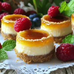 Um köstliche Mini Crème Brûlée Cheesecakes zu machen, benötigst du: - 1 Tasse Graham-Cracker-Brösel - 1/4 Tasse ungesalzene Butter, geschmolzen - 2 Tassen Frischkäse, weich - 1/2 Tasse Zucker - 1 Teelöffel Vanilleextrakt - 1 Tasse Schlagsahne - 2 große Eier - 1/4 Tasse brauner Zucker (zum Karamellisieren) Diese Zutaten bieten die perfekte Basis für einen cremigen und reichhaltigen Geschmack. Der Frischkäse sorgt für die ideale Textur, während die Graham-Cracker die perfekte Kruste bilden. Für die Garnierung empfehle ich frische Beeren oder Minzblätter. Diese Zutaten bringen Farbe und Frische auf deinen Teller. Sie fügen einen süßen und leichten Geschmack hinzu, der gut mit der Cremigkeit des Cheesecakes harmoniert. Wenn du die besten Zutaten wählen möchtest, achte auf die Qualität. Verwende frischen Frischkäse ohne Zusatzstoffe. Achte darauf, dass die Butter ungesalzen ist, damit du den vollen Geschmack der anderen Zutaten genießen kannst. Guter Vanilleextrakt macht einen großen Unterschied. Er sorgt für einen klaren, reichen Geschmack. Die Auswahl der besten Zutaten verbessert nicht nur den Geschmack, sondern auch das Aussehen deiner Mini Crème Brûlée Cheesecakes. So wird jedes Stück zu einem echten Genuss. Für die vollständige Anleitung, schau dir das Full Recipe an. Heizen Sie Ihren Ofen auf 160°C vor. Dies ist wichtig, um die Cheesecakes gleichmäßig zu backen. Nehmen Sie eine Schüssel und vermengen Sie die Graham-Cracker-Brösel mit der geschmolzenen Butter. Rühren Sie, bis die Mischung feucht ist. Diese Mischung wird die Kruste bilden. Drücken Sie etwa 1 Esslöffel der Mischung fest auf den Boden jeder Vertiefung einer Mini-Cheesecake-Form. Stellen Sie sicher, dass die Kruste gleichmäßig ist. In einer großen Schüssel schlagen Sie den weichen Frischkäse mit einem Mixer cremig. Fügen Sie den Zucker nach und nach hinzu. Rühren Sie gut um, bis alles vermischt ist. Geben Sie den Vanilleextrakt dazu und vermischen Sie nochmals. Jetzt ist es Zeit, die Schlagsahne einzurühren. Achten Sie darauf, nicht zu viel zu schlagen. Fügen Sie die Eier einzeln hinzu und mixen Sie sie bei niedriger Geschwindigkeit. Eine glatte Füllung ist der Schlüssel zu einem tollen Cheesecake. Gießen Sie die Cheesecake-Mischung gleichmäßig über die Krusten. Füllen Sie jede Vertiefung fast bis zum Rand. Stellen Sie die Form in den Ofen und backen Sie die Mini-Cheesecakes 20-25 Minuten. Die Ränder sollten fest sein, die Mitte darf jedoch leicht wackeln. Lassen Sie die Cheesecakes 10 Minuten im Ofen abkühlen. Danach nehmen Sie sie heraus und lassen sie bei Zimmertemperatur weitere 30 Minuten stehen. Kühlen Sie sie dann mindestens 4 Stunden im Kühlschrank, besser über Nacht. Dies hilft, den perfekten Geschmack zu entwickeln. Für das Karamellisieren streuen Sie kurz vor dem Servieren braunen Zucker auf die Oberseite. Verwenden Sie einen Küchentorch oder den Grill, um den Zucker goldbraun zu machen. Achten Sie darauf, dass es nicht verbrennt. Garnieren Sie die Cheesecakes mit frischen Beeren oder Minzblättern. Die Kombination wird Ihre Gäste begeistern! Für weitere Details schauen Sie sich das [Full Recipe]. Ein häufiger Fehler ist, den Käse zu übermixen. Dies macht die Cheesecakes zu luftig und sie brechen leicht. Mixen Sie nur, bis alle Zutaten gut verbunden sind. Achten Sie darauf, die Eier einzeln hinzuzufügen. So bleibt die Mischung cremig. Zu viel Zucker auf die Oberseite zu streuen, kann das Karamellisieren erschweren. Eine dünne Schicht ist ideal. Für perfektes Karamellisieren streuen Sie gleichmäßig braunen Zucker auf die Cheesecakes. Verwenden Sie einen Küchentorch, um den Zucker langsam zu schmelzen. Halten Sie den Brenner etwa 10 cm von der Oberfläche entfernt. Bewegen Sie ihn ständig, um ein gleichmäßiges Karamell zu erzielen. Wenn Sie keinen Brenner haben, nutzen Sie den Grill. Stellen Sie die Cheesecakes unter den Grill und beobachten Sie sie genau. Das dauert nur 1-2 Minuten. Mini Crème Brûlée Cheesecakes sind perfekt für viele Anlässe. Servieren Sie sie bei Partys oder Feiern. Sie sind auch ideal für ein romantisches Abendessen. Die kleinen Portionen machen sie leicht zu teilen. Fügen Sie frische Beeren oder Minzblätter hinzu, um das Gericht zu verschönern. Diese Cheesecakes sehen toll aus und schmecken himmlisch. Die Kombination aus Käsekuchen und knusprigem Karamell begeistert jeden Gast. Wer kann da schon widerstehen? {{image_4}} Mini Crème Brûlée Cheesecakes bieten viel Spielraum für kreative Aromen. Du kannst die klassische Vanillebasis ändern. Probiere zum Beispiel: - Zitronen: Füge etwas Zitronenschale und Saft hinzu. - Kaffee: Mische einen Esslöffel Espressopulver in die Füllung. - Schokolade: Ersetze einen Teil des Frischkäses durch geschmolzene Schokolade. Diese Variationen geben jedem Bissen einen besonderen Twist. Für eine glutenfreie Version der Mini Crème Brûlée Cheesecakes kannst du spezielle glutenfreie Kekse verwenden. Diese ersetzen die Graham-Cracker in der Kruste. Achte darauf: - Glutenfreie Kekse: Wähle eine Sorte, die gut zerbröckelt. - Haferflocken: Verwende glutenfreie Haferflocken für die Kruste. So genießt du köstliche Cheesecakes, ohne auf den Geschmack zu verzichten. Wenn du eine vegane Variante möchtest, gibt es tolle Möglichkeiten. Hier sind einige einfache Tricks: - Frischkäse ersetzen: Nutze veganen Frischkäse oder Cashewcreme. - Eier ersetzen: Verwende Leinsamen oder Chia-Samen mit Wasser, um eine ähnliche Konsistenz zu erzielen. - Sahne ersetzen: Nimm Kokoscreme oder eine andere pflanzliche Sahne. Mit diesen Alternativen bleibt der Genuss der Mini Crème Brûlée Cheesecakes erhalten. Du kannst deine eigene Note hinzufügen und die Vielfalt genießen. Es gibt so viele Wege, diese Leckerei zu genießen! Schau dir auch das [Full Recipe] an, um alle Details zu erfahren. Um die Frische Ihrer Mini Crème Brûlée Cheesecakes zu bewahren, lagern Sie sie richtig. Diese kleinen Köstlichkeiten schmecken am besten, wenn sie frisch sind. Lagern Sie die Cheesecakes im Kühlschrank oder frieren Sie sie ein, wenn Sie sie später genießen möchten. Wenn Sie Ihre Mini Cheesecakes im Kühlschrank aufbewahren, legen Sie sie in einen luftdichten Behälter. So bleiben sie frisch und verhindern, dass andere Gerüche eindringen. Sie können die Cheesecakes bis zu fünf Tage im Kühlschrank lagern. Vor dem Servieren lassen Sie sie kurz bei Zimmertemperatur stehen. So entfalten sich die Aromen besser. Das Einfrieren von Mini Cheesecakes ist eine gute Option, wenn Sie sie länger aufbewahren möchten. Wickeln Sie jeden Cheesecake einzeln in Frischhaltefolie. Legen Sie sie dann in einen gefrierfesten Behälter oder einen Gefrierbeutel. So bleiben sie bis zu drei Monate frisch. Um sie aufzutauen, nehmen Sie sie einfach aus dem Gefrierfach und lassen Sie sie über Nacht im Kühlschrank auftauen. So bleiben sie lecker und cremig. Für das vollständige Rezept schauen Sie bitte [Full Recipe]. Mini Crème Brûlée Cheesecakes halten sich gut im Kühlschrank. Sie können sie bis zu fünf Tage aufbewahren. Achten Sie darauf, sie in einem luftdichten Behälter zu lagern. So bleiben sie frisch und lecker. Nach ein paar Tagen kann die Kruste weicher werden, aber der Geschmack bleibt toll. Ich empfehle, sie vor dem Servieren frisch zu karamellisieren. Ja, das können Sie! Die Füllung für die Mini Crème Brûlée Cheesecakes können Sie einen Tag im Voraus zubereiten. Bewahren Sie sie in einem luftdichten Behälter im Kühlschrank auf. So sparen Sie Zeit, wenn Sie die Cheesecakes backen. Denken Sie daran, die Füllung vor dem Einfüllen in die Kruste gut zu rühren. So wird sie schön cremig. Wenn Sie keinen Küchenbrenner haben, ist das kein Problem! Sie können die Mini Cheesecakes auch unter den Grill Ihres Ofens karamellisieren. Streuen Sie eine dünne Schicht braunen Zucker auf die Cheesecake-Oberfläche. Stellen Sie sie dann unter den Grill für etwa 1-2 Minuten. Achten Sie darauf, sie genau zu beobachten. So vermeiden Sie, dass der Zucker verbrennt. Die Mini Crème Brûlée Cheesecakes sind einfach und lecker. Du hast die besten Zutaten gewählt und die Schritte befolgt. Jetzt bist du bereit, die häufigsten Fehler zu vermeiden und das Karamell perfekt zu machen. Du kannst verschiedene Aromen ausprobieren und sogar glutenfreie oder vegane Optionen wählen. Denke daran, die Cheesecakes richtig zu lagern, um ihre Frische zu bewahren. Viel Spaß beim Servieren und Teilen dieser besonderen Leckerei!